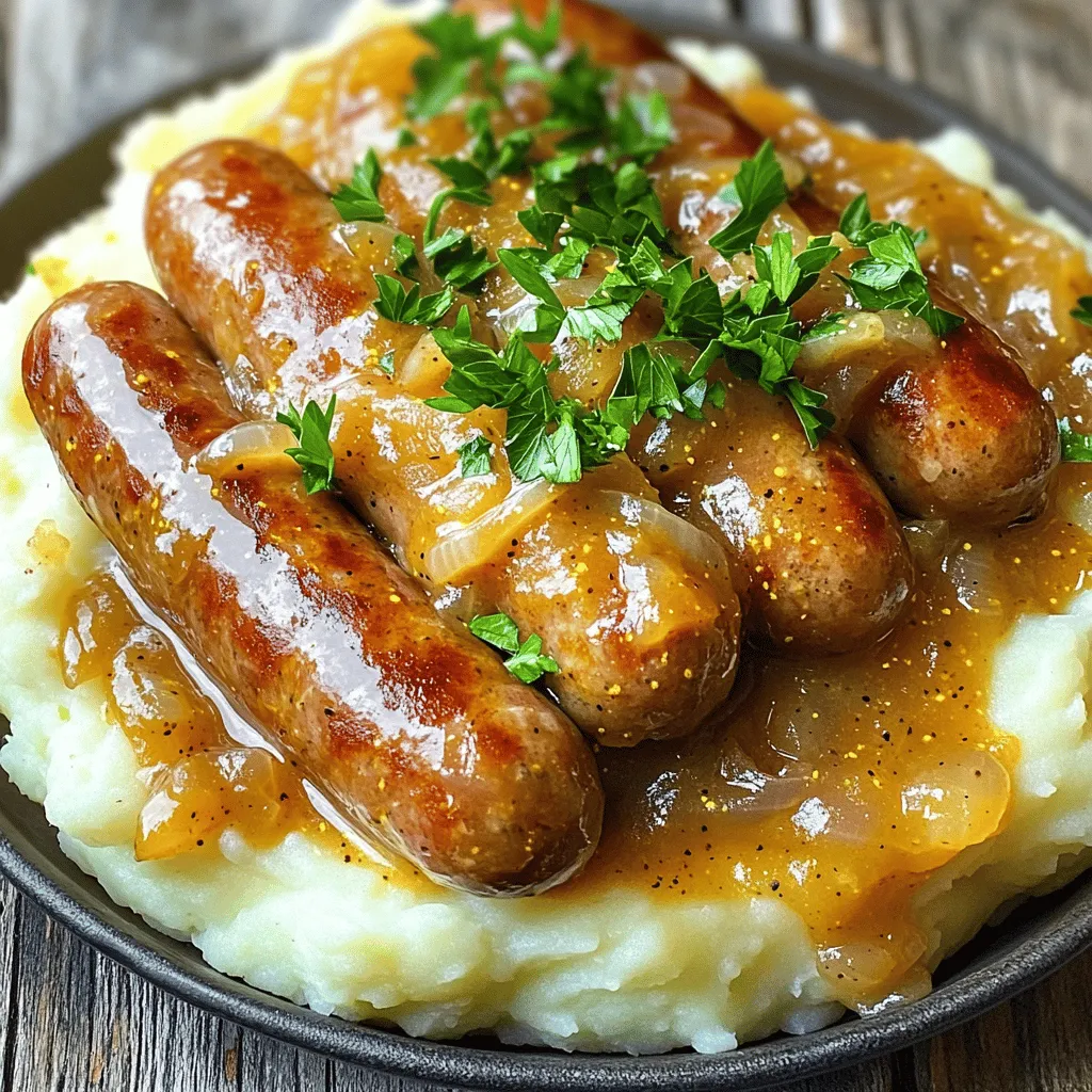 Für ein einfaches Bangers und Mash Rezept sind die Zutaten sehr wichtig. Die Basis sind die Würste und das Kartoffelpüree. Ich empfehle, 6 Würste zu verwenden. Du kannst zwischen Schweine- oder Rinderwürsten wählen. Die beste Wurst für Bangers und Mash ist eine, die gut gewürzt ist. Wenn du die Würste anbrätst, bekommst du einen tollen Geschmack.