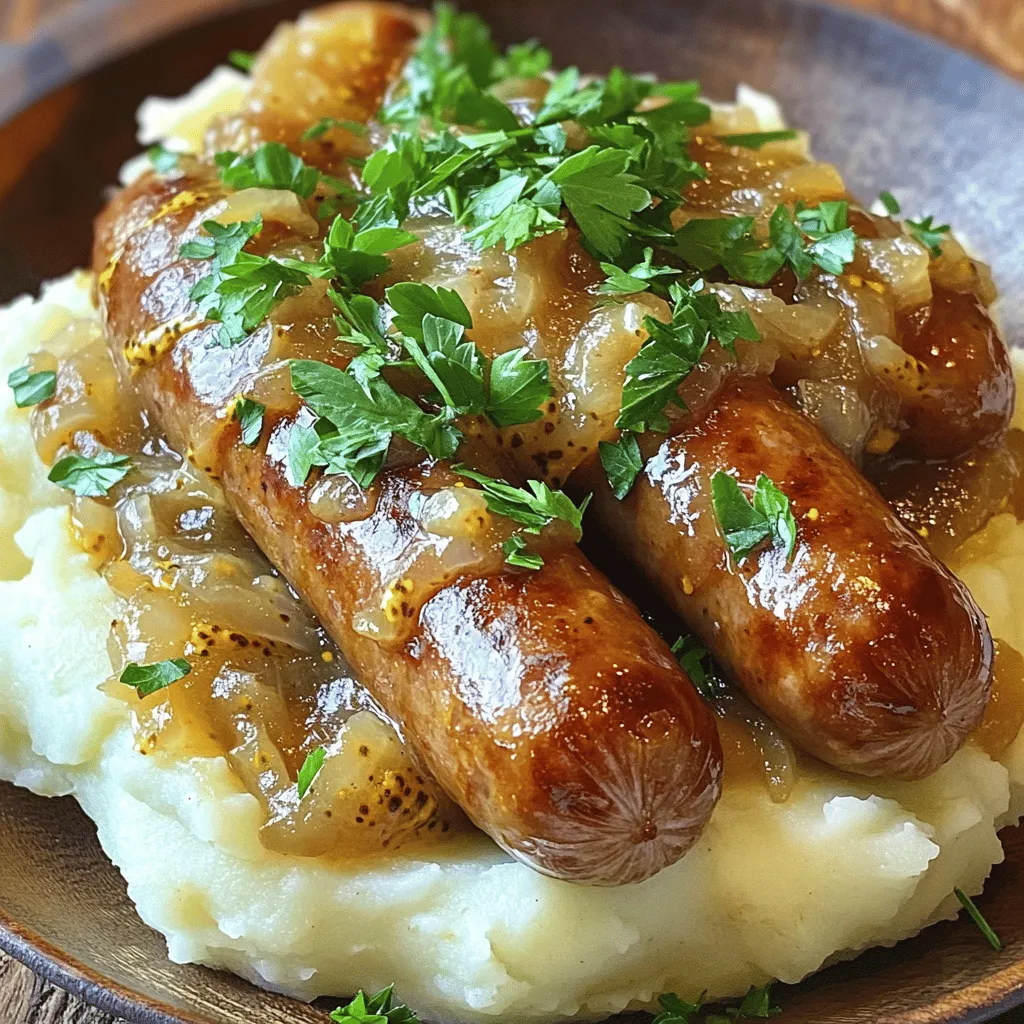 Für ein einfaches Bangers und Mash Rezept sind die Zutaten sehr wichtig. Die Basis sind die Würste und das Kartoffelpüree. Ich empfehle, 6 Würste zu verwenden. Du kannst zwischen Schweine- oder Rinderwürsten wählen. Die beste Wurst für Bangers und Mash ist eine, die gut gewürzt ist. Wenn du die Würste anbrätst, bekommst du einen tollen Geschmack.