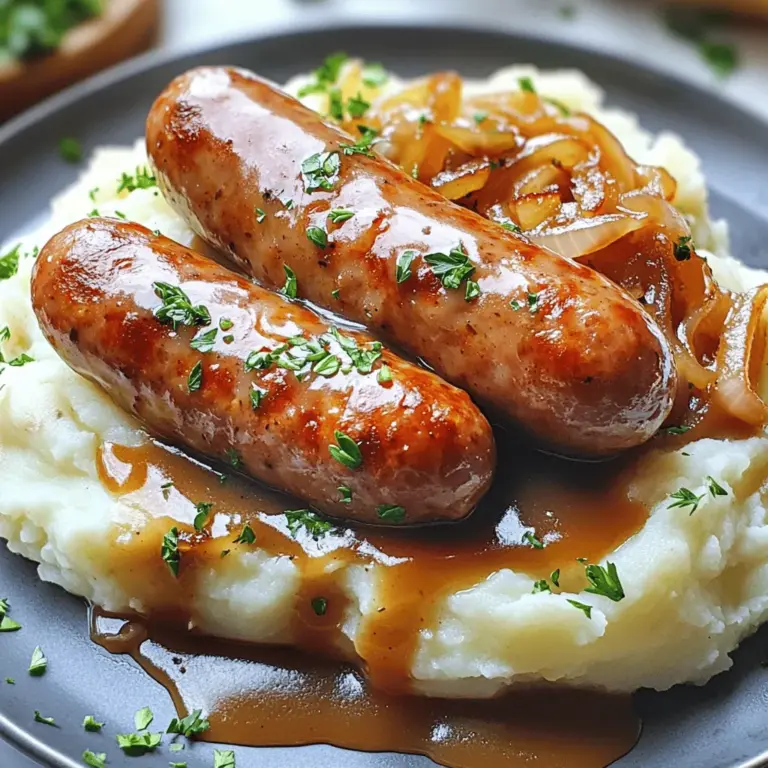Um Bangers and Mash zuzubereiten, brauchst du einige einfache Zutaten. Du benötigst hochwertige Schweinswürste, Yukon Gold Kartoffeln, Vollmilch, Butter, Salz und Pfeffer. Eine kleine Zwiebel und frische Petersilie runden das Gericht ab. Optional kannst du Dijon-Senf und Bratensoße hinzufügen. Diese Zutaten sind für die Zubereitung von Bangers and Mash 10+ ideal.