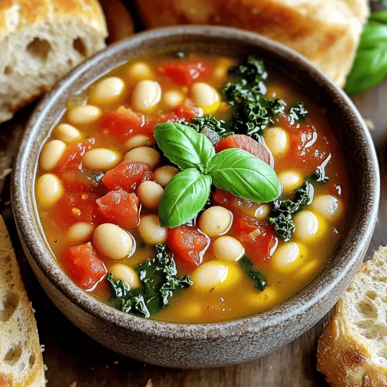Für die Toskanische Weiße Bohnensuppe brauchst du: - 2 Dosen (je 425 g) Cannellini-Bohnen, abgetropft und abgespült - 1 mittelgroße Zwiebel, gewürfelt - 3 Knoblauchzehen, fein gehackt - 2 mittelgroße Karotten, gewürfelt - 2 Selleriestangen, gewürfelt - 1 Liter Gemüsebrühe - 1 Tasse gewürfelte Tomaten (aus der Dose oder frisch) - 1 Teelöffel getrockneter Thymian - 1 Teelöffel getrockneter Oregano - ½ Teelöffel rote Pfefferflocken (optional für Schärfe) - 2 Tassen frischer Grünkohl, grob gehackt - 2 Esslöffel Olivenöl - Salz und Pfeffer nach Geschmack - Frisches Basilikum oder Petersilie zum Garnieren Diese Zutaten bilden die Basis für einen herzhaften und nahrhaften Genuss. Du kannst die Suppe leicht anpassen, um verschiedene Geschmäcker zu treffen. - Ersetze die Cannellini-Bohnen durch Kichererbsen oder schwarze Bohnen. - Für einen rauchigen Geschmack füge geräucherten Paprika hinzu. - Verwende Spinat anstelle von Grünkohl, wenn du etwas Zartes magst. - Füge einen Schuss Zitronensaft hinzu für einen frischen Kick. Diese Alternativen lassen die Suppe schnell neu und spannend wirken. Bevor du mit dem Kochen beginnst, bereite deine Zutaten gut vor: 1. Bohnen abspülen: Spüle die Cannellini-Bohnen in einem Sieb ab. So entfernst du Konservierungsstoffe. 2. Gemüse schneiden: Würfle die Zwiebel, Karotten und Sellerie gleichmäßig. Das sorgt für ein gutes Garen. 3. Knoblauch hacken: Hacke den Knoblauch fein, damit er sein Aroma gut entfalten kann. 4. Kräuter bereitstellen: Halte die getrockneten Kräuter und Gewürze griffbereit. So kannst du schnell arbeiten. Diese Schritte machen den Kochprozess flüssiger und angenehmer. Für die Toskanische Weiße Bohnensuppe beginne ich mit einem großen Topf. Ich erhitze das Olivenöl auf mittlerer Hitze. Dann füge ich die gewürfelte Zwiebel hinzu und lasse sie 3-4 Minuten lang garen, bis sie glasig ist. Jede Zutat hat ihren Platz. Jetzt kommen die gehackten Knoblauchzehen, die gewürfelten Karotten und der Sellerie dazu. Ich koche alles zusammen für weitere 5 Minuten. Das Aroma ist einfach großartig. Die getrockneten Kräuter, wie Thymian und Oregano, gebe ich jetzt dazu. Wenn ich etwas Schärfe mag, kommen rote Pfefferflocken hinzu. Nach etwa einer Minute riecht die Mischung fantastisch. Ich rühre die gewürfelten Tomaten und die abgetropften Cannellini-Bohnen ein. Dann gieße ich die Gemüsebrühe dazu und bringe alles zum Kochen. Wenn die Suppe kocht, senke ich die Hitze. Ich lasse sie 20 Minuten köcheln. Dann gebe ich den frischen Grünkohl in den Topf. Ich lasse die Suppe weitere 5-10 Minuten köcheln, bis der Grünkohl zart ist. Zum Schluss schmecke ich mit Salz und Pfeffer ab. Wenn ich eine sämigere Konsistenz möchte, zerdrücke ich einige Bohnen leicht mit einem Kartoffelstampfer. Die Kochzeit ist wichtig. Ich koche die Suppe genau 20 Minuten nach dem ersten Kochen. So entfalten sich die Aromen gut. Wenn ich den Grünkohl hinzufüge, achte ich darauf, ihn nicht zu lange zu kochen. Sonst wird er matschig. Eine gute Zeit sind 5-10 Minuten. Ich mag eine cremige Suppe. Wenn ich das auch möchte, zerdrücke ich mehr Bohnen. Für eine dickere Konsistenz kann ich auch weniger Brühe verwenden. Manchmal füge ich zusätzlich etwas stärkehaltiges Gemüse hinzu. Besonders gut sind Kartoffeln oder Möhren. Diese machen die Suppe noch sämiger. Die Toskanische Weiße Bohnensuppe ist einfach zuzubereiten. Sie schmeckt gut und wärmt am besten an kalten Tagen. Ich serviere sie oft mit frischem Brot. So wird es eine richtig herzhafte Mahlzeit! Für das vollständige Rezept, schaue dir die Full Recipe an. Ein häufiger Fehler ist das Überkochen der Zwiebeln. Sie sollten nur glasig sein, nicht braun. Achten Sie darauf, die Hitze nicht zu hoch einzustellen. Ein weiterer Fehler ist, die Bohnen nicht gut abzuspülen. Dadurch bleibt die Flüssigkeit aus der Dose, die den Geschmack verändern kann. Spülen Sie die Bohnen gründlich ab, um den besten Geschmack zu erzielen. Um den Geschmack zu verbessern, können Sie frische Kräuter hinzufügen. Basilikum oder Petersilie bringen Frische. Geben Sie sie kurz vor dem Servieren hinzu. Auch das Hinzufügen von Zitronensaft kann die Aromen aufhellen. Ein Spritzer kann Wunder wirken! Wenn Sie es scharf mögen, fügen Sie mehr rote Pfefferflocken hinzu. Servieren Sie die Suppe in rustikalen Schalen. Ein Spritzer Olivenöl obenauf macht sie besonders. Fügen Sie frisches Basilikum oder Petersilie als Garnierung hinzu. Dazu passt knuspriges Brot sehr gut. Es rundet die Mahlzeit ab und sorgt für mehr Textur. Genießen Sie das warme Gericht mit der Familie oder Freunden! {{image_4}} Die Toskanische Weiße Bohnensuppe ist einfach anpassbar. Für eine vegetarische oder vegane Version lasse einfach die Brühe mit Gemüsebrühe ersetzen. Diese Brühe gibt der Suppe einen tollen Geschmack. Achte darauf, dass du auch frisches Gemüse verwendest. Es fügt mehr Textur und Geschmack hinzu. Obwohl Cannellini-Bohnen die Hauptzutat sind, kannst du auch andere Bohnen verwenden. Schwarze Bohnen oder Kichererbsen sind eine gute Wahl. Diese Bohnen haben ebenfalls viel Protein. Sie verändern den Geschmack ein wenig, bleiben aber lecker. Experimentiere mit verschiedenen Sorten, um deinen Favoriten zu finden. Füge mehr Gemüse hinzu, um die Suppe zu bereichern. Zucchini, Paprika oder Süßkartoffeln passen gut. Sie bringen Farbe und Nährstoffe. Auch frische Kräuter wie Rosmarin oder Thymian verleihen einen besonderen Geschmack. Diese können die Aromen noch verstärken. Du kannst je nach Saison und Vorlieben variieren. Wenn du das Rezept ausprobieren möchtest, findest du das Full Recipe für mehr Details. Um die Suppe frisch zu halten, lasse sie zuerst abkühlen. Fülle die Suppe dann in einen luftdichten Behälter. Stelle sicher, dass der Behälter gut verschlossen ist. Lagere die Suppe im Kühlschrank. So bleibt sie bis zu fünf Tage frisch. Um die Suppe aufzuwärmen, gieße sie in einen Topf. Erhitze die Suppe bei mittlerer Hitze. Rühre sie regelmäßig um, damit sie gleichmäßig warm wird. Du kannst auch die Mikrowelle benutzen. Stelle die Suppe in einen mikrowellengeeigneten Behälter und decke ihn ab. Erhitze sie in kurzen Intervallen, bis sie heiß ist. Im Kühlschrank hält die Suppe bis zu fünf Tage. Wenn du mehr Zeit brauchst, friere die Suppe ein. Sie bleibt im Gefrierfach bis zu drei Monate gut. Achte darauf, genug Platz im Behälter zu lassen, damit die Suppe beim Einfrieren nicht überläuft. Um die Suppe später zu genießen, tau sie einfach über Nacht im Kühlschrank auf. Weiße Bohnen sind sehr gesund. Sie sind reich an Ballaststoffen, die die Verdauung fördern. Sie enthalten auch viel Eiweiß, was gut für die Muskeln ist. Zudem sind sie eine gute Quelle für Eisen und Magnesium. Diese Nährstoffe helfen, das Herz gesund zu halten. Außerdem unterstützen sie das Immunsystem und bieten Energie. Ja, du kannst die Suppe leicht vorbereiten und lagern. Koche die Suppe nach dem [Full Recipe]. Lass sie dann abkühlen und fülle sie in luftdichte Behälter. Die Suppe hält sich gut im Kühlschrank für bis zu fünf Tage. Wenn du sie länger lagern möchtest, kannst du sie auch einfrieren. In einem Gefrierbehälter bleibt sie bis zu drei Monate frisch. Um die Suppe weniger scharf zu machen, lasse die roten Pfefferflocken weg. Du kannst auch die Menge an Gewürzen reduzieren. Wenn die Suppe schon gekocht ist, füge etwas mehr Gemüsebrühe oder Wasser hinzu. Das mildert die Schärfe und macht die Suppe sanfter. In diesem Artikel haben wir alle wichtigen Zutaten und deren Vorbereitung besprochen. Ich habe Schritt für Schritt erklärt, wie du die Suppe zubereitest. Zudem gab es Tipps, um häufige Fehler zu vermeiden und geschmackliche Variationen zu erzielen. Du kannst sogar verschiedene Varianten ausprobieren, wie vegetarische Optionen oder die Verwendung anderer Bohnen. Zusammenfassend, eine gut gemachte Suppe bringt Freude und Gesundheit. Probiere es aus und kreiere deine eigene perfekte Variante!