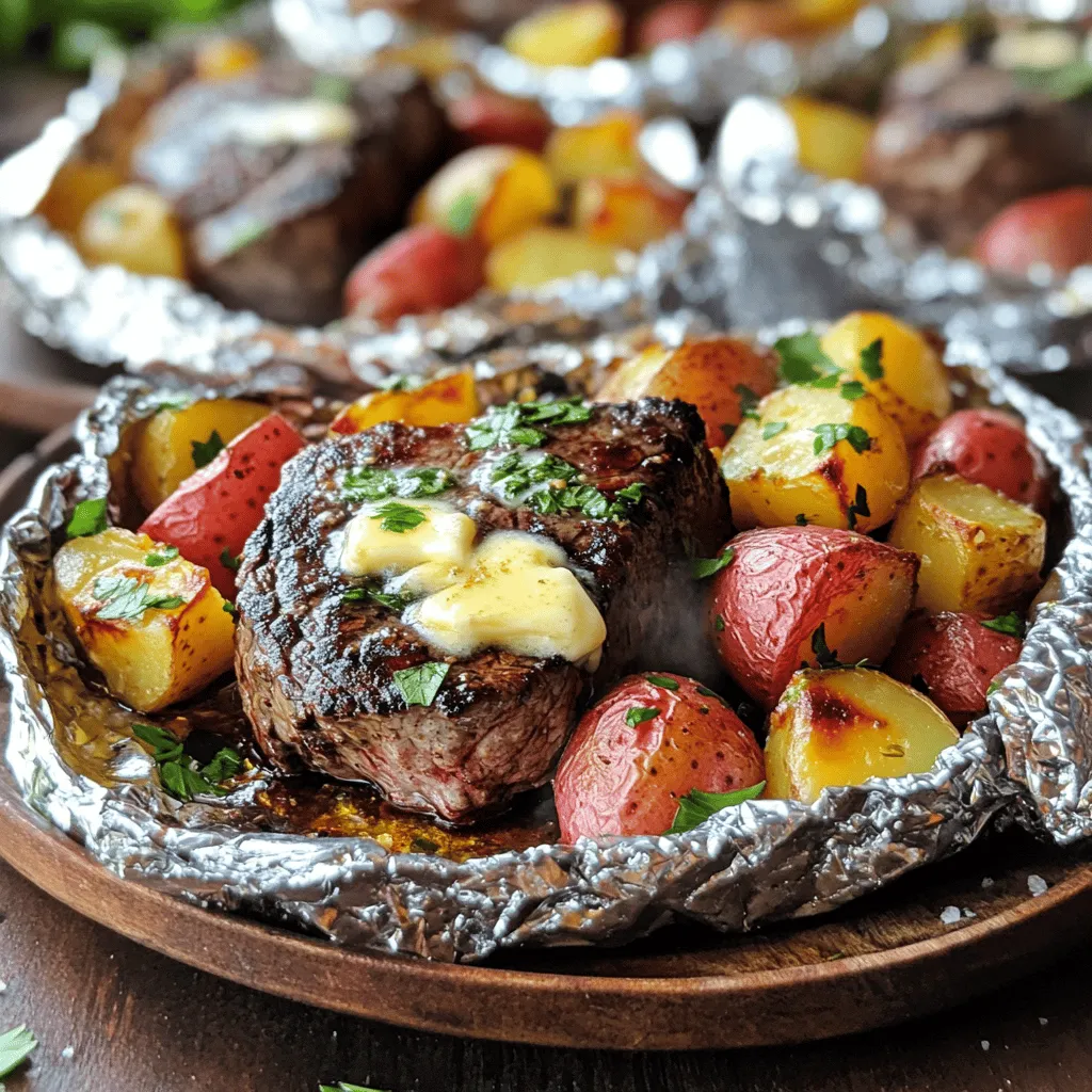 - 2 Ribeye-Steaks (oder Rinderfilet), in mundgerechte Stücke geschnitten - 4 mittelgroße rote Kartoffeln, gewürfelt - 4 Esslöffel ungesalzene Butter, geschmolzen - 6 Knoblauchzehen, fein gehackt Ribeye-Steaks sind saftig und lecker. Sie geben viel Geschmack ab. Rinderfilet ist zart und perfekt für dieses Gericht. Rote Kartoffeln sind ideal, da sie beim Kochen gut halten. - 1 Teelöffel getrockneter Rosmarin - 1 Teelöffel getrockneter Thymian - 1 Teelöffel Paprika - Salz und Pfeffer nach Geschmack - 1 Esslöffel Olivenöl Rosmarin und Thymian geben ein tolles Aroma. Diese Kräuter harmonieren gut mit dem Fleisch. Paprika fügt eine schöne Farbe hinzu und einen leichten Kick. Olivenöl sorgt dafür, dass alles gut zusammenkommt. Für das volle Rezept, schau dir die Anleitung an: [Full Recipe]. Heizen Sie Ihren Grill auf mittelhohe Hitze vor. Wenn Sie den Ofen benutzen, stellen Sie ihn auf 200 °C ein. Diese Schritte sind wichtig, um das Steak und die Kartoffeln gleichmäßig zu garen. Ein gut vorgeheizter Grill oder Ofen sorgt für das beste Ergebnis. In einer großen Schüssel vermengen Sie die gewürfelten Kartoffeln mit den Steakstücken. So verteilen sich die Aromen besser. Beträufeln Sie die Mischung mit Olivenöl. Fügen Sie dann die geschmolzene Butter hinzu. Der Knoblauch, Rosmarin, Thymian, Paprika, Salz und Pfeffer kommen jetzt dazu. Rühren Sie alles gut um, bis jedes Stück gleichmäßig bedeckt ist. Schneiden Sie vier große Stücke Aluminiumfolie zu, etwa 30x30 cm. Diese Größe hilft, die Mischung gut zu halten. Teilen Sie die Steak- und Kartoffelmischung gleichmäßig auf die Folienstücke auf. Achten Sie darauf, dass jede Portion genug Platz hat. Falten Sie die Folie über die Mischung. Schließen Sie die Pakete gut, damit kein Dampf entweicht. Das ist wichtig für den Garprozess. Jetzt sind Sie bereit, die Pakete zu garen. Sie können das vollständige Rezept [hier] finden. - <strong>Wenden der Pakete zur Hälfte der Garzeit</strong>: Es ist wichtig, die Pakete während des Garens zu wenden. Dies hilft, die Hitze gleichmäßig zu verteilen. Wenn du die Pakete nach etwa der Hälfte der Zeit drehst, bekommst du perfekt gegartes Fleisch und zarte Kartoffeln. – <strong>Temperaturkontrolle des Steaks</strong>: Achte darauf, die Temperatur des Steaks zu kontrollieren. Verwende ein Fleischthermometer, wenn du es magst, dass dein Steak medium rare ist. Es sollte etwa 55-57 °C erreichen. Für medium solltest du bis 60-65 °C gehen. So wird es saftig und zart. – <strong>Präsentation auf Tellern</strong>: Serviere die Folienpakete direkt auf Tellern. Lass die Gäste ihre eigenen Pakete öffnen. Das sorgt für Spaß und einen besonderen Moment beim Essen. Die dampfenden Aromen werden alle anziehen und die Vorfreude steigern. – <strong>Beilagen für das Gericht</strong>: Knoblauchbrot passt perfekt dazu. Es hilft, die leckeren Buttersäfte aufzunehmen. Auch ein frischer grüner Salat gibt eine tolle Balance zu dem herzhaften Gericht. Denk auch an gebratenes Gemüse. So hast du eine bunte und nahrhafte Mahlzeit. {{image_4}} Du kannst verschiedene Fleischsorten für dein Gericht verwenden. Ribeye-Steaks sind großartig, aber Rinderfilet ist eine feine Wahl. Wenn du Geflügel magst, probiere Hähnchenbrust oder -schenkel. Sie nehmen den Knoblauch-Butter-Geschmack gut auf. Für eine vegetarische Option sind Portobello-Pilze perfekt. Sie sind fleischig und haben einen tollen Geschmack. Du kannst auch Tofu verwenden, um eine proteinreiche Option zu schaffen. Achte darauf, die Garzeit anzupassen, da Tofu und Pilze schneller garen. Du kannst auch andere Gemüse hinzufügen, um mehr Geschmack und Farbe zu bekommen. Karotten bringen Süße, während Zucchini frisch schmeckt. Diese Gemüse passen gut zu Steak und Kartoffeln. Spinat oder Paprika sind ebenfalls gute Optionen. Du kannst auch deine Gewürzmischungen anpassen. Füge etwas Chili-Pulver für Schärfe hinzu oder verwende italienische Kräuter für einen anderen Geschmack. Experimentiere mit dem, was dir gefällt! Nach dem Essen bleiben oft leckere Reste übrig. Du solltest die Reste sofort kühlen. Lagere sie im Kühlschrank. Verwende luftdichte Behälter. So bleiben Geschmack und Frische erhalten. Du kannst auch die Folienpakete direkt aufbewahren. Stelle sicher, dass die Folie gut verschlossen ist. Das hält die Feuchtigkeit drin. Wenn du die Reste aufwärmen willst, hast du ein paar Optionen. Die Mikrowelle ist schnell. Stelle die Reste in eine mikrowellengeeignete Schüssel. Decke sie mit einem Deckel oder einem feuchten Tuch ab. So bleibt der Dampf drin. Wenn du mehr Geschmack willst, nutze eine Pfanne. Erhitze sie bei mittlerer Hitze. Rühre oft, um gleichmäßig warm zu machen. Du kannst die Reste auch im Ofen aufwärmen. Heize den Ofen auf 180 °C vor. Lege die Reste in eine Auflaufform. Decke sie mit Folie ab, damit sie nicht austrocknen. Erwärme sie für etwa 15 bis 20 Minuten. Prüfe, ob alles gut durchgewärmt ist. So schmecken die Reste fast wie frisch zubereitet. Die Garzeit für die Folienpakete beträgt 20-25 Minuten auf dem Grill. Wenn Sie den Ofen nutzen, dauert es etwa 25-30 Minuten. Wenden Sie die Pakete zur Hälfte der Garzeit. So garen die Zutaten gleichmäßig. Das Steak sollte nach Ihrem Wunsch gar sein. Die Kartoffeln sind fertig, wenn eine Gabel leicht durchgeht. Ja, Sie können das Rezept im Voraus zubereiten. Bereiten Sie die Zutaten vor und packen Sie die Folienpakete. Lagern Sie sie im Kühlschrank, wenn Sie sie nicht sofort kochen. So sind sie bereit, wenn Sie Hunger haben. Achten Sie darauf, die Pakete gut zu verschließen, damit der Geschmack bleibt. Zu Knoblauch-Butter Steak und Kartoffeln passen viele Beilagen. Knuspriges Knoblauchbrot ist eine gute Wahl. Es saugt die leckeren Säfte auf. Auch ein frischer Salat oder gedünstetes Gemüse passt gut. Diese Beilagen bringen Farbe auf den Teller und ergänzen das Hauptgericht. Ja, Sie können eine glutenfreie Variante machen. Achten Sie darauf, glutenfreies Öl und Gewürze zu verwenden. Alle Zutaten in diesem Rezept sind von Natur aus glutenfrei. So können auch Menschen mit Glutenunverträglichkeit das Gericht genießen. Das vollständige Rezept finden Sie unter “Sizzlende Knoblauch-Butter Steak & Kartoffel-Feuerpackungen”. Dort sind alle Schritte und Zutaten klar aufgelistet. So wird das Kochen einfach und schnell. Dieses Rezept für Sizzlende Knoblauch-Butter Steak und Kartoffel-Feuerpackungen ist einfach und lecker. Wir haben die Hauptzutaten wie Ribeye-Steaks, rote Kartoffeln und Gewürze behandelt. Ich habe dir gezeigt, wie du die Folienpakete richtig machst und Tipps zur Zubereitung gegeben. Du kannst das Gericht nach deinem Geschmack anpassen und Reste leicht aufbewahren. Probiere es aus und entdecke, wie einfach es ist, ein köstliches Essen zu zaubern. Viel Spaß beim Grillen oder Backen!” /></p>
</p>
<h2>Variationen</h2>
</p>
<h3>Auswahl der Fleischsorten</h3>
<p>Du kannst verschiedene Fleischsorten für dein Gericht verwenden. Ribeye-Steaks sind großartig, aber Rinderfilet ist eine feine Wahl. Wenn du Geflügel magst, probiere Hähnchenbrust oder -schenkel. Sie nehmen den Knoblauch-Butter-Geschmack gut auf.</p>
</p>
<p>Für eine vegetarische Option sind Portobello-Pilze perfekt. Sie sind fleischig und haben einen tollen Geschmack. Du kannst auch Tofu verwenden, um eine proteinreiche Option zu schaffen. Achte darauf, die Garzeit anzupassen, da Tofu und Pilze schneller garen.</p>
</p>
<h3>Andere Gemüsekombinationen</h3>
<p>Du kannst auch andere Gemüse hinzufügen, um mehr Geschmack und Farbe zu bekommen. Karotten bringen Süße, während Zucchini frisch schmeckt. Diese Gemüse passen gut zu Steak und Kartoffeln.</p>
</p>
<p>Spinat oder Paprika sind ebenfalls gute Optionen. Du kannst auch deine Gewürzmischungen anpassen. Füge etwas Chili-Pulver für Schärfe hinzu oder verwende italienische Kräuter für einen anderen Geschmack. Experimentiere mit dem, was dir gefällt!</p>
</p>
</p>
<h2>Lagerungshinweise</h2>
</p>
<h3>Aufbewahrung von Resten</h3>
<p>Nach dem Essen bleiben oft leckere Reste übrig. Du solltest die Reste sofort kühlen. Lagere sie im Kühlschrank. Verwende luftdichte Behälter. So bleiben Geschmack und Frische erhalten. Du kannst auch die Folienpakete direkt aufbewahren. Stelle sicher, dass die Folie gut verschlossen ist. Das hält die Feuchtigkeit drin.</p>
</p>
<h3>Wiedereinwärm-Optionen</h3>
<p>Wenn du die Reste aufwärmen willst, hast du ein paar Optionen. Die Mikrowelle ist schnell. Stelle die Reste in eine mikrowellengeeignete Schüssel. Decke sie mit einem Deckel oder einem feuchten Tuch ab. So bleibt der Dampf drin. Wenn du mehr Geschmack willst, nutze eine Pfanne. Erhitze sie bei mittlerer Hitze. Rühre oft, um gleichmäßig warm zu machen.</p>
</p>
<p>Du kannst die Reste auch im Ofen aufwärmen. Heize den Ofen auf 180 °C vor. Lege die Reste in eine Auflaufform. Decke sie mit Folie ab, damit sie nicht austrocknen. Erwärme sie für etwa 15 bis 20 Minuten. Prüfe, ob alles gut durchgewärmt ist. So schmecken die Reste fast wie frisch zubereitet.</p>
</p>
<h2>FAQs</h2>
</p>
<h3>Wie lange dauert es, die Folienpakete zu garen?</h3>
<p>Die Garzeit für die Folienpakete beträgt 20-25 Minuten auf dem Grill. Wenn Sie den Ofen nutzen, dauert es etwa 25-30 Minuten. Wenden Sie die Pakete zur Hälfte der Garzeit. So garen die Zutaten gleichmäßig. Das Steak sollte nach Ihrem Wunsch gar sein. Die Kartoffeln sind fertig, wenn eine Gabel leicht durchgeht.</p>
</p>
<h3>Kann ich das Rezept im Voraus zubereiten?</h3>
<p>Ja, Sie können das Rezept im Voraus zubereiten. Bereiten Sie die Zutaten vor und packen Sie die Folienpakete. Lagern Sie sie im Kühlschrank, wenn Sie sie nicht sofort kochen. So sind sie bereit, wenn Sie Hunger haben. Achten Sie darauf, die Pakete gut zu verschließen, damit der Geschmack bleibt.</p>
</p>
<h3>Was kann ich als Beilage servieren?</h3>
<p>Zu Knoblauch-Butter Steak und Kartoffeln passen viele Beilagen. Knuspriges Knoblauchbrot ist eine gute Wahl. Es saugt die leckeren Säfte auf. Auch ein frischer Salat oder gedünstetes Gemüse passt gut. Diese Beilagen bringen Farbe auf den Teller und ergänzen das Hauptgericht.</p>
</p>
<h3>Gibt es eine glutenfreie Variante?</h3>
<p>Ja, Sie können eine glutenfreie Variante machen. Achten Sie darauf, glutenfreies Öl und Gewürze zu verwenden. Alle Zutaten in diesem Rezept sind von Natur aus glutenfrei. So können auch Menschen mit Glutenunverträglichkeit das Gericht genießen.</p>
</p>
<h3>Wo finde ich das vollständige Rezept?</h3>
<p>Das vollständige Rezept finden Sie unter “Sizzlende Knoblauch-Butter Steak & Kartoffel-Feuerpackungen”. Dort sind alle Schritte und Zutaten klar aufgelistet. So wird das Kochen einfach und schnell.</p>
</p>
<p>Dieses Rezept für Sizzlende Knoblauch-Butter Steak und Kartoffel-Feuerpackungen ist einfach und lecker. Wir haben die Hauptzutaten wie Ribeye-Steaks, rote Kartoffeln und Gewürze behandelt. Ich habe dir gezeigt, wie du die Folienpakete richtig machst und Tipps zur Zubereitung gegeben. Du kannst das Gericht nach deinem Geschmack anpassen und Reste leicht aufbewahren. Probiere es aus und entdecke, wie einfach es ist, ein köstliches Essen zu zaubern. Viel Spaß beim Grillen oder Backen!</p>
</div>