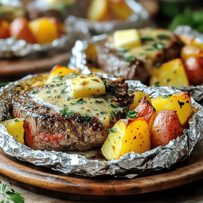 - 2 Ribeye-Steaks (oder Rinderfilet), in mundgerechte Stücke geschnitten - 4 mittelgroße rote Kartoffeln, gewürfelt - 4 Esslöffel ungesalzene Butter, geschmolzen - 6 Knoblauchzehen, fein gehackt Ribeye-Steaks sind saftig und lecker. Sie geben viel Geschmack ab. Rinderfilet ist zart und perfekt für dieses Gericht. Rote Kartoffeln sind ideal, da sie beim Kochen gut halten. - 1 Teelöffel getrockneter Rosmarin - 1 Teelöffel getrockneter Thymian - 1 Teelöffel Paprika - Salz und Pfeffer nach Geschmack - 1 Esslöffel Olivenöl Rosmarin und Thymian geben ein tolles Aroma. Diese Kräuter harmonieren gut mit dem Fleisch. Paprika fügt eine schöne Farbe hinzu und einen leichten Kick. Olivenöl sorgt dafür, dass alles gut zusammenkommt. Für das volle Rezept, schau dir die Anleitung an: [Full Recipe]. Heizen Sie Ihren Grill auf mittelhohe Hitze vor. Wenn Sie den Ofen benutzen, stellen Sie ihn auf 200 °C ein. Diese Schritte sind wichtig, um das Steak und die Kartoffeln gleichmäßig zu garen. Ein gut vorgeheizter Grill oder Ofen sorgt für das beste Ergebnis. In einer großen Schüssel vermengen Sie die gewürfelten Kartoffeln mit den Steakstücken. So verteilen sich die Aromen besser. Beträufeln Sie die Mischung mit Olivenöl. Fügen Sie dann die geschmolzene Butter hinzu. Der Knoblauch, Rosmarin, Thymian, Paprika, Salz und Pfeffer kommen jetzt dazu. Rühren Sie alles gut um, bis jedes Stück gleichmäßig bedeckt ist. Schneiden Sie vier große Stücke Aluminiumfolie zu, etwa 30x30 cm. Diese Größe hilft, die Mischung gut zu halten. Teilen Sie die Steak- und Kartoffelmischung gleichmäßig auf die Folienstücke auf. Achten Sie darauf, dass jede Portion genug Platz hat. Falten Sie die Folie über die Mischung. Schließen Sie die Pakete gut, damit kein Dampf entweicht. Das ist wichtig für den Garprozess. Jetzt sind Sie bereit, die Pakete zu garen. Sie können das vollständige Rezept [hier] finden. - Wenden der Pakete zur Hälfte der Garzeit: Es ist wichtig, die Pakete während des Garens zu wenden. Dies hilft, die Hitze gleichmäßig zu verteilen. Wenn du die Pakete nach etwa der Hälfte der Zeit drehst, bekommst du perfekt gegartes Fleisch und zarte Kartoffeln. - Temperaturkontrolle des Steaks: Achte darauf, die Temperatur des Steaks zu kontrollieren. Verwende ein Fleischthermometer, wenn du es magst, dass dein Steak medium rare ist. Es sollte etwa 55-57 °C erreichen. Für medium solltest du bis 60-65 °C gehen. So wird es saftig und zart. - Präsentation auf Tellern: Serviere die Folienpakete direkt auf Tellern. Lass die Gäste ihre eigenen Pakete öffnen. Das sorgt für Spaß und einen besonderen Moment beim Essen. Die dampfenden Aromen werden alle anziehen und die Vorfreude steigern. - Beilagen für das Gericht: Knoblauchbrot passt perfekt dazu. Es hilft, die leckeren Buttersäfte aufzunehmen. Auch ein frischer grüner Salat gibt eine tolle Balance zu dem herzhaften Gericht. Denk auch an gebratenes Gemüse. So hast du eine bunte und nahrhafte Mahlzeit. {{image_4}} Du kannst verschiedene Fleischsorten für dein Gericht verwenden. Ribeye-Steaks sind großartig, aber Rinderfilet ist eine feine Wahl. Wenn du Geflügel magst, probiere Hähnchenbrust oder -schenkel. Sie nehmen den Knoblauch-Butter-Geschmack gut auf. Für eine vegetarische Option sind Portobello-Pilze perfekt. Sie sind fleischig und haben einen tollen Geschmack. Du kannst auch Tofu verwenden, um eine proteinreiche Option zu schaffen. Achte darauf, die Garzeit anzupassen, da Tofu und Pilze schneller garen. Du kannst auch andere Gemüse hinzufügen, um mehr Geschmack und Farbe zu bekommen. Karotten bringen Süße, während Zucchini frisch schmeckt. Diese Gemüse passen gut zu Steak und Kartoffeln. Spinat oder Paprika sind ebenfalls gute Optionen. Du kannst auch deine Gewürzmischungen anpassen. Füge etwas Chili-Pulver für Schärfe hinzu oder verwende italienische Kräuter für einen anderen Geschmack. Experimentiere mit dem, was dir gefällt! Nach dem Essen bleiben oft leckere Reste übrig. Du solltest die Reste sofort kühlen. Lagere sie im Kühlschrank. Verwende luftdichte Behälter. So bleiben Geschmack und Frische erhalten. Du kannst auch die Folienpakete direkt aufbewahren. Stelle sicher, dass die Folie gut verschlossen ist. Das hält die Feuchtigkeit drin. Wenn du die Reste aufwärmen willst, hast du ein paar Optionen. Die Mikrowelle ist schnell. Stelle die Reste in eine mikrowellengeeignete Schüssel. Decke sie mit einem Deckel oder einem feuchten Tuch ab. So bleibt der Dampf drin. Wenn du mehr Geschmack willst, nutze eine Pfanne. Erhitze sie bei mittlerer Hitze. Rühre oft, um gleichmäßig warm zu machen. Du kannst die Reste auch im Ofen aufwärmen. Heize den Ofen auf 180 °C vor. Lege die Reste in eine Auflaufform. Decke sie mit Folie ab, damit sie nicht austrocknen. Erwärme sie für etwa 15 bis 20 Minuten. Prüfe, ob alles gut durchgewärmt ist. So schmecken die Reste fast wie frisch zubereitet. Die Garzeit für die Folienpakete beträgt 20-25 Minuten auf dem Grill. Wenn Sie den Ofen nutzen, dauert es etwa 25-30 Minuten. Wenden Sie die Pakete zur Hälfte der Garzeit. So garen die Zutaten gleichmäßig. Das Steak sollte nach Ihrem Wunsch gar sein. Die Kartoffeln sind fertig, wenn eine Gabel leicht durchgeht. Ja, Sie können das Rezept im Voraus zubereiten. Bereiten Sie die Zutaten vor und packen Sie die Folienpakete. Lagern Sie sie im Kühlschrank, wenn Sie sie nicht sofort kochen. So sind sie bereit, wenn Sie Hunger haben. Achten Sie darauf, die Pakete gut zu verschließen, damit der Geschmack bleibt. Zu Knoblauch-Butter Steak und Kartoffeln passen viele Beilagen. Knuspriges Knoblauchbrot ist eine gute Wahl. Es saugt die leckeren Säfte auf. Auch ein frischer Salat oder gedünstetes Gemüse passt gut. Diese Beilagen bringen Farbe auf den Teller und ergänzen das Hauptgericht. Ja, Sie können eine glutenfreie Variante machen. Achten Sie darauf, glutenfreies Öl und Gewürze zu verwenden. Alle Zutaten in diesem Rezept sind von Natur aus glutenfrei. So können auch Menschen mit Glutenunverträglichkeit das Gericht genießen. Das vollständige Rezept finden Sie unter "Sizzlende Knoblauch-Butter Steak & Kartoffel-Feuerpackungen". Dort sind alle Schritte und Zutaten klar aufgelistet. So wird das Kochen einfach und schnell. Dieses Rezept für Sizzlende Knoblauch-Butter Steak und Kartoffel-Feuerpackungen ist einfach und lecker. Wir haben die Hauptzutaten wie Ribeye-Steaks, rote Kartoffeln und Gewürze behandelt. Ich habe dir gezeigt, wie du die Folienpakete richtig machst und Tipps zur Zubereitung gegeben. Du kannst das Gericht nach deinem Geschmack anpassen und Reste leicht aufbewahren. Probiere es aus und entdecke, wie einfach es ist, ein köstliches Essen zu zaubern. Viel Spaß beim Grillen oder Backen!