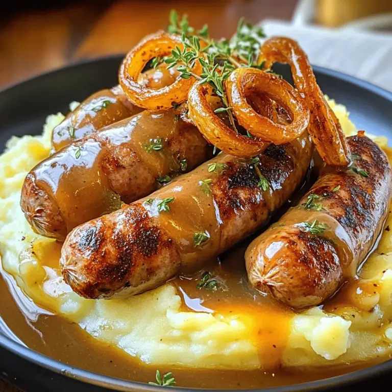 - 4 grobe Schweinswürste oder Rindswürste - 800 g Kartoffeln, geschält und gewürfelt - 1 große Zwiebel, in dünne Ringe geschnitten