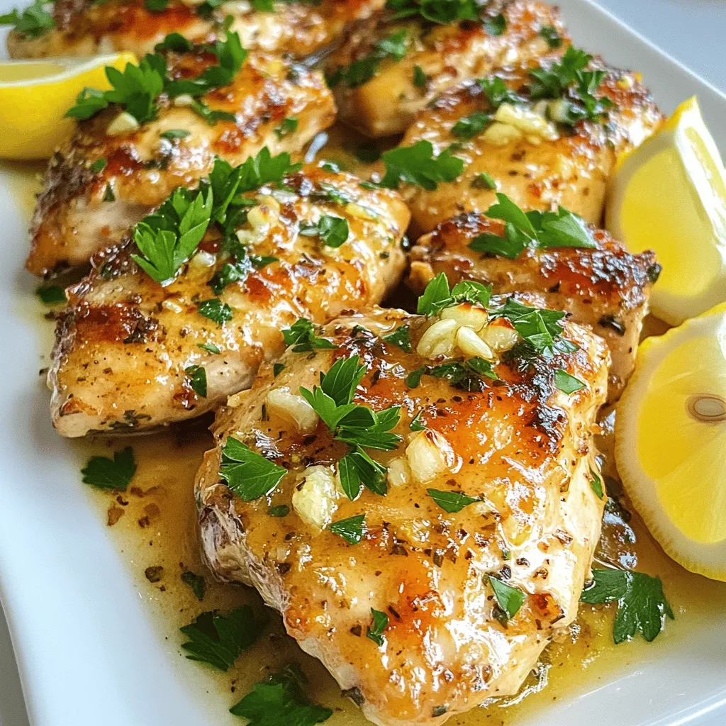 - 4 Hähnchenbrustfilets, entbeint und hautlos - 1/2 Tasse ungesalzene Butter (1 Stück) - 6 Knoblauchzehen, fein gehackt Die Hauptzutaten sind einfach und frisch. Hähnchenbrustfilets sind mager und zart. Die ungesalzene Butter bringt einen reichen Geschmack. Der Knoblauch gibt dem Gericht einen tollen Duft und Geschmack. - 1 Teelöffel getrockneter Oregano - 1 Teelöffel getrockneter Thymian - 1/2 Teelöffel rote Pfefferflocken (optional, für etwas Schärfe) - Salz und Pfeffer nach Geschmack Die Gewürze sind wichtig für den Geschmack. Oregano und Thymian geben frische Noten. Rote Pfefferflocken bringen etwas Schärfe. Salz und Pfeffer sorgen für die richtige Würze. - 1/4 Tasse frische Petersilie, gehackt (zum Garnieren) - Saft von 1 Zitrone - 2 Esslöffel Hühnerbrühe (oder Wasser) Die Garnierungen machen das Gericht schön. Frische Petersilie bringt Farbe und Geschmack. Zitronensaft sorgt für einen frischen Kick. Hühnerbrühe hilft, die Sauce lecker zu machen. Für die vollständige Zubereitung schauen Sie sich das [Full Recipe](#) an. Zuerst nehme ich die Hähnchenbrustfilets aus der Verpackung. Ich tupfe sie mit Küchenpapier trocken. Dies hilft, die Feuchtigkeit zu reduzieren. Danach würze ich die Filets großzügig mit Salz und Pfeffer. Diese Schritte machen das Hühnchen schmackhaft. In einer großen Pfanne schmelze ich die ungesalzene Butter bei mittlerer Hitze. Ich achte darauf, dass sie vollständig schmilzt, aber nicht braun wird. Sobald die Butter geschmolzen ist, füge ich die fein gehackten Knoblauchzehen hinzu. Ich brate den Knoblauch 1-2 Minuten lang an. So entfaltet sich der leckere Knoblauchgeschmack. Jetzt erhöhe ich die Hitze auf mittelhoch. Ich lege die gewürzten Hähnchenbrustfilets in die Pfanne. Ich brate sie etwa 6-7 Minuten auf einer Seite an, bis sie goldbraun sind. Dann wende ich die Filets vorsichtig. Ich reduziere die Hitze auf mittel und füge Oregano, Thymian und rote Pfefferflocken hinzu. Wenn das Hühnchen fast fertig ist, presse ich den Saft einer Zitrone darüber. Ich gebe auch die Hühnerbrühe in die Pfanne. So entsteht eine tolle Sauce. Ich überprüfe die innere Temperatur des Hühnchens. Sie sollte 75°C erreichen. Wenn nötig, gare ich es noch einige Minuten weiter. Sobald das Hühnchen gut durchgegart ist, nehme ich die Pfanne vom Herd. Ich lege das Hühnchen auf einen großen Teller. Dann träufle ich die Knoblauchbuttersauce darüber. Zum Garnieren verwende ich frische, gehackte Petersilie. Für die Präsentation serviere ich das Hühnchen mit Zitronenscheiben. - Herdstärke anpassen: Beginnen Sie mit mittlerer Hitze. Wenn das Hühnchen bräunt, reduzieren Sie die Hitze. - Hühnchen nicht überkochen: Überprüfen Sie die Temperatur. Das Hühnchen sollte 75°C erreichen. So bleibt es saftig. - Alternative Gewürze: Experimentieren Sie mit Kräutern wie Basilikum oder Rosmarin. Sie verleihen dem Gericht neue Aromen. - Verschiedene Proteinquellen: Versuchen Sie Putenbrust oder Hähnchenkeulen. Diese Optionen bieten unterschiedliche Geschmackserlebnisse. - Beilagenideen: Servieren Sie gedämpftes Gemüse oder einen frischen Salat. Diese passen gut zum Hühnchen. - Ansprechende Präsentation: Garnieren Sie das Hühnchen mit Zitronenscheiben und frischer Petersilie. So sieht das Gericht sehr einladend aus. Für die vollständige Zubereitung schauen Sie sich das [Full Recipe] an. {{image_4}} Knoblauchbutter-Hühnchen kann einfach mit Gemüse zubereitet werden. Ich empfehle, saisonales Gemüse zu verwenden. Gemüse wie Zucchini, Paprika oder Brokkoli passt gut. Schneide das Gemüse klein und füge es während des Kochens hinzu. So wird alles schön weich und aromatisch. Ich schmore das Gemüse in der Pfanne. Das gibt dem Gemüse viel Geschmack. Die Butter und der Knoblauch ziehen in das Gemüse ein. Das macht dein Gericht noch schmackhafter. Grillen macht Spaß und gibt dem Hühnchen einen tollen Geschmack. Marinieren ist wichtig. Ich empfehle, das Hühnchen vor dem Grillen in der Knoblauchbutter zu marinieren. Das bringt den Geschmack aus der Pfanne direkt auf den Grill. Die Grillzeit musst du anpassen. Grill das Hühnchen für etwa 6-8 Minuten auf jeder Seite. Achte darauf, dass es gut durch ist. Du kannst auch die Knoblauchbutter während des Grillens darüber träufeln. Wenn du eine vegane Option suchst, kannst du pflanzliche Alternativen verwenden. Ersetze die Hähnchenbrust durch Tofu oder Seitan. Diese Zutaten nehmen die Aromen sehr gut auf. Die Butter kannst du durch vegane Margarine ersetzen. Achte darauf, die Gewürze und den Knoblauch gleich zu verwenden. So bleibt der Geschmack gleich gut. Nach der Zubereitung von Knoblauchbutter-Hühnchen ist die richtige Lagerung wichtig. Bewahre die Reste in einem luftdichten Behälter im Kühlschrank auf. So bleibt das Hühnchen frisch. Du kannst es bis zu drei Tage im Kühlschrank aufbewahren. Portioniere das Hühnchen gleich nach dem Kochen. So hast du für die Woche schnelle und leckere Mahlzeiten. Wenn du das Hühnchen länger aufbewahren möchtest, ist das Einfrieren eine gute Option. Lasse das Hühnchen zuerst vollständig abkühlen. Lege es dann in einen gefrierfesten Beutel oder Behälter. Achte darauf, die Luft möglichst herauszudrücken. So bleibt das Hühnchen saftig. Im Gefrierschrank hält es bis zu drei Monate. Um die beste Qualität zu erhalten, beschrifte die Beutel mit dem Datum. Beim Aufwärmen ist es wichtig, das Hühnchen nicht auszutrocknen. Die beste Methode ist, es langsam zu erwärmen. Nutze dazu eine Pfanne bei niedriger Hitze. Füge etwas Hühnerbrühe oder Wasser hinzu, um Feuchtigkeit zu sichern. Decke die Pfanne ab, um die Hitze zu halten. Alternativ kannst du das Hühnchen in der Mikrowelle aufwärmen. Achte darauf, es nicht zu lange zu erhitzen, um ein Austrocknen zu verhindern. So bleibt dein Knoblauchbutter-Hühnchen saftig und schmackhaft. Die Zubereitung von Knoblauchbutter-Hühnchen dauert insgesamt etwa 30 Minuten. Davon sind 15 Minuten für die Vorbereitung nötig. Die Garzeit beträgt etwa 15 Minuten. So ist das Gericht schnell und einfach gemacht. Ja, du kannst das Hühnchen im Voraus zubereiten. Koche das Hühnchen und lasse es abkühlen. Dann kannst du es in einem luftdichten Behälter im Kühlschrank aufbewahren. So bleibt der Geschmack erhalten und du sparst Zeit beim Servieren. Zu Knoblauchbutter-Hühnchen passen viele Beilagen. Hier sind einige Ideen: - Gedämpftes Gemüse wie Brokkoli oder Karotten - Ein frischer Salat mit verschiedenen Blattsalaten - Reis oder Quinoa für eine sättigende Option - Knoblauchbrot, um die köstliche Butter zu genießen Für dieses Rezept empfehle ich Hähnchenbrustfilets. Sie sind zart und garen schnell. Du kannst auch Hähnchenschenkel verwenden, wenn du mehr Geschmack möchtest. Achte darauf, die Garzeit anzupassen, da sie länger brauchen. Knoblauchbutter-Hühnchen ist einfach und lecker. Du hast die Hauptzutaten kennengelernt, und ich habe dir Schritt für Schritt gezeigt, wie du es zubereitest. Du kannst deine eigenen Variationen ausprobieren, den Garzustand anpassen und sogar vegane Alternativen verwenden. Die Tipps zur Lagerung helfen dir, Reste gut zu bewahren. Ganz gleich, ob für ein schnelles Abendessen oder ein besonderes Gericht, dieses Rezept ist vielseitig und schmackhaft. Gerichte wie dieses bringen Freude auf den Tisch. Viel Spaß beim Kochen!