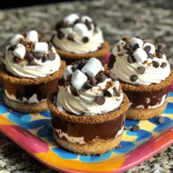 - 1 Tasse Graham-Cracker-Brösel - 1/4 Tasse ungesüßtes Kakaopulver - 1/2 Tasse ungesalzene Butter, geschmolzen - 1/4 Tasse Zucker - 1/2 Teelöffel Vanilleextrakt Für die Frosty S'more Cups sind die Hauptzutaten wichtig. Graham-Cracker-Brösel geben die perfekte Kruste. Ungesüßtes Kakaopulver bringt den Schokoladengeschmack. Die ungesalzene Butter macht die Mischung schön feucht. Zucker sorgt für die richtige Süße. Vanilleextrakt fügt einen tollen Geschmack hinzu. - 1 1/2 Tassen Mini-Marshmallows - 1 Tasse Schokoladenpudding (zubereitet) - 1/2 Tasse Schlagsahne - 1/4 Tasse Schokoladenstückchen - 1/4 Tasse Mini-Marshmallows (zum Garnieren) Zusätzlich brauchst du Mini-Marshmallows. Sie machen die Tassen schön fluffig. Schokoladenpudding gibt eine cremige Schicht. Schlagsahne sorgt für einen leichten, luftigen Effekt. Schokoladenstückchen fügen einen crunchy Biss hinzu. Extra Mini-Marshmallows sind perfekt zum Garnieren. Diese Zutaten machen die Frosty S'more Cups zu einem tollen Dessert. Jede Schicht bringt einen neuen Geschmack. Du kannst die genaue Menge in der [Full Recipe] finden. Heize den Ofen auf 175°C vor. Das ist der erste Schritt. In einer mittelgroßen Schüssel mischst du die Graham-Cracker-Brösel, Kakaopulver, geschmolzene Butter, Zucker und Vanilleextrakt. Rühre alles gut durch. Die Mischung sollte feucht und sandig wirken. Nimm ein Muffinblech und lege es mit Papierförmchen aus. Drücke etwa einen Esslöffel der Graham-Cracker-Mischung in den Boden jedes Förmchens. So bildest du die Kruste. Backe die Krusten im vorgeheizten Ofen für 5-7 Minuten. Achte darauf, dass sie leicht goldbraun werden. Nimm sie dann heraus und lasse sie vollständig abkühlen. Wenn die Krusten abgekühlt sind, gib etwa 2 Esslöffel Schokoladenpudding auf jede Kruste. Das sorgt für einen leckeren Kern. Füge danach einen großzügigen Klecks Schlagsahne auf die Pudding-Schicht hinzu. Glätte die Schlagsahne vorsichtig mit einem Spatel. Bestreue die Schlagsahne mit Schokoladenstückchen und Mini-Marshmallows. Diese Dekoration macht die Cups noch verlockender. Stelle die zusammengesetzten Tassen für mindestens 1 Stunde in den Gefrierschrank. So werden sie fest und kühl. Serviere sie direkt aus dem Gefrierschrank. Garniere sie nach Belieben mit zusätzlichen Mini-Marshmallows. - Konsistenz überprüfen: Die Mischung sollte wie feuchter Sand aussehen. Wenn sie zu trocken ist, füge etwas Butter hinzu. Ist sie zu nass, streue mehr Graham-Cracker-Brösel hinein. - Backzeit anpassen: Backe die Krusten nicht zu lange. 5 bis 7 Minuten sind ideal. Sie sollten fest, aber nicht hart sein. - Frisch oder aus der Dose?: Frische Schlagsahne schmeckt besser. Sie hat eine reichere Konsistenz. Aus der Dose ist jedoch schnell und einfach. - Wie man die Schlagsahne stabilisiert: Um die Schlagsahne stabil zu halten, füge etwas Puddingpulver hinzu. So bleibt sie fluffig und läuft nicht weg. - Anrichten der Tassen: Stelle die Frosty S'more Cups auf ein buntes Tablett. Das sieht schön aus und macht Hunger auf mehr. - Ergänzende Beilagen und Dekoration: Lege ganze Graham-Cracker daneben. Dekoriere den Teller mit Schokoladensirup. Das gibt einen tollen Look und macht die Nachspeise noch leckerer. Für die gesamte Zubereitung empfehle ich, die [Full Recipe] zu verwenden. {{image_4}} Für deine Frosty S'more Cups kannst du verschiedene Puddinggeschmäcker verwenden. Schokolade ist klassisch, aber Vanille oder Karamell geben einen neuen Twist. Aromatisierte Marshmallows sind eine tolle Idee. Sie bringen fruchtige oder schokoladige Aromen in deine Cups. Probiere zum Beispiel Erdbeer- oder Kokosmarshmallows. Sie machen die Tassen noch interessanter und leckerer. Wenn du glutenfrei kochen möchtest, verwende glutenfreie Graham-Cracker. Diese sind leicht zu finden. Sie haben den gleichen tollen Geschmack und die gleiche Textur wie normale. Alternativ kannst du auch andere Keksarten probieren. Kekse aus Mandeln oder Hafer sind ebenfalls gut. Achte darauf, dass sie glutenfrei sind. Für vegane Frosty S'more Cups gibt es viele Optionen. Du kannst vegane Sahne und Pudding verwenden. Diese Produkte sind oft im Supermarkt erhältlich. Anstelle von Butter kannst du Kokosöl nutzen. Das macht die Kruste auch lecker und knusprig. So kannst du eine vegane Version genießen, die voller Geschmack ist. Denke daran, für die besten Ergebnisse die Full Recipe zu befolgen. Wie lagert man die Frosty S'more Cups? Die Frosty S'more Cups bleiben frisch, wenn du sie in einem luftdichten Behälter aufbewahrst. Stelle sicher, dass sie gut abgedeckt sind. Haltbarkeit im Kühlschrank Im Kühlschrank halten sich die Cups etwa drei bis vier Tage. Achte darauf, sie nicht zu lange zu lagern, um die beste Frische zu genießen. Freeze and Thaw Tipps Wenn du die Cups einfrieren möchtest, lege sie einzeln in Behälter oder wickele sie in Folie. So verhindern wir, dass sie zusammenkleben. Wie man gefrorene Cups am besten serviert Um die gefrorenen Cups zu genießen, lasse sie einfach 10 bis 15 Minuten bei Raumtemperatur stehen. So werden sie wieder cremig und lecker. Vorbereitungszeit im Voraus planen Du kannst die Cups bis zu zwei Tage im Voraus zubereiten. Das spart Zeit und macht sie perfekt für Partys. Gute Tipps für die Zubereitung Bereite die Krusten und den Pudding im Voraus vor. So hast du mehr Zeit für die Dekoration und das Servieren. Verwende frische Zutaten, um den besten Geschmack zu garantieren. Frosty S'more Cups halten sich gut im Kühlschrank. Sie bleiben frisch für etwa 3 bis 5 Tage. Um die beste Frische zu garantieren, decke die Cups gut ab. Verwende Frischhaltefolie oder einen luftdichten Behälter. So bleibt die Schlagsahne fluffig und der Pudding cremig. Ja, du kannst den Schokoladenpudding selbst zubereiten. Das Rezept ist einfach und macht Spaß. Hier ist, was du brauchst: - 2 Tassen Milch - 1/2 Tasse Zucker - 1/3 Tasse Kakaopulver - 1/4 Tasse Maisstärke - 1/4 Teelöffel Salz - 1 Teelöffel Vanilleextrakt Um den Pudding zu machen, vermische die trockenen Zutaten in einem Topf. Füge dann die Milch langsam hinzu. Koche die Mischung bei mittlerer Hitze und rühre ständig. Sobald die Mischung dick wird, nimm den Topf vom Herd und füge den Vanilleextrakt hinzu. Lass den Pudding abkühlen, bevor du ihn in die Cups gibst. Ja, du kannst verschiedene Kekssorten ausprobieren. Einige gute Alternativen sind: - Schokoladenkekse - Butterkekse - Haferkekse Jede Keksart gibt den Cups einen neuen Geschmack. Schokoladenkekse geben eine tolle Note, während Haferkekse eine gesunde Option sind. Experimentiere mit deinen Lieblingskeksen! Um die Cups schön zu schneiden, lasse sie kurz antauen. Dann benutze ein scharfes, heißes Messer. Tauche das Messer in heißes Wasser und trockne es ab. So schneidest du durch die Kruste und die Füllung. Achte darauf, nicht zu drücken, damit die Schichten nicht zerfallen. Die Frosty S'more Cups sehen auf einem bunten Tablett toll aus. Probiere, sie mit einem Spritzer Schokoladensirup zu garnieren. So wird die Präsentation noch schöner! Frosty S'more Cups sind einfach und lecker. Wir haben die Hauptzutaten, wie Graham-Cracker-Brösel und Schokoladenpudding, besprochen. Die Schritt-für-Schritt-Anleitung macht es leicht, sie zuzubereiten. Außerdem gab es Tipps zur perfekten Kruste und Variationen, um deinen Geschmack zu treffen. Denke daran, wie du sie lagerst und präsentierst. Du kannst mit neuen Aromen spielen oder gesunde Alternativen ausprobieren. Diese Süßigkeit bringt Freude auf jede Feier. Probiere es aus und genieße die Ergebnisse!