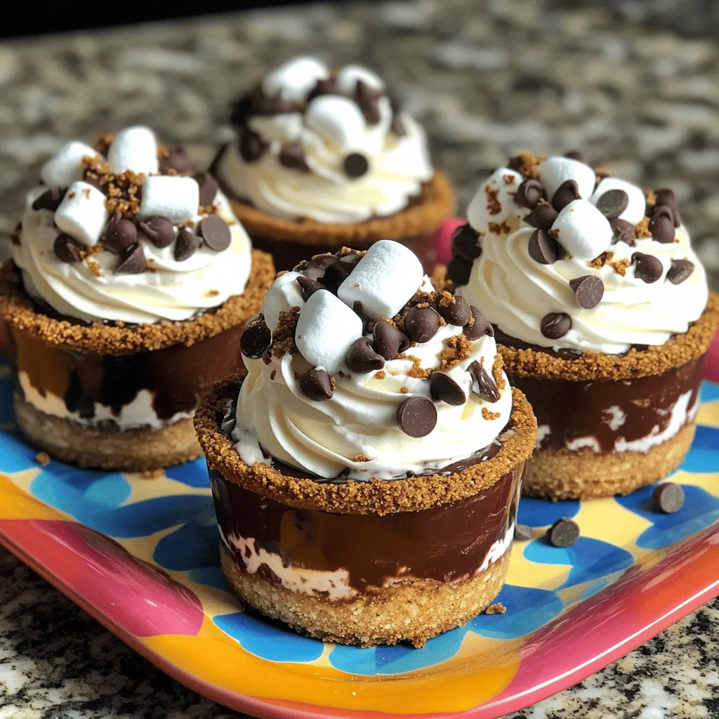 - 1 Tasse Graham-Cracker-Brösel - 1/4 Tasse ungesüßtes Kakaopulver - 1/2 Tasse ungesalzene Butter, geschmolzen - 1/4 Tasse Zucker - 1/2 Teelöffel Vanilleextrakt Für die Frosty S'more Cups sind die Hauptzutaten wichtig. Graham-Cracker-Brösel geben die perfekte Kruste. Ungesüßtes Kakaopulver bringt den Schokoladengeschmack. Die ungesalzene Butter macht die Mischung schön feucht. Zucker sorgt für die richtige Süße. Vanilleextrakt fügt einen tollen Geschmack hinzu. - 1 1/2 Tassen Mini-Marshmallows - 1 Tasse Schokoladenpudding (zubereitet) - 1/2 Tasse Schlagsahne - 1/4 Tasse Schokoladenstückchen - 1/4 Tasse Mini-Marshmallows (zum Garnieren) Zusätzlich brauchst du Mini-Marshmallows. Sie machen die Tassen schön fluffig. Schokoladenpudding gibt eine cremige Schicht. Schlagsahne sorgt für einen leichten, luftigen Effekt. Schokoladenstückchen fügen einen crunchy Biss hinzu. Extra Mini-Marshmallows sind perfekt zum Garnieren. Diese Zutaten machen die Frosty S'more Cups zu einem tollen Dessert. Jede Schicht bringt einen neuen Geschmack. Du kannst die genaue Menge in der [Full Recipe] finden. Heize den Ofen auf 175°C vor. Das ist der erste Schritt. In einer mittelgroßen Schüssel mischst du die Graham-Cracker-Brösel, Kakaopulver, geschmolzene Butter, Zucker und Vanilleextrakt. Rühre alles gut durch. Die Mischung sollte feucht und sandig wirken. Nimm ein Muffinblech und lege es mit Papierförmchen aus. Drücke etwa einen Esslöffel der Graham-Cracker-Mischung in den Boden jedes Förmchens. So bildest du die Kruste. Backe die Krusten im vorgeheizten Ofen für 5-7 Minuten. Achte darauf, dass sie leicht goldbraun werden. Nimm sie dann heraus und lasse sie vollständig abkühlen. Wenn die Krusten abgekühlt sind, gib etwa 2 Esslöffel Schokoladenpudding auf jede Kruste. Das sorgt für einen leckeren Kern. Füge danach einen großzügigen Klecks Schlagsahne auf die Pudding-Schicht hinzu. Glätte die Schlagsahne vorsichtig mit einem Spatel. Bestreue die Schlagsahne mit Schokoladenstückchen und Mini-Marshmallows. Diese Dekoration macht die Cups noch verlockender. Stelle die zusammengesetzten Tassen für mindestens 1 Stunde in den Gefrierschrank. So werden sie fest und kühl. Serviere sie direkt aus dem Gefrierschrank. Garniere sie nach Belieben mit zusätzlichen Mini-Marshmallows. - Konsistenz überprüfen: Die Mischung sollte wie feuchter Sand aussehen. Wenn sie zu trocken ist, füge etwas Butter hinzu. Ist sie zu nass, streue mehr Graham-Cracker-Brösel hinein. - Backzeit anpassen: Backe die Krusten nicht zu lange. 5 bis 7 Minuten sind ideal. Sie sollten fest, aber nicht hart sein. - Frisch oder aus der Dose?: Frische Schlagsahne schmeckt besser. Sie hat eine reichere Konsistenz. Aus der Dose ist jedoch schnell und einfach. - Wie man die Schlagsahne stabilisiert: Um die Schlagsahne stabil zu halten, füge etwas Puddingpulver hinzu. So bleibt sie fluffig und läuft nicht weg. - Anrichten der Tassen: Stelle die Frosty S'more Cups auf ein buntes Tablett. Das sieht schön aus und macht Hunger auf mehr. - Ergänzende Beilagen und Dekoration: Lege ganze Graham-Cracker daneben. Dekoriere den Teller mit Schokoladensirup. Das gibt einen tollen Look und macht die Nachspeise noch leckerer. Für die gesamte Zubereitung empfehle ich, die [Full Recipe] zu verwenden. {{image_4}} Für deine Frosty S'more Cups kannst du verschiedene Puddinggeschmäcker verwenden. Schokolade ist klassisch, aber Vanille oder Karamell geben einen neuen Twist. Aromatisierte Marshmallows sind eine tolle Idee. Sie bringen fruchtige oder schokoladige Aromen in deine Cups. Probiere zum Beispiel Erdbeer- oder Kokosmarshmallows. Sie machen die Tassen noch interessanter und leckerer. Wenn du glutenfrei kochen möchtest, verwende glutenfreie Graham-Cracker. Diese sind leicht zu finden. Sie haben den gleichen tollen Geschmack und die gleiche Textur wie normale. Alternativ kannst du auch andere Keksarten probieren. Kekse aus Mandeln oder Hafer sind ebenfalls gut. Achte darauf, dass sie glutenfrei sind. Für vegane Frosty S'more Cups gibt es viele Optionen. Du kannst vegane Sahne und Pudding verwenden. Diese Produkte sind oft im Supermarkt erhältlich. Anstelle von Butter kannst du Kokosöl nutzen. Das macht die Kruste auch lecker und knusprig. So kannst du eine vegane Version genießen, die voller Geschmack ist. Denke daran, für die besten Ergebnisse die Full Recipe zu befolgen. Wie lagert man die Frosty S'more Cups? Die Frosty S'more Cups bleiben frisch, wenn du sie in einem luftdichten Behälter aufbewahrst. Stelle sicher, dass sie gut abgedeckt sind. Haltbarkeit im Kühlschrank Im Kühlschrank halten sich die Cups etwa drei bis vier Tage. Achte darauf, sie nicht zu lange zu lagern, um die beste Frische zu genießen. Freeze and Thaw Tipps Wenn du die Cups einfrieren möchtest, lege sie einzeln in Behälter oder wickele sie in Folie. So verhindern wir, dass sie zusammenkleben. Wie man gefrorene Cups am besten serviert Um die gefrorenen Cups zu genießen, lasse sie einfach 10 bis 15 Minuten bei Raumtemperatur stehen. So werden sie wieder cremig und lecker. Vorbereitungszeit im Voraus planen Du kannst die Cups bis zu zwei Tage im Voraus zubereiten. Das spart Zeit und macht sie perfekt für Partys. Gute Tipps für die Zubereitung Bereite die Krusten und den Pudding im Voraus vor. So hast du mehr Zeit für die Dekoration und das Servieren. Verwende frische Zutaten, um den besten Geschmack zu garantieren. Frosty S'more Cups halten sich gut im Kühlschrank. Sie bleiben frisch für etwa 3 bis 5 Tage. Um die beste Frische zu garantieren, decke die Cups gut ab. Verwende Frischhaltefolie oder einen luftdichten Behälter. So bleibt die Schlagsahne fluffig und der Pudding cremig. Ja, du kannst den Schokoladenpudding selbst zubereiten. Das Rezept ist einfach und macht Spaß. Hier ist, was du brauchst: - 2 Tassen Milch - 1/2 Tasse Zucker - 1/3 Tasse Kakaopulver - 1/4 Tasse Maisstärke - 1/4 Teelöffel Salz - 1 Teelöffel Vanilleextrakt Um den Pudding zu machen, vermische die trockenen Zutaten in einem Topf. Füge dann die Milch langsam hinzu. Koche die Mischung bei mittlerer Hitze und rühre ständig. Sobald die Mischung dick wird, nimm den Topf vom Herd und füge den Vanilleextrakt hinzu. Lass den Pudding abkühlen, bevor du ihn in die Cups gibst. Ja, du kannst verschiedene Kekssorten ausprobieren. Einige gute Alternativen sind: - Schokoladenkekse - Butterkekse - Haferkekse Jede Keksart gibt den Cups einen neuen Geschmack. Schokoladenkekse geben eine tolle Note, während Haferkekse eine gesunde Option sind. Experimentiere mit deinen Lieblingskeksen! Um die Cups schön zu schneiden, lasse sie kurz antauen. Dann benutze ein scharfes, heißes Messer. Tauche das Messer in heißes Wasser und trockne es ab. So schneidest du durch die Kruste und die Füllung. Achte darauf, nicht zu drücken, damit die Schichten nicht zerfallen. Die Frosty S'more Cups sehen auf einem bunten Tablett toll aus. Probiere, sie mit einem Spritzer Schokoladensirup zu garnieren. So wird die Präsentation noch schöner! Frosty S'more Cups sind einfach und lecker. Wir haben die Hauptzutaten, wie Graham-Cracker-Brösel und Schokoladenpudding, besprochen. Die Schritt-für-Schritt-Anleitung macht es leicht, sie zuzubereiten. Außerdem gab es Tipps zur perfekten Kruste und Variationen, um deinen Geschmack zu treffen. Denke daran, wie du sie lagerst und präsentierst. Du kannst mit neuen Aromen spielen oder gesunde Alternativen ausprobieren. Diese Süßigkeit bringt Freude auf jede Feier. Probiere es aus und genieße die Ergebnisse!