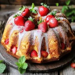 - 2 Tassen Allzweckmehl - 1 ½ Tassen Kristallzucker - ½ Tasse ungesalzene Butter, weich - 1 Tasse Buttermilch - 3 große Eier - 1 Esslöffel Vanilleextrakt In diesem Rezept verwende ich einfache, frische Zutaten. Das Allzweckmehl sorgt für die perfekte Textur. Kristallzucker gibt dem Kuchen die Süße, die wir lieben. Weiche Butter macht den Teig zart und lecker. Buttermilch bringt einen tollen Geschmack. Sie hilft auch, den Kuchen schön saftig zu halten. Die Eier geben dem Teig Struktur und helfen beim Aufgehen. Vanilleextrakt sorgt für ein wunderbares Aroma. - 1 Teelöffel Backpulver - 1 Teelöffel Natron - ½ Teelöffel Salz - 1 ½ Tassen frische Erdbeeren, geputzt und gehackt - ½ Tasse Puderzucker (für den Zuckerguss) - 2 Esslöffel Milch (für den Zuckerguss) Zusätzlich brauchen wir Backpulver und Natron. Diese Zutaten helfen dem Kuchen, schön hoch zu gehen. Salz bringt den Geschmack aller Zutaten zusammen. Frische Erdbeeren sind das Herzstück dieses Kuchens. Sie geben Saftigkeit und einen tollen Geschmack. Der Puderzucker und die Milch sind für den Zuckerguss. Damit wird der Kuchen süß und sieht hübsch aus. Für das Full Recipe schauen Sie in den nächsten Abschnitt! - Backofen vorheizen: Heizen Sie Ihren Ofen auf 175 °C (350 °F) vor. - Bundtform vorbereiten: Fetten Sie die Form großzügig ein und bestäuben Sie sie mit Mehl. Dies hilft, den Kuchen später leicht herauszubekommen. - Butter und Zucker cremig rühren: Nehmen Sie eine große Schüssel. Schlagen Sie die weiche Butter und den Kristallzucker mit einem Mixer für 3-4 Minuten. Die Mischung sollte leicht und luftig sein. - Eier und Vanille hinzufügen: Geben Sie die Eier einzeln hinzu. Schlagen Sie jedes Ei gut unter, bevor Sie das nächste hinzufügen. Fügen Sie dann den Vanilleextrakt hinzu und rühren Sie gut um. - Trockene Zutaten kombinieren: In einer anderen Schüssel mischen Sie das Mehl, Backpulver, Natron und Salz. Mischen Sie alles gut. - Trockene und nasse Zutaten mischen: Fügen Sie nach und nach die trockenen Zutaten zur Buttermischung hinzu. Wechseln Sie es mit der Buttermilch. Beginnen und enden Sie mit der Mehlmischung. Rühren Sie nur kurz, bis alles vermischt ist. - Erdbeeren unterheben: Falten Sie vorsichtig die gehackten Erdbeeren in den Teig. Achten Sie darauf, dass sie gleichmäßig verteilt sind. - Teig einfüllen: Gießen Sie den Teig in die vorbereitete Bundtform. Glätten Sie die Oberseite mit einem Spatel. - Backen: Backen Sie den Kuchen im vorgeheizten Ofen für 50-60 Minuten. Ein Zahnstocher sollte sauber oder mit wenigen Krümeln herauskommen. - Kuchen abkühlen lassen: Lassen Sie den Bundt-Kuchen nach dem Backen 15 Minuten in der Form abkühlen. Stürzen Sie ihn dann vorsichtig auf ein Kuchengitter, um ihn ganz abkühlen zu lassen. - Zuckerguss zubereiten: In einer kleinen Schüssel verrühren Sie den Puderzucker mit der Milch. Passen Sie die Milchmenge je nach gewünschter Konsistenz an. - Kuchen glasieren: Sobald der Kuchen abgekühlt ist, träufeln Sie den Zuckerguss über die Oberseite. Lassen Sie ihn an den Seiten herunterlaufen. Um die vollständige Zubereitung zu sehen, besuchen Sie die [Full Recipe]. - Wichtigkeit des richtigen Rührens: Rühren ist wichtig, um Luft in den Teig zu bringen. Dies macht den Kuchen fluffig. Beginne sanft und steigere die Geschwindigkeit. Achte darauf, nicht zu lange zu rühren. Zu viel Rühren macht den Kuchen dicht und schwer. - Temperatur und Backzeit anpassen: Jeder Ofen ist anders. Überprüfe den Kuchen nach 50 Minuten. Ein Zahnstocher sollte sauber herauskommen. Wenn der Kuchen nicht ganz durch ist, backe ihn weitere 5 Minuten. Lass ihn nicht zu lange backen, sonst wird er trocken. - Garnieren mit ganzen Erdbeeren oder Minzblättern: Für eine schöne Präsentation benutze ganze Erdbeeren. Sie sehen frisch und einladend aus. Minzblätter verleihen dem Kuchen einen Hauch Farbe und Frische. Platziere sie einfach auf dem Kuchen, bevor du ihn servierst. - Servieren mit Schlagsahne: Ein Klecks Schlagsahne passt perfekt zu diesem Kuchen. Sie bringt eine cremige Note. Du kannst die Schlagsahne auch süßen oder mit Vanille aromatisieren. Dies macht das Dessert noch leckerer. - Anrichten auf einer eleganten Kuchenplatte: Eine schöne Kuchenplatte hebt den Kuchen hervor. Wähle eine Platte, die zur Jahreszeit passt. Eine weiße Platte lässt die Erdbeeren strahlen. Die Präsentation macht das Essen noch besonderer. - Fotografietipps für Social Media: Wenn du Fotos machst, achte auf das Licht. Natürliches Licht macht die Farben lebendig. Halte den Kuchen im Bild einfach. Ein schöner Hintergrund, wie Holz oder eine Tischdecke, kann die Aufnahme verbessern. Teile deine Bilder, um andere zu inspirieren. {{image_4}} Für eine besondere Note können Sie verschiedene Frostings wählen. Erdbeer-Buttercreme passt perfekt. Mischen Sie Puderzucker mit frischen Erdbeeren. Das sorgt für einen fruchtigen Geschmack. Ein Zitronen-Frosting bringt Frische. Kombinieren Sie Puderzucker mit Zitronensaft und -schale. Dieses Frosting hat eine spritzige Note, die den Kuchen hebt. Wenn Sie glutenfrei backen möchten, verwenden Sie glutenfreies Mehl. Achten Sie darauf, dass es eine gute Mischung ist. Manchmal sollten Sie auch die anderen Zutaten anpassen. Ersetzen Sie die Butter mit Kokosöl. Das hilft, die Textur zu verbessern. Ein wenig mehr Flüssigkeit kann auch nötig sein. So bleibt der Kuchen schön saftig. Um Ihren Kuchen aufregender zu machen, fügen Sie Nüsse oder Schokolade hinzu. Walnüsse oder Mandeln bringen einen tollen Crunch. Schokoladenstückchen schmelzen im Kuchen und machen ihn schokoladig. Für einen fruchtigen Twist können Sie die Erdbeeren ändern. Himbeeren oder Blaubeeren sind tolle Alternativen. Diese Früchte bringen neue Aromen und Farben. Sie finden die vollständige Anleitung in der [Full Recipe]. Lagern Sie den Kuchen im Kühlschrank. Wickeln Sie ihn gut in Frischhaltefolie. Dies hält die Feuchtigkeit im Inneren. Stellen Sie den Kuchen in einen luftdichten Behälter. So bleibt er frisch und lecker. Um Austrocknen zu vermeiden, nehmen Sie den Kuchen 30 Minuten vor dem Servieren heraus. Der Kuchen bleibt frisch für etwa 4 bis 5 Tage. Nach dieser Zeit kann der Geschmack nachlassen. Achten Sie auf Anzeichen von Verderb. Wenn der Kuchen trocken oder hart wird, ist es Zeit, ihn wegzuwerfen. Schimmel oder ein ranziger Geruch sind ebenfalls Warnsignale. Um den Kuchen einzufrieren, lassen Sie ihn zuerst ganz abkühlen. Wickeln Sie ihn gut in Frischhaltefolie und dann in Alufolie. So schützt das die Oberfläche. Wenn Sie den Kuchen aufwärmen möchten, lassen Sie ihn im Kühlschrank auftauen. Danach können Sie ihn bei Raumtemperatur genießen. Die gesamte Zubereitungszeit für den Erdbeer-Bundt-Kuchen beträgt etwa 1 Stunde 30 Minuten. Die Vorbereitungszeit dauert etwa 20 Minuten. Die Backzeit liegt zwischen 50 und 60 Minuten. Dies hängt auch von deinem Ofen ab. Prüfe den Kuchen mit einem Zahnstocher. Er sollte sauber herauskommen. Ja, du kannst gefrorene Erdbeeren verwenden. Achte darauf, sie vorher zu tauen. Drücke das überschüssige Wasser aus. Dies hilft, den Teig nicht zu verwässern. Gefrorene Erdbeeren sind oft süß und gut geeignet. Sie geben dem Kuchen trotzdem einen tollen Erdbeergeschmack. Der Kuchen schmeckt gut mit vielen Getränken. Probiere ihn mit frischem Kaffee oder Tee. Ein Glas Milch passt auch gut dazu. Serviere ihn mit Schlagsahne für mehr Genuss. Du kannst auch frische Minze als Beilage nutzen. Frische Erdbeeren machen die Präsentation schöner. Fette die Bundtform gut ein. Verwende ungesalzene Butter oder Pflanzenöl. Bestäube die Form mit Mehl, nachdem du sie gefettet hast. Klopfe das überschüssige Mehl heraus. Dies hilft, den Kuchen gut herauszulösen. Lass den Kuchen nach dem Backen kurz abkühlen, bevor du ihn stürzt. Ja, der Kuchen ist perfekt zum Verschenken. Er sieht schön aus und schmeckt lecker. Du kannst ihn einfach mit Puderzucker bestäuben. Dekoriere ihn mit frischen Erdbeeren oder Minzblättern. Verpacke den Kuchen in einer schönen Box. So wird er zu einem tollen Geschenk für Freunde und Familie. Der Erdbeer-Bundt-Kuchen ist einfach zuzubereiten und lecker. Wir haben die Hauptzutaten, die Schritte zum Backen und hilfreiche Tipps behandelt. Auch Variationen wie unterschiedliche Frostings und glutenfreie Optionen sind dabei. Vergessen Sie nicht, wie wichtig die Präsentation ist. Mit ein paar Tricks wird Ihr Kuchen noch besser. Bewahren Sie ihn richtig auf, damit er frisch bleibt. Jetzt sind Sie bereit, diesen Kuchen zu backen und zu genießen!