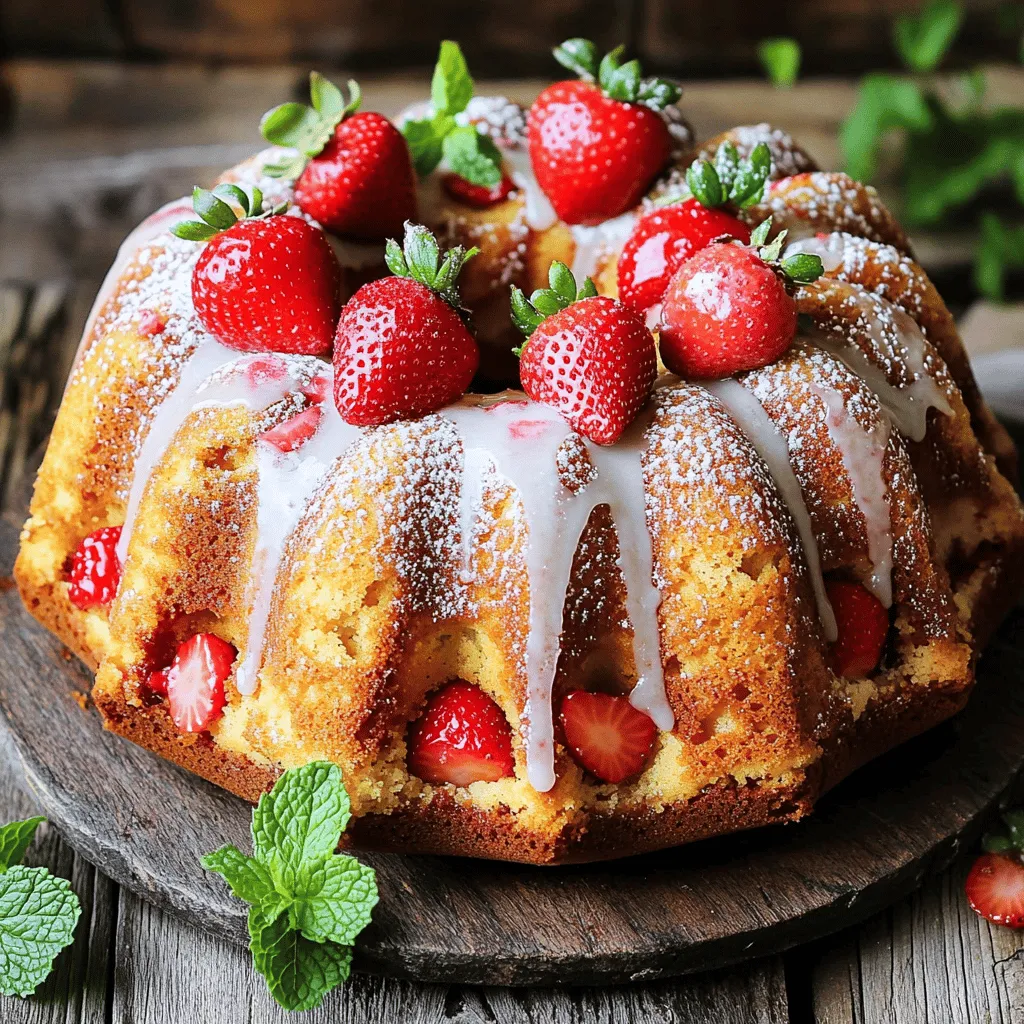 - 2 Tassen Allzweckmehl - 1 ½ Tassen Kristallzucker - ½ Tasse ungesalzene Butter, weich - 1 Tasse Buttermilch - 3 große Eier - 1 Esslöffel Vanilleextrakt In diesem Rezept verwende ich einfache, frische Zutaten. Das Allzweckmehl sorgt für die perfekte Textur. Kristallzucker gibt dem Kuchen die Süße, die wir lieben. Weiche Butter macht den Teig zart und lecker. Buttermilch bringt einen tollen Geschmack. Sie hilft auch, den Kuchen schön saftig zu halten. Die Eier geben dem Teig Struktur und helfen beim Aufgehen. Vanilleextrakt sorgt für ein wunderbares Aroma. - 1 Teelöffel Backpulver - 1 Teelöffel Natron - ½ Teelöffel Salz - 1 ½ Tassen frische Erdbeeren, geputzt und gehackt - ½ Tasse Puderzucker (für den Zuckerguss) - 2 Esslöffel Milch (für den Zuckerguss) Zusätzlich brauchen wir Backpulver und Natron. Diese Zutaten helfen dem Kuchen, schön hoch zu gehen. Salz bringt den Geschmack aller Zutaten zusammen. Frische Erdbeeren sind das Herzstück dieses Kuchens. Sie geben Saftigkeit und einen tollen Geschmack. Der Puderzucker und die Milch sind für den Zuckerguss. Damit wird der Kuchen süß und sieht hübsch aus. Für das Full Recipe schauen Sie in den nächsten Abschnitt! - Backofen vorheizen: Heizen Sie Ihren Ofen auf 175 °C (350 °F) vor. - Bundtform vorbereiten: Fetten Sie die Form großzügig ein und bestäuben Sie sie mit Mehl. Dies hilft, den Kuchen später leicht herauszubekommen. - Butter und Zucker cremig rühren: Nehmen Sie eine große Schüssel. Schlagen Sie die weiche Butter und den Kristallzucker mit einem Mixer für 3-4 Minuten. Die Mischung sollte leicht und luftig sein. - Eier und Vanille hinzufügen: Geben Sie die Eier einzeln hinzu. Schlagen Sie jedes Ei gut unter, bevor Sie das nächste hinzufügen. Fügen Sie dann den Vanilleextrakt hinzu und rühren Sie gut um. - Trockene Zutaten kombinieren: In einer anderen Schüssel mischen Sie das Mehl, Backpulver, Natron und Salz. Mischen Sie alles gut. - Trockene und nasse Zutaten mischen: Fügen Sie nach und nach die trockenen Zutaten zur Buttermischung hinzu. Wechseln Sie es mit der Buttermilch. Beginnen und enden Sie mit der Mehlmischung. Rühren Sie nur kurz, bis alles vermischt ist. - Erdbeeren unterheben: Falten Sie vorsichtig die gehackten Erdbeeren in den Teig. Achten Sie darauf, dass sie gleichmäßig verteilt sind. - Teig einfüllen: Gießen Sie den Teig in die vorbereitete Bundtform. Glätten Sie die Oberseite mit einem Spatel. - Backen: Backen Sie den Kuchen im vorgeheizten Ofen für 50-60 Minuten. Ein Zahnstocher sollte sauber oder mit wenigen Krümeln herauskommen. - Kuchen abkühlen lassen: Lassen Sie den Bundt-Kuchen nach dem Backen 15 Minuten in der Form abkühlen. Stürzen Sie ihn dann vorsichtig auf ein Kuchengitter, um ihn ganz abkühlen zu lassen. - Zuckerguss zubereiten: In einer kleinen Schüssel verrühren Sie den Puderzucker mit der Milch. Passen Sie die Milchmenge je nach gewünschter Konsistenz an. - Kuchen glasieren: Sobald der Kuchen abgekühlt ist, träufeln Sie den Zuckerguss über die Oberseite. Lassen Sie ihn an den Seiten herunterlaufen. Um die vollständige Zubereitung zu sehen, besuchen Sie die [Full Recipe]. - Wichtigkeit des richtigen Rührens: Rühren ist wichtig, um Luft in den Teig zu bringen. Dies macht den Kuchen fluffig. Beginne sanft und steigere die Geschwindigkeit. Achte darauf, nicht zu lange zu rühren. Zu viel Rühren macht den Kuchen dicht und schwer. - Temperatur und Backzeit anpassen: Jeder Ofen ist anders. Überprüfe den Kuchen nach 50 Minuten. Ein Zahnstocher sollte sauber herauskommen. Wenn der Kuchen nicht ganz durch ist, backe ihn weitere 5 Minuten. Lass ihn nicht zu lange backen, sonst wird er trocken. - Garnieren mit ganzen Erdbeeren oder Minzblättern: Für eine schöne Präsentation benutze ganze Erdbeeren. Sie sehen frisch und einladend aus. Minzblätter verleihen dem Kuchen einen Hauch Farbe und Frische. Platziere sie einfach auf dem Kuchen, bevor du ihn servierst. - Servieren mit Schlagsahne: Ein Klecks Schlagsahne passt perfekt zu diesem Kuchen. Sie bringt eine cremige Note. Du kannst die Schlagsahne auch süßen oder mit Vanille aromatisieren. Dies macht das Dessert noch leckerer. - Anrichten auf einer eleganten Kuchenplatte: Eine schöne Kuchenplatte hebt den Kuchen hervor. Wähle eine Platte, die zur Jahreszeit passt. Eine weiße Platte lässt die Erdbeeren strahlen. Die Präsentation macht das Essen noch besonderer. - Fotografietipps für Social Media: Wenn du Fotos machst, achte auf das Licht. Natürliches Licht macht die Farben lebendig. Halte den Kuchen im Bild einfach. Ein schöner Hintergrund, wie Holz oder eine Tischdecke, kann die Aufnahme verbessern. Teile deine Bilder, um andere zu inspirieren. {{image_4}} Für eine besondere Note können Sie verschiedene Frostings wählen. Erdbeer-Buttercreme passt perfekt. Mischen Sie Puderzucker mit frischen Erdbeeren. Das sorgt für einen fruchtigen Geschmack. Ein Zitronen-Frosting bringt Frische. Kombinieren Sie Puderzucker mit Zitronensaft und -schale. Dieses Frosting hat eine spritzige Note, die den Kuchen hebt. Wenn Sie glutenfrei backen möchten, verwenden Sie glutenfreies Mehl. Achten Sie darauf, dass es eine gute Mischung ist. Manchmal sollten Sie auch die anderen Zutaten anpassen. Ersetzen Sie die Butter mit Kokosöl. Das hilft, die Textur zu verbessern. Ein wenig mehr Flüssigkeit kann auch nötig sein. So bleibt der Kuchen schön saftig. Um Ihren Kuchen aufregender zu machen, fügen Sie Nüsse oder Schokolade hinzu. Walnüsse oder Mandeln bringen einen tollen Crunch. Schokoladenstückchen schmelzen im Kuchen und machen ihn schokoladig. Für einen fruchtigen Twist können Sie die Erdbeeren ändern. Himbeeren oder Blaubeeren sind tolle Alternativen. Diese Früchte bringen neue Aromen und Farben. Sie finden die vollständige Anleitung in der [Full Recipe]. Lagern Sie den Kuchen im Kühlschrank. Wickeln Sie ihn gut in Frischhaltefolie. Dies hält die Feuchtigkeit im Inneren. Stellen Sie den Kuchen in einen luftdichten Behälter. So bleibt er frisch und lecker. Um Austrocknen zu vermeiden, nehmen Sie den Kuchen 30 Minuten vor dem Servieren heraus. Der Kuchen bleibt frisch für etwa 4 bis 5 Tage. Nach dieser Zeit kann der Geschmack nachlassen. Achten Sie auf Anzeichen von Verderb. Wenn der Kuchen trocken oder hart wird, ist es Zeit, ihn wegzuwerfen. Schimmel oder ein ranziger Geruch sind ebenfalls Warnsignale. Um den Kuchen einzufrieren, lassen Sie ihn zuerst ganz abkühlen. Wickeln Sie ihn gut in Frischhaltefolie und dann in Alufolie. So schützt das die Oberfläche. Wenn Sie den Kuchen aufwärmen möchten, lassen Sie ihn im Kühlschrank auftauen. Danach können Sie ihn bei Raumtemperatur genießen. Die gesamte Zubereitungszeit für den Erdbeer-Bundt-Kuchen beträgt etwa 1 Stunde 30 Minuten. Die Vorbereitungszeit dauert etwa 20 Minuten. Die Backzeit liegt zwischen 50 und 60 Minuten. Dies hängt auch von deinem Ofen ab. Prüfe den Kuchen mit einem Zahnstocher. Er sollte sauber herauskommen. Ja, du kannst gefrorene Erdbeeren verwenden. Achte darauf, sie vorher zu tauen. Drücke das überschüssige Wasser aus. Dies hilft, den Teig nicht zu verwässern. Gefrorene Erdbeeren sind oft süß und gut geeignet. Sie geben dem Kuchen trotzdem einen tollen Erdbeergeschmack. Der Kuchen schmeckt gut mit vielen Getränken. Probiere ihn mit frischem Kaffee oder Tee. Ein Glas Milch passt auch gut dazu. Serviere ihn mit Schlagsahne für mehr Genuss. Du kannst auch frische Minze als Beilage nutzen. Frische Erdbeeren machen die Präsentation schöner. Fette die Bundtform gut ein. Verwende ungesalzene Butter oder Pflanzenöl. Bestäube die Form mit Mehl, nachdem du sie gefettet hast. Klopfe das überschüssige Mehl heraus. Dies hilft, den Kuchen gut herauszulösen. Lass den Kuchen nach dem Backen kurz abkühlen, bevor du ihn stürzt. Ja, der Kuchen ist perfekt zum Verschenken. Er sieht schön aus und schmeckt lecker. Du kannst ihn einfach mit Puderzucker bestäuben. Dekoriere ihn mit frischen Erdbeeren oder Minzblättern. Verpacke den Kuchen in einer schönen Box. So wird er zu einem tollen Geschenk für Freunde und Familie. Der Erdbeer-Bundt-Kuchen ist einfach zuzubereiten und lecker. Wir haben die Hauptzutaten, die Schritte zum Backen und hilfreiche Tipps behandelt. Auch Variationen wie unterschiedliche Frostings und glutenfreie Optionen sind dabei. Vergessen Sie nicht, wie wichtig die Präsentation ist. Mit ein paar Tricks wird Ihr Kuchen noch besser. Bewahren Sie ihn richtig auf, damit er frisch bleibt. Jetzt sind Sie bereit, diesen Kuchen zu backen und zu genießen!