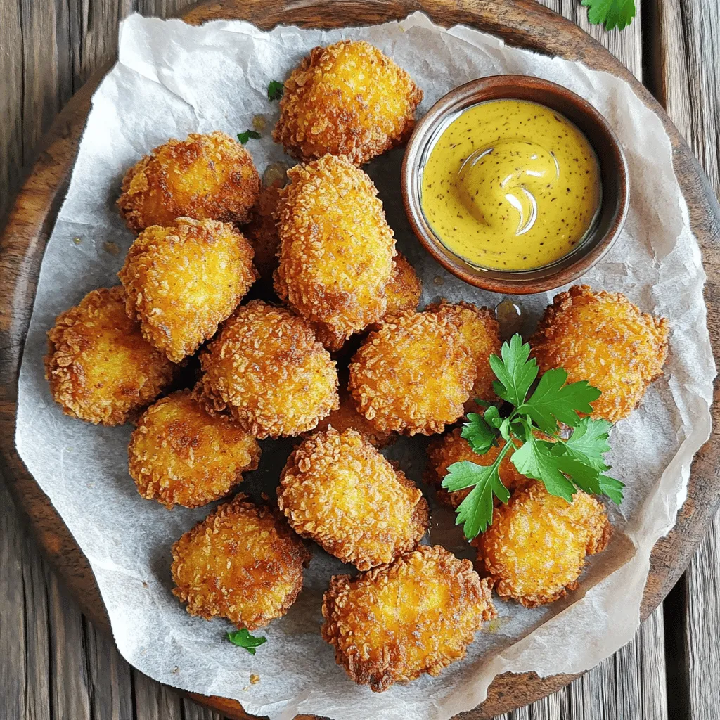Um perfekte knusprige Hähnchen-Nuggets zu machen, brauchst du einige einfache Zutaten. Hier sind die Hauptzutaten: - 450g Hähnchenbrust, in mundgerechte Stücke geschnitten - 1 Tasse Weizenmehl - 2 große Eier - 1 Tasse Paniermehl (vorzugsweise Panko für extra Knusprigkeit) Diese Zutaten sind grundlegend für die Textur und den Geschmack der Nuggets. Hähnchenbrust sorgt für zartes Fleisch. Weizenmehl hilft, die Nuggets knusprig zu machen. Eier geben der Panade Halt. Panko sorgt für eine besonders knusprige Schicht. Die Gewürze bringen den Geschmack der Nuggets wirklich zur Geltung. Hier sind die wichtigen Gewürze: - 1 Teelöffel Knoblauchpulver - 1 Teelöffel Zwiebelpulver - 1 Teelöffel geräuchertes Paprikapulver - ½ Teelöffel Salz - ½ Teelöffel schwarzer Pfeffer - ½ Teelöffel Cayennepfeffer (optional, für Schärfe) Knoblauch- und Zwiebelpulver geben Geschmack ohne Überwältigung. Geräuchertes Paprikapulver fügt einen rauchigen Ton hinzu. Salz und Pfeffer bringen die Aromen in Balance. Cayennepfeffer gibt einen kleinen Kick, wenn du es magst. Das richtige Öl macht einen großen Unterschied. Verwende ein Öl mit hohem Rauchpunkt. Hier sind einige gute Optionen: - Pflanzenöl - Erdnussöl - Sonnenblumenöl Diese Öle sind ideal, um die Nuggets knusprig zu frittieren. Sie halten hohe Temperaturen gut aus, was für die perfekte Textur wichtig ist. Achte darauf, das Öl auf die richtige Temperatur zu bringen, bevor du die Nuggets hineingibst. Um die perfekten Hähnchen-Nuggets zu machen, beginne mit der Vorbereitung. Du brauchst frische Hähnchenbrust. Schneide sie in kleine Stücke. In einer Schüssel mische das Weizenmehl mit Gewürzen. Diese sind Knoblauchpulver, Zwiebelpulver, geräuchertem Paprikapulver, Salz, Pfeffer und Cayennepfeffer. Nimm eine zweite Schüssel und verquirle die Eier. Diese Mischung hilft, die Panade zu halten. In einer dritten flachen Schüssel gib das Paniermehl. Ich empfehle Panko für extra Knusprigkeit. Nun tauche ein Stück Hähnchen zuerst in die Mehlmischung. Klopfe überschüssiges Mehl ab. Danach geht es in die Eier. Achte darauf, dass die Eimasse gut abtropft. Zum Schluss rolle das Hähnchen im Paniermehl. Wiederhole das mit allen Hähnchenstücken. Die Temperatur ist entscheidend für knusprige Nuggets. Erhitze etwa 2,5 cm Pflanzenöl in einer großen Pfanne auf 175°C. Verwende ein Küchenthermometer, um die Hitze zu kontrollieren. Wenn das Öl zu heiß ist, brennen die Nuggets. Ist es zu kalt, werden sie fettig. Lege die panierten Nuggets vorsichtig ins heiße Öl. Achte darauf, die Pfanne nicht zu überfüllen. Frittiere die Nuggets etwa 4-5 Minuten auf jeder Seite. Sie sollten goldbraun und durchgegart sein. Verwende einen Schaumlöffel, um die fertigen Nuggets auf einen Teller mit Küchenpapier zu legen. So kann überschüssiges Öl abtropfen. Für eine perfekte Panade achte auf das Mehl. Es sollte gut gewürzt sein, damit die Nuggets Geschmack bekommen. Verwende frische Gewürze für das beste Aroma. Die Eier sollten schaumig sein, um gut zu haften. Die Paniermehl-Schicht sollte dick genug sein. Wenn du mehr Knusprigkeit möchtest, mache eine zweite Schicht. Tauche die Nuggets erneut in die Eier und dann wieder ins Paniermehl. Diese Schritte helfen dir, die besten Hähnchen-Nuggets zu machen. Für das komplette Rezept schau dir die [Full Recipe](#) an. Ein häufiger Fehler ist die Temperatur des Öls. Wenn das Öl zu kalt ist, werden die Nuggets fettig. Wenn es zu heiß ist, verbrennen sie außen und bleiben innen roh. Verwende ein Küchenthermometer, um die Temperatur zu messen. Halte sie bei 175°C. Ein weiterer Fehler ist das Überfüllen der Pfanne. Dies senkt die Temperatur und macht die Nuggets weniger knusprig. Frittier die Nuggets in kleinen Mengen für beste Ergebnisse. Um die Nuggets extra knusprig zu machen, verwende Panko-Paniermehl. Panko ist gröber und gibt den Nuggets mehr Textur. Eine andere Methode ist, die Nuggets vor dem Frittieren im Kühlschrank zu lagern. Dies hilft dabei, die Panade besser zu setzen. Du kannst auch eine zweite Schicht Panade hinzufügen. Tauche die Nuggets nach dem ersten Panieren erneut in das Ei und dann in das Paniermehl. Präsentation ist wichtig. Lege die knusprigen Hähnchen-Nuggets auf einen großen Teller mit Backpapier. Serviere sie mit verschiedenen Dips wie Honig-Senf oder BBQ-Sauce. Du kannst auch frische Kräuter wie Petersilie darüber streuen. Das gibt Farbe und einen frischen Geschmack. Für ein schönes Bild kannst du auch Gemüse-Sticks daneben legen. Probiere deine Lieblingsbeilagen, um das Essen zu vervollständigen. Für das komplette Rezept schaue dir die Full Recipe an. {{image_4}} Backen ist eine tolle Option, wenn du die Hähnchen-Nuggets gesünder machen möchtest. Du kannst die Nuggets einfach auf ein Backblech legen. Bedecke sie mit etwas Öl und backe sie bei 200 Grad. Nach 15 bis 20 Minuten sind sie knusprig. Diese Methode spart Fett und macht die Nuggets leichter. Du kannst die Gewürze nach deinem Geschmack anpassen. Magst du es scharf? Füge mehr Cayennepfeffer hinzu. Für ein mildes Aroma, nutze nur Salz und Pfeffer. Experimentiere auch mit Kräutern wie Oregano oder Basilikum. So hast du immer neue Geschmackserlebnisse. Wenn du eine vegane Variante möchtest, ersetze das Hähnchen durch Blumenkohl oder Tofu. Panier die Stücke wie die Hähnchen-Nuggets. Für die Bindung kannst du Pflanzenmilch und eine Mischung aus Mehl und Wasser verwenden. Diese Optionen sind lecker und gesund. Probiere auch verschiedene Pflanzenöle für das Frittieren. Wenn du Hähnchen-Nuggets übrig hast, bewahre sie in einem luftdichten Behälter auf. So bleiben sie frisch. Du kannst sie im Kühlschrank für bis zu drei Tage aufbewahren. Achte darauf, die Nuggets vollständig abkühlen zu lassen, bevor du sie verpackst. Um die Nuggets knusprig zu halten, benutze den Ofen. Heize ihn auf 190°C vor. Lege die Nuggets auf ein Backblech und backe sie für 10 bis 15 Minuten. Alternativ kannst du eine Pfanne verwenden. Erhitze etwas Öl und brate die Nuggets kurz an. So bleiben sie knusprig und lecker. Im Kühlschrank halten sich die Nuggets drei Tage. Wenn du sie länger aufbewahren möchtest, friere sie ein. Im Gefrierschrank sind sie bis zu drei Monate haltbar. Verpacke sie gut in einem geeigneten Behälter oder einem Gefrierbeutel. Achte darauf, die Luft herauszudrücken, um Gefrierbrand zu vermeiden. Um heiße und knusprige Hähnchen-Nuggets zu machen, achte auf die richtige Temperatur des Öls. Erhitze das Pflanzenöl auf etwa 175°C. Wenn das Öl zu kalt ist, werden die Nuggets fettig. Wenn es zu heiß ist, brennen sie außen an, bevor das Innere gar ist. Tauche die Hähnchenstücke vorher in die Mehlmischung, dann in die Eier und schließlich in das Paniermehl. Frittier die Nuggets in kleinen Mengen, damit sie gleichmäßig garen. Dies sorgt für eine optimale Knusprigkeit. Die besten Dips für Hähnchen-Nuggets sind Honig-Senf, BBQ-Sauce und Ranch-Dressing. Diese Dips ergänzen den Geschmack der Nuggets perfekt. Du kannst auch scharfe Saucen oder Ketchup für einen klassischen Geschmack wählen. Wenn du kreativ sein willst, probiere einen Avocado-Dip oder einen Joghurt-Dip mit Kräutern. Diese Kombinationen machen dein Nugget-Erlebnis noch besser. Die besten Hähnchen-Nuggets findest du oft in lokalen Restaurants oder bei Fast-Food-Ketten. Einige Supermärkte bieten auch hochwertige, gefrorene Varianten an. Ich empfehle, nach Nuggets zu suchen, die frisch zubereitet werden. Achte auf Bewertungen und Empfehlungen von Freunden. Wenn du wirklich gute Nuggets willst, probiere sie selbst nach dem [Full Recipe]. So weißt du genau, was drin ist, und kannst den Geschmack anpassen. Die Zubereitung von knusprigen Hähnchen-Nuggets ist einfach und macht Spaß. Wir haben die Hauptzutaten und Gewürze besprochen und wie sie den Geschmack beeinflussen. Es gab Tipps zur perfekten Panade und zum Frittieren. Außerdem teilten wir Variationen und Lagerhinweise. Wenn du diese Schritte befolgst und unsere Tipps beachtest, wirst du köstliche Nuggets kreieren. Vertraue auf deine Fähigkeiten in der Küche, um leckere Ergebnisse zu erzielen. Genieße das Kochen und teile die Nuggets mit Freunden und Familie!