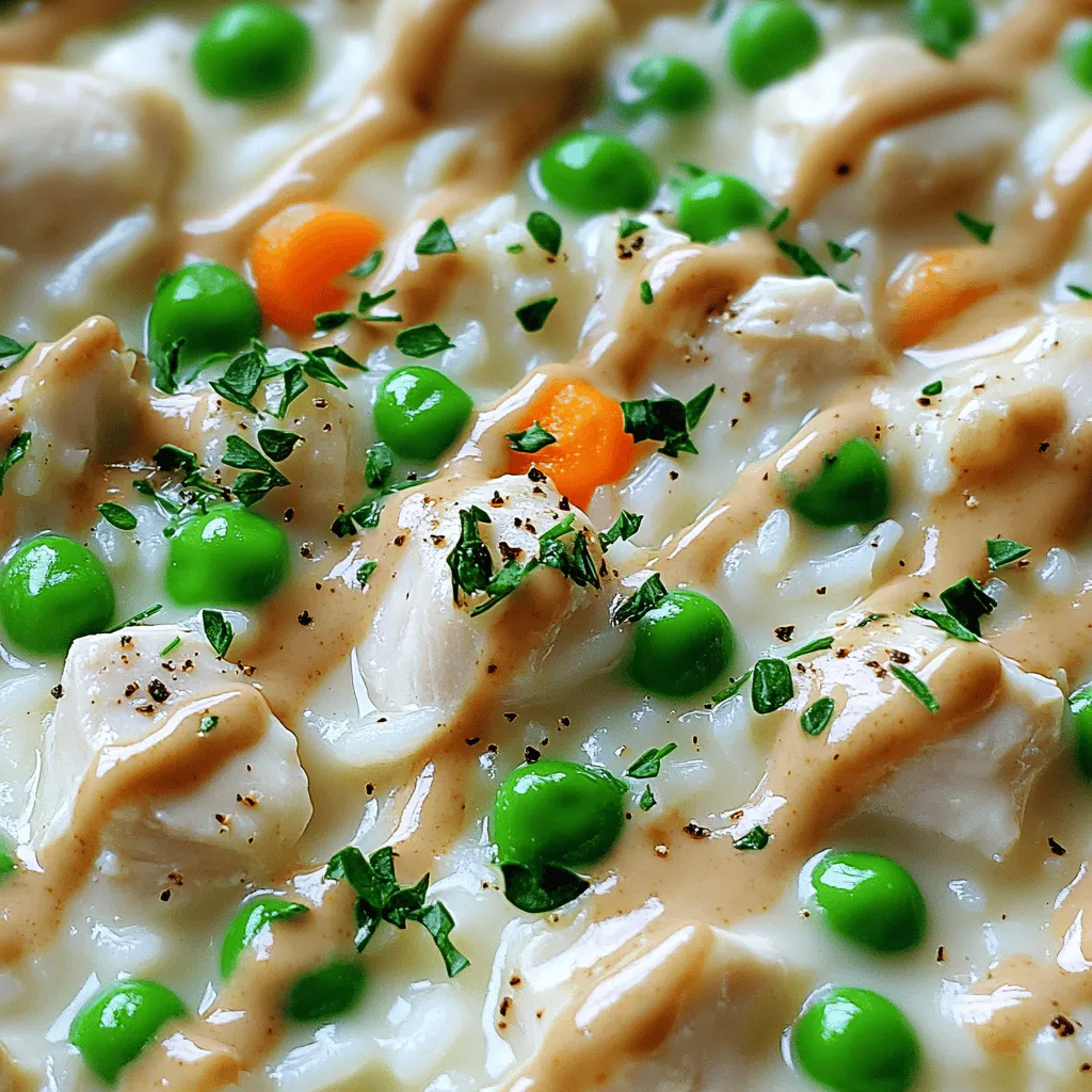 Um cremiges Hühnchen mit Reis zuzubereiten, brauchst du folgende Zutaten: - 2 Hähnchenbrustfilets, gewürfelt - 1 Tasse weißen Reis - 4 Tassen Hühnerbrühe - 1 Tasse Schlagsahne - 1 Esslöffel Olivenöl - 1 Zwiebel, fein gehackt - 2 Knoblauchzehen, fein gehackt - 1 Tasse gefrorene Erbsen und Karotten - 1 Teelöffel getrockneter Thymian - 1 Teelöffel Paprika - Salz und Pfeffer nach Geschmack - Frische Petersilie, gehackt (zum Garnieren) Diese Zutaten sind einfach zu finden und machen dein Gericht lecker. Die richtigen Gewürze machen den Unterschied. Thymian gibt dem Gericht eine schöne Kräuternote. Paprika bringt eine sanfte Süße. Vergiss nicht, Salz und Pfeffer hinzuzufügen. Diese Würze hebt die Aromen hervor. Frische Petersilie ist auch wichtig. Sie sorgt für Farbe und Frische. Du kannst auch andere Kräuter wie Oregano oder Rosmarin ausprobieren. Sei kreativ und finde deinen eigenen Geschmack. Cremiges Hühnchen mit Reis ist schon sehr sättigend. Doch Beilagen können das Essen noch besser machen. Hier sind einige Ideen: - Ein einfacher grüner Salat - Gedämpftes Gemüse wie Brokkoli oder grüne Bohnen - Knuspriges Brot oder Brötchen Mit diesen Beilagen hast du eine ausgewogene Mahlzeit. Du kannst auch einen frischen Dip dazu servieren. Probiere, was dir am besten schmeckt! Zuerst würfle die Hähnchenbrustfilets in kleine Stücke. Das macht das Kochen einfacher. Erhitze dann das Olivenöl in einer großen Pfanne. Wenn das Öl heiß ist, füge die Hähnchenstücke hinzu. Würze sie mit Salz, Pfeffer, Thymian und Paprika. Brate das Hähnchen für 5-7 Minuten an, bis es goldbraun ist. Danach nimm das Hähnchen aus der Pfanne und lege es beiseite. In derselben Pfanne kommen jetzt die fein gehackte Zwiebel und der Knoblauch. Brate sie für 3-4 Minuten an. Die Zwiebel sollte weich und durchsichtig werden. Das gibt dem Gericht viel Geschmack. Rühre zwischendurch um, damit nichts anbrennt. Jetzt ist es Zeit, den Reis hinzuzufügen. Gib den weißen Reis in die Pfanne und rühre ihn gut um. Lass ihn für etwa 2 Minuten anbraten. Das hilft, den Reis mit den Aromen zu verbinden. Gieße dann die Hühnerbrühe in die Pfanne und bringe sie zum Kochen. Reduziere die Hitze, decke die Pfanne ab und lass den Reis 15 Minuten köcheln. Der Reis sollte die Brühe aufnehmen und gar werden. Wenn der Reis fertig ist, füge die Schlagsahne hinzu. Gib auch die gefrorenen Erbsen und Karotten dazu. Rühre alles gut um, damit sich die Zutaten verbinden. Jetzt kommt das gekochte Hähnchen zurück in die Pfanne. Lass alles für weitere 5 Minuten simmern. So können sich die Aromen wunderbar vermischen. Schmecke das Gericht ab und füge nach Bedarf mehr Salz und Pfeffer hinzu. Wenn alles gut gewürzt ist, ist dein cremiges Hühnchen mit Reis bereit. Richte es auf Tellern an und garniere es mit frischer, gehackter Petersilie. Jetzt kannst du dein leckeres Gericht genießen! Für die kompletten Schritte schaue dir das [Full Recipe] an. Die Soße ist der Star dieses Gerichts. Um die perfekte Konsistenz zu erreichen, achte auf die Menge der Schlagsahne. Sie macht die Soße cremig. Beginne mit einer Tasse. Wenn du eine dickere Soße magst, füge mehr hinzu. Die Hühnerbrühe hilft auch. Sie bringt Tiefe und Geschmack. Koche alles sanft, damit die Aromen sich gut verbinden. Rühre regelmäßig um, um ein Anbrennen zu vermeiden. Zeitmanagement ist wichtig, besonders in der Küche. Bereite alle Zutaten vor, bevor du anfängst. Schneide das Hähnchen, hacke Zwiebel und Knoblauch und messe den Reis ab. Wenn du alles bereit hast, sparst du Zeit. Während das Hähnchen brät, kannst du die Zwiebeln anbraten. So geht alles schneller. Verwende einen Timer, um die Kochzeiten im Blick zu behalten. Ein häufiger Fehler ist das Überkochen des Reises. Achte darauf, die Hitze zu reduzieren, sobald die Brühe kocht. Abdecken ist wichtig, um Dampf zu halten. Ein anderer Fehler ist, die Soße nicht abzuschmecken. Probiere sie während des Kochens. Wenn du mehr Salz oder Gewürze brauchst, füge sie hinzu. Vergiss nicht, die Petersilie frisch zu hacken. Sie verleiht dem Gericht Farbe und Frische. Das sind einfache Schritte, aber sie machen einen großen Unterschied. {{image_4}} Du kannst dieses Gericht leicht vegetarisch machen. Ersetze das Hühnchen durch Tofu oder Kichererbsen. Die Zubereitung bleibt gleich. Das Ergebnis ist ebenso cremig und lecker. Fühle dich frei, mehr Gemüse hinzuzufügen! Möhren, Paprika oder Brokkoli passen gut. Sie bringen Farbe und Nährstoffe. Einfach das Gemüse zusammen mit der Zwiebel anbraten. So erhältst du mehr Textur und Geschmack. Wenn du es schärfer magst, füge Chili oder Curry hinzu. Beginne mit einer kleinen Menge. So kannst du die Schärfe kontrollieren. Du wirst überrascht sein, wie gut die Gewürze mit dem cremigen Reis harmonieren. Es macht das Gericht noch aufregender und schmackhafter. Um die Reste von cremigem Hühnchen und Reis gut zu lagern, nutze einen luftdichten Behälter. Lass das Gericht zuerst auf Raumtemperatur abkühlen. Danach kannst du es in den Kühlschrank stellen. So bleibt es frisch und lecker für bis zu drei Tage. Beim Aufwärmen empfehle ich, die Reste in einer Pfanne bei mittlerer Hitze zu erhitzen. Füge einen Schuss Hühnerbrühe oder Wasser hinzu, um die Feuchtigkeit zu erhalten. Du kannst auch die Mikrowelle nutzen. Stelle die Reste in eine mikrowellengeeignete Schüssel, decke sie ab und erwärme sie in kurzen Intervallen. Das Einfrieren von cremigem Hühnchen und Reis ist eine tolle Möglichkeit, Reste zu nutzen. Teile das Gericht in Portionen und lege diese in gefriergeeignete Beutel. Achte darauf, so viel Luft wie möglich zu entfernen. Im Gefrierfach bleibt es bis zu drei Monate frisch. Zum Auftauen lege die Portionen über Nacht in den Kühlschrank. Du kannst viele Dinge anpassen. Probiere verschiedene Gemüsesorten aus. Brokkoli oder Paprika geben mehr Farbe. Du kannst auch verschiedene Gewürze nutzen. Curry oder italienische Kräuter bieten neuen Geschmack. Wenn du es schärfer magst, füge Chili hinzu. Für eine glutenfreie Option benutze Quinoa statt Reis. Cremiges Hühnchen und Reis passt gut zu vielen Beilagen. Ein frischer Salat bringt einen tollen Kontrast. Auch gedünstetes Gemüse ist eine gute Wahl. Knoblauchbrot ergänzt das Gericht perfekt. Wenn du Kartoffeln magst, probiere Kartoffelpüree. Ja, du kannst die Sahne ersetzen. Griechischer Joghurt oder Kokosmilch sind gute Alternativen. Sie machen das Gericht leichter. Achte darauf, die Menge anzupassen. Wenn du Joghurt nimmst, füge ihn am Ende hinzu. So bleibt es cremig, ohne zu kochen. Das Gericht hält sich gut im Kühlschrank. Du kannst es 3 bis 4 Tage aufbewahren. Stelle sicher, dass es gut verpackt ist. Wenn du es länger aufbewahren willst, friere es ein. So bleibt der Geschmack erhalten. Das Gericht ist nahrhaft und lecker. Eine Portion enthält etwa 400 Kalorien. Es bietet viel Protein durch das Hähnchen. Der Reis liefert wichtige Kohlenhydrate. Die Erbsen und Karotten bringen Vitamine und Ballaststoffe. Dies macht es zu einer ausgewogenen Mahlzeit. Cremiges Hühnchen mit Reis ist einfach zuzubereiten. Wir haben wichtige Zutaten und Gewürze besprochen. Die Schritt-für-Schritt-Anleitung macht es leicht, dieses Gericht zu kochen. Tipps und Tricks helfen dir, die perfekte Soße zu machen. Du kannst auch Variationen ausprobieren, wie eine vegetarische Version. Achte auf die Lagerinformationen, damit Reste frisch bleiben. Experimentiere mit den Beilagen, um dein Gericht zu verfeinern. Kochen soll Spaß machen! Das Ergebnis wird dich und deine Familie begeistern.
