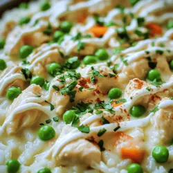 Um cremiges Hühnchen mit Reis zuzubereiten, brauchst du folgende Zutaten: - 2 Hähnchenbrustfilets, gewürfelt - 1 Tasse weißen Reis - 4 Tassen Hühnerbrühe - 1 Tasse Schlagsahne - 1 Esslöffel Olivenöl - 1 Zwiebel, fein gehackt - 2 Knoblauchzehen, fein gehackt - 1 Tasse gefrorene Erbsen und Karotten - 1 Teelöffel getrockneter Thymian - 1 Teelöffel Paprika - Salz und Pfeffer nach Geschmack - Frische Petersilie, gehackt (zum Garnieren) Diese Zutaten sind einfach zu finden und machen dein Gericht lecker. Die richtigen Gewürze machen den Unterschied. Thymian gibt dem Gericht eine schöne Kräuternote. Paprika bringt eine sanfte Süße. Vergiss nicht, Salz und Pfeffer hinzuzufügen. Diese Würze hebt die Aromen hervor. Frische Petersilie ist auch wichtig. Sie sorgt für Farbe und Frische. Du kannst auch andere Kräuter wie Oregano oder Rosmarin ausprobieren. Sei kreativ und finde deinen eigenen Geschmack. Cremiges Hühnchen mit Reis ist schon sehr sättigend. Doch Beilagen können das Essen noch besser machen. Hier sind einige Ideen: - Ein einfacher grüner Salat - Gedämpftes Gemüse wie Brokkoli oder grüne Bohnen - Knuspriges Brot oder Brötchen Mit diesen Beilagen hast du eine ausgewogene Mahlzeit. Du kannst auch einen frischen Dip dazu servieren. Probiere, was dir am besten schmeckt! Zuerst würfle die Hähnchenbrustfilets in kleine Stücke. Das macht das Kochen einfacher. Erhitze dann das Olivenöl in einer großen Pfanne. Wenn das Öl heiß ist, füge die Hähnchenstücke hinzu. Würze sie mit Salz, Pfeffer, Thymian und Paprika. Brate das Hähnchen für 5-7 Minuten an, bis es goldbraun ist. Danach nimm das Hähnchen aus der Pfanne und lege es beiseite. In derselben Pfanne kommen jetzt die fein gehackte Zwiebel und der Knoblauch. Brate sie für 3-4 Minuten an. Die Zwiebel sollte weich und durchsichtig werden. Das gibt dem Gericht viel Geschmack. Rühre zwischendurch um, damit nichts anbrennt. Jetzt ist es Zeit, den Reis hinzuzufügen. Gib den weißen Reis in die Pfanne und rühre ihn gut um. Lass ihn für etwa 2 Minuten anbraten. Das hilft, den Reis mit den Aromen zu verbinden. Gieße dann die Hühnerbrühe in die Pfanne und bringe sie zum Kochen. Reduziere die Hitze, decke die Pfanne ab und lass den Reis 15 Minuten köcheln. Der Reis sollte die Brühe aufnehmen und gar werden. Wenn der Reis fertig ist, füge die Schlagsahne hinzu. Gib auch die gefrorenen Erbsen und Karotten dazu. Rühre alles gut um, damit sich die Zutaten verbinden. Jetzt kommt das gekochte Hähnchen zurück in die Pfanne. Lass alles für weitere 5 Minuten simmern. So können sich die Aromen wunderbar vermischen. Schmecke das Gericht ab und füge nach Bedarf mehr Salz und Pfeffer hinzu. Wenn alles gut gewürzt ist, ist dein cremiges Hühnchen mit Reis bereit. Richte es auf Tellern an und garniere es mit frischer, gehackter Petersilie. Jetzt kannst du dein leckeres Gericht genießen! Für die kompletten Schritte schaue dir das [Full Recipe] an. Die Soße ist der Star dieses Gerichts. Um die perfekte Konsistenz zu erreichen, achte auf die Menge der Schlagsahne. Sie macht die Soße cremig. Beginne mit einer Tasse. Wenn du eine dickere Soße magst, füge mehr hinzu. Die Hühnerbrühe hilft auch. Sie bringt Tiefe und Geschmack. Koche alles sanft, damit die Aromen sich gut verbinden. Rühre regelmäßig um, um ein Anbrennen zu vermeiden. Zeitmanagement ist wichtig, besonders in der Küche. Bereite alle Zutaten vor, bevor du anfängst. Schneide das Hähnchen, hacke Zwiebel und Knoblauch und messe den Reis ab. Wenn du alles bereit hast, sparst du Zeit. Während das Hähnchen brät, kannst du die Zwiebeln anbraten. So geht alles schneller. Verwende einen Timer, um die Kochzeiten im Blick zu behalten. Ein häufiger Fehler ist das Überkochen des Reises. Achte darauf, die Hitze zu reduzieren, sobald die Brühe kocht. Abdecken ist wichtig, um Dampf zu halten. Ein anderer Fehler ist, die Soße nicht abzuschmecken. Probiere sie während des Kochens. Wenn du mehr Salz oder Gewürze brauchst, füge sie hinzu. Vergiss nicht, die Petersilie frisch zu hacken. Sie verleiht dem Gericht Farbe und Frische. Das sind einfache Schritte, aber sie machen einen großen Unterschied. {{image_4}} Du kannst dieses Gericht leicht vegetarisch machen. Ersetze das Hühnchen durch Tofu oder Kichererbsen. Die Zubereitung bleibt gleich. Das Ergebnis ist ebenso cremig und lecker. Fühle dich frei, mehr Gemüse hinzuzufügen! Möhren, Paprika oder Brokkoli passen gut. Sie bringen Farbe und Nährstoffe. Einfach das Gemüse zusammen mit der Zwiebel anbraten. So erhältst du mehr Textur und Geschmack. Wenn du es schärfer magst, füge Chili oder Curry hinzu. Beginne mit einer kleinen Menge. So kannst du die Schärfe kontrollieren. Du wirst überrascht sein, wie gut die Gewürze mit dem cremigen Reis harmonieren. Es macht das Gericht noch aufregender und schmackhafter. Um die Reste von cremigem Hühnchen und Reis gut zu lagern, nutze einen luftdichten Behälter. Lass das Gericht zuerst auf Raumtemperatur abkühlen. Danach kannst du es in den Kühlschrank stellen. So bleibt es frisch und lecker für bis zu drei Tage. Beim Aufwärmen empfehle ich, die Reste in einer Pfanne bei mittlerer Hitze zu erhitzen. Füge einen Schuss Hühnerbrühe oder Wasser hinzu, um die Feuchtigkeit zu erhalten. Du kannst auch die Mikrowelle nutzen. Stelle die Reste in eine mikrowellengeeignete Schüssel, decke sie ab und erwärme sie in kurzen Intervallen. Das Einfrieren von cremigem Hühnchen und Reis ist eine tolle Möglichkeit, Reste zu nutzen. Teile das Gericht in Portionen und lege diese in gefriergeeignete Beutel. Achte darauf, so viel Luft wie möglich zu entfernen. Im Gefrierfach bleibt es bis zu drei Monate frisch. Zum Auftauen lege die Portionen über Nacht in den Kühlschrank. Du kannst viele Dinge anpassen. Probiere verschiedene Gemüsesorten aus. Brokkoli oder Paprika geben mehr Farbe. Du kannst auch verschiedene Gewürze nutzen. Curry oder italienische Kräuter bieten neuen Geschmack. Wenn du es schärfer magst, füge Chili hinzu. Für eine glutenfreie Option benutze Quinoa statt Reis. Cremiges Hühnchen und Reis passt gut zu vielen Beilagen. Ein frischer Salat bringt einen tollen Kontrast. Auch gedünstetes Gemüse ist eine gute Wahl. Knoblauchbrot ergänzt das Gericht perfekt. Wenn du Kartoffeln magst, probiere Kartoffelpüree. Ja, du kannst die Sahne ersetzen. Griechischer Joghurt oder Kokosmilch sind gute Alternativen. Sie machen das Gericht leichter. Achte darauf, die Menge anzupassen. Wenn du Joghurt nimmst, füge ihn am Ende hinzu. So bleibt es cremig, ohne zu kochen. Das Gericht hält sich gut im Kühlschrank. Du kannst es 3 bis 4 Tage aufbewahren. Stelle sicher, dass es gut verpackt ist. Wenn du es länger aufbewahren willst, friere es ein. So bleibt der Geschmack erhalten. Das Gericht ist nahrhaft und lecker. Eine Portion enthält etwa 400 Kalorien. Es bietet viel Protein durch das Hähnchen. Der Reis liefert wichtige Kohlenhydrate. Die Erbsen und Karotten bringen Vitamine und Ballaststoffe. Dies macht es zu einer ausgewogenen Mahlzeit. Cremiges Hühnchen mit Reis ist einfach zuzubereiten. Wir haben wichtige Zutaten und Gewürze besprochen. Die Schritt-für-Schritt-Anleitung macht es leicht, dieses Gericht zu kochen. Tipps und Tricks helfen dir, die perfekte Soße zu machen. Du kannst auch Variationen ausprobieren, wie eine vegetarische Version. Achte auf die Lagerinformationen, damit Reste frisch bleiben. Experimentiere mit den Beilagen, um dein Gericht zu verfeinern. Kochen soll Spaß machen! Das Ergebnis wird dich und deine Familie begeistern.