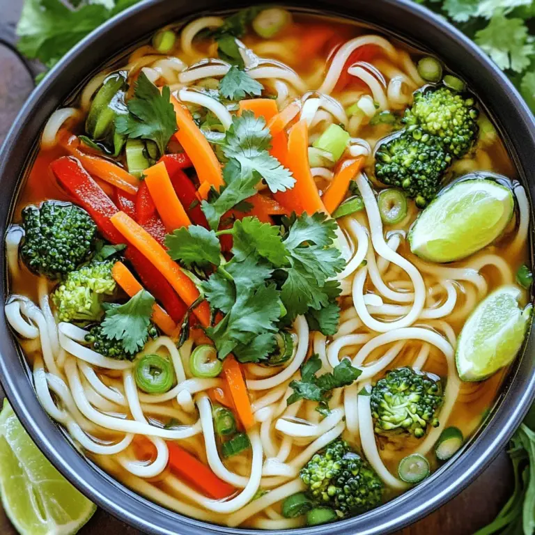 Für eine schmackhafte Thai Nudelsuppe brauchen Sie einige einfache, frische Zutaten. Diese sind: - 150 g Reisnudeln - 1 Esslöffel Pflanzenöl - 2 Knoblauchzehen, fein gehackt - 2,5 cm frischer Ingwer, geschält und gerieben - 1 kleine Zwiebel, dünn geschnitten - 1 Karotte, in Julienne geschnitten - 1 rote Paprika, dünn geschnitten - 200 g Brokkoli-Röschen - 750 ml Gemüsebrühe Diese Zutaten bieten die Basis für den Geschmack der Suppe. Die Kombination von Gemüse sorgt für Farbe und Textur. Die Gewürze machen die Suppe besonders lecker. Sie benötigen: - 1 Esslöffel Sojasauce - 1 Esslöffel Limettensaft - 1 Esslöffel Kokoszucker (oder brauner Zucker) - Frischer Koriander zum Garnieren - Geschnittene Frühlingszwiebeln zum Garnieren - Limettenspalten zum Servieren Die Sojasauce gibt der Suppe Tiefe. Der Limettensaft bringt Frische, während der Kokoszucker eine süße Note hinzufügt. Reisnudeln sind der Schlüssel zu einer guten Nudelsuppe. Ich empfehle, die dünnen, flachen Reisnudeln zu verwenden. Diese sind leicht und nehmen den Geschmack der Brühe gut auf. Achten Sie darauf, die Nudeln nach Packungsanweisung zu kochen. So bleiben sie perfekt in der Suppe. Sie sind auch glutenfrei, was sie zu einer tollen Wahl für viele Menschen macht. Zuerst müssen wir alle Zutaten sammeln. Hier ist eine einfache Liste: - 150 g Reisnudeln - 1 Esslöffel Pflanzenöl - 2 Knoblauchzehen, fein gehackt - 2,5 cm frischer Ingwer, geschält und gerieben - 1 kleine Zwiebel, dünn geschnitten - 1 Karotte, in Julienne geschnitten - 1 rote Paprika, dünn geschnitten - 200 g Brokkoli-Röschen - 750 ml Gemüsebrühe - 1 Esslöffel Sojasauce - 1 Esslöffel Limettensaft - 1 Esslöffel Kokoszucker (oder brauner Zucker) - Frischer Koriander zum Garnieren - Geschnittene Frühlingszwiebeln zum Garnieren - Limettenspalten zum Servieren Jetzt bereiten Sie die Reisnudeln zu. Kochen Sie sie nach Anleitung auf der Packung. Wenn sie fertig sind, lassen Sie sie abtropfen und spülen Sie sie mit kaltem Wasser. Das verhindert, dass sie zusammenkleben. Stellen Sie die Nudeln dann beiseite. Nehmen Sie einen großen Topf und erhitzen Sie das Pflanzenöl bei mittlerer Hitze. Fügen Sie den gehackten Knoblauch und den geriebenen Ingwer hinzu. Braten Sie beides etwa 1-2 Minuten an, bis es gut duftet. Dann kommen die geschnittene Zwiebel, Karotte, rote Paprika und Brokkoli-Röschen in den Topf. Braten Sie das Gemüse für etwa 5 Minuten. Es soll leicht zart werden, aber immer noch schön bunt bleiben. Gießen Sie nun die Gemüsebrühe in den Topf. Fügen Sie die Sojasauce, den Limettensaft und den Kokoszucker hinzu. Rühren Sie alles gut um und bringen Sie die Suppe zum sanften Kochen. Reduzieren Sie die Hitze und lassen Sie die Suppe für etwa 10 Minuten köcheln. So verbinden sich die Aromen gut. Jetzt fügen Sie die gekochten Reisnudeln zur Suppe hinzu. Rühren Sie vorsichtig um, damit die Nudeln gleichmäßig verteilt sind. Lassen Sie die Nudeln für 2-3 Minuten in der Suppe erwärmen. Probieren Sie die Suppe und passen Sie die Würze an. Vielleicht möchten Sie mehr Sojasauce oder Limettensaft hinzufügen. Servieren Sie die heiße Suppe in tiefen Schalen. Garnieren Sie sie mit frischem Koriander und geschnittenen Frühlingszwiebeln. Legen Sie Limettenspalten an die Seite. So kann jeder den spritzigen Geschmack nach Belieben hinzufügen. Genießen Sie Ihre einfache Thai Nudelsuppe! Für die vollständige Zubereitung schauen Sie sich das [Full Recipe] an. Um den Geschmack Ihrer Thai-Nudelsuppe zu perfektionieren, starten Sie mit frischen Zutaten. Gemüse wie Karotten und Paprika bringt Farbe und Süße. Der Knoblauch und der Ingwer geben der Suppe Tiefe. Verwenden Sie eine hochwertige Gemüsebrühe für den besten Geschmack. Zum Schluss können Sie Sojasauce und Limettensaft schrittweise hinzufügen. So finden Sie den perfekten Geschmack für Ihre Vorlieben. Vermeiden Sie es, die Nudeln zu lange zu kochen. Sie sollten al dente sein, um die beste Textur zu erhalten. Prüfen Sie auch die Brühe vor dem Servieren. Manchmal braucht sie mehr Salz oder Säure. Ein weiterer häufiger Fehler ist, die Suppe nicht lange genug köcheln zu lassen. Lassen Sie die Aromen mindestens zehn Minuten ziehen, damit sie gut vermischt sind. Die Schärfe Ihrer Suppe können Sie leicht anpassen. Für eine milde Suppe lassen Sie die roten Chilis weg. Mögen Sie es schärfer, fügen Sie frische Chilis oder Chili-Paste hinzu. Auch der Limettensaft kann helfen, die Schärfe auszugleichen. Probieren Sie während des Kochens aus, bis Sie den gewünschten Grad an Schärfe erreicht haben. {{image_4}} Für eine vegetarische oder vegane Thai Nudelsuppe können Sie einige einfache Anpassungen vornehmen. Verwenden Sie Gemüsebrühe anstelle von Hühnerbrühe. Dies macht die Suppe rein pflanzlich. Fügen Sie mehr Gemüse hinzu, um die Suppe nahrhaft zu machen. Möhren, Kürbis oder Spinat passen gut. Tofu ist eine hervorragende Proteinquelle. Braten Sie ihn leicht an, bevor Sie ihn zur Suppe geben. Dies bringt zusätzlichen Geschmack. Wenn Sie mehr Protein hinzufügen möchten, gibt es viele Optionen. Hähnchenbrust oder Garnelen sind klassische Wahlmöglichkeiten. Kochen Sie diese separat und fügen Sie sie am Ende hinzu. Sie können auch Linsen oder Kichererbsen verwenden. Diese sind gesund und fügen Textur hinzu. In der Suppe schmecken sie sehr gut. Eine weitere Option sind Eier. Sie können sie weich gekocht oder pochiert hinzufügen. Die Auswahl an Gemüse ist riesig. Sie können kreativ sein! Brokkoli, Paprika und Karotten sind beliebt, aber probieren Sie auch Zucchini oder grüne Bohnen. Pilze bringen einen erdigen Geschmack. Auch Erbsen sind eine tolle Ergänzung. Sie geben der Suppe Farbe und Süße. Denken Sie an die Saison. Frisches Gemüse hat oft mehr Geschmack. Kombinieren Sie verschiedene Sorten für mehr Abwechslung! Um die Nudelsuppe frisch zu halten, lasse sie vollständig abkühlen. Lagere sie dann in einem luftdichten Behälter. So bleibt der Geschmack lange erhalten. Ich empfehle, die Suppe innerhalb von drei Tagen zu essen. Achte darauf, die Nudeln nicht in der Suppe zu lassen, da sie weich werden können. Wenn du Reste hast, teile die Suppe in Portionen auf. Nutze kleine Behälter, um die Reste zu lagern. Du kannst die Brühe separat aufbewahren und die Nudeln in einem anderen Behälter lagern. So bleibt alles frisch. Beschrifte die Behälter mit dem Datum. So weißt du, wann du sie verwenden musst. Um die Suppe zu erwärmen, gib sie in einen Topf. Erhitze sie bei mittlerer Hitze. Rühre hin und wieder um, damit sie gleichmäßig warm wird. Wenn die Nudeln zu weich sind, füge etwas frische Brühe hinzu. So erhält die Suppe ihre ursprüngliche Konsistenz zurück. Du kannst auch frisches Gemüse oder Kräuter hinzufügen, um den Geschmack aufzufrischen. Die Zubereitung der Nudelsuppe dauert etwa 30 Minuten. Davon sind 10 Minuten für die Vorbereitung und 20 Minuten für das Kochen. So haben Sie schnell eine köstliche Mahlzeit auf dem Tisch. Ja, Sie können die Zutaten nach Ihrem Geschmack ändern. Verwenden Sie Ihr Lieblingsgemüse oder ersetzen Sie die Reisnudeln durch andere Nudelsorten. Fügen Sie Tofu, Hühnchen oder Garnelen hinzu, um mehr Protein zu bekommen. Seien Sie kreativ, um Ihre perfekte Nudelsuppe zu finden. Zu dieser Nudelsuppe passen frische Frühlingsrollen oder knusprige Brötchen sehr gut. Auch ein einfacher grüner Salat mit Limettendressing ist eine gute Wahl. Diese Beilagen ergänzen das Gericht gut und machen das Essen noch besser. Diese Blogbeitrag hat Ihnen die Vorbereitung einer leckeren Nudelsuppe nähergebracht. Wir haben über die Hauptzutaten, die besten Gewürze und die perfekte Nudelauswahl gesprochen. Ich gab eine Schritt-für-Schritt-Anleitung, um die Suppe richtig zu kochen und zu servieren. Wir haben auch Tipps gegeben, um den Geschmack zu verbessern und häufige Fehler zu vermeiden. Denken Sie daran, dass Variationen und Lagerung ebenfalls wichtig sind. Genießen Sie die Suppe und passen Sie sie nach Ihrem Geschmack an!