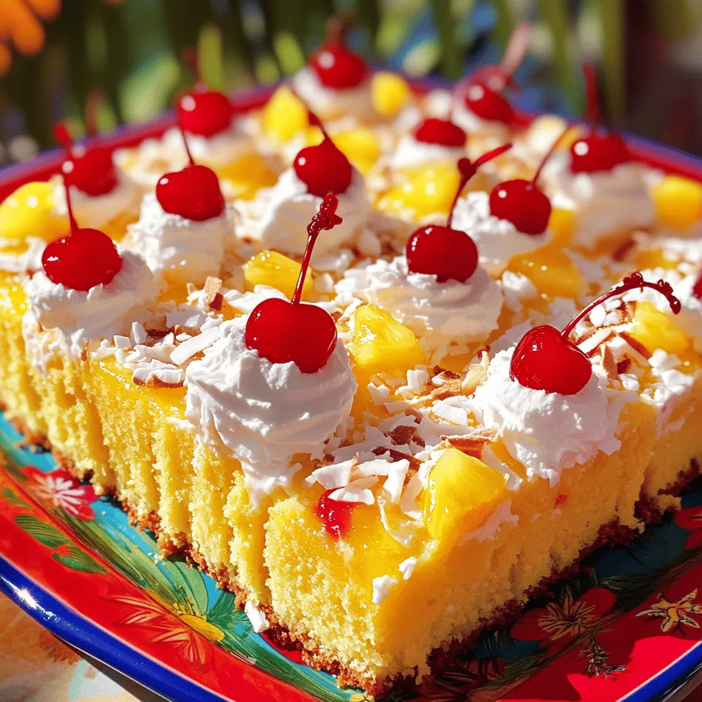 Für diesen leckeren Kuchen brauchst du einige Grundzutaten. Hier sind die Hauptzutaten, die du benötigst: - 1 Packung gelbe Kuchenmischung - 3 große Eier - 1 Tasse Kokosmilch (aus der Dose) - 1/2 Tasse Pflanzenöl - 1 Tasse Ananassaft (1/4 Tasse für das Topping aufbewahren) - 1 Tasse gesüßte, geraspelte Kokosnuss Diese Zutaten geben deinem Kuchen die perfekte Basis. Die gelbe Kuchenmischung sorgt für einen leicht süßen Geschmack. Kokosmilch und Ananassaft bringen tropische Aromen mit. Um den Kuchen schön zu machen, brauchst du auch einige Dekorationszutaten: - 1/2 Tasse schwere Sahne - 2 Esslöffel Puderzucker - 1/2 Tasse Maraschinokirschen für die Garnierung - Geröstete Kokosflocken zur Dekoration Die schwere Sahne mit Puderzucker ist der perfekte Abschluss für deinen Kuchen. Die Kirschen und die gerösteten Kokosflocken geben dem Kuchen den letzten Schliff. Die Wahl der Zutaten ist wichtig für den Geschmack. Achte auf frische Produkte. Für die Kokosmilch solltest du eine hochwertige Marke wählen. Sie hat einen reichhaltigen, cremigen Geschmack. Wenn du die Eier kaufst, wähle frische, biologische Eier. Sie machen deinen Kuchen fluffiger. Für die Ananassaftwahl, gehe auf 100% Saft ohne Zuckerzusatz. Das verbessert den Geschmack. Wenn du die gesüßte Kokosnuss kaufst, prüfe die Zutatenliste. Weniger Zusatzstoffe sind besser. Mit diesen Tipps wählst du die besten Zutaten für deinen tropischen Paradies Poke Kuchen. Für das vollständige Rezept klicke auf [Full Recipe]. Heize deinen Ofen auf 175°C vor. Das ist wichtig für einen gleichmäßigen Kuchen. Fette eine Backform von 9x13 Zoll gut ein. Du kannst Butter oder Öl verwenden. Dies hilft, den Kuchen später leicht herauszunehmen. In einer großen Schüssel vermische die gelbe Kuchenmischung, die 3 Eier, die Kokosmilch und das Pflanzenöl. Füge 3/4 Tasse Ananassaft hinzu. Rühre alles gut durch, bis der Teig glatt ist. Gieße den Teig in die Backform. Backe den Kuchen für 25 bis 30 Minuten. Überprüfe mit einem Zahnstocher, ob der Kuchen fertig ist. Wenn der Zahnstocher sauber herauskommt, ist der Kuchen bereit. Lass den Kuchen etwa 10 Minuten in der Form abkühlen. Steche dann mit einer Gabel Löcher gleichmäßig auf die Oberseite. Diese Löcher sind wichtig, damit die leckere Mischung eindringen kann. Das macht den Kuchen besonders saftig und aromatisch. Für die nächste Schritte, folge dem [Full Recipe]. Um die perfekte Konsistenz für Ihren Poke Cake zu erreichen, ist es wichtig, die Zutaten gut zu vermischen. Achten Sie darauf, die Eier und die Kokosmilch gründlich in die Mischung einzuarbeiten. Ein glatter Teig sorgt für eine gleichmäßige Textur. Backen Sie den Kuchen nicht zu lange. Ein Zahnstocher sollte sauber herauskommen, aber der Kuchen darf nicht trocken sein. Poke Cakes bieten viele Möglichkeiten für Füllungen. Neben Ananassaft können Sie auch Beeren oder andere Fruchtsäfte verwenden. Denken Sie an Erdbeeren, Himbeeren oder sogar Zitronensaft. Diese Füllungen geben dem Kuchen frische Aromen. Für ein schokoladiges Erlebnis können Sie Schokoladenpudding verwenden. Experimentieren Sie mit verschiedenen Geschmäckern, um Ihren eigenen perfekten Poke Cake zu finden. Die Dekoration macht Ihren Poke Cake zum Hingucker. Verwenden Sie frische Früchte wie Kirschen oder Erdbeeren obenauf. Eine Schicht Sahne bringt Cremigkeit und sieht toll aus. Streuen Sie geröstete Kokosnussflocken über den Kuchen für einen zusätzlichen Crunch. Für festliche Anlässe können Sie kleine Schirme oder bunte Streusel hinzufügen. So wird Ihr Kuchen nicht nur lecker, sondern auch schön anzusehen. {{image_4}} Für einen fruchtigen Poke Cake können Sie verschiedene Früchte verwenden. Sie können Erdbeeren, Himbeeren oder sogar Mangostücke hinzufügen. Diese geben dem Kuchen einen frischen Geschmack. Schneiden Sie die Früchte klein und mischen Sie sie in die Füllung. Eine fruchtige Füllung macht jeden Biss noch besser. Wenn Sie keine Kokosnuss mögen, probieren Sie andere Optionen. Himbeersaft oder Erdbeersaft eignen sich gut. Diese Säfte geben dem Kuchen eine fruchtige Tiefe. Für die Füllung können Sie auch Vanillepudding verwenden. So machen Sie den Kuchen noch leckerer und interessanter. Es gibt viele Wege, einen Poke Cake glutenfrei oder vegan zu machen. Verwenden Sie glutenfreie Kuchenmischung für die Basis. Ersetzen Sie die Eier durch Apfelmus oder Leinsamen. Für die Füllung können Sie Pflanzenmilch und vegane Sahne nutzen. So bleibt der Kuchen köstlich und für alle geeignet. Ich lade Sie ein, die verschiedenen Variationen auszuprobieren und Ihre eigenen Kreationen zu schaffen. Der tropische Paradies Poke Kuchen ist nur der Anfang! Um den Poke Cake frisch zu halten, decken Sie ihn gut ab. Nutzen Sie Frischhaltefolie oder einen luftdichten Behälter. So bleibt der Kuchen feucht und lecker. Lagern Sie ihn im Kühlschrank, wenn er nicht sofort verzehrt wird. Im Kühlschrank hält der Poke Cake etwa 3 bis 5 Tage. Wenn Sie ihn länger aufbewahren möchten, können Sie ihn einfrieren. Schneiden Sie den Kuchen in Stücke und wickeln Sie diese gut ein. Im Gefrierschrank hält er bis zu 3 Monate. Denken Sie daran, die Sahne und die Dekoration erst nach dem Auftauen hinzuzufügen. Wenn Ihr Kuchen trocken ist, gibt es einfache Tricks. Befeuchten Sie ihn mit etwas frischem Ananassaft oder Kokosmilch. Sie können auch etwas einfache Sirupmischung verwenden. Einfach Wasser und Zucker im gleichen Verhältnis erhitzen, bis der Zucker aufgelöst ist. Träufeln Sie den Sirup über den Kuchen, um ihm mehr Feuchtigkeit zu geben. So schmeckt er wieder frisch und saftig. Ein Poke Cake bleibt frisch für etwa 3 bis 5 Tage im Kühlschrank. Achte darauf, ihn gut abzudecken. So bleibt der Kuchen saftig und lecker. Nach ein paar Tagen kann die Konsistenz sich ändern. Der Kuchen könnte trocken werden. Wenn du ihn länger hast, friere ihn ein. Das hilft, die Frische zu bewahren. Ja, du kannst verschiedene Pudding- und Gelatine-Aromen ausprobieren. Schokoladenpudding bringt einen tollen Geschmack. Vanille oder Erdbeere sind ebenfalls beliebt. Achte darauf, die Aromen mit den anderen Zutaten abzustimmen. Experimentiere ruhig! Das macht das Backen spannend und kreativ. Ein Poke Cake ohne Backmischung ist einfach zu machen. Du kannst dein eigenes Rezept für einen Rührkuchen verwenden. Mische Mehl, Zucker, Eier, Butter und Milch. Backe den Kuchen wie gewohnt. Steche dann die Löcher und füge die Füllung hinzu, wie es im [Full Recipe] beschrieben ist. So kannst du jeden Poke Cake nach deinem Geschmack gestalten! Der tropische Paradies Poke Kuchen ist ein Genuss für jeden Anlass. Wir haben die besten Zutaten und Dekorationsideen besprochen. Auch Tipps zur perfekten Konsistenz und Varianten für Füllungen wurden geteilt. Du kannst den Kuchen einfach aufbewahren, um ihn später zu genießen. Achte auf die Haltbarkeit im Kühlschrank und im Gefrierschrank. Mit diesen Tricks bereitest du sicher einen Kuchen zu, der alle begeistert. Probiere verschiedene Früchte und Aromen aus, um deinen eigenen Twist zu finden. Viel Spaß beim Backen!