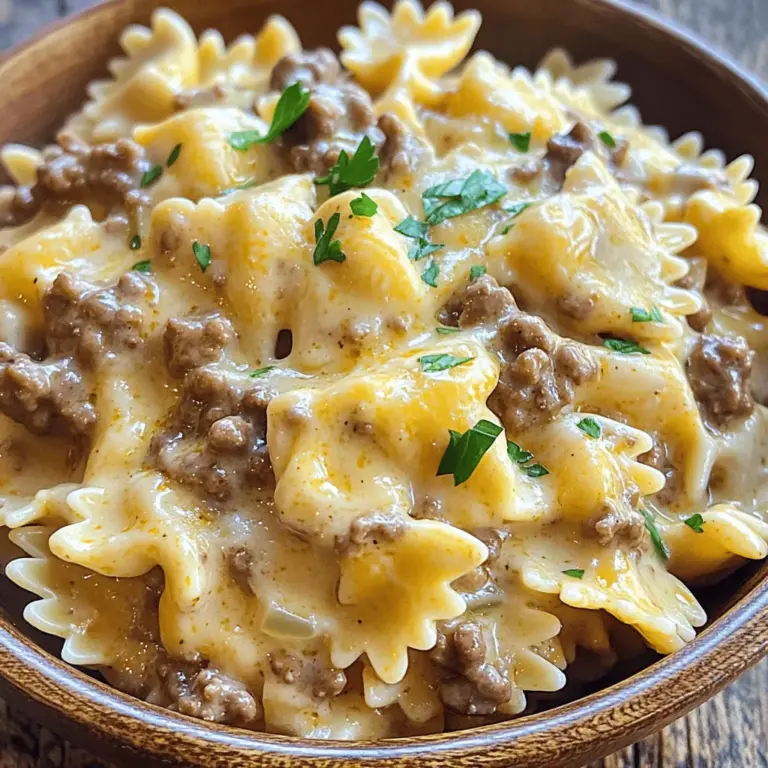 Um Bowtie Pasta mit cremiger Velveeta-Rindfleischsauce zuzubereiten, benötigen Sie einige einfache Zutaten. Für das Rezept brauchen Sie 340 g Schmetterlingsnudeln, 450 g Rinderhackfleisch, eine kleine Zwiebel, zwei Knoblauchzehen, 240 ml Rinderbrühe, eine Dose Champignon-Cremesuppe, 225 g Velveeta-Käse, 240 ml saure Sahne, italienische Kräuter sowie Salz und Pfeffer nach Geschmack. Frische Petersilie zum Garnieren macht das Gericht noch schöner.