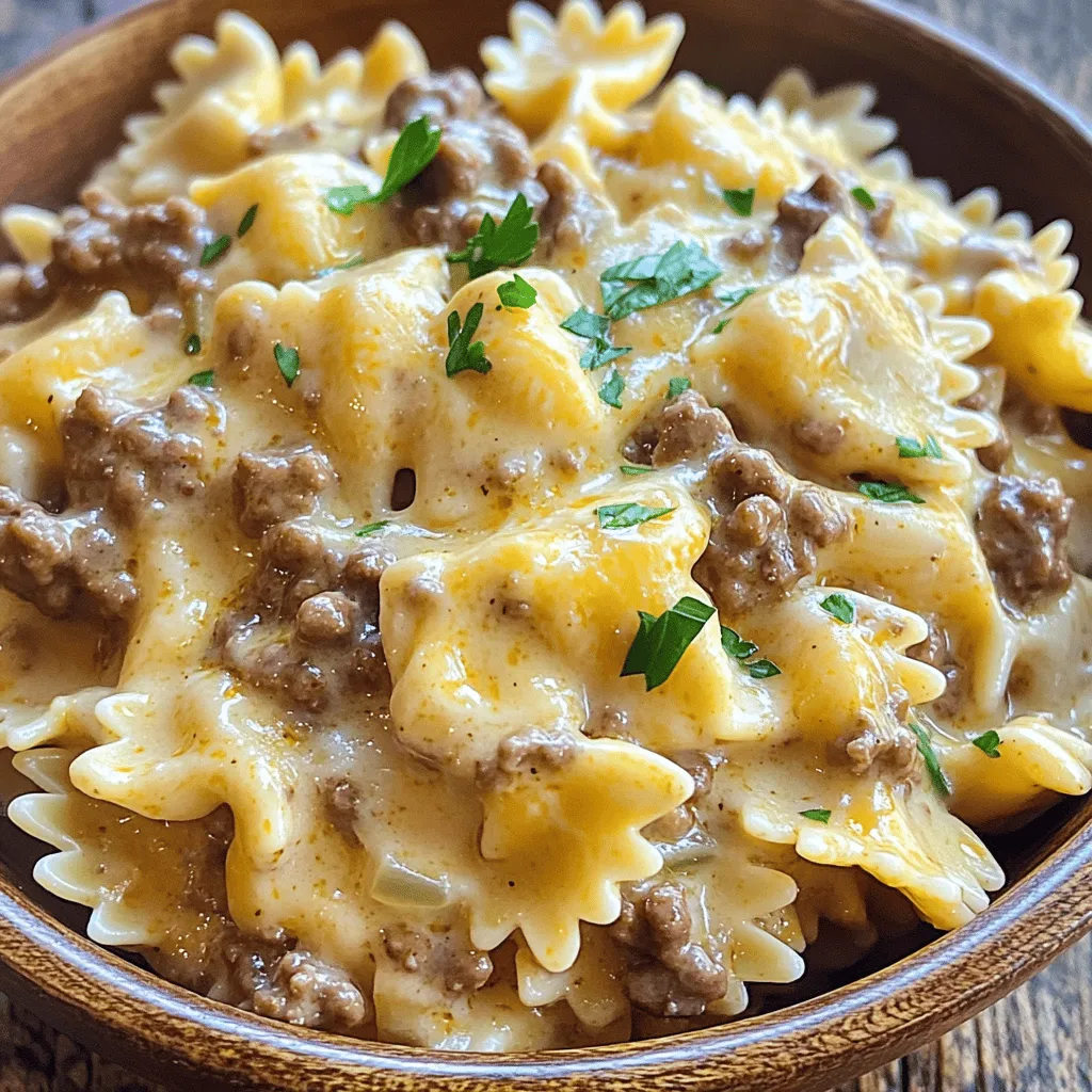 Um Bowtie Pasta mit cremiger Velveeta-Rindfleischsauce zuzubereiten, benötigen Sie einige einfache Zutaten. Für das Rezept brauchen Sie 340 g Schmetterlingsnudeln, 450 g Rinderhackfleisch, eine kleine Zwiebel, zwei Knoblauchzehen, 240 ml Rinderbrühe, eine Dose Champignon-Cremesuppe, 225 g Velveeta-Käse, 240 ml saure Sahne, italienische Kräuter sowie Salz und Pfeffer nach Geschmack. Frische Petersilie zum Garnieren macht das Gericht noch schöner.