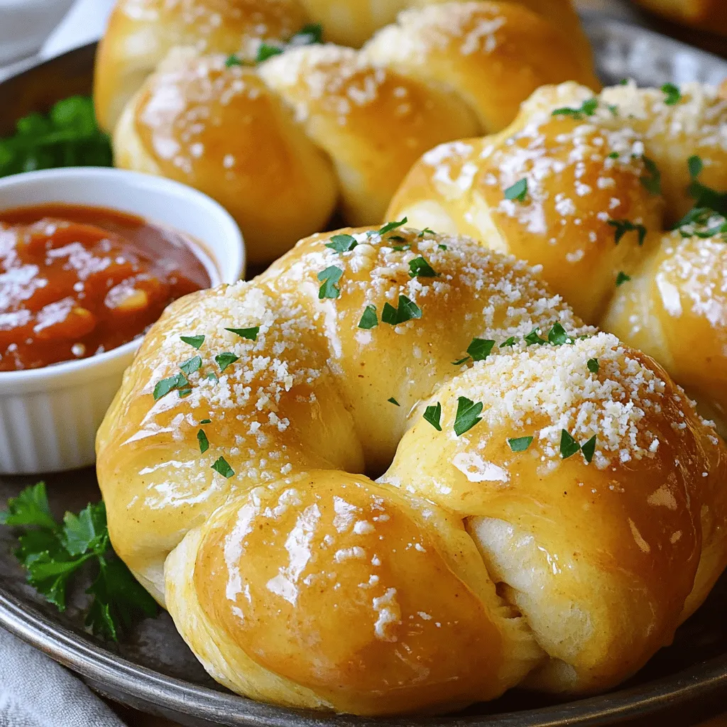 Um Knoblauch Knoten zu machen, benötigst du einige wichtige Zutaten. Diese Zutaten sind einfach zu finden und machen den Knoten besonders lecker. Hier sind die Hauptzutaten: - 450 g Pizzateig (fertig gekauft oder selbstgemacht) - 4 Esslöffel ungesalzene Butter, geschmolzen - 4 Knoblauchzehen, fein gehackt - 2 Teelöffel getrockneter Oregano - ½ Teelöffel rote Pfefferflocken (nach Belieben) - 60 g geriebener Parmesan - 2 Esslöffel frische Petersilie, gehackt - Salz nach Geschmack - Marinara-Sauce zum Dippen (optional) Es gibt viele Möglichkeiten, den Pizzateig zu ersetzen. Wenn du keinen Pizzateig magst, kannst du auch andere Teige verwenden. Hier sind einige Alternativen: - Blätterteig für eine knusprige Textur - Brot- oder Baguette-Teig für einen herzhaften Geschmack - Glutenfreier Teig für eine glutenfreie Option Jede dieser Alternativen gibt deinen Knoblauch Knoten einen neuen Twist! Um den Geschmack deiner Knoblauch Knoten zu verbessern, kannst du verschiedene Gewürze und Kräuter hinzufügen. Hier sind einige tolle Ideen: - Frischer Rosmarin für einen starken Geschmack - Basilikum, um eine mediterrane Note zu bringen - Thymian für eine erdige Tiefe Experimentiere mit diesen Kräutern, um deine eigenen, einzigartigen Knoten zu kreieren. Für die besten Ergebnisse, verwende frische Kräuter. Heizen Sie Ihren Ofen auf 220°C vor. Das ist wichtig für knusprige Knoten. Legen Sie ein Backblech mit Backpapier aus. So bleibt der Teig nicht kleben. Stellen Sie alle Zutaten bereit, damit Sie schnell arbeiten können. Nehmen Sie den Pizzateig und teilen Sie ihn in 12 gleich große Stücke. Rollen Sie jedes Stück auf einer bemehlten Fläche. Machen Sie daraus etwa 15-20 cm lange Seile. Binden Sie jedes Seil zu einem Knoten. Platzieren Sie die Knoten auf dem Backblech. Achten Sie darauf, dass sie genug Platz haben, um aufzugehen. In einer kleinen Schüssel vermischen Sie die geschmolzene Butter mit gehacktem Knoblauch, Oregano, roten Pfefferflocken und einer Prise Salz. Rühren Sie gut um. Bestreichen Sie die Knoten großzügig mit dieser Mischung. Streuen Sie dann geriebenen Parmesan darüber. Garnieren Sie sie mit frischer Petersilie. Diese Schritte verleihen den Knoten den perfekten Geschmack. Für die vollständige Zubereitung, schauen Sie sich das [Full Recipe] an. Um fluffige und leckere Knoten zu machen, verwenden Sie frischen Pizzateig. Lassen Sie den Teig vor dem Formen ruhen. Dies hilft, die Glutenstruktur zu entspannen. Achten Sie darauf, die Knoten nicht zu fest zu binden. Lassen Sie ihnen Raum, um zu gehen. Der Ofen sollte gut vorgeheizt sein. Eine hohe Temperatur sorgt für eine schöne Bräunung. Ein häufiger Fehler ist, den Teig zu überarbeiten. Dies macht die Knoten hart. Achten Sie darauf, die Knoten gleichmäßig zu backen. Wenn einige Knoten kleiner sind, backen sie schneller. Überprüfen Sie die Knoten während des Backens. So vermeiden Sie, dass sie zu dunkel werden. Wenn Sie andere Aromen mögen, können Sie die Kräuter anpassen. Fügen Sie frischen Basilikum oder Thymian hinzu. Für einen würzigen Kick können Sie mehr rote Pfefferflocken verwenden. Wenn Sie Käse lieben, probieren Sie Mozzarella oder Feta. Diese Anpassungen bringen neue Geschmäcker in die Knoten. Sie können auch die Marinara-Sauce durch eine Knoblauch-Kräuter-Dip-Sauce ersetzen. Für das vollständige Rezept klicken Sie auf [Full Recipe]. {{image_4}} Gefüllte Knoblauch Knoten sind ein wahrer Genuss. Fügen Sie Käse in die Mitte der Knoten hinzu, um einen herzhaften Biss zu erhalten. Sie können Mozzarella oder Cheddar verwenden. Diese Knoten sind besonders lecker, wenn sie frisch aus dem Ofen kommen. Der geschmolzene Käse zieht beim Abbeißen und sorgt für Freude. Die Geschmäcker sind verschieden, also probieren Sie neue Kräuter und Gewürze aus. Basilikum und Thymian bringen frische Aromen. Für mehr Wärme können Sie Chili-Flocken hinzufügen. Auch eine Prise Paprika gibt den Knoten mehr Tiefe. Experimentieren Sie und finden Sie Ihre Lieblingskombination. Wenn Sie eine vegane oder glutenfreie Diät haben, gibt es Optionen für Sie. Verwenden Sie glutenfreien Pizzateig, den Sie im Laden kaufen können oder selbst machen. Statt Butter verwenden Sie pflanzliche Margarine. Für den Käse können Sie Nusskäse oder Hefeflocken nutzen. Diese Variationen sind genauso lecker und voller Geschmack. Für das vollständige Rezept und weitere Tipps schauen Sie sich bitte die vollständige Anleitung an. Um die Knoblauch Knoten frisch zu halten, lege sie in einen luftdichten Behälter. Stelle sicher, dass sie vollständig abgekühlt sind, bevor du sie lagerst. So verhinderst du, dass sie matschig werden. Du kannst auch ein Blatt Küchenpapier hinzufügen, um Feuchtigkeit zu absorbieren. Um die Knoten aufzuwärmen, heize deinen Ofen auf 180 °C vor. Lege die Knoten auf ein Backblech. Backe sie für 5 bis 7 Minuten, bis sie warm sind. Alternativ kannst du die Knoten in der Mikrowelle auf einem mikrowellengeeigneten Teller für 20 bis 30 Sekunden erwärmen. Das macht sie weich, kann aber die Knusprigkeit verlieren. Im Kühlschrank halten die Knoblauch Knoten bis zu 3 Tage. Achte darauf, sie gut zu verpacken. Wenn du sie länger aufbewahren möchtest, friere sie ein. Im Gefrierschrank sind sie bis zu 3 Monate haltbar. Um sie aufzutauen, lasse sie über Nacht im Kühlschrank. Du kannst sie dann wie oben beschrieben aufwärmen. Die Zubereitung der Knoblauch Knoten dauert etwa 30 Minuten. Davon sind 15 Minuten für die Vorbereitung und 12-15 Minuten für das Backen nötig. In der Zeit können Sie die Knoten binden und die Knoblauchbutter zubereiten. Ja, Sie können die Knoten im Voraus machen. Bereiten Sie sie bis zum Backen vor und lagern Sie sie im Kühlschrank. Backen Sie sie einfach frisch, wenn Sie bereit sind zu servieren. Fertige Knoblauch Knoten finden Sie in vielen Pizzerien und Bäckereien. Auch einige Supermärkte bieten sie in der Tiefkühlabteilung an. Schauen Sie dort nach. Marinara-Sauce ist der klassische Dip für Knoblauch Knoten. Sie können auch Knoblauchsoße oder Kräuterbutter verwenden. Diese Dips passen gut zu den herzhaften Knoten. Knoblauchknoten sind einfach zuzubereiten und voller Geschmack. Sie brauchen nur wenige Zutaten und eine einfache Anleitung. Denken Sie daran, die richtigen Gewürze zu wählen und Fehler zu vermeiden. Variieren Sie das Rezept nach Ihrem Geschmack, z. B. mit Käse oder Kräutern. Lagern Sie die Knoten richtig, damit sie frisch bleiben. Mit diesen Tipps und Tricks können Sie köstliche Knoblauchknoten kreieren. Genießen Sie jeden Bissen und teilen Sie sie mit Freunden. Viel Spaß beim Ausprobieren!
