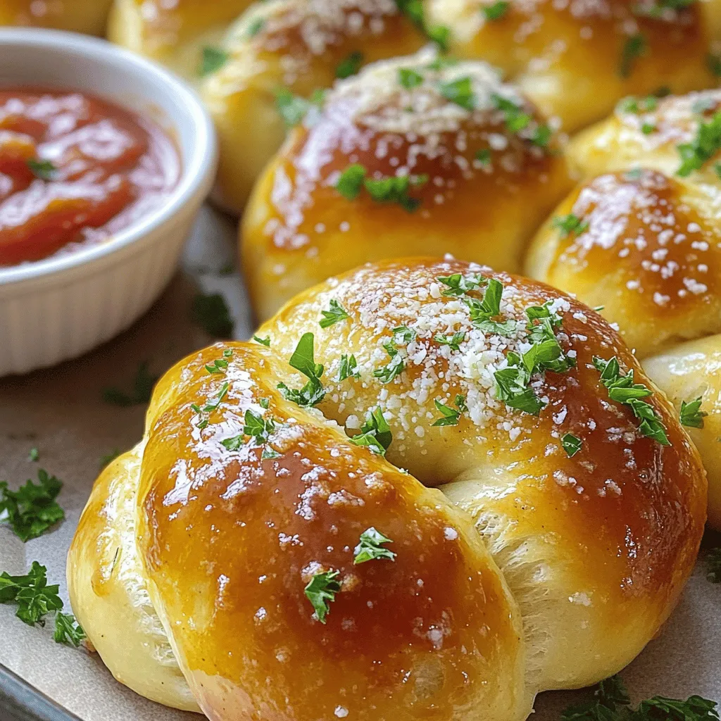 Um Knoblauch Knoten zu machen, benötigst du einige wichtige Zutaten. Diese Zutaten sind einfach zu finden und machen den Knoten besonders lecker. Hier sind die Hauptzutaten: - 450 g Pizzateig (fertig gekauft oder selbstgemacht) - 4 Esslöffel ungesalzene Butter, geschmolzen - 4 Knoblauchzehen, fein gehackt - 2 Teelöffel getrockneter Oregano - ½ Teelöffel rote Pfefferflocken (nach Belieben) - 60 g geriebener Parmesan - 2 Esslöffel frische Petersilie, gehackt - Salz nach Geschmack - Marinara-Sauce zum Dippen (optional) Es gibt viele Möglichkeiten, den Pizzateig zu ersetzen. Wenn du keinen Pizzateig magst, kannst du auch andere Teige verwenden. Hier sind einige Alternativen: - Blätterteig für eine knusprige Textur - Brot- oder Baguette-Teig für einen herzhaften Geschmack - Glutenfreier Teig für eine glutenfreie Option Jede dieser Alternativen gibt deinen Knoblauch Knoten einen neuen Twist! Um den Geschmack deiner Knoblauch Knoten zu verbessern, kannst du verschiedene Gewürze und Kräuter hinzufügen. Hier sind einige tolle Ideen: - Frischer Rosmarin für einen starken Geschmack - Basilikum, um eine mediterrane Note zu bringen - Thymian für eine erdige Tiefe Experimentiere mit diesen Kräutern, um deine eigenen, einzigartigen Knoten zu kreieren. Für die besten Ergebnisse, verwende frische Kräuter. Heizen Sie Ihren Ofen auf 220°C vor. Das ist wichtig für knusprige Knoten. Legen Sie ein Backblech mit Backpapier aus. So bleibt der Teig nicht kleben. Stellen Sie alle Zutaten bereit, damit Sie schnell arbeiten können. Nehmen Sie den Pizzateig und teilen Sie ihn in 12 gleich große Stücke. Rollen Sie jedes Stück auf einer bemehlten Fläche. Machen Sie daraus etwa 15-20 cm lange Seile. Binden Sie jedes Seil zu einem Knoten. Platzieren Sie die Knoten auf dem Backblech. Achten Sie darauf, dass sie genug Platz haben, um aufzugehen. In einer kleinen Schüssel vermischen Sie die geschmolzene Butter mit gehacktem Knoblauch, Oregano, roten Pfefferflocken und einer Prise Salz. Rühren Sie gut um. Bestreichen Sie die Knoten großzügig mit dieser Mischung. Streuen Sie dann geriebenen Parmesan darüber. Garnieren Sie sie mit frischer Petersilie. Diese Schritte verleihen den Knoten den perfekten Geschmack. Für die vollständige Zubereitung, schauen Sie sich das [Full Recipe] an. Um fluffige und leckere Knoten zu machen, verwenden Sie frischen Pizzateig. Lassen Sie den Teig vor dem Formen ruhen. Dies hilft, die Glutenstruktur zu entspannen. Achten Sie darauf, die Knoten nicht zu fest zu binden. Lassen Sie ihnen Raum, um zu gehen. Der Ofen sollte gut vorgeheizt sein. Eine hohe Temperatur sorgt für eine schöne Bräunung. Ein häufiger Fehler ist, den Teig zu überarbeiten. Dies macht die Knoten hart. Achten Sie darauf, die Knoten gleichmäßig zu backen. Wenn einige Knoten kleiner sind, backen sie schneller. Überprüfen Sie die Knoten während des Backens. So vermeiden Sie, dass sie zu dunkel werden. Wenn Sie andere Aromen mögen, können Sie die Kräuter anpassen. Fügen Sie frischen Basilikum oder Thymian hinzu. Für einen würzigen Kick können Sie mehr rote Pfefferflocken verwenden. Wenn Sie Käse lieben, probieren Sie Mozzarella oder Feta. Diese Anpassungen bringen neue Geschmäcker in die Knoten. Sie können auch die Marinara-Sauce durch eine Knoblauch-Kräuter-Dip-Sauce ersetzen. Für das vollständige Rezept klicken Sie auf [Full Recipe]. {{image_4}} Gefüllte Knoblauch Knoten sind ein wahrer Genuss. Fügen Sie Käse in die Mitte der Knoten hinzu, um einen herzhaften Biss zu erhalten. Sie können Mozzarella oder Cheddar verwenden. Diese Knoten sind besonders lecker, wenn sie frisch aus dem Ofen kommen. Der geschmolzene Käse zieht beim Abbeißen und sorgt für Freude. Die Geschmäcker sind verschieden, also probieren Sie neue Kräuter und Gewürze aus. Basilikum und Thymian bringen frische Aromen. Für mehr Wärme können Sie Chili-Flocken hinzufügen. Auch eine Prise Paprika gibt den Knoten mehr Tiefe. Experimentieren Sie und finden Sie Ihre Lieblingskombination. Wenn Sie eine vegane oder glutenfreie Diät haben, gibt es Optionen für Sie. Verwenden Sie glutenfreien Pizzateig, den Sie im Laden kaufen können oder selbst machen. Statt Butter verwenden Sie pflanzliche Margarine. Für den Käse können Sie Nusskäse oder Hefeflocken nutzen. Diese Variationen sind genauso lecker und voller Geschmack. Für das vollständige Rezept und weitere Tipps schauen Sie sich bitte die vollständige Anleitung an. Um die Knoblauch Knoten frisch zu halten, lege sie in einen luftdichten Behälter. Stelle sicher, dass sie vollständig abgekühlt sind, bevor du sie lagerst. So verhinderst du, dass sie matschig werden. Du kannst auch ein Blatt Küchenpapier hinzufügen, um Feuchtigkeit zu absorbieren. Um die Knoten aufzuwärmen, heize deinen Ofen auf 180 °C vor. Lege die Knoten auf ein Backblech. Backe sie für 5 bis 7 Minuten, bis sie warm sind. Alternativ kannst du die Knoten in der Mikrowelle auf einem mikrowellengeeigneten Teller für 20 bis 30 Sekunden erwärmen. Das macht sie weich, kann aber die Knusprigkeit verlieren. Im Kühlschrank halten die Knoblauch Knoten bis zu 3 Tage. Achte darauf, sie gut zu verpacken. Wenn du sie länger aufbewahren möchtest, friere sie ein. Im Gefrierschrank sind sie bis zu 3 Monate haltbar. Um sie aufzutauen, lasse sie über Nacht im Kühlschrank. Du kannst sie dann wie oben beschrieben aufwärmen. Die Zubereitung der Knoblauch Knoten dauert etwa 30 Minuten. Davon sind 15 Minuten für die Vorbereitung und 12-15 Minuten für das Backen nötig. In der Zeit können Sie die Knoten binden und die Knoblauchbutter zubereiten. Ja, Sie können die Knoten im Voraus machen. Bereiten Sie sie bis zum Backen vor und lagern Sie sie im Kühlschrank. Backen Sie sie einfach frisch, wenn Sie bereit sind zu servieren. Fertige Knoblauch Knoten finden Sie in vielen Pizzerien und Bäckereien. Auch einige Supermärkte bieten sie in der Tiefkühlabteilung an. Schauen Sie dort nach. Marinara-Sauce ist der klassische Dip für Knoblauch Knoten. Sie können auch Knoblauchsoße oder Kräuterbutter verwenden. Diese Dips passen gut zu den herzhaften Knoten. Knoblauchknoten sind einfach zuzubereiten und voller Geschmack. Sie brauchen nur wenige Zutaten und eine einfache Anleitung. Denken Sie daran, die richtigen Gewürze zu wählen und Fehler zu vermeiden. Variieren Sie das Rezept nach Ihrem Geschmack, z. B. mit Käse oder Kräutern. Lagern Sie die Knoten richtig, damit sie frisch bleiben. Mit diesen Tipps und Tricks können Sie köstliche Knoblauchknoten kreieren. Genießen Sie jeden Bissen und teilen Sie sie mit Freunden. Viel Spaß beim Ausprobieren!
