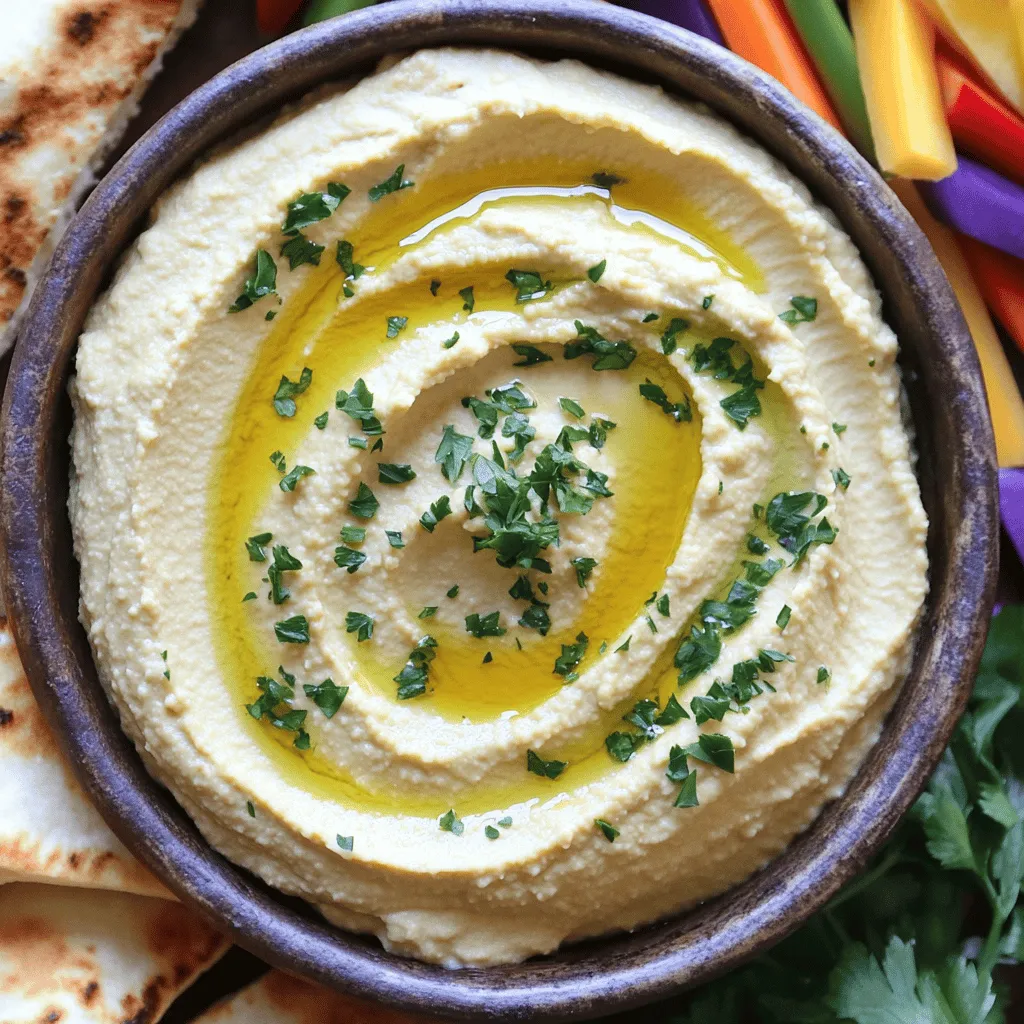 Für ein leckeres Hummus brauchst du einige Hauptzutaten. Hier sind sie: - 1 Dose (425 g) Kichererbsen, abgetropft und abgespült - 60 ml Tahini - 30 ml Olivenöl - 2 Knoblauchzehen, fein gehackt - 30 ml Zitronensaft - 1/2 Teelöffel gemahlener Kreuzkümmel - 1/4 Teelöffel geräuchertes Paprikapulver - Salz nach Geschmack - Eiswasser (nach Bedarf) - Frische Petersilie, gehackt (zum Garnieren) - Zusätzliches Olivenöl (zum Beträufeln) Diese Zutaten bilden die Basis für deinen Hummus. Die Kichererbsen geben die Hauptstruktur. Tahini fügt eine cremige Textur hinzu, während Olivenöl den Geschmack abrundet. Achte darauf, frische und hochwertige Zutaten zu wählen. Gute Kichererbsen sind wichtig. Wenn du frische Kichererbsen verwendest, koche sie gut. Achte beim Kauf von Tahini auf die Qualität. Es sollte eine glatte und cremige Konsistenz haben. Verwende frische Knoblauchzehen für einen intensiv guten Geschmack. Zitronensaft ist ein Muss! Er bringt Frische ins Hummus. Wähle reifen, saftigen Zitronen. Verwende auch gutes Olivenöl. Hochwertiges Öl macht deinen Hummus noch besser. Wenn du keine Kichererbsen magst, probiere andere Hülsenfrüchte. Weiße Bohnen oder schwarze Bohnen sind tolle Alternativen. Tahini kann durch Sonnenblumenkerne ersetzt werden. Diese geben auch einen nussigen Geschmack. Du kannst auch verschiedene Öle testen. Avocadoöl ist eine gute Option. Es verleiht dem Hummus einen einzigartigen Geschmack. Für eine scharfe Note füge etwas Chili oder Cayennepfeffer hinzu. Diese Alternativen machen deinen Hummus spannend und neu! Bevor du mit dem Hummus beginnst, lege alle Zutaten bereit. Du brauchst: - 1 Dose (425 g) Kichererbsen, abgetropft und abgespült - 60 ml Tahini - 30 ml Olivenöl - 2 Knoblauchzehen, fein gehackt - 30 ml Zitronensaft - 1/2 Teelöffel gemahlener Kreuzkümmel - 1/4 Teelöffel geräuchertes Paprikapulver - Salz nach Geschmack - Eiswasser (nach Bedarf) - Frische Petersilie, gehackt (zum Garnieren) - Zusätzliches Olivenöl (zum Beträufeln) Stelle sicher, dass du eine Küchenmaschine hast. Sie macht das Mixen einfach und schnell. Gib alle Zutaten in die Küchenmaschine. Achte darauf, dass die Kichererbsen gut abgetropft sind. Mixe, bis die Mischung glatt und cremig ist. Möglicherweise musst du die Mischung mit einem Spatel von den Rändern schieben. Wenn der Hummus zu dick ist, füge langsam Eiswasser hinzu. Mach das einen Esslöffel nach dem anderen. Mixe weiter, bis du die gewünschte Konsistenz hast. Probiere den Hummus, um sicherzustellen, dass er gut schmeckt. Füge mehr Salz, Zitronensaft oder Kreuzkümmel hinzu, wenn nötig. Wenn der Hummus schön cremig ist, gib ihn in eine Servierschüssel. Träufle etwas Olivenöl darüber und bestreue ihn mit frisch gehackter Petersilie. Serviere den Hummus mit Pita-Brot, frischen Gemüsesticks oder Crackern. Es ist ein perfekter Snack für jeden Anlass. Um die perfekte Hummus-Konsistenz zu erzielen, beginne mit hochwertigen Zutaten. Mixe die Kichererbsen gut, bis sie sehr glatt sind. Wenn die Masse zu dick ist, füge langsam Eiswasser hinzu. Mach das in kleinen Mengen. So kannst du die Konsistenz gut kontrollieren. Ziel ist eine cremige und luftige Textur. Wenn du magst, kannst du auch einen Spritzer Olivenöl hinzufügen. Das bringt noch mehr Glanz und Geschmack. Ein häufiger Fehler ist, nicht genug zu mixen. Viele Leute hören zu früh auf und merken nicht, dass ihre Hummus-Masse noch klumpig ist. Mixe die Mischung mindestens zwei bis drei Minuten lang. Achte darauf, dass du die Wände der Schüssel abkratzst. Ein weiterer Fehler ist, zu viel Salz hinzuzufügen, ohne zu probieren. Schmecke die Mischung immer ab, bevor du mehr Gewürze hinzufügst. So vermeidest du, dass der Hummus zu salzig wird. Um deinem Hummus mehr Leben zu geben, probiere verschiedene Aromen. Du kannst geröstete rote Paprika hinzufügen für eine süßere Note. Auch frischer Koriander oder Minze geben einen frischen Geschmack. Wenn du es schärfer magst, füge etwas Chili-Pulver oder frische Jalapeños hinzu. Ein Hauch von Zitronenschale bringt Frische und Tiefe. Experimentiere mit verschiedenen Zutaten. Jede neue Kombination kann dein Rezept aufpeppen. So wird dein Hummus immer wieder spannend und köstlich. {{image_4}} Du kannst Hummus leicht anpassen. Probiere verschiedene Gewürze aus. Füge mehr Kreuzkümmel hinzu für einen warmen, erdigen Geschmack. Paprika gibt deinem Hummus einen rauchigen Akzent. Wenn du es schärfer magst, füge etwas Cayennepfeffer hinzu. Für frische Aromen sind frische Kräuter wie Basilikum oder Koriander großartig. Experimentiere und finde deine Lieblingskombination. Hummus ist von Natur aus vegan und glutenfrei. Alle Zutaten sind pflanzlich und enthalten kein Gluten. Achte nur darauf, dass deine Gewürze und Tahini keine Zusatzstoffe haben. Du kannst auch Kichererbsen aus der Dose verwenden, um Zeit zu sparen. So bleibt dein Hummus gesund und lecker. Du kannst Hummus auch mit anderen Zutaten aufpeppen. Füge geröstete rote Paprika hinzu, um eine süßere Note zu bekommen. Avocado bringt eine cremige Textur und gesunde Fette. Wenn du es fruchtig magst, probiere etwas Mango oder Ananas. Diese Kombinationen geben deinem Hummus eine neue Dimension. Lass deiner Kreativität freien Lauf und genieße die Vielfalt! Hummus ist einfach lecker und kann gut aufbewahrt werden. Hier sind einige Tipps, damit dein Hummus frisch bleibt. Bewahre Hummus in einem luftdichten Behälter auf. Das schützt ihn vor Luft und Feuchtigkeit. Schichte etwas Olivenöl oben auf den Hummus, bevor du den Deckel schließt. Das hilft, die Frische zu erhalten. Im Kühlschrank hält sich Hummus etwa 4 bis 7 Tage. Achte darauf, vor dem Essen immer daran zu riechen. Wenn er komisch riecht oder sich die Farbe ändert, wirf ihn weg. Hummus kann auch eingefroren werden! Fülle ihn in einen gefrierfesten Behälter oder einen Gefrierbeutel. Du kannst auch Portionen einfrieren, die du später nutzen möchtest. Im Gefrierschrank bleibt er bis zu 3 Monate frisch. Wenn du ihn wieder auftauen möchtest, lass ihn über Nacht im Kühlschrank. Rühre ihn gut durch, bevor du ihn servierst, um die Konsistenz zu verbessern. Um Hummus cremig zu machen, benutze eine Küchenmaschine. Mixe die Kichererbsen, Tahini, Olivenöl, Knoblauch, Zitronensaft, Kreuzkümmel, Paprika und Salz gut. Wenn die Mischung dick ist, füge langsam Eiswasser hinzu. Ein Esslöffel nach dem anderen hilft, die Konsistenz zu verbessern. Mixe weiter, bis alles glatt ist. Ja, du kannst Kichererbsen selbst kochen. Beginne mit getrockneten Kichererbsen. Weiche sie über Nacht ein. Am nächsten Tag koche sie in frischem Wasser für etwa 1 bis 2 Stunden. Prüfe, ob sie weich sind. Abtropfen und abspülen, bevor du sie für Hummus verwendest. Hummus hält sich im Kühlschrank etwa 4 bis 7 Tage. Stelle sicher, dass du ihn in einem luftdichten Behälter aufbewahrst. Wenn du ihn länger aufbewahren willst, kannst du ihn auch einfrieren. Du kannst Hummus mit vielen Sachen servieren. Pita-Brot ist sehr beliebt. Rohes Gemüse wie Karotten, Gurken und Paprika schmecken auch gut dazu. Auch Cracker oder nach Belieben Brot passen super. Ja, Hummus ist gesund! Er enthält viele Nährstoffe. Kichererbsen sind reich an Protein und Ballaststoffen. Tahini bietet gesunde Fette. Hummus ist eine gute Wahl für Snacks oder als Dip. Du kannst ihn oft genießen, ohne dir Sorgen zu machen. Hummus ist einfach zuzubereiten und macht Spaß. In diesem Artikel habe ich die Hauptzutaten erläutert und Tipps zur Auswahl gegeben. Du hast viele Möglichkeiten für Variationen und kannst deine eigenen Kreationen schaffen. Ich habe auch erklärt, wie du die perfekte Konsistenz erreichst und häufige Fehler vermeidest. Denke daran, die Lagerung richtig zu handhaben, um die Frische zu sichern. Jetzt bist du bereit, deinen eigenen Hummus zu machen und zu genießen!