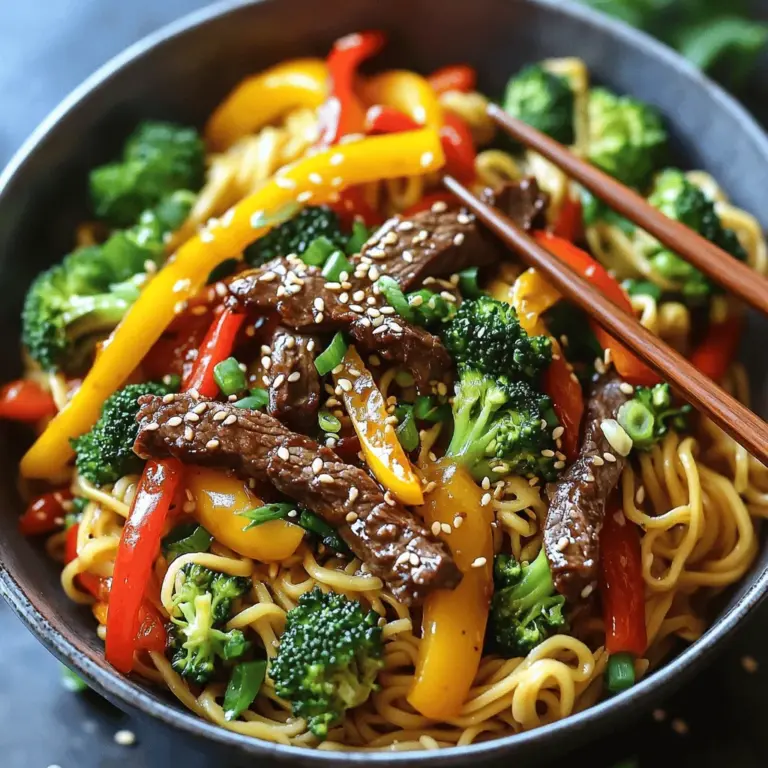 Für dieses leckere Gericht benötigen Sie: - 200 g Rinderfilet, dünn geschnitten - 250 g Eiernudeln - 1 rote Paprika, in Julienne geschnitten - 1 gelbe Paprika, in Julienne geschnitten - 1 Tasse Brokkoliröschen - 2 Knoblauchzehen, fein gehackt - 2,5 cm frischer Ingwer, gerieben Diese Zutaten bilden die Basis für den Geschmack. Das Rinderfilet sorgt für zarte Bisse und die Eiernudeln machen das Gericht sättigend. Die Paprika und der Brokkoli bringen frische Aromen und Farben ins Spiel. Um dem Gericht den richtigen Kick zu geben, brauchen Sie: - 3 Esslöffel Sojasauce - 1 Esslöffel Austernsauce - 1 Esslöffel Sesamöl - 1 Esslöffel Pflanzenöl - 1 Teelöffel Chiliflocken (optional) - Salz und Pfeffer nach Geschmack Die Sojasauce und Austernsauce liefern Tiefe. Sesamöl bringt nussige Noten. Chiliflocken fügen etwas Hitze hinzu, doch das bleibt Ihnen überlassen. Fühlen Sie sich frei, zusätzliches Gemüse hinzuzufügen. Hier sind einige Ideen: - Karotten, in dünne Scheiben geschnitten - Zucchini, gewürfelt - Erbsen oder Bohnen Frisches Gemüse macht das Gericht noch gesünder und bunter. Es gibt viele Möglichkeiten, um Ihren eigenen Twist zu kreieren. Für das vollständige Rezept schauen Sie sich die Details an. Kochen Sie die Eiernudeln nach den Anweisungen auf der Verpackung. Lassen Sie sie abtropfen und legen Sie sie beiseite. Diese Nudeln sind weich und nehmen die Aromen gut auf. Erhitzen Sie das Pflanzenöl in einer großen Pfanne oder einem Wok. Wenn das Öl heiß ist, fügen Sie das dünn geschnittene Rindfleisch hinzu. Braten Sie es für 2-3 Minuten an. Es sollte braun sein, aber noch nicht durchgegart. Nehmen Sie das Rindfleisch aus der Pfanne und stellen Sie es zur Seite. Geben Sie den gehackten Knoblauch und den geriebenen Ingwer in die Pfanne. Braten Sie beides für etwa 30 Sekunden an. Dann fügen Sie die in Julienne geschnittenen Paprika und Brokkoliröschen hinzu. Braten Sie das Gemüse für 3-4 Minuten. Es sollte zart, aber knackig bleiben. Geben Sie das Rindfleisch zurück in die Pfanne. Gießen Sie die Sojasauce, die Austernsauce und das Sesamöl darüber. Rühren Sie gut um, damit sich alles vermischt. Fügen Sie die gekochten Eiernudeln in die Pfanne hinzu. Vermengen Sie alle Zutaten gründlich. Lassen Sie das Gericht weitere 2-3 Minuten garen. Schmecken Sie mit Chiliflocken, Salz und Pfeffer ab. Garnieren Sie mit gehackten Frühlingszwiebeln, bevor Sie servieren. Genießen Sie Ihr schmackhaftes Gericht! Für das vollständige Rezept, siehe den Abschnitt [Full Recipe]. Um zartes Rindfleisch zu bekommen, schneiden Sie es immer gegen die Faser. Das bedeutet, dass Sie die Muskelfasern durchtrennen. So bleibt das Fleisch weich. Marinieren Sie das Rindfleisch auch für mindestens 30 Minuten. Verwenden Sie Sojasauce und etwas Öl in der Marinade. Diese Mischung hilft, das Fleisch zart zu machen. Die Garzeit für Gemüse ist wichtig. Zu langes Kochen macht das Gemüse matschig. Braten Sie das Gemüse bei mittlerer Hitze an. Brokkoli braucht etwa 3-4 Minuten. Paprika wird in 4 Minuten zart. Prüfen Sie das Gemüse oft. Es soll knackig und leuchtend bleiben. Manchmal mögen Sie anderes Gemüse oder Protein. Brokkoli kann durch Zucchini ersetzt werden. Auch Erbsen oder Karotten passen gut. Statt Rindfleisch können Sie Hähnchen oder Tofu verwenden. Diese Varianten bieten neue Geschmäcker und machen das Gericht aufregend. Denken Sie daran, die Garzeiten anzupassen. So bleibt alles frisch und lecker. Für das vollständige Rezept schauen Sie sich bitte die [Full Recipe] an. {{image_4}} Sie können für Ihr Rindfleisch-Nudel-Pfannengericht viele Nudelarten ausprobieren. Anstelle von Eiernudeln nutzen Sie Reisnudeln oder udon. Reisnudeln sind leicht und zart. Udon-Nudeln sind dick und sättigend. Beide bringen einen eigenen Geschmack und eine besondere Textur. Experimentieren mit verschiedenen Nudeln macht Ihr Gericht interessanter und abwechslungsreicher. Die Saucen sind der Schlüssel zu einem leckeren Geschmack. Sie können die Sojasauce nach Belieben variieren. Probieren Sie auch Teriyaki- oder Hoisin-Sauce für süßere Noten. Fügen Sie etwas Zitronensaft hinzu, um Frische zu bekommen. Ein Spritzer Chili-Soße kann das Gericht schärfer machen. Die Anpassung der Saucen macht Ihr Pfannengericht einzigartig und ganz nach Ihrem Geschmack. Nüsse bringen einen tollen Crunch und zusätzlichen Geschmack. Cashewkerne oder Erdnüsse passen gut zu Rindfleisch-Nudeln. Sie fügen auch gesunde Fette hinzu. Wenn Sie mehr Protein möchten, können Sie Hähnchen oder Garnelen anstelle von Rindfleisch verwenden. Diese Optionen machen das Gericht vielseitig und sättigend. Mixen Sie verschiedene Zutaten für ein neues Geschmackserlebnis. Um die Reste von Beef Noodle Stir Fry frisch zu halten, lass das Gericht zuerst abkühlen. Danach füllst du es in einen luftdichten Behälter. So bleibt der Geschmack erhalten. Du kannst die Reste bis zu drei Tage im Kühlschrank aufbewahren. Achte darauf, dass der Behälter gut verschlossen ist, um Austrocknen zu vermeiden. Das Einfrieren ist eine gute Möglichkeit, Reste länger zu lagern. Fülle das abgekühlte Gericht in einen gefriergeeigneten Behälter. Achte darauf, etwas Platz zu lassen, da die Speisen beim Einfrieren expandieren. Beef Noodle Stir Fry kann bis zu drei Monate eingefroren werden. Beschrifte den Behälter mit dem Datum, damit du weißt, wie lange es schon gefroren ist. Zum Wiedererwärmen nimm das Pfannengericht aus dem Kühlschrank oder Gefrierfach. Wenn es gefroren ist, lasse es zuerst im Kühlschrank auftauen. Du kannst das Gericht in einer Pfanne oder Mikrowelle erwärmen. Bei der Pfanne füge etwas Wasser oder Öl hinzu, um ein Ankleben zu verhindern. Rühre das Gericht gut um, damit es gleichmäßig heiß wird. Achte darauf, dass das Rindfleisch nicht zu lange gart, damit es zart bleibt. Du kannst das Pfannengericht bis zu drei Tage im Kühlschrank aufbewahren. Stelle sicher, dass du das Gericht in einem luftdichten Behälter lagerst. So bleibt der Geschmack frisch. Wenn du es länger aufbewahren möchtest, kannst du es auch einfrieren. Es hält sich dann etwa drei Monate. Achte darauf, es gut zu verpacken, um Gefrierbrand zu vermeiden. Ja, du kannst das Gericht leicht vegetarisch machen. Ersetze das Rindfleisch durch Tofu oder Seitan. Diese Optionen nehmen die Aromen gut auf und ergänzen das Gericht. Verwende auch Gemüsebrühe anstelle von Sojasauce, falls du eine noch fleischlosere Variante möchtest. Das Gemüse bleibt gleich, um die bunte Vielfalt zu erhalten. Zu Beef Noodle Stir Fry passen viele Beilagen. Du kannst einen frischen Salat anbieten. Ein einfacher Gurkensalat mit einem leichten Dressing passt gut. Auch gedämpfter Reis ist eine tolle Option. Wenn du es schärfer magst, serviere die Nudelpfanne mit einer scharfen Sauce oder Chiliöl. Dieses Rezept hat Wurzeln in der asiatischen Küche. Es kombiniert Einflüsse aus China und anderen asiatischen Ländern. Viele asiatische Kulturen haben ihre eigenen Varianten dieses Gerichts. Die Idee, Fleisch und Nudeln in einem Wok zu braten, ist in der Region sehr beliebt. Ja, es gibt viele gesündere Alternativen. Verwende Vollkornnudeln anstelle von Eiernudeln. Diese haben mehr Ballaststoffe und sind nahrhafter. Statt der Sojasauce kannst du auch eine natriumarme Version verwenden. Für gesunde Fette nutze Avocadoöl anstelle von Sesamöl. So bleibt das Gericht lecker und gesund. In diesem Artikel haben wir die Hauptzutaten für Beef Noodle Stir Fry erkundet. Wir haben über die besten Gewürze, die Zubereitungsschritte und nützliche Tipps gesprochen. Das richtige Garverfahren hält das Rindfleisch zart und verbessert die Aromen. Variationen helfen, neue Geschmäcker zu entdecken. Bewahren Sie Reste sicher auf und genießen Sie sie später. Insgesamt ist dieses Rezept einfach, lecker und anpassbar. Experimentieren Sie mit verschiedenen Zutaten und machen Sie es zu Ihrem eigenen Gericht. Viel Spaß beim Kochen!