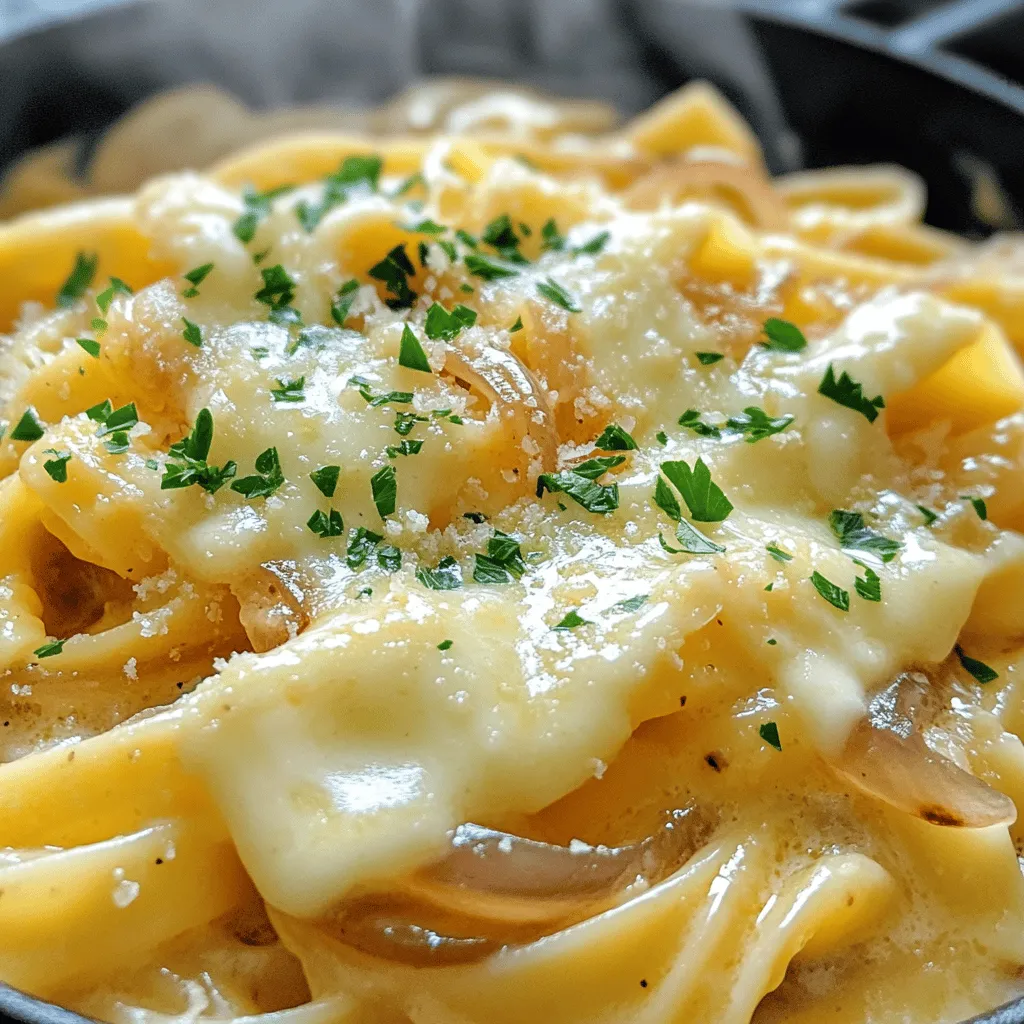 Für dein One Pot French Onion Pasta Gericht benötigst du folgende Zutaten: - 340 g Fettuccine oder Linguine - 2 große Zwiebeln, dünn geschnitten - 4 Knoblauchzehen, fein gehackt - 2 Esslöffel Olivenöl - 960 ml Gemüsebrühe - 1 Esslöffel Balsamico-Essig - 1 Teelöffel Zucker - 1 Teelöffel Thymian (getrocknet oder frisch) - 240 ml Schlagsahne (oder eine pflanzliche Alternative) - 100 g geriebener Gruyère-Käse (oder Käse nach Wahl) - Salz und Pfeffer nach Geschmack - Gehackte Petersilie zum Garnieren (optional) Die Auswahl der richtigen Zwiebeln macht den Unterschied. Ich empfehle, gelbe Zwiebeln zu verwenden. Sie sind süß und karamellisieren gut. Frischer Knoblauch verleiht dem Gericht auch einen tollen Geschmack. Achte darauf, gute Gemüsebrühe zu wählen. Sie sollte klar und vollmundig sein. Der Käse ist wichtig. Gruyère bietet einen nussigen Geschmack und schmilzt gut. Verwende frische Kräuter, wenn möglich, um die Aromen zu verstärken. Falls du keine Fettuccine hast, benutze einfach Linguine oder eine andere Pasta. Du kannst auch Zwiebeln mit Schalotten ersetzen. Für eine vegane Version, verwende pflanzliche Sahne und einen veganen Käse. Wenn du keinen Gruyère findest, sind Cheddar oder Mozzarella ebenfalls gute Alternativen. Du kannst auch mit verschiedenen Kräutern experimentieren. Oregano oder Basilikum ergänzen die Aromen gut. Zwiebeln sind der Schlüssel zu diesem Gericht. Beginne mit zwei großen Zwiebeln. Schneide sie in dünne Stücke. Das sorgt für gleichmäßiges Garen. Du kannst auch eine Mandoline nutzen, um Zeit zu sparen. Je dünner die Zwiebeln, desto besser der Geschmack. Erhitze einen großen Topf bei mittlerer Hitze. Gib zwei Esslöffel Olivenöl hinein. Füge die geschnittenen Zwiebeln hinzu. Brate sie für etwa 10 bis 12 Minuten an. Rühre oft um, damit sie gleichmäßig bräunen. Das Karamellisieren bringt Süße und Tiefe in den Geschmack. Wenn die Zwiebeln goldbraun sind, füge vier gehackte Knoblauchzehen hinzu. Brate sie für ein bis zwei Minuten mit. Der Duft wird köstlich sein! Streue einen Teelöffel Zucker über die Zwiebeln. Der Zucker hilft beim Karamellisieren. Rühre gut um, damit alles gut vermischt ist. Jetzt fügst du 960 ml Gemüsebrühe und einen Esslöffel Balsamico-Essig hinzu. Das gibt der Pasta eine tolle Note. Streue einen Teelöffel Thymian hinein und rühre alles gut durch. Lass die Mischung aufkochen. Dann gib die 340 g Fettuccine (oder Linguine) dazu. Reduziere die Hitze auf niedrig. Lass die Pasta 10 bis 12 Minuten köcheln. Rühre oft um, damit sie nicht kleben bleibt. Wenn die Pasta al dente ist, füge 240 ml Schlagsahne und 100 g geriebenen Gruyère-Käse hinzu. Rühre, bis der Käse geschmolzen und cremig ist. Schmecke mit Salz und Pfeffer ab. Lasse die Pasta noch zwei bis drei Minuten köcheln. So wird alles schön warm und gut vermischt. Genieß deine One Pot French Onion Pasta! Für die vollständige Anleitung schau dir das [Full Recipe] an. Um den besten Geschmack zu erzielen, karamellisiere die Zwiebeln. Das bringt Süße und Tiefe. Brate die Zwiebeln in Olivenöl. Benutze mittlere Hitze, um sie gleichmäßig zu bräunen. Rühre sie oft um, damit sie nicht anbrennen. Nach etwa 10 bis 12 Minuten sollten sie goldbraun sein. Füge dann den Knoblauch hinzu und koche ihn kurz mit. Das ergänzt den Geschmack wunderbar. Ein Esslöffel Balsamico-Essig fügt eine schöne Säure hinzu. Dies ist der Schlüssel zu einem tollen Aroma. Ein häufiger Fehler ist, die Zwiebeln nicht lang genug zu braten. Sie müssen wirklich karamellisiert sein, um die besten Aromen zu entwickeln. Ein weiterer Fehler ist, die Pasta nicht genug zu rühren. Dadurch kann sie am Boden des Topfes kleben bleiben. Achte darauf, die Brühe gut abzumeschen, bevor du die Pasta hinzufügst. Zu viel Flüssigkeit kann die Konsistenz der Sauce ruinieren. Schließlich solltest du die Pasta nicht zu lange kochen. Sie sollte al dente sein, damit sie beim Servieren nicht matschig wird. Ein großer Topf ist wichtig für dieses Rezept. Ein Holzlöffel hilft, die Zwiebeln gut zu rühren. Ein scharfes Messer macht das Schneiden der Zwiebeln schnell und einfach. Ein Schneidebrett ist auch nützlich. Du kannst einen Messbecher verwenden, um die Brühe genau abzumessen. Eine Küchenuhr hilft dir, die Kochzeiten einzuhalten. Mit diesen Werkzeugen wird das Kochen einfacher und macht mehr Spaß. Wenn du alle Utensilien bereit hast, wird die Zubereitung von One Pot French Onion Pasta zum Kinderspiel. Für das vollständige Rezept schau dir bitte den [Full Recipe] an. {{image_4}} Um die One Pot French Onion Pasta vegetarisch zu machen, kannst du einfach die Schlagsahne durch eine pflanzliche Alternative ersetzen. Kokosnusscreme oder Hafercreme sind tolle Optionen. Wenn du die Brühe verwendest, achte darauf, dass sie aus Gemüse besteht. So bleibt der Geschmack voll und reichhaltig. Für eine vegane Variante nimm den Gruyère-Käse raus oder ersetze ihn durch vegane Käseprodukte. Wenn du etwas Protein hinzufügen möchtest, ist Hühnchen eine gute Wahl. Brate es einfach zusammen mit den Zwiebeln an, bevor du den Knoblauch hinzufügst. Das gibt der Sauce einen tollen Geschmack. Speck ist eine andere Option. Er verleiht der Pasta eine herzhafte Note. Brate den Speck zuerst an, bis er knusprig ist, und nimm ihn dann heraus. Brate die Zwiebeln im Fett, das vom Speck bleibt, an. Es wird köstlich! Für mehr Geschmack kannst du verschiedene Kräuter und Gewürze ausprobieren. Oregano und Rosmarin passen gut zu diesem Gericht. Wenn du gerne scharfe Aromen magst, füge eine Prise rote Paprikaflocken hinzu. Bei den Käsesorten kannst du experimentieren. Parmesan oder Cheddar sind gute Alternativen zu Gruyère. Probiere auch eine Mischung aus verschiedenen Käsesorten. Das bringt neue und spannende Aromen in deine Pasta. Für die vollständige Rezeptanleitung schau dir den [Full Recipe] an. Um Reste deiner One Pot French Onion Pasta gut zu lagern, verwende einen luftdichten Behälter. Lass die Pasta zuerst auf Raumtemperatur abkühlen. Stelle dann den Behälter in den Kühlschrank. So bleiben die Aromen frisch. Du kannst die Pasta auch in Portionen aufteilen. Das erleichtert das spätere Aufwärmen. Wenn du die Pasta aufwärmst, gehe vorsichtig vor. Gib die Reste in einen Topf. Füge etwas Gemüsebrühe oder Wasser hinzu. Das hilft, die Pasta nicht austrocknen zu lassen. Erhitze die Mischung bei niedriger Hitze und rühre häufig um. So bleibt die Pasta cremig und lecker. Im Kühlschrank hält sich die One Pot French Onion Pasta bis zu drei Tage. Achte darauf, dass sie gut verpackt ist. Im Gefrierschrank kannst du die Pasta bis zu drei Monate lagern. Packe sie in einen gefrierfesten Behälter oder einen Beutel. So sorgst du dafür, dass sie frisch bleibt und nicht gefriert. Um One Pot French Onion Pasta zu machen, beginne mit dem Anbraten der Zwiebeln. Erhitze Olivenöl in einem Topf. Gib die geschnittenen Zwiebeln hinzu und brate sie goldbraun an. Das dauert etwa 10 bis 12 Minuten. Danach füge den Knoblauch hinzu und brate ihn kurz mit. Streue Zucker darüber, um die Zwiebeln weiter zu karamellisieren. Gieße dann die Gemüsebrühe und den Balsamico-Essig dazu. Rühre alles gut um. Füge die Fettuccine oder Linguine hinzu und lasse sie köcheln, bis sie gar sind. Zum Schluss rühre die Schlagsahne und den Käse ein. Das gibt der Pasta eine cremige Textur. Ja, du kannst andere Pastasorten verwenden. Fettuccine und Linguine sind ideal, aber auch Penne oder Fusilli passen gut. Achte darauf, die Kochzeit anzupassen. Dickere Nudeln brauchen länger als dünnere. Du kannst sogar glutenfreie Pasta wählen, wenn du das möchtest. Die gesamte Zubereitungszeit beträgt etwa 30 Minuten. Die Vorbereitungszeit für die Zutaten dauert rund 10 Minuten. Das Kochen der Pasta im Topf nimmt dann etwa 20 Minuten in Anspruch. So hast du schnell eine leckere und nahrhafte Mahlzeit. Wenn du mich fragst, ist das eine der besten schnellen Gerichte! Für das vollständige Rezept schau dir den Abschnitt "Vollständige Rezept" an. In diesem Artikel haben wir die Schlüsselzutaten für die französische Zwiebelsuppe besprochen. Die Auswahl der besten Zutaten ist wichtig für den Geschmack. Du hast gelernt, wie du die Zwiebeln vorbereitest und sie perfekt anbratest. Wir haben auch Variationen, Lagerinformationen und häufige Fragen behandelt. Denke daran, Fehler zu vermeiden, um das beste Ergebnis zu erzielen. Probiere die verschiedenen Varianten aus, um dein Gericht zu personalisieren. Viel Spaß beim Kochen und Genießen!