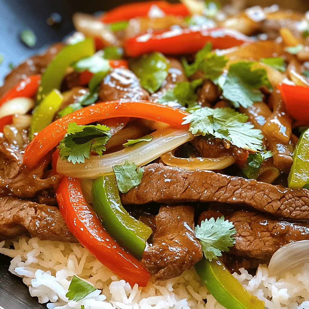- 400 g Rindersteak, dünn geschnitten - 1 rote Paprika, in Streifen geschnitten - 1 grüne Paprika, in Streifen geschnitten - 1 Zwiebel, in dünne Scheiben geschnitten - 2 Knoblauchzehen, fein gehackt - 1 daumengroßes Stück Ingwer, frisch gerieben - 4 Esslöffel Sojasauce - 2 Esslöffel Hoisinsauce - 1 Esslöffel Sesamöl - 2 Esslöffel Pflanzenöl - 1 Teelöffel schwarzer Pfeffer (nach Geschmack) - Frische Korianderblätter zur Garnitur - Reis oder gebratene Nudeln als Beilage
