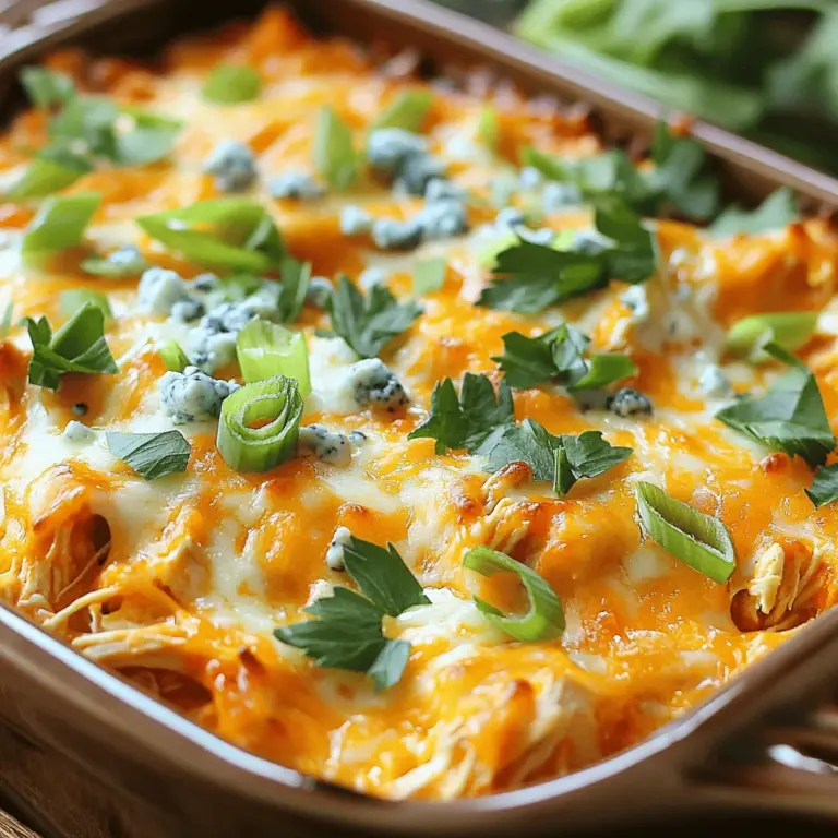 - 3 Tassen zerkleinertes, gekochtes Hühnchen - 1 Tasse Buffalo-Sauce - 2 Tassen gekochte Pasta Die Hauptzutaten sind einfach und lecker. Zerkleinertes Hühnchen ist die Basis. Es gibt dem Gericht eine saftige Textur. Buffalo-Sauce sorgt für eine feurige Note. Passe die Menge nach deinem Geschmack an. Die gekochte Pasta bringt Fülle und macht den Auflauf sättigend. Du kannst Penne oder Rotini verwenden. Wähle, was dir am besten gefällt. - 1 Tasse Frischkäse - 1 Tasse geriebener Cheddar-Käse - 1 Tasse geriebener Mozzarella-Käse Käse macht alles besser! Frischkäse sorgt für eine cremige Basis. Er hilft, die Aromen zu verbinden. Cheddar-Käse bringt einen kräftigen Geschmack. Mozzarella-Käse schmilzt schön und gibt eine tolle Textur. Diese Käse ergeben eine köstliche Schicht obenauf. Der Auflauf wird so schön goldbraun. - 1/2 Tasse Blauschimmelkäse - 1 Tasse Sellerie, fein gehackt - 1/2 Tasse Frühlingszwiebeln Der Blauschimmelkäse sorgt für einen kräftigen Geschmack. Seine cremige Textur passt gut zu den anderen Zutaten. Sellerie bringt einen knackigen Biss. Er gibt Frische und Farbe. Frühlingszwiebeln fügen einen milden Zwiebelgeschmack hinzu. Diese Zutaten machen den Auflauf noch interessanter. Du kannst die Mengen nach deinem Geschmack anpassen. Für die volle Rezeptur besuche die [Full Recipe]. Heize deinen Ofen auf 175°C vor. Das ist wichtig, damit der Auflauf gleichmäßig gart. Organisiere alle Zutaten in deiner Küche. So findest du alles schnell, wenn es losgeht. Das macht das Kochen einfacher und schneller. Nimm das zerkleinerte Hühnchen und die Buffalo-Sauce. Mische beides in einer großen Schüssel. Rühre, bis das Hühnchen gut mit der Sauce bedeckt ist. Der scharfe Geschmack der Buffalo-Sauce zieht ins Fleisch ein. Das sorgt für mehr Aroma. In einer anderen Schüssel nimm den weichen Frischkäse. Füge das Knoblauchpulver dazu. Mische es gut, um eine glatte Konsistenz zu erreichen. Ein Handmixer hilft dir, die Mischung cremig zu machen. Füge nun die gekochte Pasta, den gehackten Sellerie und die Hälfte der Frühlingszwiebeln hinzu. Rühre alles gut durch, bis es gleichmäßig vermischt ist. Das gibt deinem Auflauf eine tolle Textur und frische Aromen. Ich empfehle dir, die vollständige Anleitung im [Full Recipe] nachzulesen. Um die perfekte Konsistenz zu erreichen, nutze einen Handmixer. Der Handmixer macht die Mischung cremig und gleichmäßig. So wird der Auflauf schön glatt. Wenn du ihn ohne Mixer machst, kann es klumpig werden. Das wollen wir vermeiden! Schmecke die Mischung mit Salz und Pfeffer ab. Du kannst diese nach deinem Geschmack anpassen. Probiere die Mischung, bevor du sie in den Ofen gibst. So stellst du sicher, dass der Geschmack stimmt. Achte darauf, dass die Würze gut verteilt ist. Das macht den Auflauf noch besser! Wenn du keinen Cheddar oder Mozzarella magst, gibt es Alternativen. Probiere Gouda oder Parmesan für einen anderen Geschmack. Diese Käsesorten schmelzen auch gut. Du kannst auch mehr Blauschimmelkäse verwenden, wenn du es würziger magst. Experimentiere mit Käse, um deinen Lieblingsgeschmack zu finden. {{image_4}} Du kannst Pulled Pork oder Rindfleisch für dieses Rezept verwenden. Diese Fleischsorten passen gut zur Buffalo-Sauce. Sie bringen einen neuen Geschmack und machen den Auflauf noch herzhaft. Wenn du eine andere Textur bevorzugst, probiere es einfach aus. Wenn du eine vegetarische Variante möchtest, füge pflanzliches Protein oder Tofu hinzu. Diese Optionen sind leicht erhältlich und einfach zu verwenden. Tofu lässt sich gut würzen und nimmt die Aromen auf. Deine Gäste werden den Unterschied kaum merken. Um mehr Geschmack zu erhalten, füge weitere Gewürze hinzu. Paprika, Zwiebelpulver oder sogar Cayennepfeffer können eine tolle Ergänzung sein. Diese Gewürze machen den Auflauf noch interessanter. Experimentiere mit verschiedenen Kombinationen, um deinen perfekten Geschmack zu finden. Für das vollständige Rezept besuche [Full Recipe]. Nach dem Kochen ist der Auflauf einfach zu lagern. Du solltest ihn in einem luftdichten Behälter aufbewahren. So bleibt er frisch. Stelle sicher, dass der Auflauf abgekühlt ist, bevor du ihn in den Kühlschrank stellst. Er bleibt bis zu fünf Tage haltbar. Wenn du ihn in Portionen aufteilst, ist das sehr praktisch. So kannst du immer schnell eine Portion genießen. Das Einfrieren des Auflaufs ist eine tolle Möglichkeit, ihn länger zu lagern. Du solltest den Auflauf in einem gefrierfesten Behälter aufbewahren. Achte darauf, den Auflauf gut abzudecken, um Gefrierbrand zu vermeiden. Du kannst den Auflauf bis zu drei Monate im Gefrierschrank lagern. Zum Wiederaufwärmen, lasse ihn über Nacht im Kühlschrank auftauen. Dann kannst du ihn im Ofen bei 175°C für etwa 25 Minuten aufwärmen. Die Haltbarkeit des Loaded Buffalo Chicken Casserole hängt von der Lagerung ab. Im Kühlschrank bleibt er bis zu fünf Tage frisch. Wenn du ihn einfrierst, hält er sich bis zu drei Monate. Achte darauf, immer deine Sinne zu nutzen. Wenn der Auflauf seltsam riecht oder sich die Farbe verändert hat, wirf ihn weg. So bleibst du auf der sicheren Seite. Um deinen Auflauf schärfer zu machen, kannst du zusätzliche Gewürze oder scharfe Sauce hinzufügen. Eine gute Idee ist, mehr Buffalo-Sauce zu verwenden. Du kannst auch frischen Jalapeños oder Cayennepfeffer ins Rezept einfügen, um die Schärfe zu erhöhen. Mixe die Gewürze gut in die Hühnchen-Mischung. So verteilst du den scharfen Geschmack gleichmäßig. Probiere verschiedene Schärfegrade aus, um den perfekten Kick zu finden. Ja, du kannst den Auflauf im Voraus zubereiten. Bereite ihn einfach nach dem Rezept zu, aber backe ihn nicht sofort. Decke die Auflaufform mit Frischhaltefolie ab und stelle sie in den Kühlschrank. So bleibt er frisch. Du kannst ihn bis zu zwei Tage im Voraus machen. Wenn du bereit bist, ihn zu backen, lass ihn etwas wärmer werden, bevor du ihn in den Ofen schiebst. Zu deinem Loaded Buffalo Chicken Casserole passen viele leckere Beilagen. Eine frische Gurkensalat bringt eine knusprige, kühle Note. Karottensticks sind auch eine gute Wahl. Sie helfen, die Schärfe des Auflaufs auszugleichen. Auch ein einfacher grüner Salat mit leichtem Dressing passt gut. Experimentiere mit verschiedenen Beilagen und finde deine Favoriten. In diesem Blogbeitrag haben wir die Zutaten für den Loaded Buffalo Chicken Casserole besprochen. Hauptzutaten wie Hühnchen, Buffalo-Sauce und Pasta sind wichtig. Käse und weitere Zutaten bringen zusätzlichen Geschmack. Die Schritt-für-Schritt-Anleitung hilft Ihnen beim Zubereiten. Nutzen Sie die Tipps für die perfekte Konsistenz und Geschmack. Variationen zeigen Alternativen für unterschiedliche Vorlieben. Vergessen Sie nicht die Lagerinformationen, um den Auflauf frisch zu halten. Kochen macht Spaß und dieser Auflauf wird jeden beeindrucken!