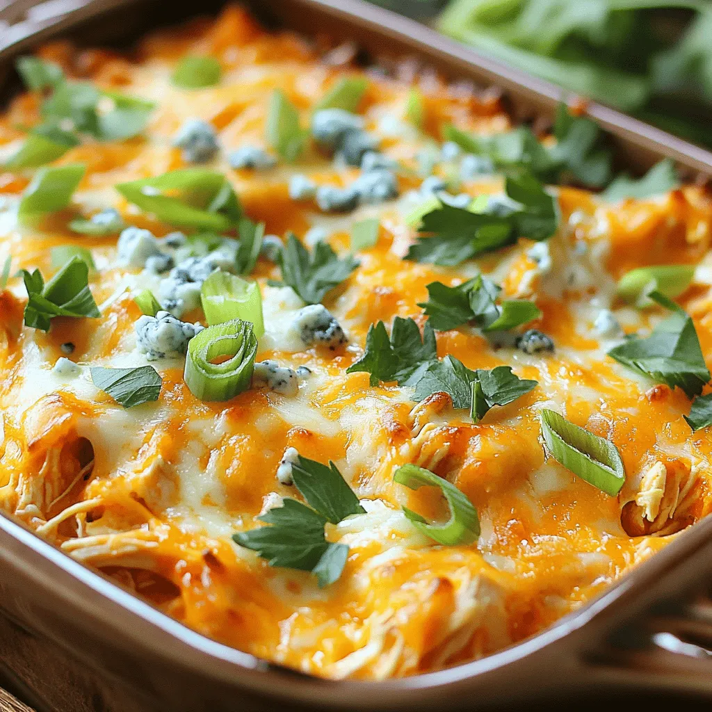 - 3 Tassen zerkleinertes, gekochtes Hühnchen - 1 Tasse Buffalo-Sauce - 2 Tassen gekochte Pasta Die Hauptzutaten sind einfach und lecker. Zerkleinertes Hühnchen ist die Basis. Es gibt dem Gericht eine saftige Textur. Buffalo-Sauce sorgt für eine feurige Note. Passe die Menge nach deinem Geschmack an. Die gekochte Pasta bringt Fülle und macht den Auflauf sättigend. Du kannst Penne oder Rotini verwenden. Wähle, was dir am besten gefällt. - 1 Tasse Frischkäse - 1 Tasse geriebener Cheddar-Käse - 1 Tasse geriebener Mozzarella-Käse Käse macht alles besser! Frischkäse sorgt für eine cremige Basis. Er hilft, die Aromen zu verbinden. Cheddar-Käse bringt einen kräftigen Geschmack. Mozzarella-Käse schmilzt schön und gibt eine tolle Textur. Diese Käse ergeben eine köstliche Schicht obenauf. Der Auflauf wird so schön goldbraun. - 1/2 Tasse Blauschimmelkäse - 1 Tasse Sellerie, fein gehackt - 1/2 Tasse Frühlingszwiebeln Der Blauschimmelkäse sorgt für einen kräftigen Geschmack. Seine cremige Textur passt gut zu den anderen Zutaten. Sellerie bringt einen knackigen Biss. Er gibt Frische und Farbe. Frühlingszwiebeln fügen einen milden Zwiebelgeschmack hinzu. Diese Zutaten machen den Auflauf noch interessanter. Du kannst die Mengen nach deinem Geschmack anpassen. Für die volle Rezeptur besuche die [Full Recipe]. Heize deinen Ofen auf 175°C vor. Das ist wichtig, damit der Auflauf gleichmäßig gart. Organisiere alle Zutaten in deiner Küche. So findest du alles schnell, wenn es losgeht. Das macht das Kochen einfacher und schneller. Nimm das zerkleinerte Hühnchen und die Buffalo-Sauce. Mische beides in einer großen Schüssel. Rühre, bis das Hühnchen gut mit der Sauce bedeckt ist. Der scharfe Geschmack der Buffalo-Sauce zieht ins Fleisch ein. Das sorgt für mehr Aroma. In einer anderen Schüssel nimm den weichen Frischkäse. Füge das Knoblauchpulver dazu. Mische es gut, um eine glatte Konsistenz zu erreichen. Ein Handmixer hilft dir, die Mischung cremig zu machen. Füge nun die gekochte Pasta, den gehackten Sellerie und die Hälfte der Frühlingszwiebeln hinzu. Rühre alles gut durch, bis es gleichmäßig vermischt ist. Das gibt deinem Auflauf eine tolle Textur und frische Aromen. Ich empfehle dir, die vollständige Anleitung im [Full Recipe] nachzulesen. Um die perfekte Konsistenz zu erreichen, nutze einen Handmixer. Der Handmixer macht die Mischung cremig und gleichmäßig. So wird der Auflauf schön glatt. Wenn du ihn ohne Mixer machst, kann es klumpig werden. Das wollen wir vermeiden! Schmecke die Mischung mit Salz und Pfeffer ab. Du kannst diese nach deinem Geschmack anpassen. Probiere die Mischung, bevor du sie in den Ofen gibst. So stellst du sicher, dass der Geschmack stimmt. Achte darauf, dass die Würze gut verteilt ist. Das macht den Auflauf noch besser! Wenn du keinen Cheddar oder Mozzarella magst, gibt es Alternativen. Probiere Gouda oder Parmesan für einen anderen Geschmack. Diese Käsesorten schmelzen auch gut. Du kannst auch mehr Blauschimmelkäse verwenden, wenn du es würziger magst. Experimentiere mit Käse, um deinen Lieblingsgeschmack zu finden. {{image_4}} Du kannst Pulled Pork oder Rindfleisch für dieses Rezept verwenden. Diese Fleischsorten passen gut zur Buffalo-Sauce. Sie bringen einen neuen Geschmack und machen den Auflauf noch herzhaft. Wenn du eine andere Textur bevorzugst, probiere es einfach aus. Wenn du eine vegetarische Variante möchtest, füge pflanzliches Protein oder Tofu hinzu. Diese Optionen sind leicht erhältlich und einfach zu verwenden. Tofu lässt sich gut würzen und nimmt die Aromen auf. Deine Gäste werden den Unterschied kaum merken. Um mehr Geschmack zu erhalten, füge weitere Gewürze hinzu. Paprika, Zwiebelpulver oder sogar Cayennepfeffer können eine tolle Ergänzung sein. Diese Gewürze machen den Auflauf noch interessanter. Experimentiere mit verschiedenen Kombinationen, um deinen perfekten Geschmack zu finden. Für das vollständige Rezept besuche [Full Recipe]. Nach dem Kochen ist der Auflauf einfach zu lagern. Du solltest ihn in einem luftdichten Behälter aufbewahren. So bleibt er frisch. Stelle sicher, dass der Auflauf abgekühlt ist, bevor du ihn in den Kühlschrank stellst. Er bleibt bis zu fünf Tage haltbar. Wenn du ihn in Portionen aufteilst, ist das sehr praktisch. So kannst du immer schnell eine Portion genießen. Das Einfrieren des Auflaufs ist eine tolle Möglichkeit, ihn länger zu lagern. Du solltest den Auflauf in einem gefrierfesten Behälter aufbewahren. Achte darauf, den Auflauf gut abzudecken, um Gefrierbrand zu vermeiden. Du kannst den Auflauf bis zu drei Monate im Gefrierschrank lagern. Zum Wiederaufwärmen, lasse ihn über Nacht im Kühlschrank auftauen. Dann kannst du ihn im Ofen bei 175°C für etwa 25 Minuten aufwärmen. Die Haltbarkeit des Loaded Buffalo Chicken Casserole hängt von der Lagerung ab. Im Kühlschrank bleibt er bis zu fünf Tage frisch. Wenn du ihn einfrierst, hält er sich bis zu drei Monate. Achte darauf, immer deine Sinne zu nutzen. Wenn der Auflauf seltsam riecht oder sich die Farbe verändert hat, wirf ihn weg. So bleibst du auf der sicheren Seite. Um deinen Auflauf schärfer zu machen, kannst du zusätzliche Gewürze oder scharfe Sauce hinzufügen. Eine gute Idee ist, mehr Buffalo-Sauce zu verwenden. Du kannst auch frischen Jalapeños oder Cayennepfeffer ins Rezept einfügen, um die Schärfe zu erhöhen. Mixe die Gewürze gut in die Hühnchen-Mischung. So verteilst du den scharfen Geschmack gleichmäßig. Probiere verschiedene Schärfegrade aus, um den perfekten Kick zu finden. Ja, du kannst den Auflauf im Voraus zubereiten. Bereite ihn einfach nach dem Rezept zu, aber backe ihn nicht sofort. Decke die Auflaufform mit Frischhaltefolie ab und stelle sie in den Kühlschrank. So bleibt er frisch. Du kannst ihn bis zu zwei Tage im Voraus machen. Wenn du bereit bist, ihn zu backen, lass ihn etwas wärmer werden, bevor du ihn in den Ofen schiebst. Zu deinem Loaded Buffalo Chicken Casserole passen viele leckere Beilagen. Eine frische Gurkensalat bringt eine knusprige, kühle Note. Karottensticks sind auch eine gute Wahl. Sie helfen, die Schärfe des Auflaufs auszugleichen. Auch ein einfacher grüner Salat mit leichtem Dressing passt gut. Experimentiere mit verschiedenen Beilagen und finde deine Favoriten. In diesem Blogbeitrag haben wir die Zutaten für den Loaded Buffalo Chicken Casserole besprochen. Hauptzutaten wie Hühnchen, Buffalo-Sauce und Pasta sind wichtig. Käse und weitere Zutaten bringen zusätzlichen Geschmack. Die Schritt-für-Schritt-Anleitung hilft Ihnen beim Zubereiten. Nutzen Sie die Tipps für die perfekte Konsistenz und Geschmack. Variationen zeigen Alternativen für unterschiedliche Vorlieben. Vergessen Sie nicht die Lagerinformationen, um den Auflauf frisch zu halten. Kochen macht Spaß und dieser Auflauf wird jeden beeindrucken!