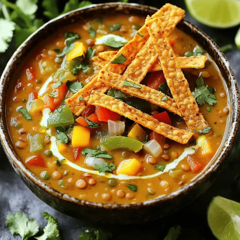 Um die cremige vegane Linsen-Tortilla-Suppe zuzubereiten, brauchst du folgende Hauptzutaten: - 1 Tasse grüne oder braune Linsen, gut gespült - 1 mittelgroße Zwiebel, gewürfelt - 2 Knoblauchzehen, fein gehackt - 1 rote Paprika, gewürfelt - 1 gelbe Paprika, gewürfelt - 1 Dose (400 g) gewürfelte Tomaten - 1 Liter Gemüsebrühe - 240 ml Kokosmilch - 1 Esslöffel Olivenöl Diese Zutaten geben der Suppe ihren vollen Geschmack und eine schöne Textur. Die Linsen liefern wichtige Nährstoffe und Proteine. Die Tomaten und Paprika bringen Farbe und Frische. Gewürze sind der Schlüssel zu einem tollen Geschmack. Hier sind die Gewürze, die du für die Suppe benötigst: - 1 Teelöffel gemahlener Kreuzkümmel - 1 Teelöffel geräuchertes Paprikapulver - 1 Teelöffel Chili-Pulver - Salz und Pfeffer nach Geschmack Kreuzkümmel verleiht der Suppe eine warme Note. Geräuchertes Paprikapulver gibt ein rauchiges Aroma. Chili-Pulver sorgt für etwas Schärfe. Du kannst die Menge nach deinem Geschmack anpassen. Falls du einige Zutaten nicht hast, kannst du sie leicht ersetzen. Hier sind einige Alternativen: - Linsen: Verwende schwarze Bohnen oder Kichererbsen. - Gemüsebrühe: Du kannst auch Wasser oder Gemüsefond verwenden. - Kokosmilch: Mandelmilch oder Hafermilch sind gute Alternativen. Mit diesen Alternativen bleibt der Geschmack der Suppe lecker und cremig. Du kannst auch andere Gemüse hinzufügen, die du magst. Wenn du mehr Frische möchtest, füge frischen Koriander und Limettenviertel hinzu. Für die vollständige Zubereitung schaue dir das Full Recipe an. Zuerst waschen Sie die Linsen gut. Ich mag grüne oder braune Linsen. Sie geben eine tolle Textur. Dann schneiden Sie die Zwiebel in kleine Würfel. Hacken Sie den Knoblauch fein. Die Paprika sollten ebenfalls gewürfelt werden. Diese bunten Stücke machen die Suppe frisch und ansprechend. Stellen Sie alles bereit, bevor Sie mit dem Kochen beginnen. So sparen Sie Zeit und machen das Kochen einfacher. Erhitzen Sie das Olivenöl in einem großen Topf. Fügen Sie die Zwiebeln hinzu und sautieren Sie sie. Nach etwa fünf Minuten sind sie glasig. Jetzt geben Sie den Knoblauch und die Paprika dazu. Rühren Sie das Ganze gut um. Fügen Sie die Gewürze hinzu und kochen Sie es weitere drei bis vier Minuten. So entfalten sich die Aromen. Danach kommen die Linsen, Tomaten und Gemüsebrühe in den Topf. Bringen Sie alles zum Kochen. Reduzieren Sie die Hitze und lassen Sie die Suppe 25 bis 30 Minuten köcheln. Überprüfen Sie nach der Kochzeit die Linsen. Sie sollten weich und zart sein. Jetzt rühren Sie die Kokosmilch ein. Schmecken Sie die Suppe mit Salz und Pfeffer ab. Wenn Sie eine cremigere Konsistenz mögen, pürieren Sie die Hälfte der Suppe. Servieren Sie die Suppe heiß. Garnieren Sie sie mit Tortillastreifen, frischem Koriander und Limettenvierteln. Diese Zutaten machen die Suppe noch leckerer. Genießen Sie Ihre cremige vegane Linsen-Tortilla-Suppe! Für das vollständige Rezept schauen Sie sich die [Full Recipe] an. Um die beste cremige vegane Linsen-Tortilla-Suppe zu machen, beachte einige wichtige Punkte. Zuerst, spüle die Linsen gut ab. So entfernst du Staub und Schmutz. Verwende frisches Gemüse für mehr Geschmack. Eine gute Zwiebel und frischer Knoblauch sind wichtig. Sie geben der Suppe Tiefe. Wenn du die Gewürze hinzufügst, schmecke die Suppe oft ab. So kannst du die Aromen anpassen. Koche die Linsen nicht zu lange, sonst werden sie matschig. Sie sollten zart, aber nicht zerfallen sein. Die Konsistenz deiner Suppe kann variieren. Wenn du eine dickere Suppe magst, püriere die Hälfte der Suppe. Nutze dafür einen Stabmixer direkt im Topf. Alternativ kannst du auch einen Standmixer verwenden. Achte dabei auf die heiße Flüssigkeit, um Verbrennungen zu vermeiden. Für eine dünnere Suppe füge einfach mehr Gemüsebrühe hinzu. Rühre sie gut ein, bis du die gewünschte Konsistenz erreichst. Das gibt dir die Freiheit, die Suppe nach deinem Geschmack zu gestalten. Frische Kräuter machen die Suppe lebendiger. Koriander passt perfekt dazu. Hacke ihn fein und streue ihn über die Suppe vor dem Servieren. Limettenviertel sind auch eine tolle Ergänzung. Ihr saftiger Geschmack hebt die Aromen der Suppe an. Wenn du nach etwas Crunch suchst, garnierst du mit Tortillastreifen oder Chips. Sie geben einen tollen Kontrast zur cremigen Suppe. Experimentiere mit verschiedenen Kräutern wie Petersilie oder Schnittlauch. So machst du deine Suppe immer wieder neu. Für das vollständige Rezept besuche die Seite zurück. {{image_4}} Wenn du keine Linsen magst, probiere Kichererbsen oder schwarze Bohnen. Diese Hülsenfrüchte geben der Suppe einen tollen Geschmack. Sie sind proteinreich und fügen eine neue Textur hinzu. Koche sie einfach so lange, bis sie zart sind. Das Ergebnis bleibt cremig und lecker. Du kannst die Suppe mit mehr Gemüse aufpeppen. Karotten, Zucchini oder Spinat passen gut dazu. Auch Mais bringt eine süße Note. Schneide das Gemüse klein und füge es in der Kochphase hinzu. Achte darauf, die Garzeit für das Gemüse anzupassen. So bleibt alles frisch und knackig. Wenn du es gerne scharf magst, füge frische Jalapeños oder Chili hinzu. Diese bringen viel Hitze in die Suppe. Du kannst auch scharfe Salsas oder die Gewürze erhöhen. Achte darauf, die Schärfe nach deinem Geschmack anzupassen. So wird die Suppe ein echtes Geschmackserlebnis. Für das Rezept kannst du die [Full Recipe] nutzen und alle Vorschläge ausprobieren. Um die cremige vegane Linsen-Tortilla-Suppe frisch zu halten, kühle sie schnell ab. Stelle sie in den Kühlschrank, wenn sie Zimmertemperatur erreicht hat. Verwende einen luftdichten Behälter. So bleibt der Geschmack erhalten und die Suppe hält sich länger. Für eine längere Lagerung friere die Suppe portionsweise ein. Verwende gefrierfeste Behälter oder Beutel. So kannst du die perfekte Portion auftauen, wann immer du Lust darauf hast. Achte darauf, etwas Platz im Behälter zu lassen, damit sich die Suppe beim Gefrieren ausdehnen kann. Sie bleibt bis zu drei Monate im Gefrierfach haltbar. Um die Suppe wieder aufzuwärmen, hole sie aus dem Kühlschrank oder Gefrierfach. Wenn sie gefroren ist, lasse sie über Nacht im Kühlschrank auftauen. Erhitze die Suppe in einem Topf bei niedriger Hitze. Rühre regelmäßig um, damit sie gleichmäßig warm wird. Wenn die Suppe zu dick ist, füge etwas Gemüsebrühe hinzu. So erhält sie die gewünschte Konsistenz. Genießen Sie die Suppe heiß, frisch und lecker. Für das vollständige Rezept schau dir die [Full Recipe](#) an. Ja, diese Suppe ist glutenfrei. Die Hauptzutaten sind Linsen, Gemüse und Gewürze. Achte darauf, dass die Tortillastreifen oder Chips ebenfalls glutenfrei sind. So kannst du sicher sein, dass dein Gericht für alle geeignet ist. Ja, die Suppe lässt sich gut im Voraus zubereiten. Kochen Sie die Suppe und lassen Sie sie abkühlen. Dann füllen Sie sie in luftdichte Behälter. Im Kühlschrank hält sie sich bis zu fünf Tage. Du kannst sie auch einfrieren. So hast du immer eine schnelle Mahlzeit bereit. Um die Suppe proteinreicher zu machen, füge gekochte Kichererbsen oder schwarze Bohnen hinzu. Diese Hülsenfrüchte sind sehr nahrhaft. Du kannst auch Tofu oder Tempeh dazugeben. Diese Optionen machen die Suppe noch sättigender und leckerer. Diese Anleitung zur cremigen veganen Linsen-Tortilla-Suppe hilft dir, schmackhafte Gerichte zu kreieren. Wir haben die Hauptzutaten und Gewürze besprochen. Danach folgten die Schritte zum Kochen und Anpassen der Suppe. Tipps zeigen dir, wie du die beste Konsistenz erreichst. Variationen helfen dir, kreativ zu sein, und Lagerungshinweise sorgen für die Frische. Mit diesem Wissen kannst du jetzt die perfekte Suppe zubereiten. Viel Spaß beim Kochen!