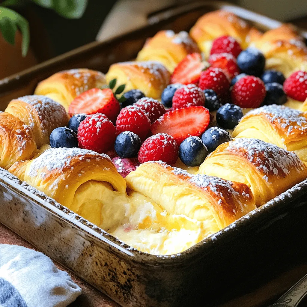 Für diesen leckeren Auflauf brauchst du: - 2 Dosen Kühl-Croissants - 250 g Frischkäse, weich - 100 g Zucker - 1 TL Vanilleextrakt - 2 große Eier - 240 g Sauerrahm - 60 g Puderzucker - 1 TL Zitronensaft - 60 g frische Beeren (Erdbeeren, Heidelbeeren oder Himbeeren) zum Garnieren - Optional: Schlagsahne zum Servieren Jede dieser Zutaten bringt ihren eigenen Geschmack mit. Die Croissants sorgen für einen tollen Teig. Der Frischkäse macht die Füllung cremig und lecker. Zucker und Vanilleextrakt bringen die Süße hinein. Die Eier helfen beim Binden der Masse. Du kannst die Zutaten leicht variieren. Wenn du keinen Frischkäse magst, probiere Ricotta. Für eine vegane Option kannst du pflanzliche Alternativen nutzen. Statt Zucker kannst du Honig oder Ahornsirup verwenden. Verwende auch andere Früchte. Bananen oder Pfirsiche passen gut. Füge Nüsse hinzu, um mehr Crunch zu bekommen. Zimt oder Muskatnuss geben einen besonderen Geschmack. Wähle frische Zutaten aus. Dies macht einen großen Unterschied. Achte darauf, dass der Frischkäse weich ist. So lässt er sich gut vermischen. Die Croissants sollten frisch und knusprig sein. Für die Beeren achte darauf, dass sie reif sind. Sie sollten süß und saftig sein. Kaufe Bio-Zutaten, wenn möglich. So bekommst du die besten Aromen. Für mehr Details und die vollständige Zubereitung schau dir das [Full Recipe] an. Zuerst heizen Sie den Ofen auf 175°C vor. Nehmen Sie dann eine 23x33 cm große Auflaufform und fetten Sie sie mit etwas Butter oder antihaftsprühendem Öl ein. Öffnen Sie die Dosen mit den Kühl-Croissants. Rollen Sie die Croissants vorsichtig aus. Legen Sie die Hälfte der Croissants auf den Boden der Auflaufform. Drücken Sie sie leicht zusammen, damit eine durchgehende Schicht entsteht. In einer großen Schüssel nehmen Sie den weichen Frischkäse. Schlagen Sie ihn mit einem elektrischen Mixer cremig. Fügen Sie nach und nach den Zucker hinzu. Mixen Sie weiter, bis die Mischung glatt ist. Geben Sie den Vanilleextrakt dazu. Fügen Sie dann die Eier nacheinander hinzu und mixen Sie gut nach jeder Zugabe. Jetzt kommt der Sauerrahm, Puderzucker und Zitronensaft. Vorsichtig unterheben, bis alles gut vermischt ist. Gießen Sie die Käsekuchenfüllung gleichmäßig über die erste Croissant-Schicht. Verteilen Sie sie mit einem Spatel. Rollen Sie die restlichen Croissants aus und legen Sie diese sanft auf die Füllung. Das muss nicht perfekt sein; ein rustikales Aussehen ist charmant. Backen Sie den Auflauf 30-35 Minuten lang, bis die Oberseite goldbraun ist. Lassen Sie ihn 10 Minuten abkühlen. Bestreuen Sie ihn mit frischen Beeren für extra Geschmack und Deko. Schneiden Sie ihn in Quadrate und servieren Sie ihn warm oder bei Raumtemperatur. Für einen besonderen Touch, fügen Sie Schlagsahne hinzu. Für mehr Details und eine vollständige Anleitung schauen Sie sich das Full Recipe an. Um den besten Käsekuchen-Croissant-Rollen-Auflauf zu machen, achte auf die Frische der Croissants. Sie sollten weich und gut aufgegangen sein. Verwende Frischkäse, der gut temperiert ist. So mischt er sich leicht mit den anderen Zutaten. Rühre die Käsekuchenfüllung sanft, um Luftblasen zu vermeiden. Das gibt dir eine glatte und cremige Konsistenz. Backe den Auflauf, bis die Oberseite goldbraun ist. Dies zeigt an, dass er richtig gebacken ist. Ein häufiger Fehler ist, die Croissants nicht richtig zu drücken. Das führt zu einer ungleichmäßigen Schicht. Achte darauf, die Füllung gleichmäßig zu verteilen. Wenn du die Füllung nicht gut vermischst, bekommst du Klumpen. Das schmeckt nicht gut. Überprüfe die Backzeit genau. Wenn du ihn zu lange backst, wird der Auflauf trocken. Halte dich an die Zeit in der Anleitung. Lass den Auflauf nach dem Backen etwa 10 Minuten abkühlen. So setzt sich die Füllung und wird leichter zu schneiden. Schneide ihn in Quadrate, wenn er warm ist. Du kannst ihn auch bei Raumtemperatur servieren. Garniere den Auflauf mit frischen Beeren. Diese bringen Farbe und Frische. Wenn du magst, füge etwas Schlagsahne hinzu. Das macht jedes Stück noch köstlicher. Für die vollständige Anleitung und weitere Details, siehe bitte die [Full Recipe]. {{image_4}} Ich liebe es, mit verschiedenen Beeren zu experimentieren. Erdbeeren, Himbeeren und Heidelbeeren passen perfekt zu diesem Auflauf. Sie verleihen jedem Biss einen frischen Geschmack. Wenn Sie die Beeren in die Füllung mischen, werden sie weich und süß. Alternativ können Sie die Beeren auch als Topping verwenden. Das sieht nicht nur schön aus, sondern gibt dem Auflauf auch eine fruchtige Note. Im Herbst kann ich mir gut Zimt und Muskatnuss in der Füllung vorstellen. Diese Gewürze geben dem Auflauf eine warme, gemütliche Note. Einfach etwas Zimt und Muskatnuss in die Käsekuchenfüllung mischen. Das bringt eine ganz neue Dimension in den Geschmack. Sie können auch Kürbispüree hinzufügen, um eine herzhaftere Variante zu kreieren. Ich finde, dass diese Kombination perfekt für die kühle Jahreszeit ist. Für eine vegane Version können wir den Frischkäse durch eine Mischung aus Cashewkernen und Kokosjoghurt ersetzen. Dies ergibt eine cremige und leckere Füllung. Verwenden Sie auch pflanzlichen Zucker und Milch, um die Füllung zu süßen. Diese Optionen sind einfach und lecker. So kann jeder den Käsekuchen-Croissant-Rollen-Auflauf genießen. Probieren Sie die vegane Variante aus und entdecken Sie neue Geschmäcker. Schauen Sie sich das Full Recipe an, um alle Schritte zu sehen. Lagern Sie übrig gebliebenen Käsekuchen-Croissant-Rollen-Auflauf in einem luftdichten Behälter. Dies hält ihn frisch. Lassen Sie den Auflauf zuerst auf Raumtemperatur abkühlen. Decken Sie ihn dann gut ab. Im Kühlschrank bleibt er bis zu drei Tage lecker. Zum Aufwärmen heizen Sie den Ofen auf 175°C vor. Legen Sie die Stücke in eine Auflaufform. Bedecken Sie sie mit Folie, um ein Austrocknen zu verhindern. Backen Sie sie für etwa 15-20 Minuten. Alternativ können Sie die Stücke auch in der Mikrowelle erwärmen. Erhitzen Sie sie in kurzen Intervallen. Prüfen Sie regelmäßig, damit sie nicht überhitzen. Der Käsekuchen-Croissant-Rollen-Auflauf hält sich im Kühlschrank drei bis vier Tage. Bei richtiger Lagerung ist er auch gut gefroren. Frieren Sie ihn in Portionen ein. So können Sie ihn später genießen. Im Gefrierschrank bleibt er bis zu drei Monate frisch. Lassen Sie ihn vor dem Servieren im Kühlschrank auftauen. Die Zubereitung dauert nur 15 Minuten. Das Backen nimmt etwa 30-35 Minuten in Anspruch. Insgesamt sind es rund 50 Minuten von Anfang bis Ende. So kannst du schnell ein leckeres Dessert zaubern. Ja, du kannst die Füllung im Voraus zubereiten. Bereite sie einfach einen Tag vorher zu und stelle sie in den Kühlschrank. Am Backtag musst du nur die Croissants und die Füllung zusammenbringen. Das spart Zeit und macht das Kochen leichter. Dieser Auflauf schmeckt hervorragend mit frischen Beeren. Du kannst auch Schlagsahne oder Vanilleeis dazu servieren. Ein Spritzer Zitronensaft kann den Geschmack noch verstärken. Diese Beilagen machen dein Dessert noch besser! Für das vollständige Rezept schau dir den [Full Recipe] an! Im Blogbeitrag haben wir den köstlichen Käsekuchen-Croissant-Rollen-Auflauf behandelt. Ich habe die Hauptzutaten, Alternativen und wichtige Tipps zur Auswahl vorgestellt. Wir sind dann Schritt für Schritt durch die Zubereitung gegangen. Ich habe wertvolle Tipps gegeben, um Fehler zu vermeiden und den Auflauf perfekt zu servieren. Variationen mit Früchten und veganen Alternativen erweitern die Möglichkeiten. Zum Schluss habe ich erklärt, wie Sie den Auflauf richtig lagern und aufwärmen. Experimentieren Sie mit diesen Ideen und genießen Sie diesen leckeren Klassiker in jeder Form!