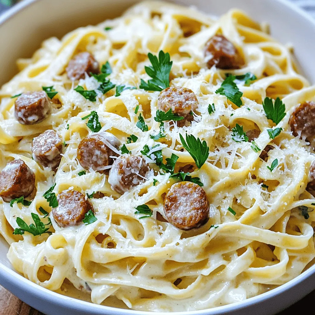 Für die perfekte Sausage Alfredo Pasta benötigen wir folgende Hauptzutaten: - 225 g Fettuccine-Nudeln - 1 Esslöffel Olivenöl - 450 g italienische Bratwurst (mild oder scharf, Häute entfernt) - 4 Knoblauchzehen, fein gehackt - 240 ml Sahne - 100 g frisch geriebener Parmesan - 1 Teelöffel italienische Gewürzmischung - Salz und Pfeffer nach Geschmack - Frische Petersilie, gehackt (zum Garnieren) - Extra Parmesan (zum Servieren) Diese Zutaten bilden die Grundlage für ein köstliches Gericht. Die Fettuccine sind perfekt für die cremige Sauce. Die Bratwurst sorgt für einen herzhaften Geschmack. Frische Kräuter sind der Schlüssel zu einem lebendigen Gericht. Hier sind einige, die ich empfehle: - Frische Petersilie - Basilikum - Oregano Die Petersilie bringt Frische und Farbe. Basilikum fügt einen süßen Duft hinzu. Oregano gibt dem Gericht Tiefe und Geschmack. Verwende diese Kräuter, um das Gericht zu verfeinern. Um die Sausage Alfredo Pasta zuzubereiten, brauchst du einige einfache Utensilien: - Großer Topf für die Nudeln - Große Pfanne für die Wurst und Sauce - Holzlöffel zum Rühren - Sieb zum Abgießen der Nudeln Diese Geräte machen das Kochen leicht und schnell. Sie helfen dir, die verschiedenen Schritte einfach zu verfolgen. Mit diesen Utensilien kannst du die komplette Zubereitung sicher und effizient meistern. Um die Fettuccine perfekt zu kochen, bringt zuerst einen großen Topf mit Wasser zum Kochen. Füge dann Salz hinzu. Das hilft, den Nudeln Geschmack zu geben. Gib die Fettuccine hinein und koche sie nach Packungsanweisung al dente. Das bedeutet, sie sind bissfest. Wenn sie fertig sind, gieße sie ab. Vergiss nicht, etwa 120 ml Nudelwasser aufzuheben. Das wird später wichtig. Nehme eine große Pfanne und erhitze das Olivenöl bei mittlerer Hitze. Füge die italienische Bratwurst hinzu. Mit einem Holzlöffel zerbrichst du die Wurst in kleine Stücke. Brate sie 5 bis 7 Minuten lang, bis sie goldbraun ist. Achte darauf, dass sie gut durchgegart ist. Das sorgt für tollen Geschmack. Jetzt kommt der spannende Teil! Füge den fein gehackten Knoblauch zur Wurst in die Pfanne. Brate ihn 1 bis 2 Minuten, bis er duftet. Dann gieße die Sahne in die Pfanne. Rühre alles gut um und bringe die Mischung sanft zum Köcheln. Jetzt kommt der Parmesan! Rühre ihn ein, bis er schmilzt und die Sauce cremig wird. Gib die italienische Gewürzmischung sowie Salz und Pfeffer nach Geschmack dazu. Es ist Zeit, die Nudeln hinzuzufügen! Gib die gekochten Fettuccine in die Pfanne. Rühre alles gut um, damit die Nudeln die Sauce aufnehmen. Wenn die Sauce zu dick ist, füge langsam etwas von dem aufbewahrten Nudelwasser hinzu. So wird alles schön cremig und lecker. Zum Servieren nimm die Pfanne vom Herd. Garniere das Gericht mit frisch gehackter Petersilie und zusätzlichem Parmesan. Das sieht nicht nur gut aus, sondern schmeckt auch fantastisch. Du kannst die Pasta direkt auf den Tellern anrichten oder in einer großen Schüssel servieren. Für das vollständige Rezept klicke auf [Full Recipe]. Um die Alfredo-Sauce noch cremiger zu machen, gibt es einige einfache Tipps. Zuerst sollten Sie die Sahne langsam erhitzen. Kochen Sie sie nicht zu stark. Fügen Sie dann den Parmesan nach und nach hinzu. Rühren Sie gut, damit er schmilzt. Wenn die Sauce zu dick ist, geben Sie etwas Nudelwasser hinzu. Es macht die Sauce dünner und cremiger. Ein weiterer Trick ist, Frischkäse oder Mascarpone hinzuzufügen. Dies verleiht der Sauce mehr Struktur und Geschmack. Sausage Alfredo Pasta passt gut zu verschiedenen Beilagen. Ein einfacher gemischter Salat bringt Frische. Sie können auch geröstetes Gemüse servieren, wie Zucchini oder Paprika. Knoblauchbrot ist eine weitere leckere Option. Es ergänzt die Sauce perfekt. Eine Scheibe frisches Baguette ist auch ideal, um die Sauce aufzutunken. Ein häufiger Fehler ist, die Wurst zu lange zu braten. Sie sollte goldbraun sein, aber nicht zu trocken. Ein weiterer Fehler ist, die Sauce zu stark zu kochen. Sie verliert dann ihre Cremigkeit. Achten Sie darauf, die Nudeln nicht zu überkochen. Sie sollten al dente sein, damit sie gut mit der Sauce harmonieren. Schließlich sollten Sie die Sauce immer gut würzen. Ein bisschen Salz und Pfeffer machen einen großen Unterschied im Geschmack. {{image_4}} Wenn du eine vegetarische Option möchtest, probiere sojabasierte Wurst oder Linsen. Diese Alternativen bieten einen ähnlichen Geschmack und eine gute Textur. Du kannst auch gebratene Champignons oder Zucchini hinzufügen. Sie bringen Frische und einen tollen Geschmack in das Gericht. Vegetarische Wurst gibt es in vielen Geschmacksrichtungen. So kannst du die perfekte Wahl für dein Gericht finden. Um mehr Geschmack zu erzielen, füge etwas Spinat oder Erbsen hinzu. Diese Zutaten bringen Farbe und Nährstoffe. Auch eine Prise Muskatnuss kann die Sauce aufpeppen. Wenn du es schärfer magst, probiere rote Pfefferflocken oder frische Chilis. Diese kleinen Änderungen machen das Gericht noch interessanter und leckerer. Wenn du glutenfrei kochen möchtest, nutze glutenfreie Nudeln. Diese sind leicht erhältlich und schmecken hervorragend. Für eine laktosefreie Version kannst du pflanzliche Sahne und Käse verwenden. Diese Produkte sind oft cremig und lecker. So kannst du das Gericht nach deinen Bedürfnissen anpassen und genießen. Wenn du mehr Anpassungen benötigst, schaue dir die [Full Recipe] an. Um deine übrig gebliebene Sausage Alfredo Pasta richtig zu lagern, lege sie in einen luftdichten Behälter. Lass die Pasta zuerst auf Raumtemperatur abkühlen. So bleibt der Geschmack frisch und die Textur bleibt gut. Wenn du das Gericht aufwärmen möchtest, benutze eine Pfanne. Füge einen Schuss Wasser oder Sahne hinzu, um die Sauce cremig zu halten. Erhitze die Pasta bei mittlerer Hitze und rühre oft um. So bleibt die Pasta nicht klebrig. Im Kühlschrank bleibt die Sausage Alfredo Pasta etwa 3 bis 4 Tage frisch. Wenn du sie länger aufbewahren möchtest, friere sie ein. Im Gefrierschrank hält sie bis zu 3 Monate. Stelle sicher, dass du die Pasta in einem gefrierfesten Behälter aufbewahrst. Die Zubereitung von Sausage Alfredo Pasta dauert etwa 25 Minuten. Das ist schnell und einfach! In dieser Zeit kochen Sie die Nudeln, braten die Wurst und machen die Sauce. So haben Sie ein leckeres Gericht in kurzer Zeit. Ja, Sie können andere Nudelsorten verwenden! Fettuccine sind perfekt, aber Penne oder Tagliatelle passen auch gut. Experimentieren Sie mit Ihrer Lieblingssorte. Jede Nudel bringt einen eigenen Geschmack und Textur in das Gericht. Ja, dieses Gericht ist kinderfreundlich! Die Wurst ist herzhaft, und die cremige Sauce ist mild. Sie können die Schärfe der Wurst anpassen, um es noch sanfter zu machen. Viele Kinder lieben Pasta mit Sauce. Um eine leichtere Version zu machen, verwenden Sie fettarme Sahne oder Milch. Sie können auch weniger Käse nehmen. Fügen Sie mehr Gemüse hinzu, wie Spinat oder Brokkoli, um das Gericht gesünder zu gestalten. So bleibt der Geschmack lecker und frisch. Sie können die Schärfe der Wurst einfach anpassen. Wählen Sie milde italienische Wurst für wenig Schärfe. Wenn Sie mehr Würze wollen, nehmen Sie scharfe Wurst oder fügen Sie etwas Cayennepfeffer hinzu. So kontrollieren Sie, wie scharf Ihr Gericht wird. Sausage Alfredo Pasta ist ein einfaches, aber leckeres Gericht. Wir haben die Zutaten, die Zubereitung und Tipps besprochen. Frische Kräuter und Gewürze bringen viel Geschmack. Die richtige Technik macht die Sauce cremig und köstlich. Vergessen Sie nicht, Variationen auszuprobieren, um neue Geschmackserlebnisse zu entdecken. Bewahren Sie Reste gut auf, damit nichts verschwendet wird. Jetzt sind Sie bereit, Ihre eigenen Kreationen zu machen. Viel Spaß beim Kochen!