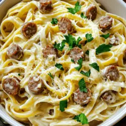 Für die perfekte Sausage Alfredo Pasta benötigen wir folgende Hauptzutaten: - 225 g Fettuccine-Nudeln - 1 Esslöffel Olivenöl - 450 g italienische Bratwurst (mild oder scharf, Häute entfernt) - 4 Knoblauchzehen, fein gehackt - 240 ml Sahne - 100 g frisch geriebener Parmesan - 1 Teelöffel italienische Gewürzmischung - Salz und Pfeffer nach Geschmack - Frische Petersilie, gehackt (zum Garnieren) - Extra Parmesan (zum Servieren) Diese Zutaten bilden die Grundlage für ein köstliches Gericht. Die Fettuccine sind perfekt für die cremige Sauce. Die Bratwurst sorgt für einen herzhaften Geschmack. Frische Kräuter sind der Schlüssel zu einem lebendigen Gericht. Hier sind einige, die ich empfehle: - Frische Petersilie - Basilikum - Oregano Die Petersilie bringt Frische und Farbe. Basilikum fügt einen süßen Duft hinzu. Oregano gibt dem Gericht Tiefe und Geschmack. Verwende diese Kräuter, um das Gericht zu verfeinern. Um die Sausage Alfredo Pasta zuzubereiten, brauchst du einige einfache Utensilien: - Großer Topf für die Nudeln - Große Pfanne für die Wurst und Sauce - Holzlöffel zum Rühren - Sieb zum Abgießen der Nudeln Diese Geräte machen das Kochen leicht und schnell. Sie helfen dir, die verschiedenen Schritte einfach zu verfolgen. Mit diesen Utensilien kannst du die komplette Zubereitung sicher und effizient meistern. Um die Fettuccine perfekt zu kochen, bringt zuerst einen großen Topf mit Wasser zum Kochen. Füge dann Salz hinzu. Das hilft, den Nudeln Geschmack zu geben. Gib die Fettuccine hinein und koche sie nach Packungsanweisung al dente. Das bedeutet, sie sind bissfest. Wenn sie fertig sind, gieße sie ab. Vergiss nicht, etwa 120 ml Nudelwasser aufzuheben. Das wird später wichtig. Nehme eine große Pfanne und erhitze das Olivenöl bei mittlerer Hitze. Füge die italienische Bratwurst hinzu. Mit einem Holzlöffel zerbrichst du die Wurst in kleine Stücke. Brate sie 5 bis 7 Minuten lang, bis sie goldbraun ist. Achte darauf, dass sie gut durchgegart ist. Das sorgt für tollen Geschmack. Jetzt kommt der spannende Teil! Füge den fein gehackten Knoblauch zur Wurst in die Pfanne. Brate ihn 1 bis 2 Minuten, bis er duftet. Dann gieße die Sahne in die Pfanne. Rühre alles gut um und bringe die Mischung sanft zum Köcheln. Jetzt kommt der Parmesan! Rühre ihn ein, bis er schmilzt und die Sauce cremig wird. Gib die italienische Gewürzmischung sowie Salz und Pfeffer nach Geschmack dazu. Es ist Zeit, die Nudeln hinzuzufügen! Gib die gekochten Fettuccine in die Pfanne. Rühre alles gut um, damit die Nudeln die Sauce aufnehmen. Wenn die Sauce zu dick ist, füge langsam etwas von dem aufbewahrten Nudelwasser hinzu. So wird alles schön cremig und lecker. Zum Servieren nimm die Pfanne vom Herd. Garniere das Gericht mit frisch gehackter Petersilie und zusätzlichem Parmesan. Das sieht nicht nur gut aus, sondern schmeckt auch fantastisch. Du kannst die Pasta direkt auf den Tellern anrichten oder in einer großen Schüssel servieren. Für das vollständige Rezept klicke auf [Full Recipe]. Um die Alfredo-Sauce noch cremiger zu machen, gibt es einige einfache Tipps. Zuerst sollten Sie die Sahne langsam erhitzen. Kochen Sie sie nicht zu stark. Fügen Sie dann den Parmesan nach und nach hinzu. Rühren Sie gut, damit er schmilzt. Wenn die Sauce zu dick ist, geben Sie etwas Nudelwasser hinzu. Es macht die Sauce dünner und cremiger. Ein weiterer Trick ist, Frischkäse oder Mascarpone hinzuzufügen. Dies verleiht der Sauce mehr Struktur und Geschmack. Sausage Alfredo Pasta passt gut zu verschiedenen Beilagen. Ein einfacher gemischter Salat bringt Frische. Sie können auch geröstetes Gemüse servieren, wie Zucchini oder Paprika. Knoblauchbrot ist eine weitere leckere Option. Es ergänzt die Sauce perfekt. Eine Scheibe frisches Baguette ist auch ideal, um die Sauce aufzutunken. Ein häufiger Fehler ist, die Wurst zu lange zu braten. Sie sollte goldbraun sein, aber nicht zu trocken. Ein weiterer Fehler ist, die Sauce zu stark zu kochen. Sie verliert dann ihre Cremigkeit. Achten Sie darauf, die Nudeln nicht zu überkochen. Sie sollten al dente sein, damit sie gut mit der Sauce harmonieren. Schließlich sollten Sie die Sauce immer gut würzen. Ein bisschen Salz und Pfeffer machen einen großen Unterschied im Geschmack. {{image_4}} Wenn du eine vegetarische Option möchtest, probiere sojabasierte Wurst oder Linsen. Diese Alternativen bieten einen ähnlichen Geschmack und eine gute Textur. Du kannst auch gebratene Champignons oder Zucchini hinzufügen. Sie bringen Frische und einen tollen Geschmack in das Gericht. Vegetarische Wurst gibt es in vielen Geschmacksrichtungen. So kannst du die perfekte Wahl für dein Gericht finden. Um mehr Geschmack zu erzielen, füge etwas Spinat oder Erbsen hinzu. Diese Zutaten bringen Farbe und Nährstoffe. Auch eine Prise Muskatnuss kann die Sauce aufpeppen. Wenn du es schärfer magst, probiere rote Pfefferflocken oder frische Chilis. Diese kleinen Änderungen machen das Gericht noch interessanter und leckerer. Wenn du glutenfrei kochen möchtest, nutze glutenfreie Nudeln. Diese sind leicht erhältlich und schmecken hervorragend. Für eine laktosefreie Version kannst du pflanzliche Sahne und Käse verwenden. Diese Produkte sind oft cremig und lecker. So kannst du das Gericht nach deinen Bedürfnissen anpassen und genießen. Wenn du mehr Anpassungen benötigst, schaue dir die [Full Recipe] an. Um deine übrig gebliebene Sausage Alfredo Pasta richtig zu lagern, lege sie in einen luftdichten Behälter. Lass die Pasta zuerst auf Raumtemperatur abkühlen. So bleibt der Geschmack frisch und die Textur bleibt gut. Wenn du das Gericht aufwärmen möchtest, benutze eine Pfanne. Füge einen Schuss Wasser oder Sahne hinzu, um die Sauce cremig zu halten. Erhitze die Pasta bei mittlerer Hitze und rühre oft um. So bleibt die Pasta nicht klebrig. Im Kühlschrank bleibt die Sausage Alfredo Pasta etwa 3 bis 4 Tage frisch. Wenn du sie länger aufbewahren möchtest, friere sie ein. Im Gefrierschrank hält sie bis zu 3 Monate. Stelle sicher, dass du die Pasta in einem gefrierfesten Behälter aufbewahrst. Die Zubereitung von Sausage Alfredo Pasta dauert etwa 25 Minuten. Das ist schnell und einfach! In dieser Zeit kochen Sie die Nudeln, braten die Wurst und machen die Sauce. So haben Sie ein leckeres Gericht in kurzer Zeit. Ja, Sie können andere Nudelsorten verwenden! Fettuccine sind perfekt, aber Penne oder Tagliatelle passen auch gut. Experimentieren Sie mit Ihrer Lieblingssorte. Jede Nudel bringt einen eigenen Geschmack und Textur in das Gericht. Ja, dieses Gericht ist kinderfreundlich! Die Wurst ist herzhaft, und die cremige Sauce ist mild. Sie können die Schärfe der Wurst anpassen, um es noch sanfter zu machen. Viele Kinder lieben Pasta mit Sauce. Um eine leichtere Version zu machen, verwenden Sie fettarme Sahne oder Milch. Sie können auch weniger Käse nehmen. Fügen Sie mehr Gemüse hinzu, wie Spinat oder Brokkoli, um das Gericht gesünder zu gestalten. So bleibt der Geschmack lecker und frisch. Sie können die Schärfe der Wurst einfach anpassen. Wählen Sie milde italienische Wurst für wenig Schärfe. Wenn Sie mehr Würze wollen, nehmen Sie scharfe Wurst oder fügen Sie etwas Cayennepfeffer hinzu. So kontrollieren Sie, wie scharf Ihr Gericht wird. Sausage Alfredo Pasta ist ein einfaches, aber leckeres Gericht. Wir haben die Zutaten, die Zubereitung und Tipps besprochen. Frische Kräuter und Gewürze bringen viel Geschmack. Die richtige Technik macht die Sauce cremig und köstlich. Vergessen Sie nicht, Variationen auszuprobieren, um neue Geschmackserlebnisse zu entdecken. Bewahren Sie Reste gut auf, damit nichts verschwendet wird. Jetzt sind Sie bereit, Ihre eigenen Kreationen zu machen. Viel Spaß beim Kochen!