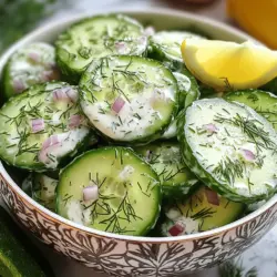 - 2 große Gurken, dünn geschnitten - 1 Tasse griechischer Joghurt - 1 Esslöffel Mayonnaise - 1 Esslöffel Apfelessig - 1 Teelöffel Knoblauchpulver - 1 Teelöffel frischer Dill, gehackt (oder ½ Teelöffel getrockneter Dill) - ½ Teelöffel Salz (nach Geschmack anpassen) - ¼ Teelöffel schwarzer Pfeffer - ¼ Tasse rote Zwiebel, fein gehackt - 1 Esslöffel Honig (optional für eine süße Note) Um einen cremigen Gurkensalat zu machen, benötigst du frische und knackige Gurken. Ich empfehle, die Gurken gut zu waschen und in dünne Scheiben zu schneiden. So wird der Salat erfrischend und leicht. Griechischer Joghurt und Mayonnaise geben dem Salat seine cremige Textur. Diese beiden Zutaten mische ich in einer Schüssel, um die Basis für unser Dressing zu bilden. Zusätzlich kommen Apfelessig und Knoblauchpulver ins Spiel. Diese bringen einen tollen Geschmack und eine leichte Säure. Der frische Dill sorgt für eine aromatische Note. Salz und Pfeffer runden das Ganze ab. Ich mag auch rote Zwiebeln für einen süßen und knackigen Biss. Wenn du es magst, füge etwas Honig hinzu. Das gibt dem Salat eine süße Note, die perfekt zu den Gurken passt. Jetzt hast du alle Zutaten für deinen cremigen Gurkensalat. Für das vollständige Rezept, schaue dir bitte das [Full Recipe] an. - Wasche die Gurken gründlich unter kaltem Wasser. - Schneide die Gurken mit einem scharfen Messer oder einem Mandolinen-Schneider in dünne Scheiben. Dünne Scheiben sorgen für einen knackigen Biss. - In einer Rührschüssel vermenge den griechischen Joghurt, die Mayonnaise, den Apfelessig, das Knoblauchpulver, den Dill, das Salz und den schwarzen Pfeffer. - Verquirle alles gründlich mit einem Schneebesen, bis die Mischung glatt ist. - Wenn du eine süße Note möchtest, füge den Honig hinzu und verrühre alles erneut. - Gib die geschnittenen Gurken und die gehackten roten Zwiebeln in eine große Schüssel. - Gieße das cremige Dressing über die Gurkenmischung. - Wende die Zutaten vorsichtig, bis die Gurkenscheiben gleichmäßig mit dem Dressing überzogen sind. Lass den Salat mindestens 30 Minuten im Kühlschrank ziehen, damit sich die Aromen entfalten können. Um die perfekte Konsistenz zu erreichen, passen Sie die Dressing-Zutaten an. Wenn das Dressing zu dick ist, fügen Sie etwas mehr griechischen Joghurt oder Apfelessig hinzu. Wenn es zu dünn ist, erhöhen Sie die Menge an Joghurt. Ein gutes Verhältnis ist der Schlüssel. So bleibt der Salat schön cremig. Lassen Sie den Salat mindestens 30 Minuten im Kühlschrank marinieren. Diese Zeit hilft den Aromen, sich gut zu entfalten. Der Joghurt zieht in die Gurken ein und sorgt für einen vollen Geschmack. Je länger der Salat ruht, desto besser wird er. Sie können auch eine Stunde oder länger warten, wenn die Zeit es erlaubt. Servieren Sie den Salat in einer gekühlten Schüssel. Garnieren Sie ihn mit frischem Dill für farbige Akzente. Ein Zitronenschnitz an der Seite bringt Frische und sieht schön aus. Diese einfachen Tipps machen Ihren cremigen Gurkensalat noch ansprechender. Verwenden Sie diese Hinweise, um bei Ihren Gästen Eindruck zu hinterlassen und genießen Sie den Genuss! {{image_4}} Sie können Ihren cremigen Gurkensalat aufregender machen. Fügen Sie Kirschtomaten hinzu. Diese kleinen Tomaten bringen Farbe und Süße. Würfeln Sie auch etwas Feta-Käse. Der Käse gibt einen salzigen und cremigen Geschmack. Kombinieren Sie alles gut. Sie werden überrascht sein, wie gut diese Zutaten zusammenpassen. Es gibt viele Optionen für Dressings. Sie können Joghurt-Variationen ausprobieren. Zum Beispiel, fügen Sie etwas Zitronensaft hinzu. Das bringt Frische und Säure. Kräuter-Dressings sind auch lecker. Verwenden Sie frische Kräuter wie Petersilie oder Schnittlauch. Diese Kräuter geben dem Salat mehr Geschmack und machen ihn noch gesünder. Gewürze können den Salat aufpeppen. Fügen Sie Chiliflocken hinzu, wenn Sie es scharf mögen. Ein wenig Zing kann das Gericht lebendiger machen. Zitronensaft ist eine weitere tolle Idee. Er verleiht dem Salat eine spritzige Note. Experimentieren Sie mit Gewürzen, um Ihren perfekten Geschmack zu finden. Um den cremigen Gurkensalat frisch zu halten, bewahre ihn im Kühlschrank auf. Lege ihn in einen luftdichten Behälter. So bleibt der Salat knackig und lecker. Stelle sicher, dass der Deckel fest sitzt, damit keine Luft eindringen kann. Wie lange bleibt der Salat frisch? Im Kühlschrank bleibt der Gurkensalat etwa 3 bis 5 Tage gut. Nach dieser Zeit kann die Frische nachlassen. Achte auf Geruch und Aussehen, um sicherzugehen, dass er noch gut ist. Für Partys kannst du den Salat im Voraus zubereiten. Bereite ihn bis zu 2 Tage vorher vor. Lagere ihn dann im Kühlschrank. Die Aromen entwickeln sich so noch besser. Rühre vor dem Servieren gut um, um alles frisch zu halten. Denke daran, die Gewürze nach deinem Geschmack anzupassen. Um den Gurkensalat noch cremiger zu machen, können Sie mehr Joghurt hinzufügen. Probieren Sie es mit einer Tasse und einem halben Joghurt. Das macht den Salat reichhaltiger. Eine weitere Option ist, etwas Frischkäse unterzumischen. Dies gibt zusätzlich eine tolle Textur. Wenn Sie es süßer mögen, fügen Sie mehr Honig hinzu. Diese Zutaten machen den Salat lecker und cremig. Ja, frische Kräuter sind eine tolle Wahl! Sie bringen mehr Geschmack und Frische. Verwenden Sie frischen Dill oder Petersilie. Diese Kräuter passen gut zum Gurkensalat. Hacken Sie die Kräuter fein, bevor Sie sie zum Dressing geben. Frische Kräuter geben dem Salat lebendige Aromen. Experimentieren Sie mit verschiedenen Kräutern für neuen Geschmack. Cremiger Gurkensalat passt gut zu vielen Gerichten. Er ist perfekt zu gegrilltem Fleisch oder Fisch. Außerdem ergänzt er gut Burger oder Sandwiches. Servieren Sie ihn neben einem leichten Hauptgericht. Er ist auch ein toller Snack für Picknicks. Kombinieren Sie ihn mit Brot oder Crackern für einen frischen Genuss. Entdecken Sie verschiedene Kombinationen und genießen Sie die Vielfalt! In diesem Blogbeitrag haben wir alles über den cremigen Gurkensalat betrachtet. Wir haben die Hauptzutaten wie Gurken und Joghurt behandelt. Die Schritt-für-Schritt-Anleitung macht die Zubereitung einfach. Tipps helfen, den Salat perfekt zu machen. Variationen und Lagerungshinweise sorgen für Vielfalt und Haltbarkeit. Probiere verschiedene Zutaten und Aromen aus, um deinen Favoriten zu finden. So wird dein Gurkensalat immer lecker sein!