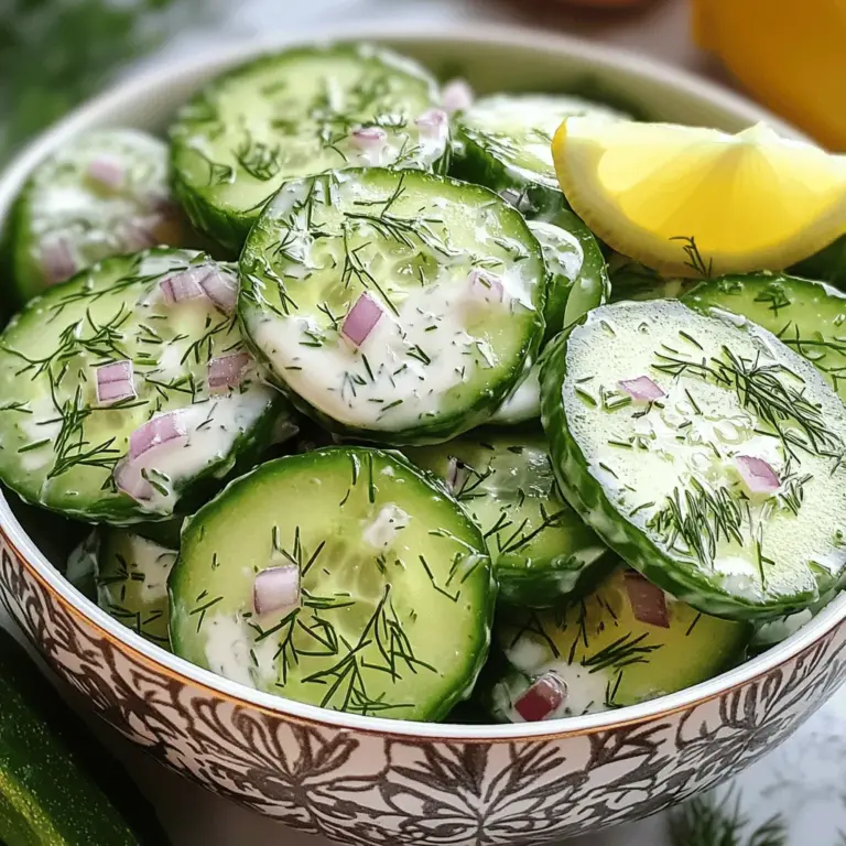 - 2 große Gurken, dünn geschnitten - 1 Tasse griechischer Joghurt - 1 Esslöffel Mayonnaise - 1 Esslöffel Apfelessig - 1 Teelöffel Knoblauchpulver - 1 Teelöffel frischer Dill, gehackt (oder ½ Teelöffel getrockneter Dill) - ½ Teelöffel Salz (nach Geschmack anpassen) - ¼ Teelöffel schwarzer Pfeffer - ¼ Tasse rote Zwiebel, fein gehackt - 1 Esslöffel Honig (optional für eine süße Note) Um einen cremigen Gurkensalat zu machen, benötigst du frische und knackige Gurken. Ich empfehle, die Gurken gut zu waschen und in dünne Scheiben zu schneiden. So wird der Salat erfrischend und leicht. Griechischer Joghurt und Mayonnaise geben dem Salat seine cremige Textur. Diese beiden Zutaten mische ich in einer Schüssel, um die Basis für unser Dressing zu bilden. Zusätzlich kommen Apfelessig und Knoblauchpulver ins Spiel. Diese bringen einen tollen Geschmack und eine leichte Säure. Der frische Dill sorgt für eine aromatische Note. Salz und Pfeffer runden das Ganze ab. Ich mag auch rote Zwiebeln für einen süßen und knackigen Biss. Wenn du es magst, füge etwas Honig hinzu. Das gibt dem Salat eine süße Note, die perfekt zu den Gurken passt. Jetzt hast du alle Zutaten für deinen cremigen Gurkensalat. Für das vollständige Rezept, schaue dir bitte das [Full Recipe] an. - Wasche die Gurken gründlich unter kaltem Wasser. - Schneide die Gurken mit einem scharfen Messer oder einem Mandolinen-Schneider in dünne Scheiben. Dünne Scheiben sorgen für einen knackigen Biss. - In einer Rührschüssel vermenge den griechischen Joghurt, die Mayonnaise, den Apfelessig, das Knoblauchpulver, den Dill, das Salz und den schwarzen Pfeffer. - Verquirle alles gründlich mit einem Schneebesen, bis die Mischung glatt ist. - Wenn du eine süße Note möchtest, füge den Honig hinzu und verrühre alles erneut. - Gib die geschnittenen Gurken und die gehackten roten Zwiebeln in eine große Schüssel. - Gieße das cremige Dressing über die Gurkenmischung. - Wende die Zutaten vorsichtig, bis die Gurkenscheiben gleichmäßig mit dem Dressing überzogen sind. Lass den Salat mindestens 30 Minuten im Kühlschrank ziehen, damit sich die Aromen entfalten können. Um die perfekte Konsistenz zu erreichen, passen Sie die Dressing-Zutaten an. Wenn das Dressing zu dick ist, fügen Sie etwas mehr griechischen Joghurt oder Apfelessig hinzu. Wenn es zu dünn ist, erhöhen Sie die Menge an Joghurt. Ein gutes Verhältnis ist der Schlüssel. So bleibt der Salat schön cremig. Lassen Sie den Salat mindestens 30 Minuten im Kühlschrank marinieren. Diese Zeit hilft den Aromen, sich gut zu entfalten. Der Joghurt zieht in die Gurken ein und sorgt für einen vollen Geschmack. Je länger der Salat ruht, desto besser wird er. Sie können auch eine Stunde oder länger warten, wenn die Zeit es erlaubt. Servieren Sie den Salat in einer gekühlten Schüssel. Garnieren Sie ihn mit frischem Dill für farbige Akzente. Ein Zitronenschnitz an der Seite bringt Frische und sieht schön aus. Diese einfachen Tipps machen Ihren cremigen Gurkensalat noch ansprechender. Verwenden Sie diese Hinweise, um bei Ihren Gästen Eindruck zu hinterlassen und genießen Sie den Genuss! {{image_4}} Sie können Ihren cremigen Gurkensalat aufregender machen. Fügen Sie Kirschtomaten hinzu. Diese kleinen Tomaten bringen Farbe und Süße. Würfeln Sie auch etwas Feta-Käse. Der Käse gibt einen salzigen und cremigen Geschmack. Kombinieren Sie alles gut. Sie werden überrascht sein, wie gut diese Zutaten zusammenpassen. Es gibt viele Optionen für Dressings. Sie können Joghurt-Variationen ausprobieren. Zum Beispiel, fügen Sie etwas Zitronensaft hinzu. Das bringt Frische und Säure. Kräuter-Dressings sind auch lecker. Verwenden Sie frische Kräuter wie Petersilie oder Schnittlauch. Diese Kräuter geben dem Salat mehr Geschmack und machen ihn noch gesünder. Gewürze können den Salat aufpeppen. Fügen Sie Chiliflocken hinzu, wenn Sie es scharf mögen. Ein wenig Zing kann das Gericht lebendiger machen. Zitronensaft ist eine weitere tolle Idee. Er verleiht dem Salat eine spritzige Note. Experimentieren Sie mit Gewürzen, um Ihren perfekten Geschmack zu finden. Um den cremigen Gurkensalat frisch zu halten, bewahre ihn im Kühlschrank auf. Lege ihn in einen luftdichten Behälter. So bleibt der Salat knackig und lecker. Stelle sicher, dass der Deckel fest sitzt, damit keine Luft eindringen kann. Wie lange bleibt der Salat frisch? Im Kühlschrank bleibt der Gurkensalat etwa 3 bis 5 Tage gut. Nach dieser Zeit kann die Frische nachlassen. Achte auf Geruch und Aussehen, um sicherzugehen, dass er noch gut ist. Für Partys kannst du den Salat im Voraus zubereiten. Bereite ihn bis zu 2 Tage vorher vor. Lagere ihn dann im Kühlschrank. Die Aromen entwickeln sich so noch besser. Rühre vor dem Servieren gut um, um alles frisch zu halten. Denke daran, die Gewürze nach deinem Geschmack anzupassen. Um den Gurkensalat noch cremiger zu machen, können Sie mehr Joghurt hinzufügen. Probieren Sie es mit einer Tasse und einem halben Joghurt. Das macht den Salat reichhaltiger. Eine weitere Option ist, etwas Frischkäse unterzumischen. Dies gibt zusätzlich eine tolle Textur. Wenn Sie es süßer mögen, fügen Sie mehr Honig hinzu. Diese Zutaten machen den Salat lecker und cremig. Ja, frische Kräuter sind eine tolle Wahl! Sie bringen mehr Geschmack und Frische. Verwenden Sie frischen Dill oder Petersilie. Diese Kräuter passen gut zum Gurkensalat. Hacken Sie die Kräuter fein, bevor Sie sie zum Dressing geben. Frische Kräuter geben dem Salat lebendige Aromen. Experimentieren Sie mit verschiedenen Kräutern für neuen Geschmack. Cremiger Gurkensalat passt gut zu vielen Gerichten. Er ist perfekt zu gegrilltem Fleisch oder Fisch. Außerdem ergänzt er gut Burger oder Sandwiches. Servieren Sie ihn neben einem leichten Hauptgericht. Er ist auch ein toller Snack für Picknicks. Kombinieren Sie ihn mit Brot oder Crackern für einen frischen Genuss. Entdecken Sie verschiedene Kombinationen und genießen Sie die Vielfalt! In diesem Blogbeitrag haben wir alles über den cremigen Gurkensalat betrachtet. Wir haben die Hauptzutaten wie Gurken und Joghurt behandelt. Die Schritt-für-Schritt-Anleitung macht die Zubereitung einfach. Tipps helfen, den Salat perfekt zu machen. Variationen und Lagerungshinweise sorgen für Vielfalt und Haltbarkeit. Probiere verschiedene Zutaten und Aromen aus, um deinen Favoriten zu finden. So wird dein Gurkensalat immer lecker sein!