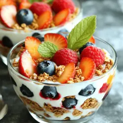 Für den Frischen Beeren-Parfait brauchen wir: - 2 Tassen gemischte Beeren (Erdbeeren, Heidelbeeren, Himbeeren) - 2 Tassen griechischer Joghurt (natur oder Vanille) - 1 Tasse Granola (nach Wahl) - 2 Esslöffel Honig oder Ahornsirup (optional) - Frische Minzblätter zur Garnierung Die Auswahl frischer Beeren ist wichtig. Achten Sie auf folgende Punkte: - Wählen Sie Beeren, die fest und prall sind. - Die Farben sollten lebendig und gleichmäßig sein. - Vermeiden Sie Beeren mit Druckstellen oder Schimmel. - Kaufen Sie saisonale Beeren für den besten Geschmack. Frische Beeren haben mehr Nährstoffe und besseres Aroma. Besuchen Sie lokale Märkte für die frischesten Optionen. Falls Sie andere Zutaten ausprobieren möchten, sind hier einige Ideen: - Statt griechischem Joghurt können Sie auch pflanzlichen Joghurt verwenden. - Mischen Sie verschiedene Nüsse oder Samen in das Granola. - Probieren Sie andere Süßungsmittel wie Kokosblütenzucker. - Für einen besonderen Geschmack fügen Sie etwas Vanilleextrakt hinzu. Diese Alternativen helfen, das Rezept an Ihren Geschmack anzupassen. Kombinieren Sie Ihre Lieblingszutaten, um ein einzigartiges Parfait zu schaffen. Denken Sie daran, dass die Auswahl der Zutaten den Genuss steigert. Der Frische und Qualität der Zutaten sollten immer im Vordergrund stehen. Waschen Sie die Beeren gründlich. Legen Sie sie in eine Schüssel mit kaltem Wasser. Schwenken Sie die Beeren sanft, um Schmutz zu entfernen. Bei Erdbeeren entfernen Sie den Stiel und schneiden sie in kleine Stücke. So passen sie gut in das Parfait. Nehmen Sie eine große Schüssel. Geben Sie den griechischen Joghurt hinein. Wenn Sie es süß mögen, fügen Sie Honig oder Ahornsirup hinzu. Rühren Sie die Mischung gut um, bis alles gleichmäßig zusammenkommt. So macht der Joghurt das Parfait lecker. Nehmen Sie klare Serviergläser. Beginnen Sie mit einer Schicht Joghurt (ca. 1/4 Tasse). Fügen Sie dann 2 Esslöffel Granola hinzu. Decken Sie die Granola-Schicht mit einer Handvoll gemischter Beeren ab. Wiederholen Sie die Schichten, bis die Gläser voll sind. Beenden Sie mit einer Schicht Beeren oben. Träufeln Sie etwas Honig über die oberste Schicht und garnieren Sie mit Minzblättern. So sieht es schön aus. Für die genaue Zubereitung und die Zutaten schauen Sie sich das [Full Recipe] an. Für die beste Konsistenz braucht man den richtigen Joghurt. Griechischer Joghurt ist dick und cremig. Er hält die Schichten gut zusammen. Mischen Sie ihn mit Honig oder Sirup. Dies macht ihn süß und lecker. Schichten Sie die Zutaten vorsichtig. Beginnen Sie mit dem Joghurt. Dann kommen Granola und Beeren. Achten Sie darauf, dass die Schichten gleichmäßig sind. So sieht das Parfait toll aus. Um das Parfait frisch zu halten, lagern Sie es kühl. Stellen Sie das Parfait in den Kühlschrank, wenn Sie es nicht sofort essen. Die Beeren bleiben so knackig. Verwenden Sie frische Zutaten für den besten Geschmack. Mischen Sie die Granola erst kurz vor dem Servieren hinein. So bleibt sie knusprig und lecker. Wenn Sie das Parfait vorbereiten, decken Sie es gut ab. So schützen Sie es vor Luft und Feuchtigkeit. Das Anrichten macht viel aus. Verwenden Sie klare Gläser oder Schalen. So sieht man die schönen Schichten. Garnieren Sie das Parfait mit frischen Minzblättern. Fügen Sie ein paar Beeren oben drauf hinzu. Das macht es schön und einladend. Stellen Sie die Gläser auf einen hübschen Servierteller. So wird das Parfait zum Blickfang auf jedem Tisch. Für die Feierlichkeit können Sie auch essbare Blüten verwenden. Das bringt Farbe und einen besonderen Touch. {{image_4}} Um Ihrem Frischen Berry Parfait mehr Geschmack zu verleihen, können Sie verschiedene Toppings hinzufügen. Einige gute Optionen sind: - Nüsse: Mandeln oder Walnüsse geben einen schönen Crunch. - Kokosraspeln: Diese bringen eine süße und tropische Note. - Schokoladensplitter: Für Schokoladenliebhaber sind diese ein echter Hit. - Zimt oder Vanille: Ein Hauch von Zimt oder Vanille macht alles besser. Diese Toppings machen das Parfait nicht nur geschmackvoller, sondern auch bunter und ansprechender. Wenn Sie eine vegane Option bevorzugen, gibt es einfache Alternativen. Statt griechischem Joghurt können Sie: - Kokosjoghurt: Er hat einen tollen Geschmack und eine cremige Textur. - Sojajoghurt: Eine gute Quelle für pflanzliches Protein. Für Süßungsmittel verwenden Sie: - Agavendicksaft: Ein köstlicher, veganer Süßstoff. - Kokosblütenzucker: Er hat einen einzigartigen Geschmack und ist gesund. Diese Optionen machen das Parfait nicht nur vegan, sondern auch lecker. Um Ihr Parfait frisch und spannend zu halten, wechseln Sie die Früchte nach Saison. Im Frühling und Sommer sind Erdbeeren und Himbeeren ideal. Im Herbst können Sie: - Äpfel: In kleine Stücke schneiden und mit Zimt bestäuben. - Birnen: Diese geben eine süße und saftige Note. Im Winter sind Zitrusfrüchte wie Orangen oder Grapefruits eine tolle Wahl. Sie bringen Frische und Farbe in Ihr Parfait. Um Ihren Beeren-Parfait frisch zu halten, decken Sie ihn gut ab. Nutzen Sie Frischhaltefolie oder einen luftdichten Behälter. Lagern Sie ihn im Kühlschrank. So bleibt er bis zu zwei Tage genießbar. Die Beeren sollten frisch und trocken sein. Lagern Sie sie in einem offenen Behälter im Kühlschrank. Granola bleibt am besten in einer luftdichten Verpackung. Der Joghurt ist im Kühlschrank bis zum Haltbarkeitsdatum verwendbar. Wenn Sie Honig oder Ahornsirup verwenden, halten Sie diese in einem kühlen, dunklen Ort. Frischer Beeren-Parfait hält sich bis zu zwei Tage. Nach dieser Zeit können die Beeren matschig werden. Sie können die einzelnen Schichten auch wiederverwenden. Nehmen Sie einfach alle Zutaten und erstellen Sie einen neuen Parfait. So verhindern Sie Lebensmittelverschwendung und genießen neue Kombinationen. Ja, gefrorene Beeren sind eine gute Wahl. Sie sind oft frisch gefroren, was die Nährstoffe erhält. Achte darauf, sie vor der Verwendung aufzutauen. Tupfe sie dann trocken, um überschüssige Feuchtigkeit zu entfernen. So bleibt dein Parfait nicht matschig. Gefrorene Beeren bieten auch eine größere Auswahl, besonders außerhalb der Saison. Ja, dieser Beeren-Parfait ist gesund und nahrhaft. Er enthält frische Beeren, die reich an Vitaminen und Antioxidantien sind. Griechischer Joghurt liefert Protein und Kalzium. Granola bietet Ballaststoffe, die gut für die Verdauung sind. Du kannst den Zuckergehalt leicht anpassen, indem du Honig oder Sirup weglässt. So bleibt er leicht und frisch. Um die Portionsgröße anzupassen, ändere einfach die Menge der Zutaten. Für weniger Portionen verwende weniger Beeren, Joghurt und Granola. Du kannst auch kleinere Gläser wählen. Wenn du mehr Portionen brauchst, verdopple oder verdreifache die Zutaten. Achte darauf, die Schichten gleichmäßig zu halten, damit jeder Bissen lecker bleibt. Der Frische Beeren-Parfait ist einfach zuzubereiten und voller Geschmack. Wir haben die besten Zutaten, Tipps zur Auswahl und Varianten besprochen. Zudem erklärte ich, wie man die Beeren richtig wäscht und die perfekte Joghurt-Mischung erstellt. Beachte die Lagerung, um Frische zu bewahren. Für besondere Anlässe hast du auch kreative Anrichtungsoptionen. Denke daran, dass du gefrorene Beeren nutzen kannst. Setze deine Ideen jetzt um und genieße diesen nahrhaften Snack!