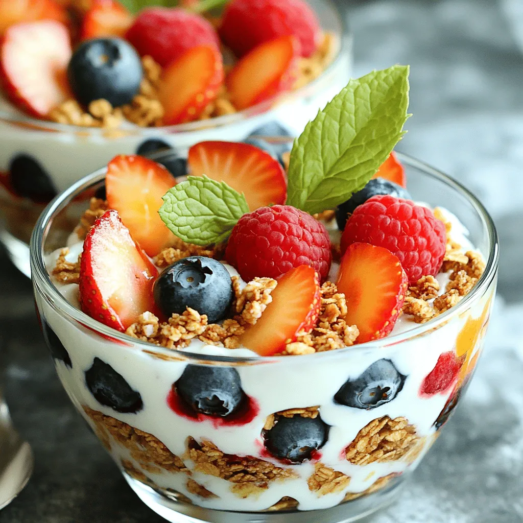 Für den Frischen Beeren-Parfait brauchen wir: - 2 Tassen gemischte Beeren (Erdbeeren, Heidelbeeren, Himbeeren) - 2 Tassen griechischer Joghurt (natur oder Vanille) - 1 Tasse Granola (nach Wahl) - 2 Esslöffel Honig oder Ahornsirup (optional) - Frische Minzblätter zur Garnierung Die Auswahl frischer Beeren ist wichtig. Achten Sie auf folgende Punkte: - Wählen Sie Beeren, die fest und prall sind. - Die Farben sollten lebendig und gleichmäßig sein. - Vermeiden Sie Beeren mit Druckstellen oder Schimmel. - Kaufen Sie saisonale Beeren für den besten Geschmack. Frische Beeren haben mehr Nährstoffe und besseres Aroma. Besuchen Sie lokale Märkte für die frischesten Optionen. Falls Sie andere Zutaten ausprobieren möchten, sind hier einige Ideen: - Statt griechischem Joghurt können Sie auch pflanzlichen Joghurt verwenden. - Mischen Sie verschiedene Nüsse oder Samen in das Granola. - Probieren Sie andere Süßungsmittel wie Kokosblütenzucker. - Für einen besonderen Geschmack fügen Sie etwas Vanilleextrakt hinzu. Diese Alternativen helfen, das Rezept an Ihren Geschmack anzupassen. Kombinieren Sie Ihre Lieblingszutaten, um ein einzigartiges Parfait zu schaffen. Denken Sie daran, dass die Auswahl der Zutaten den Genuss steigert. Der Frische und Qualität der Zutaten sollten immer im Vordergrund stehen. Waschen Sie die Beeren gründlich. Legen Sie sie in eine Schüssel mit kaltem Wasser. Schwenken Sie die Beeren sanft, um Schmutz zu entfernen. Bei Erdbeeren entfernen Sie den Stiel und schneiden sie in kleine Stücke. So passen sie gut in das Parfait. Nehmen Sie eine große Schüssel. Geben Sie den griechischen Joghurt hinein. Wenn Sie es süß mögen, fügen Sie Honig oder Ahornsirup hinzu. Rühren Sie die Mischung gut um, bis alles gleichmäßig zusammenkommt. So macht der Joghurt das Parfait lecker. Nehmen Sie klare Serviergläser. Beginnen Sie mit einer Schicht Joghurt (ca. 1/4 Tasse). Fügen Sie dann 2 Esslöffel Granola hinzu. Decken Sie die Granola-Schicht mit einer Handvoll gemischter Beeren ab. Wiederholen Sie die Schichten, bis die Gläser voll sind. Beenden Sie mit einer Schicht Beeren oben. Träufeln Sie etwas Honig über die oberste Schicht und garnieren Sie mit Minzblättern. So sieht es schön aus. Für die genaue Zubereitung und die Zutaten schauen Sie sich das [Full Recipe] an. Für die beste Konsistenz braucht man den richtigen Joghurt. Griechischer Joghurt ist dick und cremig. Er hält die Schichten gut zusammen. Mischen Sie ihn mit Honig oder Sirup. Dies macht ihn süß und lecker. Schichten Sie die Zutaten vorsichtig. Beginnen Sie mit dem Joghurt. Dann kommen Granola und Beeren. Achten Sie darauf, dass die Schichten gleichmäßig sind. So sieht das Parfait toll aus. Um das Parfait frisch zu halten, lagern Sie es kühl. Stellen Sie das Parfait in den Kühlschrank, wenn Sie es nicht sofort essen. Die Beeren bleiben so knackig. Verwenden Sie frische Zutaten für den besten Geschmack. Mischen Sie die Granola erst kurz vor dem Servieren hinein. So bleibt sie knusprig und lecker. Wenn Sie das Parfait vorbereiten, decken Sie es gut ab. So schützen Sie es vor Luft und Feuchtigkeit. Das Anrichten macht viel aus. Verwenden Sie klare Gläser oder Schalen. So sieht man die schönen Schichten. Garnieren Sie das Parfait mit frischen Minzblättern. Fügen Sie ein paar Beeren oben drauf hinzu. Das macht es schön und einladend. Stellen Sie die Gläser auf einen hübschen Servierteller. So wird das Parfait zum Blickfang auf jedem Tisch. Für die Feierlichkeit können Sie auch essbare Blüten verwenden. Das bringt Farbe und einen besonderen Touch. {{image_4}} Um Ihrem Frischen Berry Parfait mehr Geschmack zu verleihen, können Sie verschiedene Toppings hinzufügen. Einige gute Optionen sind: - Nüsse: Mandeln oder Walnüsse geben einen schönen Crunch. - Kokosraspeln: Diese bringen eine süße und tropische Note. - Schokoladensplitter: Für Schokoladenliebhaber sind diese ein echter Hit. - Zimt oder Vanille: Ein Hauch von Zimt oder Vanille macht alles besser. Diese Toppings machen das Parfait nicht nur geschmackvoller, sondern auch bunter und ansprechender. Wenn Sie eine vegane Option bevorzugen, gibt es einfache Alternativen. Statt griechischem Joghurt können Sie: - Kokosjoghurt: Er hat einen tollen Geschmack und eine cremige Textur. - Sojajoghurt: Eine gute Quelle für pflanzliches Protein. Für Süßungsmittel verwenden Sie: - Agavendicksaft: Ein köstlicher, veganer Süßstoff. - Kokosblütenzucker: Er hat einen einzigartigen Geschmack und ist gesund. Diese Optionen machen das Parfait nicht nur vegan, sondern auch lecker. Um Ihr Parfait frisch und spannend zu halten, wechseln Sie die Früchte nach Saison. Im Frühling und Sommer sind Erdbeeren und Himbeeren ideal. Im Herbst können Sie: - Äpfel: In kleine Stücke schneiden und mit Zimt bestäuben. - Birnen: Diese geben eine süße und saftige Note. Im Winter sind Zitrusfrüchte wie Orangen oder Grapefruits eine tolle Wahl. Sie bringen Frische und Farbe in Ihr Parfait. Um Ihren Beeren-Parfait frisch zu halten, decken Sie ihn gut ab. Nutzen Sie Frischhaltefolie oder einen luftdichten Behälter. Lagern Sie ihn im Kühlschrank. So bleibt er bis zu zwei Tage genießbar. Die Beeren sollten frisch und trocken sein. Lagern Sie sie in einem offenen Behälter im Kühlschrank. Granola bleibt am besten in einer luftdichten Verpackung. Der Joghurt ist im Kühlschrank bis zum Haltbarkeitsdatum verwendbar. Wenn Sie Honig oder Ahornsirup verwenden, halten Sie diese in einem kühlen, dunklen Ort. Frischer Beeren-Parfait hält sich bis zu zwei Tage. Nach dieser Zeit können die Beeren matschig werden. Sie können die einzelnen Schichten auch wiederverwenden. Nehmen Sie einfach alle Zutaten und erstellen Sie einen neuen Parfait. So verhindern Sie Lebensmittelverschwendung und genießen neue Kombinationen. Ja, gefrorene Beeren sind eine gute Wahl. Sie sind oft frisch gefroren, was die Nährstoffe erhält. Achte darauf, sie vor der Verwendung aufzutauen. Tupfe sie dann trocken, um überschüssige Feuchtigkeit zu entfernen. So bleibt dein Parfait nicht matschig. Gefrorene Beeren bieten auch eine größere Auswahl, besonders außerhalb der Saison. Ja, dieser Beeren-Parfait ist gesund und nahrhaft. Er enthält frische Beeren, die reich an Vitaminen und Antioxidantien sind. Griechischer Joghurt liefert Protein und Kalzium. Granola bietet Ballaststoffe, die gut für die Verdauung sind. Du kannst den Zuckergehalt leicht anpassen, indem du Honig oder Sirup weglässt. So bleibt er leicht und frisch. Um die Portionsgröße anzupassen, ändere einfach die Menge der Zutaten. Für weniger Portionen verwende weniger Beeren, Joghurt und Granola. Du kannst auch kleinere Gläser wählen. Wenn du mehr Portionen brauchst, verdopple oder verdreifache die Zutaten. Achte darauf, die Schichten gleichmäßig zu halten, damit jeder Bissen lecker bleibt. Der Frische Beeren-Parfait ist einfach zuzubereiten und voller Geschmack. Wir haben die besten Zutaten, Tipps zur Auswahl und Varianten besprochen. Zudem erklärte ich, wie man die Beeren richtig wäscht und die perfekte Joghurt-Mischung erstellt. Beachte die Lagerung, um Frische zu bewahren. Für besondere Anlässe hast du auch kreative Anrichtungsoptionen. Denke daran, dass du gefrorene Beeren nutzen kannst. Setze deine Ideen jetzt um und genieße diesen nahrhaften Snack!