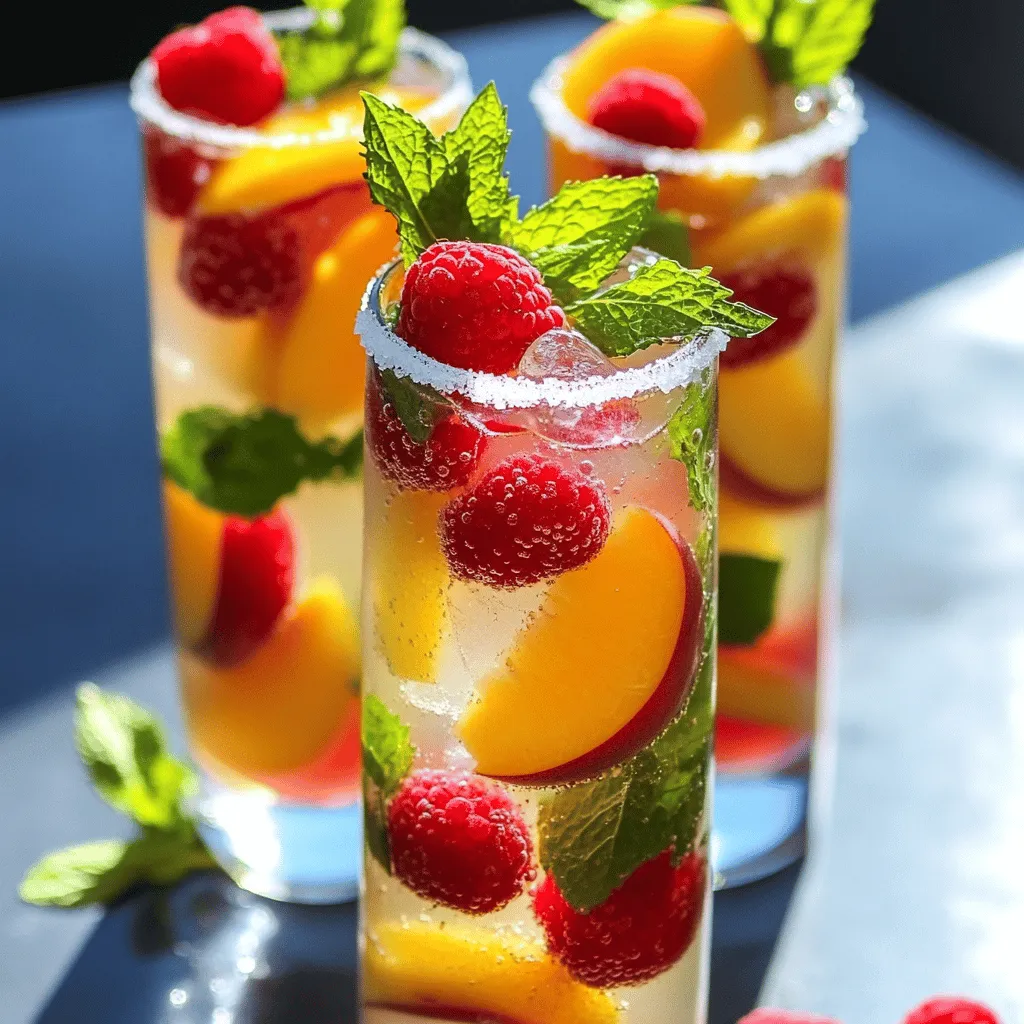 Hier sind die Zutaten für die erfrischende Himbeer-Pfirsich-Limonade. Diese Mischung ist perfekt für heiße Tage! - Himbeeren - Pfirsich - Zitronensaft - Kristallzucker - Kaltes Wasser - Eiswürfel - Minzesträuße zur Dekoration Ich empfehle, frische Früchte zu wählen. Sie geben der Limonade mehr Geschmack und Farbe. Die Himbeeren sollten reif und saftig sein. Ein reifer Pfirsich ist süß und hat ein tolles Aroma. Frisch gepresster Zitronensaft bringt die perfekte Säure. Kristallzucker süßt die Limonade und balanciert die Aromen. Kaltes Wasser sorgt für Erfrischung. Eiswürfel machen das Getränk kühl und angenehm. Die Minzesträuße sind nicht nur schön, sie geben auch einen frischen Duft ab. Für die beste Limonade achte darauf, alles frisch und von guter Qualität zu wählen. So schmeckt die Himbeer-Pfirsich-Limonade am besten! Wenn du bereit bist, schau dir das vollständige Rezept an, um die Zubereitung zu lernen. Zuerst bereite ich die Himbeeren und den Pfirsich vor. Ich wasche die Himbeeren gründlich. Danach schneide ich den Pfirsich in kleine Scheiben. Ich achte darauf, den Pfirsich zu entsteinen. Es macht die Zubereitung einfacher. Jetzt mixe ich die Zutaten. Ich gebe die Himbeeren und die Pfirsichscheiben in einen Mixer. Ich füge die Hälfte des Zitronensafts hinzu. Dann mixe ich alles, bis es glatt ist. Als Nächstes seie ich die Mischung. Ich benutze ein feines Sieb, um die pürierte Fruchtmasse in einen großen Krug zu gießen. Mit einem Löffel drücke ich die Mischung gut durch. So bekomme ich viel Flüssigkeit heraus. Die festen Bestandteile werfe ich weg. Jetzt füge ich den restlichen Zitronensaft und den Zucker hinzu. Ich rühre gut um, bis der Zucker vollständig aufgelöst ist. Es ist wichtig, dass die Mischung süß und frisch schmeckt. Nun mische ich alles mit kaltem Wasser. Ich gieße vier Tassen Wasser in den Krug. Dann rühre ich alles gut durch. Jetzt probiere ich die Limonade. Wenn sie nicht süß genug ist, kann ich mehr Zucker hinzufügen. Zum Servieren nehme ich hohe Gläser und fülle sie mit Eiswürfeln. Ich dekoriere jedes Glas mit frischen Minzesträußen und ein paar ganzen Himbeeren. So sieht die Limonade toll aus! Für den besonderen Touch kann ich eine Pfirsichscheibe am Glasrand anbringen und sie in Zucker tauchen. Das ist die perfekte Erfrischung für heiße Tage! Für die vollständige Anleitung, schau dir das Full Recipe an. - <strong>Frische vs. gefrorene Früchte</strong> Frische Früchte geben der Limonade mehr Geschmack. Sie sind süßer und saftiger. Wenn frische Früchte nicht verfügbar sind, können Sie gefrorene verwenden. Achten Sie darauf, ungesüßte gefrorene Früchte zu wählen. Diese haben einen ähnlichen Geschmack und sind leicht zu nutzen. – <strong>Tipps zur Auswahl reifer Pfirsiche</strong> Wählen Sie weiche, duftende Pfirsiche aus. Drücken Sie leicht auf die Frucht, um die Reife zu prüfen. Ein reifer Pfirsich gibt nach, wenn Sie ihn berühren. Die Haut sollte glatt sein und keine braunen Flecken zeigen. Wenn Sie einen Pfirsich kaufen, lassen Sie ihn ein paar Tage bei Zimmertemperatur reifen, falls er noch hart ist. – <strong>Alternative Süßungsmittel</strong> Neben Kristallzucker können Sie Honig oder Agavendicksaft verwenden. Diese geben der Limonade einen besonderen Geschmack. Süßungsmittel wie Stevia oder Erythrit sind kalorienarm. Diese Optionen sind perfekt für eine gesunde Limonade. – <strong>Anpassung des Zuckergehalts</strong> Passen Sie die Süße nach Ihrem Geschmack an. Probieren Sie die Limonade, während Sie Zucker hinzufügen. Beginnen Sie mit weniger Zucker und erhöhen Sie nach Bedarf. So finden Sie die perfekte Balance zwischen Süße und Säure. – <strong>Ansprechende Serviervorschläge</strong> Servieren Sie die Limonade in hohen Gläsern mit Eis. Fügen Sie frische Minzesträuße hinzu für Farbe und Aroma. Verwenden Sie klare Gläser, um die schöne Farbe der Limonade zu zeigen. Stellen Sie die Gläser auf ein hübsches Tablett, um sie richtig zu präsentieren. – <strong>Dekorationstipps</strong> Für mehr Flair können Sie Pfirsichscheiben am Glasrand anbringen. Streuen Sie ein paar Himbeeren in die Limonade. Ein Hauch von frischer Minze macht die Limonade noch schöner. Diese Details machen Ihre Limonade zu einem Blickfang auf jeder Sommerparty. Für das komplette Rezept besuchen Sie den Link zu [Full Recipe]. {{image_4}} Du kannst die Himbeer-Pfirsich-Limonade einfach anpassen. Probiere, andere Früchte zu verwenden. Erdbeeren, Ananas oder Wassermelone passen gut. Diese Früchte bringen neue Farben und Aromen. Du kannst auch Kräuter hinzufügen. Minze oder Basilikum geben der Limonade eine frische Note. Diese Kombinationen machen das Getränk noch spannender. Wenn du eine spritzige Note magst, mach einen Cocktail. Füge Sekt oder Wodka hinzu. Diese Zutaten bringen einen besonderen Kick in die Limonade. Du kannst auch frische Früchte in die Gläser geben. So wird der Cocktail fruchtiger. Für Erwachsene sind diese Rezepte eine tolle Idee. Eine weitere Option ist der Himbeer-Pfirsich-Slushie. Mische die Limonade mit Eiswürfeln in einem Mixer. So entsteht ein erfrischendes Slushie. Das ist perfekt an heißen Tagen. Du kannst gefrorenen Joghurt hinzufügen. Das macht das Slushie noch cremiger und gesünder. So hast du eine leckere und gesunde Leckerei! Um die Himbeer-Pfirsich-Limonade frisch zu halten, lagern Sie sie im Kühlschrank. Verwenden Sie einen luftdichten Krug oder eine Flasche. So bleibt der Geschmack klar und lecker. Vermeiden Sie es, die Limonade in offenen Behältern zu lassen. Die Haltbarkeit beträgt etwa 3 bis 5 Tage. Prüfen Sie die Limonade vor dem Trinken. Wenn sie seltsam riecht oder aussieht, ist es besser, sie wegzuwerfen. Sie können die Limonade auch im Voraus zubereiten. Mixen Sie die Früchte und machen Sie den Sirup, dann lagern Sie diese Mischung im Kühlschrank. Fügen Sie das kalte Wasser erst kurz vor dem Servieren hinzu. So bleibt die Limonade frisch und spritzig. Ein Tipp: Machen Sie die Limonade am Morgen und genießen Sie sie später am Tag. So haben Sie immer ein tolles Getränk für heiße Tage bereit. Die Himbeer-Pfirsich-Limonade bleibt im Kühlschrank etwa 3 bis 5 Tage frisch. Achte darauf, sie in einem gut verschlossenen Krug aufzubewahren. Prüfe die Limonade vor dem Trinken. Wenn sie trüb aussieht oder einen schlechten Geruch hat, ist sie nicht mehr gut. Ja, du kannst die Limonade ganz einfach anpassen. Probiere sie mit Orangensaft oder Ananassaft. Diese Säfte bringen frische Aromen. Du kannst auch etwas Granatapfelsaft hinzufügen für eine schöne Farbe und zusätzlichen Geschmack. Ja, die Himbeer-Pfirsich-Limonade ist perfekt für Kinder. Sie hat keinen Alkohol und ist süß, aber nicht zu süß. Du kannst die Menge an Zucker ganz einfach anpassen. Wenn du eine gesunde Option suchst, verwende Honig oder Agavendicksaft anstelle von Zucker. Diese Himbeer-Pfirsich-Limonade ist einfach zuzubereiten. Wir haben frische Zutaten wie Himbeeren, Pfirsiche und Zitronensaft verwendet. Die Schritte zur Zubereitung sind klar und leicht nachvollziehbar. Denken Sie daran, wie wichtig die Auswahl der besten Früchte ist. Mit kreativen Variationen können Sie das Getränk anpassen. Lagern Sie die Limonade richtig, damit sie frisch bleibt. Jetzt sind Sie bereit, Ihre eigene Limonade zu machen! Genießen Sie den erfrischenden Geschmack und überzeugen Sie Ihre Freunde und Familie damit.” /></p>
</p>
<h2>Variationen</h2>
</p>
<h3>Zusätzliche Geschmacksvarianten</h3>
<p>Du kannst die Himbeer-Pfirsich-Limonade einfach anpassen. Probiere, andere Früchte zu verwenden. Erdbeeren, Ananas oder Wassermelone passen gut. Diese Früchte bringen neue Farben und Aromen. Du kannst auch Kräuter hinzufügen. Minze oder Basilikum geben der Limonade eine frische Note. Diese Kombinationen machen das Getränk noch spannender.</p>
</p>
<h3>Alkoholische Versionen</h3>
<p>Wenn du eine spritzige Note magst, mach einen Cocktail. Füge Sekt oder Wodka hinzu. Diese Zutaten bringen einen besonderen Kick in die Limonade. Du kannst auch frische Früchte in die Gläser geben. So wird der Cocktail fruchtiger. Für Erwachsene sind diese Rezepte eine tolle Idee.</p>
</p>
<h3>Eis und Slushie-Versionen</h3>
<p>Eine weitere Option ist der Himbeer-Pfirsich-Slushie. Mische die Limonade mit Eiswürfeln in einem Mixer. So entsteht ein erfrischendes Slushie. Das ist perfekt an heißen Tagen. Du kannst gefrorenen Joghurt hinzufügen. Das macht das Slushie noch cremiger und gesünder. So hast du eine leckere und gesunde Leckerei!</p>
</p>
</p>
<h2>Lagerungsinformationen</h2>
</p>
<h3>Richtiges Lagern der Limonade</h3>
</p>
<p>Um die Himbeer-Pfirsich-Limonade frisch zu halten, lagern Sie sie im Kühlschrank. Verwenden Sie einen luftdichten Krug oder eine Flasche. So bleibt der Geschmack klar und lecker. Vermeiden Sie es, die Limonade in offenen Behältern zu lassen. Die Haltbarkeit beträgt etwa 3 bis 5 Tage. Prüfen Sie die Limonade vor dem Trinken. Wenn sie seltsam riecht oder aussieht, ist es besser, sie wegzuwerfen.</p>
</p>
<h3>Vorbereiten im Voraus</h3>
</p>
<p>Sie können die Limonade auch im Voraus zubereiten. Mixen Sie die Früchte und machen Sie den Sirup, dann lagern Sie diese Mischung im Kühlschrank. Fügen Sie das kalte Wasser erst kurz vor dem Servieren hinzu. So bleibt die Limonade frisch und spritzig. Ein Tipp: Machen Sie die Limonade am Morgen und genießen Sie sie später am Tag. So haben Sie immer ein tolles Getränk für heiße Tage bereit.</p>
</p>
<h2>FAQs</h2>
</p>
<h3>Wie lange kann ich die Himbeer-Pfirsich-Limonade aufbewahren?</h3>
<p>Die Himbeer-Pfirsich-Limonade bleibt im Kühlschrank etwa 3 bis 5 Tage frisch. Achte darauf, sie in einem gut verschlossenen Krug aufzubewahren. Prüfe die Limonade vor dem Trinken. Wenn sie trüb aussieht oder einen schlechten Geruch hat, ist sie nicht mehr gut.</p>
</p>
<h3>Kann ich die Limonade mit anderen Säften mischen?</h3>
<p>Ja, du kannst die Limonade ganz einfach anpassen. Probiere sie mit Orangensaft oder Ananassaft. Diese Säfte bringen frische Aromen. Du kannst auch etwas Granatapfelsaft hinzufügen für eine schöne Farbe und zusätzlichen Geschmack.</p>
</p>
<h3>Ist diese Limonade für Kinder geeignet?</h3>
<p>Ja, die Himbeer-Pfirsich-Limonade ist perfekt für Kinder. Sie hat keinen Alkohol und ist süß, aber nicht zu süß. Du kannst die Menge an Zucker ganz einfach anpassen. Wenn du eine gesunde Option suchst, verwende Honig oder Agavendicksaft anstelle von Zucker.</p>
</p>
<p>Diese Himbeer-Pfirsich-Limonade ist einfach zuzubereiten. Wir haben frische Zutaten wie Himbeeren, Pfirsiche und Zitronensaft verwendet. Die Schritte zur Zubereitung sind klar und leicht nachvollziehbar.</p>
</p>
<p>Denken Sie daran, wie wichtig die Auswahl der besten Früchte ist. Mit kreativen Variationen können Sie das Getränk anpassen. Lagern Sie die Limonade richtig, damit sie frisch bleibt.</p>
</p>
<p>Jetzt sind Sie bereit, Ihre eigene Limonade zu machen! Genießen Sie den erfrischenden Geschmack und überzeugen Sie Ihre Freunde und Familie damit.</p>
</div>
