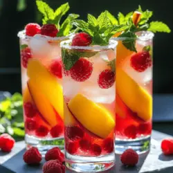 Hier sind die Zutaten für die erfrischende Himbeer-Pfirsich-Limonade. Diese Mischung ist perfekt für heiße Tage! - Himbeeren - Pfirsich - Zitronensaft - Kristallzucker - Kaltes Wasser - Eiswürfel - Minzesträuße zur Dekoration Ich empfehle, frische Früchte zu wählen. Sie geben der Limonade mehr Geschmack und Farbe. Die Himbeeren sollten reif und saftig sein. Ein reifer Pfirsich ist süß und hat ein tolles Aroma. Frisch gepresster Zitronensaft bringt die perfekte Säure. Kristallzucker süßt die Limonade und balanciert die Aromen. Kaltes Wasser sorgt für Erfrischung. Eiswürfel machen das Getränk kühl und angenehm. Die Minzesträuße sind nicht nur schön, sie geben auch einen frischen Duft ab. Für die beste Limonade achte darauf, alles frisch und von guter Qualität zu wählen. So schmeckt die Himbeer-Pfirsich-Limonade am besten! Wenn du bereit bist, schau dir das vollständige Rezept an, um die Zubereitung zu lernen. Zuerst bereite ich die Himbeeren und den Pfirsich vor. Ich wasche die Himbeeren gründlich. Danach schneide ich den Pfirsich in kleine Scheiben. Ich achte darauf, den Pfirsich zu entsteinen. Es macht die Zubereitung einfacher. Jetzt mixe ich die Zutaten. Ich gebe die Himbeeren und die Pfirsichscheiben in einen Mixer. Ich füge die Hälfte des Zitronensafts hinzu. Dann mixe ich alles, bis es glatt ist. Als Nächstes seie ich die Mischung. Ich benutze ein feines Sieb, um die pürierte Fruchtmasse in einen großen Krug zu gießen. Mit einem Löffel drücke ich die Mischung gut durch. So bekomme ich viel Flüssigkeit heraus. Die festen Bestandteile werfe ich weg. Jetzt füge ich den restlichen Zitronensaft und den Zucker hinzu. Ich rühre gut um, bis der Zucker vollständig aufgelöst ist. Es ist wichtig, dass die Mischung süß und frisch schmeckt. Nun mische ich alles mit kaltem Wasser. Ich gieße vier Tassen Wasser in den Krug. Dann rühre ich alles gut durch. Jetzt probiere ich die Limonade. Wenn sie nicht süß genug ist, kann ich mehr Zucker hinzufügen. Zum Servieren nehme ich hohe Gläser und fülle sie mit Eiswürfeln. Ich dekoriere jedes Glas mit frischen Minzesträußen und ein paar ganzen Himbeeren. So sieht die Limonade toll aus! Für den besonderen Touch kann ich eine Pfirsichscheibe am Glasrand anbringen und sie in Zucker tauchen. Das ist die perfekte Erfrischung für heiße Tage! Für die vollständige Anleitung, schau dir das Full Recipe an. - Frische vs. gefrorene Früchte Frische Früchte geben der Limonade mehr Geschmack. Sie sind süßer und saftiger. Wenn frische Früchte nicht verfügbar sind, können Sie gefrorene verwenden. Achten Sie darauf, ungesüßte gefrorene Früchte zu wählen. Diese haben einen ähnlichen Geschmack und sind leicht zu nutzen. - Tipps zur Auswahl reifer Pfirsiche Wählen Sie weiche, duftende Pfirsiche aus. Drücken Sie leicht auf die Frucht, um die Reife zu prüfen. Ein reifer Pfirsich gibt nach, wenn Sie ihn berühren. Die Haut sollte glatt sein und keine braunen Flecken zeigen. Wenn Sie einen Pfirsich kaufen, lassen Sie ihn ein paar Tage bei Zimmertemperatur reifen, falls er noch hart ist. - Alternative Süßungsmittel Neben Kristallzucker können Sie Honig oder Agavendicksaft verwenden. Diese geben der Limonade einen besonderen Geschmack. Süßungsmittel wie Stevia oder Erythrit sind kalorienarm. Diese Optionen sind perfekt für eine gesunde Limonade. - Anpassung des Zuckergehalts Passen Sie die Süße nach Ihrem Geschmack an. Probieren Sie die Limonade, während Sie Zucker hinzufügen. Beginnen Sie mit weniger Zucker und erhöhen Sie nach Bedarf. So finden Sie die perfekte Balance zwischen Süße und Säure. - Ansprechende Serviervorschläge Servieren Sie die Limonade in hohen Gläsern mit Eis. Fügen Sie frische Minzesträuße hinzu für Farbe und Aroma. Verwenden Sie klare Gläser, um die schöne Farbe der Limonade zu zeigen. Stellen Sie die Gläser auf ein hübsches Tablett, um sie richtig zu präsentieren. - Dekorationstipps Für mehr Flair können Sie Pfirsichscheiben am Glasrand anbringen. Streuen Sie ein paar Himbeeren in die Limonade. Ein Hauch von frischer Minze macht die Limonade noch schöner. Diese Details machen Ihre Limonade zu einem Blickfang auf jeder Sommerparty. Für das komplette Rezept besuchen Sie den Link zu [Full Recipe]. {{image_4}} Du kannst die Himbeer-Pfirsich-Limonade einfach anpassen. Probiere, andere Früchte zu verwenden. Erdbeeren, Ananas oder Wassermelone passen gut. Diese Früchte bringen neue Farben und Aromen. Du kannst auch Kräuter hinzufügen. Minze oder Basilikum geben der Limonade eine frische Note. Diese Kombinationen machen das Getränk noch spannender. Wenn du eine spritzige Note magst, mach einen Cocktail. Füge Sekt oder Wodka hinzu. Diese Zutaten bringen einen besonderen Kick in die Limonade. Du kannst auch frische Früchte in die Gläser geben. So wird der Cocktail fruchtiger. Für Erwachsene sind diese Rezepte eine tolle Idee. Eine weitere Option ist der Himbeer-Pfirsich-Slushie. Mische die Limonade mit Eiswürfeln in einem Mixer. So entsteht ein erfrischendes Slushie. Das ist perfekt an heißen Tagen. Du kannst gefrorenen Joghurt hinzufügen. Das macht das Slushie noch cremiger und gesünder. So hast du eine leckere und gesunde Leckerei! Um die Himbeer-Pfirsich-Limonade frisch zu halten, lagern Sie sie im Kühlschrank. Verwenden Sie einen luftdichten Krug oder eine Flasche. So bleibt der Geschmack klar und lecker. Vermeiden Sie es, die Limonade in offenen Behältern zu lassen. Die Haltbarkeit beträgt etwa 3 bis 5 Tage. Prüfen Sie die Limonade vor dem Trinken. Wenn sie seltsam riecht oder aussieht, ist es besser, sie wegzuwerfen. Sie können die Limonade auch im Voraus zubereiten. Mixen Sie die Früchte und machen Sie den Sirup, dann lagern Sie diese Mischung im Kühlschrank. Fügen Sie das kalte Wasser erst kurz vor dem Servieren hinzu. So bleibt die Limonade frisch und spritzig. Ein Tipp: Machen Sie die Limonade am Morgen und genießen Sie sie später am Tag. So haben Sie immer ein tolles Getränk für heiße Tage bereit. Die Himbeer-Pfirsich-Limonade bleibt im Kühlschrank etwa 3 bis 5 Tage frisch. Achte darauf, sie in einem gut verschlossenen Krug aufzubewahren. Prüfe die Limonade vor dem Trinken. Wenn sie trüb aussieht oder einen schlechten Geruch hat, ist sie nicht mehr gut. Ja, du kannst die Limonade ganz einfach anpassen. Probiere sie mit Orangensaft oder Ananassaft. Diese Säfte bringen frische Aromen. Du kannst auch etwas Granatapfelsaft hinzufügen für eine schöne Farbe und zusätzlichen Geschmack. Ja, die Himbeer-Pfirsich-Limonade ist perfekt für Kinder. Sie hat keinen Alkohol und ist süß, aber nicht zu süß. Du kannst die Menge an Zucker ganz einfach anpassen. Wenn du eine gesunde Option suchst, verwende Honig oder Agavendicksaft anstelle von Zucker. Diese Himbeer-Pfirsich-Limonade ist einfach zuzubereiten. Wir haben frische Zutaten wie Himbeeren, Pfirsiche und Zitronensaft verwendet. Die Schritte zur Zubereitung sind klar und leicht nachvollziehbar. Denken Sie daran, wie wichtig die Auswahl der besten Früchte ist. Mit kreativen Variationen können Sie das Getränk anpassen. Lagern Sie die Limonade richtig, damit sie frisch bleibt. Jetzt sind Sie bereit, Ihre eigene Limonade zu machen! Genießen Sie den erfrischenden Geschmack und überzeugen Sie Ihre Freunde und Familie damit.