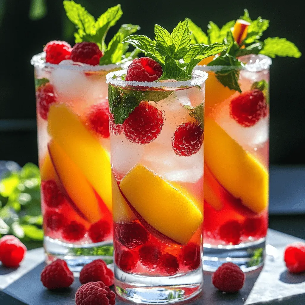 Hier sind die Zutaten für die erfrischende Himbeer-Pfirsich-Limonade. Diese Mischung ist perfekt für heiße Tage! - Himbeeren - Pfirsich - Zitronensaft - Kristallzucker - Kaltes Wasser - Eiswürfel - Minzesträuße zur Dekoration Ich empfehle, frische Früchte zu wählen. Sie geben der Limonade mehr Geschmack und Farbe. Die Himbeeren sollten reif und saftig sein. Ein reifer Pfirsich ist süß und hat ein tolles Aroma. Frisch gepresster Zitronensaft bringt die perfekte Säure. Kristallzucker süßt die Limonade und balanciert die Aromen. Kaltes Wasser sorgt für Erfrischung. Eiswürfel machen das Getränk kühl und angenehm. Die Minzesträuße sind nicht nur schön, sie geben auch einen frischen Duft ab. Für die beste Limonade achte darauf, alles frisch und von guter Qualität zu wählen. So schmeckt die Himbeer-Pfirsich-Limonade am besten! Wenn du bereit bist, schau dir das vollständige Rezept an, um die Zubereitung zu lernen. Zuerst bereite ich die Himbeeren und den Pfirsich vor. Ich wasche die Himbeeren gründlich. Danach schneide ich den Pfirsich in kleine Scheiben. Ich achte darauf, den Pfirsich zu entsteinen. Es macht die Zubereitung einfacher. Jetzt mixe ich die Zutaten. Ich gebe die Himbeeren und die Pfirsichscheiben in einen Mixer. Ich füge die Hälfte des Zitronensafts hinzu. Dann mixe ich alles, bis es glatt ist. Als Nächstes seie ich die Mischung. Ich benutze ein feines Sieb, um die pürierte Fruchtmasse in einen großen Krug zu gießen. Mit einem Löffel drücke ich die Mischung gut durch. So bekomme ich viel Flüssigkeit heraus. Die festen Bestandteile werfe ich weg. Jetzt füge ich den restlichen Zitronensaft und den Zucker hinzu. Ich rühre gut um, bis der Zucker vollständig aufgelöst ist. Es ist wichtig, dass die Mischung süß und frisch schmeckt. Nun mische ich alles mit kaltem Wasser. Ich gieße vier Tassen Wasser in den Krug. Dann rühre ich alles gut durch. Jetzt probiere ich die Limonade. Wenn sie nicht süß genug ist, kann ich mehr Zucker hinzufügen. Zum Servieren nehme ich hohe Gläser und fülle sie mit Eiswürfeln. Ich dekoriere jedes Glas mit frischen Minzesträußen und ein paar ganzen Himbeeren. So sieht die Limonade toll aus! Für den besonderen Touch kann ich eine Pfirsichscheibe am Glasrand anbringen und sie in Zucker tauchen. Das ist die perfekte Erfrischung für heiße Tage! Für die vollständige Anleitung, schau dir das Full Recipe an. - Frische vs. gefrorene Früchte Frische Früchte geben der Limonade mehr Geschmack. Sie sind süßer und saftiger. Wenn frische Früchte nicht verfügbar sind, können Sie gefrorene verwenden. Achten Sie darauf, ungesüßte gefrorene Früchte zu wählen. Diese haben einen ähnlichen Geschmack und sind leicht zu nutzen. - Tipps zur Auswahl reifer Pfirsiche Wählen Sie weiche, duftende Pfirsiche aus. Drücken Sie leicht auf die Frucht, um die Reife zu prüfen. Ein reifer Pfirsich gibt nach, wenn Sie ihn berühren. Die Haut sollte glatt sein und keine braunen Flecken zeigen. Wenn Sie einen Pfirsich kaufen, lassen Sie ihn ein paar Tage bei Zimmertemperatur reifen, falls er noch hart ist. - Alternative Süßungsmittel Neben Kristallzucker können Sie Honig oder Agavendicksaft verwenden. Diese geben der Limonade einen besonderen Geschmack. Süßungsmittel wie Stevia oder Erythrit sind kalorienarm. Diese Optionen sind perfekt für eine gesunde Limonade. - Anpassung des Zuckergehalts Passen Sie die Süße nach Ihrem Geschmack an. Probieren Sie die Limonade, während Sie Zucker hinzufügen. Beginnen Sie mit weniger Zucker und erhöhen Sie nach Bedarf. So finden Sie die perfekte Balance zwischen Süße und Säure. - Ansprechende Serviervorschläge Servieren Sie die Limonade in hohen Gläsern mit Eis. Fügen Sie frische Minzesträuße hinzu für Farbe und Aroma. Verwenden Sie klare Gläser, um die schöne Farbe der Limonade zu zeigen. Stellen Sie die Gläser auf ein hübsches Tablett, um sie richtig zu präsentieren. - Dekorationstipps Für mehr Flair können Sie Pfirsichscheiben am Glasrand anbringen. Streuen Sie ein paar Himbeeren in die Limonade. Ein Hauch von frischer Minze macht die Limonade noch schöner. Diese Details machen Ihre Limonade zu einem Blickfang auf jeder Sommerparty. Für das komplette Rezept besuchen Sie den Link zu [Full Recipe]. {{image_4}} Du kannst die Himbeer-Pfirsich-Limonade einfach anpassen. Probiere, andere Früchte zu verwenden. Erdbeeren, Ananas oder Wassermelone passen gut. Diese Früchte bringen neue Farben und Aromen. Du kannst auch Kräuter hinzufügen. Minze oder Basilikum geben der Limonade eine frische Note. Diese Kombinationen machen das Getränk noch spannender. Wenn du eine spritzige Note magst, mach einen Cocktail. Füge Sekt oder Wodka hinzu. Diese Zutaten bringen einen besonderen Kick in die Limonade. Du kannst auch frische Früchte in die Gläser geben. So wird der Cocktail fruchtiger. Für Erwachsene sind diese Rezepte eine tolle Idee. Eine weitere Option ist der Himbeer-Pfirsich-Slushie. Mische die Limonade mit Eiswürfeln in einem Mixer. So entsteht ein erfrischendes Slushie. Das ist perfekt an heißen Tagen. Du kannst gefrorenen Joghurt hinzufügen. Das macht das Slushie noch cremiger und gesünder. So hast du eine leckere und gesunde Leckerei! Um die Himbeer-Pfirsich-Limonade frisch zu halten, lagern Sie sie im Kühlschrank. Verwenden Sie einen luftdichten Krug oder eine Flasche. So bleibt der Geschmack klar und lecker. Vermeiden Sie es, die Limonade in offenen Behältern zu lassen. Die Haltbarkeit beträgt etwa 3 bis 5 Tage. Prüfen Sie die Limonade vor dem Trinken. Wenn sie seltsam riecht oder aussieht, ist es besser, sie wegzuwerfen. Sie können die Limonade auch im Voraus zubereiten. Mixen Sie die Früchte und machen Sie den Sirup, dann lagern Sie diese Mischung im Kühlschrank. Fügen Sie das kalte Wasser erst kurz vor dem Servieren hinzu. So bleibt die Limonade frisch und spritzig. Ein Tipp: Machen Sie die Limonade am Morgen und genießen Sie sie später am Tag. So haben Sie immer ein tolles Getränk für heiße Tage bereit. Die Himbeer-Pfirsich-Limonade bleibt im Kühlschrank etwa 3 bis 5 Tage frisch. Achte darauf, sie in einem gut verschlossenen Krug aufzubewahren. Prüfe die Limonade vor dem Trinken. Wenn sie trüb aussieht oder einen schlechten Geruch hat, ist sie nicht mehr gut. Ja, du kannst die Limonade ganz einfach anpassen. Probiere sie mit Orangensaft oder Ananassaft. Diese Säfte bringen frische Aromen. Du kannst auch etwas Granatapfelsaft hinzufügen für eine schöne Farbe und zusätzlichen Geschmack. Ja, die Himbeer-Pfirsich-Limonade ist perfekt für Kinder. Sie hat keinen Alkohol und ist süß, aber nicht zu süß. Du kannst die Menge an Zucker ganz einfach anpassen. Wenn du eine gesunde Option suchst, verwende Honig oder Agavendicksaft anstelle von Zucker. Diese Himbeer-Pfirsich-Limonade ist einfach zuzubereiten. Wir haben frische Zutaten wie Himbeeren, Pfirsiche und Zitronensaft verwendet. Die Schritte zur Zubereitung sind klar und leicht nachvollziehbar. Denken Sie daran, wie wichtig die Auswahl der besten Früchte ist. Mit kreativen Variationen können Sie das Getränk anpassen. Lagern Sie die Limonade richtig, damit sie frisch bleibt. Jetzt sind Sie bereit, Ihre eigene Limonade zu machen! Genießen Sie den erfrischenden Geschmack und überzeugen Sie Ihre Freunde und Familie damit.