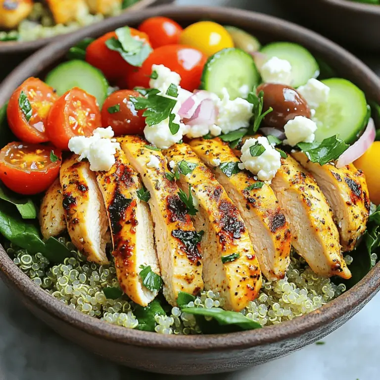 - Hähnchenbrustfilets Diese sind die Hauptquelle für Protein. Du brauchst zwei Hähnchenbrustfilets ohne Haut und Knochen. Sie sind saftig und lecker, besonders wenn du sie grillst. - Quinoa und Gemüse Quinoa ist eine großartige Basis für die Bowl. Koche eine Tasse Quinoa, um sie fluffig zu machen. Füge frisches Gemüse hinzu, wie Kirschtomaten, Gurken und Babyspinat. Diese bringen Farbe und Nährstoffe. - Gewürze und Marinade Die Marinade ist wichtig für den Geschmack. Mische einen Teelöffel getrockneten Oregano, Knoblauchpulver und Paprika mit Olivenöl. Salz und Pfeffer sorgen für die richtige Würze. Diese Mischung macht das Hähnchen besonders schmackhaft. - Zusätzliche Toppings Du kannst deine Bowl nach Lust und Laune anpassen. Zerbröselter Feta-Käse und Kalamata-Oliven sind tolle Toppings. Sie geben der Bowl einen griechischen Touch und mehr Geschmack. - Variationen von Gemüse Nutze verschiedene Gemüsesorten, um Abwechslung zu schaffen. Paprika, Zucchini oder Karotten passen ebenfalls gut. Frische Kräuter wie Petersilie oder Minze bringen noch mehr Frische. - Vegane Alternativen Wenn du vegan bist, kannst du das Hähnchen durch gegrillte Tofu oder Kichererbsen ersetzen. Diese Optionen bieten viel Geschmack und Protein. So kannst du auch eine leckere Bowl genießen. Für das vollständige Rezept schaue dir die [Full Recipe] an. Marinade zubereiten Zuerst mache ich die Marinade. In einer kleinen Schüssel mische ich getrockneten Oregano, Knoblauchpulver, Paprika, Salz, Pfeffer und Olivenöl. Rühre alles gut um, bis es gleichmäßig ist. Die Marinade verleiht dem Hähnchen viel Geschmack. Grillen des Hähnchens Jetzt ist es Zeit zum Grillen. Ich heize den Grill auf mittelhohe Hitze vor. Dann reibe ich die Marinade gut über die Hähnchenbrustfilets. Ich lege die Filets auf den Grill und grille sie etwa 6-7 Minuten auf jeder Seite. Das Hähnchen ist fertig, wenn der Saft klar austritt. Ich lasse es nach dem Grillen 5 Minuten ruhen und schneide es dann in Scheiben. Zubereitung der Quinoa Ich nehme eine Tasse Quinoa und koche sie nach Anleitung. Quinoa ist reich an Ballaststoffen und gibt der Bowl einen tollen Biss. Kombinieren der Salatzutaten In einer großen Schüssel kombiniere ich die gekochte Quinoa mit halbierten Kirschtomaten, gewürfelter Gurke, dünn geschnittener roter Zwiebel und Babyspinat. Ich füge Zitronensaft und eine Prise Salz hinzu. Das gibt dem Salat einen frischen Kick. Anrichten der Bowls Jetzt kann ich die Bowls anrichten. Ich verteile den Quinoa-Salat auf 2-4 Schüsseln. Dann lege ich die geschnittenen Grillhähnchen darauf. Garnieren für den perfekten Look Für den letzten Schliff streue ich zerbröselten Fetakäse und Kalamata-Oliven über die Bowls. Ich garnieren alles mit frischer Petersilie. Das sieht nicht nur gut aus, sondern schmeckt auch fantastisch. Für das vollständige Rezept, schaue dir die [Full Recipe] an. - Temperaturkontrolle: Stelle sicher, dass dein Grill auf mittelhohe Hitze vorgeheizt ist. Eine gute Temperatur hilft, das Hähnchen gleichmäßig zu garen. Du solltest darauf achten, dass die Grillfläche heiß genug ist, um ein schönes Grillmuster zu erzeugen. Nutze ein Grillthermometer, um die Temperatur zu überwachen. - Garzeit für das Hähnchen: Grille die Hähnchenbrustfilets etwa 6-7 Minuten auf jeder Seite. Der Saft sollte klar austreten, wenn das Hähnchen fertig ist. Lass das Hähnchen nach dem Grillen fünf Minuten ruhen. So bleibt es saftig und zart. - Vorbereitung im Voraus: Du kannst viele Zutaten im Voraus vorbereiten. Schneide das Gemüse und mariniere das Hähnchen einen Tag vorher. So sparst du Zeit beim Kochen. Auch die Quinoa lässt sich gut im Voraus kochen und aufbewahren. - Lagerung von Zutaten: Lagere die vorbereiteten Zutaten in luftdichten Behältern im Kühlschrank. Das hilft, die Frische zu bewahren. Du kannst die Bowls auch in einzelnen Portionen anrichten, um sie schnell zu genießen. Die Zutaten bleiben so lange frisch und lecker. {{image_4}} Für eine vegetarische Bowl kannst du das Hähnchen ganz einfach ersetzen. Verwende stattdessen gegrillte Zucchini oder Auberginen. Diese Gemüsesorten bringen einen tollen Geschmack und Textur. Für eine vegane Bowl empfehle ich, Tofu oder Kichererbsen zu nutzen. Mariniere den Tofu wie das Hähnchen und grille ihn. Kichererbsen kannst du einfach anrösten, um zusätzlichen Crunch zu bekommen. Für die vegane Variante sind diese Zutaten perfekt: - 1 Tasse Tofu, gewürfelt - 1 Tasse Kichererbsen, abgetropft - 1 Avocado, in Scheiben - 1 Tasse Paprika, gewürfelt Diese Zutaten machen deine Bowl nahrhaft und lecker. Um deine griechischen Chicken Bowls aufregender zu machen, probiere verschiedene Geschmäcker aus. Du kannst die Bowls würzig oder süß-sauer gestalten. Für eine würzige Note füge etwas Chili-Pulver oder scharfe Paprika hinzu. Wenn du süß-saure Bowls magst, mische etwas Honig oder Ahornsirup in die Marinade. Verwende auch verschiedene Käsesorten, um den Geschmack zu variieren. Feta ist klassisch, aber du kannst auch Halloumi oder Ziegenkäse ausprobieren. Diese Käsesorten geben deiner Bowl einen neuen Twist. Egal, für welche Variante du dich entscheidest, das Ziel ist, den perfekten Geschmack zu finden. Für das vollständige Rezept, schau dir die Mediterranean Bliss Griechische Hühnchen-Bowls an. Um deine griechischen Hühnchen-Bowls frisch zu halten, lagere sie am besten im Kühlschrank. Achte darauf, sie in luftdichten Behältern zu verstauen. So bleiben die Aromen und die Frische erhalten. Im Kühlschrank halten sie sich für etwa drei bis vier Tage. Für eine längere Lagerung kannst du die Bowls einfrieren. Fülle die Zutaten in gefrierfreundliche Behälter. So kannst du die Bowls bis zu drei Monate aufbewahren. Wenn du sie später genießen möchtest, lasse sie im Kühlschrank über Nacht auftauen. Wenn du deine Bowls aufwärmen möchtest, nutze die Mikrowelle. Stelle sicher, dass du die Bowls in einem mikrowellengeeigneten Behälter hast. Erwärme sie für zwei bis drei Minuten, bis sie warm sind. Achte darauf, den Deckel leicht zu öffnen, um Dampf entweichen zu lassen. Achte darauf, keine Lebensmittel zu verschwenden. Wenn du Reste hast, kombiniere sie mit anderen Zutaten. So schaffst du neue Gerichte und vermeidest Abfall. Leckere Ideen dazu findest du im Full Recipe. Die Zubereitung von griechischen Hühnchen-Bowls dauert insgesamt 30 Minuten. Die Vorbereitungszeit beträgt etwa 15 Minuten. In dieser Zeit kannst du die Zutaten schneiden und die Marinade zubereiten. Danach grillst du das Hähnchen für 12 bis 14 Minuten. So einfach ist es, ein köstliches Gericht zu zaubern. Ja, du kannst die Bowls im Voraus zubereiten. Meal Prep ist eine großartige Idee. Du kannst das Hähnchen und die Quinoa am Vortag zubereiten. Lagere sie in luftdichten Behältern im Kühlschrank. So sparst du Zeit an stressigen Tagen. Wenn du die Bowls servierst, füge frisches Gemüse und Feta hinzu. So bleibt alles knackig und frisch. Einige gesunde Beilagen passen gut zu griechischen Hühnchen-Bowls. Probiere einen einfachen griechischen Joghurt-Dip. Er ergänzt die Aromen perfekt. Hummus mit Gemüsesticks ist auch eine tolle Wahl. Du kannst auch einen grünen Salat mit Oliven und Zitronen-Vinaigrette hinzufügen. Diese Snacks sind leicht und gesund. In diesem Blogbeitrag haben wir über die Zubereitung griechischer Hühnchen-Bowls gesprochen. Wir haben die wichtigsten Zutaten betrachtet, von Hähnchen bis Quinoa. Schritt für Schritt haben wir gelernt, wie man das Hähnchen mariniert und grillt. Tipps zur perfekten Grilltechnik und zur Lagerung hielten wir bereit. Egal, ob du eine fleischhaltige oder vegane Variante wählst, diese Bowls sind vielseitig. Experimentiere mit den Zutaten und genieße dein gesundes Essen!