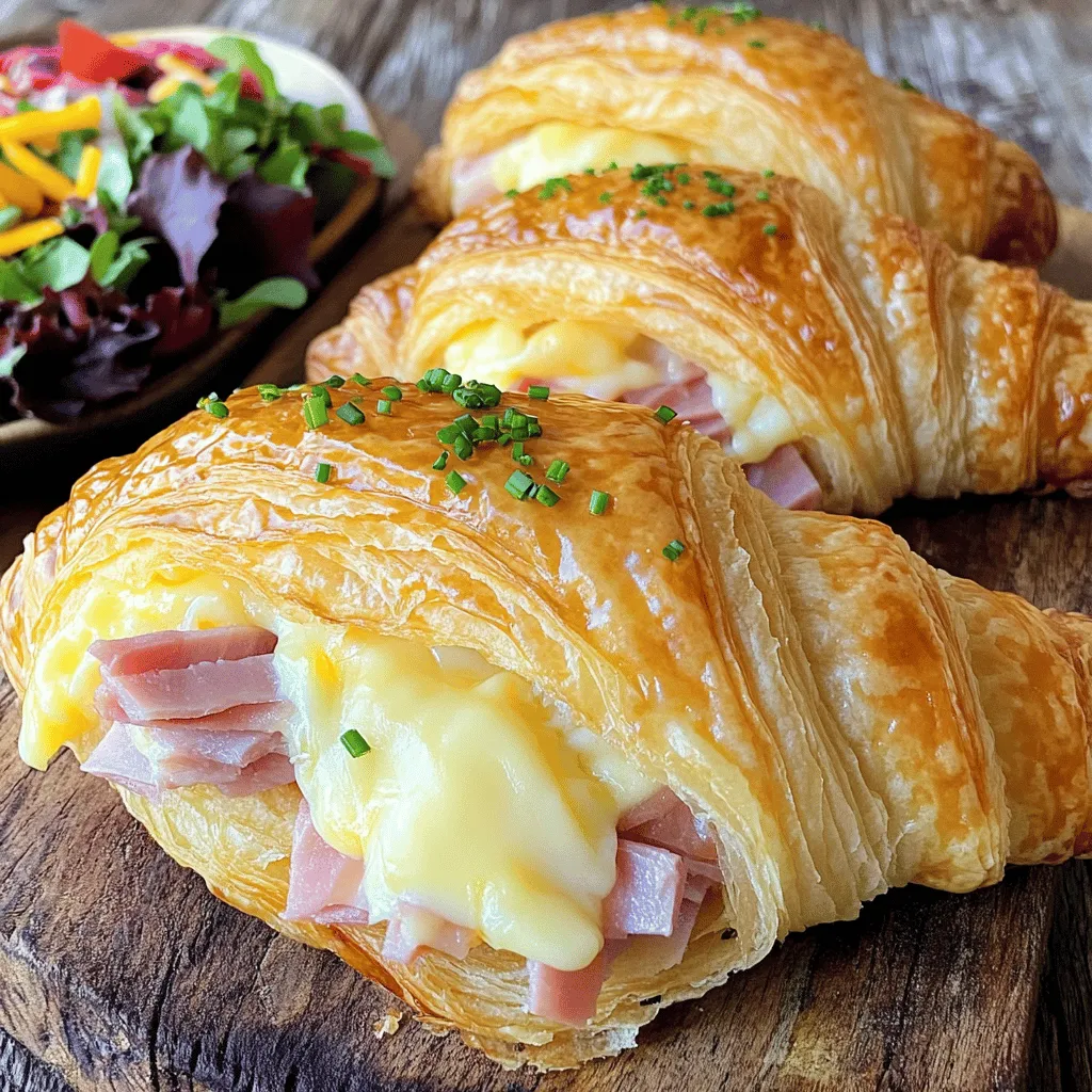 Um einen Buttery Ham and Cheese Croissant zuzubereiten, brauchst du einige Hauptzutaten. Du benötigst große Croissants, Kochschinken, Gruyère-Käse und Butter. Dijon-Senf und frische Schnittlauch bringen extra Geschmack. Denke daran, Salz und Pfeffer für die Würze hinzuzufügen.