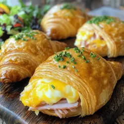 Um einen Buttery Ham and Cheese Croissant zuzubereiten, brauchst du einige Hauptzutaten. Du benötigst große Croissants, Kochschinken, Gruyère-Käse und Butter. Dijon-Senf und frische Schnittlauch bringen extra Geschmack. Denke daran, Salz und Pfeffer für die Würze hinzuzufügen.