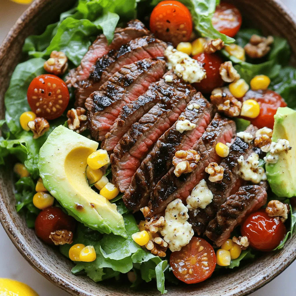 Für diesen Salat brauche ich: - 450 g Flanksteak - 2 Esslöffel Balsamico-Essig - 1 Esslöffel Olivenöl - Salz und frisch gemahlener schwarzer Pfeffer nach Geschmack - 2 frische Maiskolben, enthüldt - 180 g gemischte Blattsalate (Rucola, Spinat und Romaine) - 150 g Kirschtomaten, halbiert - 75 g Gorgonzola, zerbröselt - 30 g Walnüsse, geröstet und gehackt - 1 Avocado, in Scheiben geschnitten Die Marinade macht das Steak zart. Ich mische: - 2 Esslöffel Balsamico-Essig - 1 Esslöffel Olivenöl - Salz und Pfeffer Ich lege das Steak in die Mischung und lasse es ruhen. Für das Dressing verwende ich: - 2 Esslöffel Honig - 1 Esslöffel Dijon-Senf - 2 Esslöffel Zitronensaft - Eine Prise Salz und Pfeffer Ich vermische alles gut in einer kleinen Schüssel. Für die vollständige Zubereitung, schaue dir das [Full Recipe] an. Beginne mit dem Marinieren des Steaks. Du brauchst Balsamico-Essig, Olivenöl, Salz und schwarzen Pfeffer. Vermische diese Zutaten in einer flachen Schüssel. Lege das Flanksteak hinein und stelle sicher, dass es gut bedeckt ist. Lasse es mindestens 30 Minuten bei Raumtemperatur marinieren. Du kannst es auch bis zu 2 Stunden im Kühlschrank lassen, damit die Aromen tief eindringen. Jetzt ist es Zeit für den Mais. Heize deinen Grill oder eine Grillpfanne auf mittelhohe Hitze vor. Lege die frischen Maiskolben auf den Grill. Grillen dauert etwa 10-12 Minuten. Wende die Kolben regelmäßig, bis sie schön angebräunt und zart sind. Lass sie dann leicht abkühlen und schneide die Körner vom Kolben. Nimm das Steak aus der Marinade. Lege es auf den heißen Grill. Grill das Steak 5-6 Minuten pro Seite. Du möchtest, dass es medium-rare ist oder deine gewünschte Garstufe erreicht. Nach dem Grillen lasse das Steak 5 Minuten ruhen. Schneide es dann dünn gegen die Faser auf. In einer großen Schüssel vermenge die gemischten Blattsalate, die gegrillten Maiskörner, die halbierten Kirschtomaten, den zerbröselten Gorgonzola und die gehackten Walnüsse. Mische alles gut durch. Dies sorgt für einen tollen Geschmack und eine schöne Textur. Für das Dressing nimm eine kleine Schüssel. Kombiniere Honig, Dijon-Senf, Zitronensaft, eine Prise Salz und Pfeffer. Verquirle alles gut, bis es gut vermischt ist. Das Dressing bringt den Salat zum Leben und sorgt für eine feine Balance. Jetzt kommt der beste Teil: das Anmachen. Träufle das Dressing über den Salat und hebe alles vorsichtig unter. So verteilst du die Aromen gleichmäßig. Garniere den Salat mit den aufgeschnittenen Steakstücken und den Avocados. Wenn du magst, streue noch etwas Gorgonzola darüber. Dein Balsamico-Steak-Gorgonzola-Salat mit gegrilltem Mais ist nun bereit zum Servieren! Das Grillen von Steak und Mais kann einfach sein. Hier sind einige Tipps. - <strong>Steak richtig marinieren:</strong> Lass das Steak mindestens 30 Minuten in der Marinade ruhen. – <strong>Grill vorheizen:</strong> Heize den Grill gut auf, bevor du das Steak und den Mais drauflegst. – <strong>Mais regelmäßig wenden:</strong> Wende die Maiskolben alle paar Minuten, damit sie gleichmäßig garen. – <strong>Steak ruhen lassen:</strong> Lass das Steak nach dem Grillen fünf Minuten ruhen. Das macht es zart. Gorgonzola ist ein starker Käse. Hier sind einige Tipps, wie du ihn optimal nutzen kannst. – <strong>Zimmertemperatur:</strong> Lass den Gorgonzola vor dem Servieren etwas warm werden. So entfaltet er mehr Geschmack. – <strong>Zerbröseln:</strong> Zerbrösele den Käse direkt vor dem Servieren für eine bessere Textur. – <strong>Kombinationen:</strong> Probiere Gorgonzola mit anderen Käsesorten. Manche milden Käsesorten passen gut dazu. Die Wahl von Essig und Öl beeinflusst den Geschmack stark. Hier ist, was du beachten solltest. – <strong>Balsamico-Essig:</strong> Verwende hochwertigen Balsamico-Essig für einen süßen, tiefen Geschmack. – <strong>Olivenöl:</strong> Natives Olivenöl extra bringt ein frisches Aroma in die Marinade. – <strong>Verhältnis:</strong> Ein gutes Verhältnis ist zwei Teile Öl zu einem Teil Essig. Das sorgt für eine ausgewogene Marinade. Denke daran, dass jeder Biss des Balsamico-Steak-Gorgonzola-Salats mit gegrilltem Mais voller Geschmack ist. Folge diesen Tipps für die besten Ergebnisse. Für das vollständige Rezept, schau dir die [Full Recipe] an. {{image_4}} Wenn du eine vegetarische oder vegane Version des Balsamico-Steak-Gorgonzola-Salats machen möchtest, gibt es viele Optionen. Ersetze das Steak durch gegrillte Tofu- oder Tempeh-Stücke. Diese bringen eine tolle Textur und Protein mit. Für den Käse kannst du veganen Feta oder Cashewkäse verwenden. Das gibt einen cremigen Geschmack ohne tierische Produkte. Achte darauf, dass das Dressing keine Honig enthält, wenn du es vegan halten möchtest. Gorgonzola ist köstlich, aber du kannst auch andere Käsesorten verwenden. Feta passt gut zu diesem Salat und gibt eine salzige Note. Ziegenkäse bringt eine frische, cremige Textur. Wenn du es etwas kräftiger magst, probiere Blauschimmelkäse. Jeder Käse bringt seinen eigenen Charakter ins Spiel. Experimentiere mit diesen Optionen, um deinen Lieblingsgeschmack zu finden. Nutze saisonales Gemüse für zusätzlichen Geschmack und Frische. Im Sommer sind reife Tomaten und knackige Gurken ideal. Im Herbst kannst du geröstete Kürbiswürfel hinzufügen, die eine süße Note bieten. Frische Kräuter wie Basilikum oder Petersilie können auch einen tollen Akzent setzen. Diese Zutaten bringen nicht nur Farbe, sondern auch viele Nährstoffe in deinen Salat. So bleibt dein Gericht spannend und kreativ. Um den Balsamico-Steak-Gorgonzola-Salat frisch zu halten, lagere ihn in einem luftdichten Behälter. Achte darauf, das Dressing getrennt aufzubewahren. Das verhindert, dass der Salat matschig wird. Stelle den Behälter in den Kühlschrank, um die Frische zu bewahren. Dieser Salat bleibt im Kühlschrank etwa 2 bis 3 Tage frisch. Nach dieser Zeit kann der Geschmack und die Textur beeinträchtigt werden. Wenn du Mais oder Steak übrig hast, lagere diese Zutaten auch separat. So bleiben sie länger lecker. Wenn du das Steak aufwärmen möchtest, mache es sanft. Erhitze es in einer Pfanne bei niedriger Hitze. So bleibt das Fleisch zart. Vermeide die Mikrowelle, da sie das Steak trocken machen kann. Den gegrillten Mais kannst du auch in der Pfanne kurz erwärmen. Halte die Hitze niedrig, um die Frische zu erhalten. Für das Steak kann ich verschiedene Gewürze nutzen. Salz und Pfeffer sind beliebt. Wenn du mehr Geschmack willst, füge Knoblauchpulver oder Paprika hinzu. Eine Mischung aus Kräutern, wie Rosmarin oder Thymian, passt auch gut. Mit diesen Gewürzen kannst du dein Steak nach deinem Geschmack anpassen. Ja, du kannst den Salat im Voraus zubereiten. Bereite die Zutaten wie das Gemüse und die Walnüsse vor. Halte das Dressing separat, damit der Salat frisch bleibt. Stelle sicher, dass du das Steak frisch grillst und erst kurz vor dem Servieren hinzufügst. So bleibt alles knackig und lecker. Zu diesem Salat passen viele Beilagen. Gegrilltes Gemüse ist eine gute Wahl. Du könntest auch knuspriges Brot oder eine einfache Suppe servieren. Reis oder Quinoa kann eine gesunde Ergänzung sein. Diese Beilagen sorgen für ein vollständiges und leckeres Essen. Eine Portion hat etwa 500 Kalorien. Das hängt von den genauen Zutaten und den Portionen ab. Gorgonzola und Walnüsse fügen gesunde Fette hinzu, aber auch Kalorien. Wenn du Kalorien sparen möchtest, reduziere die Menge an Käse oder Nüssen. Ja, du kannst den Salat ohne Gorgonzola machen. Verwende stattdessen einen anderen Käse, wie Feta oder Ziegenkäse. Wenn du keinen Käse magst, lasse ihn einfach weg. Der Salat bleibt trotzdem lecker und frisch. Du kannst auch mehr Nüsse oder Samen hinzufügen, um den Crunch zu erhöhen. Zusammengefasst hast du alles, was du für den Balsamico-Steak-Gorgonzola-Salat brauchst. Du hast gelernt, wie man das Steak richtig mariniert und grillt. Zudem weißt du jetzt, wie du das Dressing zubereitest und den Salat anrichtest. Die Tipps helfen dir, optimalen Geschmack zu erzielen. Ich ermutige dich, mit verschiedenen Käsesorten und saisonalen Zutaten zu experimentieren. So bleibt das Gericht interessant. Denk auch an die richtige Lagerung, damit nichts verschwendet wird. Viel Spaß beim Ausprobieren!” /></p>
</p>
<h2>Variationen</h2>
</p>
<h3>Vegetarische und vegane Alternativen</h3>
<p>Wenn du eine vegetarische oder vegane Version des Balsamico-Steak-Gorgonzola-Salats machen möchtest, gibt es viele Optionen. Ersetze das Steak durch gegrillte Tofu- oder Tempeh-Stücke. Diese bringen eine tolle Textur und Protein mit. Für den Käse kannst du veganen Feta oder Cashewkäse verwenden. Das gibt einen cremigen Geschmack ohne tierische Produkte. Achte darauf, dass das Dressing keine Honig enthält, wenn du es vegan halten möchtest.</p>
</p>
<h3>Unterschiedliche Käsesorten ausprobieren</h3>
<p>Gorgonzola ist köstlich, aber du kannst auch andere Käsesorten verwenden. Feta passt gut zu diesem Salat und gibt eine salzige Note. Ziegenkäse bringt eine frische, cremige Textur. Wenn du es etwas kräftiger magst, probiere Blauschimmelkäse. Jeder Käse bringt seinen eigenen Charakter ins Spiel. Experimentiere mit diesen Optionen, um deinen Lieblingsgeschmack zu finden.</p>
</p>
<h3>Saisonale Zutaten und ihre Verwendung</h3>
<p>Nutze saisonales Gemüse für zusätzlichen Geschmack und Frische. Im Sommer sind reife Tomaten und knackige Gurken ideal. Im Herbst kannst du geröstete Kürbiswürfel hinzufügen, die eine süße Note bieten. Frische Kräuter wie Basilikum oder Petersilie können auch einen tollen Akzent setzen. Diese Zutaten bringen nicht nur Farbe, sondern auch viele Nährstoffe in deinen Salat. So bleibt dein Gericht spannend und kreativ.</p>
</p>
</p>
<h2>Aufbewahrungsinformationen</h2>
</p>
<h3>Wie man den Salat richtig lagert</h3>
<p>Um den Balsamico-Steak-Gorgonzola-Salat frisch zu halten, lagere ihn in einem luftdichten Behälter. Achte darauf, das Dressing getrennt aufzubewahren. Das verhindert, dass der Salat matschig wird. Stelle den Behälter in den Kühlschrank, um die Frische zu bewahren.</p>
</p>
<h3>Haltbarkeit im Kühlschrank</h3>
<p>Dieser Salat bleibt im Kühlschrank etwa 2 bis 3 Tage frisch. Nach dieser Zeit kann der Geschmack und die Textur beeinträchtigt werden. Wenn du Mais oder Steak übrig hast, lagere diese Zutaten auch separat. So bleiben sie länger lecker.</p>
</p>
<h3>Tipps zum Wiederaufwärmen der Zutaten</h3>
<p>Wenn du das Steak aufwärmen möchtest, mache es sanft. Erhitze es in einer Pfanne bei niedriger Hitze. So bleibt das Fleisch zart. Vermeide die Mikrowelle, da sie das Steak trocken machen kann. Den gegrillten Mais kannst du auch in der Pfanne kurz erwärmen. Halte die Hitze niedrig, um die Frische zu erhalten.</p>
</p>
<h2>FAQs</h2>
</p>
<h3>Wie kann ich das Steak nach meinem Geschmack würzen?</h3>
<p>Für das Steak kann ich verschiedene Gewürze nutzen. Salz und Pfeffer sind beliebt. Wenn du mehr Geschmack willst, füge Knoblauchpulver oder Paprika hinzu. Eine Mischung aus Kräutern, wie Rosmarin oder Thymian, passt auch gut. Mit diesen Gewürzen kannst du dein Steak nach deinem Geschmack anpassen.</p>
</p>
<h3>Kann ich den Salat im Voraus zubereiten?</h3>
<p>Ja, du kannst den Salat im Voraus zubereiten. Bereite die Zutaten wie das Gemüse und die Walnüsse vor. Halte das Dressing separat, damit der Salat frisch bleibt. Stelle sicher, dass du das Steak frisch grillst und erst kurz vor dem Servieren hinzufügst. So bleibt alles knackig und lecker.</p>
</p>
<h3>Was sind passende Beilagen zu diesem Salat?</h3>
<p>Zu diesem Salat passen viele Beilagen. Gegrilltes Gemüse ist eine gute Wahl. Du könntest auch knuspriges Brot oder eine einfache Suppe servieren. Reis oder Quinoa kann eine gesunde Ergänzung sein. Diese Beilagen sorgen für ein vollständiges und leckeres Essen.</p>
</p>
<h3>Wie viele Kalorien hat eine Portion?</h3>
<p>Eine Portion hat etwa 500 Kalorien. Das hängt von den genauen Zutaten und den Portionen ab. Gorgonzola und Walnüsse fügen gesunde Fette hinzu, aber auch Kalorien. Wenn du Kalorien sparen möchtest, reduziere die Menge an Käse oder Nüssen.</p>
</p>
<h3>Kann ich den Salat auch ohne Gorgonzola zubereiten?</h3>
<p>Ja, du kannst den Salat ohne Gorgonzola machen. Verwende stattdessen einen anderen Käse, wie Feta oder Ziegenkäse. Wenn du keinen Käse magst, lasse ihn einfach weg. Der Salat bleibt trotzdem lecker und frisch. Du kannst auch mehr Nüsse oder Samen hinzufügen, um den Crunch zu erhöhen.</p>
</p>
<p>Zusammengefasst hast du alles, was du für den Balsamico-Steak-Gorgonzola-Salat brauchst. Du hast gelernt, wie man das Steak richtig mariniert und grillt. Zudem weißt du jetzt, wie du das Dressing zubereitest und den Salat anrichtest. Die Tipps helfen dir, optimalen Geschmack zu erzielen. Ich ermutige dich, mit verschiedenen Käsesorten und saisonalen Zutaten zu experimentieren. So bleibt das Gericht interessant. Denk auch an die richtige Lagerung, damit nichts verschwendet wird. Viel Spaß beim Ausprobieren!</p>
</div>