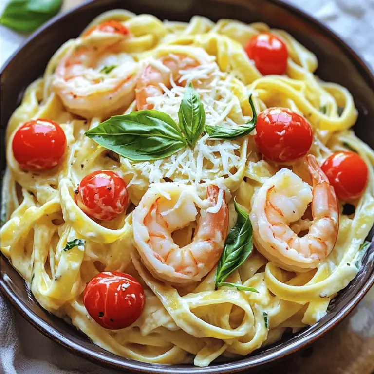 - 230 g Fettuccine-Nudeln - 450 g große Garnelen, geschält und entdarmt - 240 ml Schlagsahne Die Fettuccine-Nudeln sind perfekt für diese cremige Pasta. Sie halten die Soße gut. Große Garnelen bringen viel Geschmack und eine schöne Textur. Die Schlagsahne macht die Soße reichhaltig und cremig. - 4 Knoblauchzehen, fein gehackt - 100 g geriebener Mozzarella-Käse - 50 g geriebener Parmesan-Käse - 150 g Kirschtomaten, halbiert - 1 Teelöffel italienische Gewürzmischung Knoblauch bringt viel Aroma. Mozzarella und Parmesan geben der Soße einen tollen Käsegeschmack. Die Kirschtomaten fügen Frische hinzu. Die italienische Gewürzmischung rundet alles ab. - Salz, Pfeffer und frische Basilikumblätter Salz und Pfeffer sind wichtig, um den Geschmack zu verstärken. Frische Basilikumblätter geben einen schönen Duft und Farbe. Diese Zutaten machen die Pasta lebendig. Wenn du mehr Details suchst, schau dir das [Full Recipe] an. Um Fettuccine perfekt zu kochen, bringe einen großen Topf mit gesalzenem Wasser zum Kochen. Die Pasta sollte für etwa 8-10 Minuten kochen, bis sie al dente ist. Rühre während des Kochens hin und wieder um. Achte darauf, 120 ml Nudelwasser aufzuheben, bevor du die Pasta abgießt. Dieses Wasser hilft später, die Soße zu binden. Tipps zur perfekten Pasta-Konsistenz: - Verwende immer reichlich Wasser, damit die Nudeln nicht kleben. - Probiere die Pasta kurz vor dem Abgießen; sie sollte weich, aber noch bissfest sein. Für die Garnelen erhitze 2 Esslöffel Olivenöl in einer großen Pfanne. Sobald das Öl heiß ist, füge die geschälten Garnelen hinzu. Würze sie mit Salz und Pfeffer. Brate die Garnelen etwa 2-3 Minuten pro Seite, bis sie rosa und durchgegart sind. Hinweise zur richtigen Garzeit: - Achte darauf, dass die Garnelen nicht überkochen, da sie sonst zäh werden. - Sie sind fertig, wenn sie eine gleichmäßige rosa Farbe haben. In derselben Pfanne, in der du die Garnelen gebraten hast, füge 4 fein gehackte Knoblauchzehen hinzu. Brate den Knoblauch etwa 1 Minute an, bis er duftet. Gieße 240 ml Schlagsahne hinein und rühre ständig um, bis die Soße zu simmern beginnt. Füge nun nach und nach 100 g geriebenen Mozzarella und 50 g geriebenen Parmesan hinzu. Rühre, bis der Käse vollständig geschmolzen und die Soße cremig ist. Um die Zutaten zu kombinieren, gib die gekochten Fettuccine, die angebratenen Garnelen und 150 g halbierte Kirschtomaten zur Soße. Mische alles gut, bis die Nudeln gleichmäßig bedeckt sind. Falls die Soße zu dick ist, füge nach und nach das reservierte Nudelwasser hinzu, um die gewünschte Konsistenz zu erreichen. Tipps zur Kombination von Zutaten und Anpassung der Konsistenz: - Mische die Zutaten zügig, um eine gleichmäßige Verteilung zu erreichen. - Experimentiere mit der Soßenkonsistenz; sie sollte cremig, aber nicht zu dick sein. Für das gesamte Rezept schaue dir die [Full Recipe] an. Garnelen sind schnell und leicht zu garen. Sie sind fertig, wenn sie rosa und fest sind. Achte darauf, dass sie nicht zu lange in der Pfanne sind. Überkochen macht sie gummiartig. Das willst du vermeiden, denn zarte Garnelen sind der Schlüssel zu einem tollen Gericht. Für die perfekte Soße verwende etwas Nudelwasser. Das Wasser hat Stärke, die hilft, die Soße cremig zu machen. Wenn die Soße zu dick ist, füge nach und nach das Nudelwasser hinzu. Du kannst auch andere Soßen ausprobieren. Eine Tomatensoße oder Pesto kann eine spannende Abwechslung sein und gibt der Pasta einen neuen Geschmack. Die Präsentation macht viel aus. Serviere die Pasta in flachen Schalen. Das sieht gut aus und erlaubt dir, die Farben zu zeigen. Streue frischen Parmesan und einige Basilikumblätter darüber. Ein paar Kirschtomaten auf dem Teller machen es noch schöner. Diese kleinen Details machen dein Gericht besonders. {{image_4}} Eine großartige Möglichkeit, Ihrer cremigen Mozzarella Garnelen Pasta mehr Farbe und Nährstoffe zu geben, ist die Zugabe von Gemüse. Spinat ist eine tolle Wahl. Er braucht nur kurze Zeit zum Kochen. Zucchini kann ebenfalls gut passen. Schneiden Sie sie in kleine Stücke. Fügen Sie das Gemüse in den letzten Minuten des Kochens hinzu. So bleibt es knackig und frisch. Wenn Sie Abwechslung möchten, probieren Sie andere Meeresfrüchte wie Jakobsmuscheln oder Muscheln. Diese passen gut zur cremigen Soße. Sie können auch Hühnchen verwenden, wenn Sie Fleisch mögen. Für vegetarische oder vegane Optionen können Sie Tofu oder Kichererbsen verwenden. Diese Zutaten fügen Eiweiß hinzu und machen das Gericht sättigend. Die Gewürze sind der Schlüssel zu einem tollen Geschmack. Experimentieren Sie mit frischen Kräutern wie Petersilie oder Oregano. Diese bringen neue Aromen in die Pasta. Wenn Sie es scharf mögen, fügen Sie etwas rote Pfefferflocken hinzu. Pesto kann auch eine spannende Note geben. Es ist einfach, die Geschmäcker nach Ihrem Wunsch anzupassen. So bleibt das Rezept nie langweilig. Für das vollständige Rezept schauen Sie sich die [Full Recipe] an. Um die cremige Mozzarella Garnelen Pasta frisch zu halten, fülle sie in einen luftdichten Behälter. Stelle sicher, dass die Pasta vollständig abgekühlt ist, bevor du sie lagerst. So bleibt die Textur gut. Im Kühlschrank hält sie sich 3 bis 4 Tage. Achte darauf, die Reste gut zu beschriften. So vergisst du nicht, wann du sie gemacht hast. Du kannst die Pasta auch einfrieren, wenn du mehr als nötig gemacht hast. Teile die Reste in Portionen auf. Wickele jede Portion in Frischhaltefolie und lege sie in einen Gefrierbeutel. So bleibt die Pasta bis zu 3 Monate frisch. Zum Auftauen lege die Portionen einfach über Nacht in den Kühlschrank. Um sie wieder aufzuwärmen, erhitze sie in einer Pfanne bei mittlerer Hitze. Füge etwas Wasser oder Sahne hinzu, um die Konsistenz zu verbessern. Hast du noch Zutaten übrig? Du kannst sie in neuen Gerichten nutzen. Zum Beispiel, die restlichen Kirschtomaten passen gut in einen Salat oder auf eine Pizza. Die Garnelen kannst du in Tacos oder in einer Suppe verwenden. Sei kreativ! Mit ein wenig Fantasie werden Reste zu neuen Speisen. So vermeidest du Lebensmittelverschwendung und zauberst leckere Gerichte. Die Zubereitung dauert insgesamt nur 30 Minuten. Die Vorbereitungszeit beträgt etwa 10 Minuten. Das ist schnell! Sie können also ein leckeres Gericht in kurzer Zeit genießen. Ja, diese Pasta hat einen hohen Kaloriengehalt. Eine Portion enthält etwa 500 Kalorien. Wenn Sie auf Ihre Ernährung achten, können Sie die Portionen anpassen. Das Gericht enthält auch Proteine durch die Garnelen und Käse. Ja, Sie können die Garnelen durch Hähnchen oder Tofu ersetzen. Beide Optionen geben einen anderen Geschmack, sind aber lecker. Hähnchen benötigt etwas mehr Garzeit, während Tofu schnell zubereitet ist. Ja, Sie können fettarme oder pflanzliche Sahne verwenden. So reduzieren Sie die Kalorien. Kokosmilch oder Cashew-Sahne sind gute Optionen. Diese Alternativen geben Ihrer Pasta einen anderen, aber dennoch tollen Geschmack. Für das vollständige Rezept besuchen Sie bitte die [Full Recipe]. Diese cremige Mozzarella Garnelen-Pasta kombiniert einfache Zutaten zu einem leckeren Gericht. Wir haben gelernt, wie man die Pasta perfekt kocht, die Garnelen anbrät und eine aromatische Soße zubereitet. Mit den Tipps zur Variationen, Lagerung und Präsentation können Sie kreativ sein. Experimentieren Sie mit anderen Zutaten oder passen Sie die Soße an. Genießen Sie beim nächsten Mal eine köstliche Pasta und überraschen Sie Ihre Familie oder Freunde!