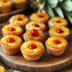 Für die Mini Pineapple Upside Down Cakes brauchen Sie: - 115 g ungesalzene Butter, geschmolzen - 200 g brauner Zucker - 1 Dose (560 g) Ananasscheiben, abgetropft (Saft aufbewahren) - Maraschino-Kirschen (jeweils eine pro Kuchen) - 125 g Weizenmehl - 1 Teelöffel Backpulver - 1/4 Teelöffel Natron - 1/4 Teelöffel Salz - 1/2 Teelöffel Vanilleextrakt - 100 g Zucker (weißer) - 1 großes Ei - 120 ml Ananassaft (aus der Dose) - 1/4 Teelöffel gemahlener Zimt Diese Zutaten machen die Küchlein saftig und lecker. Wenn Sie frische Ananas verwenden möchten, suchen Sie nach einer reifen Frucht. Eine gute Ananas hat eine goldene Farbe und einen süßen Duft. Die Blätter oben sollten leicht herausziehbar sein. Drücken Sie leicht auf die Schale. Sie sollte fest, aber nicht hart sein. Wenn die Ananas zu hart ist, ist sie nicht reif. Falls Sie keine Butter haben, können Sie auch Öl verwenden. Kokosöl ist eine gute Wahl, da es einen tollen Geschmack gibt. Für eine glutenfreie Option wählen Sie glutenfreies Mehl. Für eine vegane Variante können Sie das Ei durch Apfelmus oder eine Banane ersetzen. Diese Optionen machen die Mini Pineapple Upside Down Cakes für alle zugänglich. Probieren Sie diese Tipps aus. Sie werden überrascht sein, wie gut Ihre Küchlein werden! Heize deinen Ofen auf 175°C vor. Während der Ofen aufheizt, bereite dein Muffinblech vor. Sprühe ein Blech für 12 Muffins mit Backspray ein. So lösen sich die Küchlein leichter nach dem Backen. Nimm eine kleine Schüssel und vermenge die geschmolzene Butter mit dem braunen Zucker. Es sollte eine glatte Mischung entstehen. Verteile etwa einen Esslöffel von dieser Mischung in jedes Muffinförmchen. Danach legst du eine Ananasscheibe in jedes Förmchen. Setze eine Maraschino-Kirsche in die Mitte jeder Ananasscheibe. So wird der Belag schön saftig und lecker. In einer separaten Schüssel mischst du das Mehl, Backpulver, Natron, Salz und den gemahlenen Zimt. In einer großen Schüssel kombinierst du den weißen Zucker, das Ei, den Vanilleextrakt und den Ananassaft. Rühre alles gut durch, bis es gut vermischt ist. Füge die trockenen Zutaten nach und nach hinzu. Achte darauf, nicht zu übermischen. Gieße den Teig gleichmäßig über die Ananas- und Kirschbeläge. Jedes Förmchen sollte bis zu dreiviertel voll sein. Backe die Mini-Küchlein für etwa 18 bis 20 Minuten. Sie sind fertig, wenn ein Zahnstocher sauber herauskommt. Lass die Küchlein etwa 5 Minuten im Blech abkühlen, bevor du sie umdrehst. Benutze ein Messer, um die Ränder zu lösen. Drehe das Blech um und klopfe sanft darauf. Jetzt sind deine Mini Pineapple Upside Down Cakes bereit, serviert zu werden! Ein häufiger Fehler ist, den Teig zu übermischen. Beim Mischen sollten Sie vorsichtig sein. Rühren Sie nur so lange, bis alles gerade vermischt ist. So bleibt der Kuchen zart und luftig. Ein weiterer Fehler ist die falsche Temperatur. Stellen Sie sicher, dass Ihr Ofen richtig vorgeheizt ist. Ein kalter Ofen kann die Backzeit verlängern und das Ergebnis beeinflussen. Die Backzeit für die Mini Pineapple Upside Down Cakes liegt bei 18 bis 20 Minuten. Überprüfen Sie die Kuchen nach 18 Minuten. Stecken Sie einen Zahnstocher in die Mitte. Wenn er sauber herauskommt, sind die Küchlein fertig. Wenn nicht, backen Sie sie weiter und prüfen Sie alle zwei Minuten. So vermeiden Sie, dass die Kuchen zu trocken werden. Um die Küchlein leicht aus der Form zu lösen, verwenden Sie ein kleines, scharfes Messer. Führen Sie es vorsichtig entlang der Ränder der Kuchen. Das trennt sie von der Form. Danach kehren Sie das Muffinblech über einen Teller. Klopfen Sie sanft auf das Blech. Die Kuchen sollten leicht herausfallen. So bleiben sie ganz und sehen schön aus. {{image_4}} Sie können andere Früchte in diesen Mini-Küchlein verwenden. Zum Beispiel schmecken Kirschen oder Pfirsiche großartig. Schneiden Sie die Früchte in dünne Scheiben. Legen Sie sie wie die Ananas in die Muffinförmchen. So können Sie neue Aromen entdecken und die Küchlein anpassen. Für vegane Mini-Küchlein ersetzen Sie das Ei durch Apfelmus oder eine Banane. Verwenden Sie pflanzliche Butter für den Belag. Für glutenfreie Küchlein nutzen Sie glutenfreies Mehl. Diese Alternativen machen das Rezept für viele Diäten geeignet und lecker! Sie können die Toppings nach Ihrem Geschmack variieren. Probieren Sie geröstete Nüsse oder Kokosraspeln aus. Diese geben den Küchlein einen tollen Crunch. Für eine süßere Note können Sie Schokoladensauce darüber träufeln. Experimentieren Sie mit verschiedenen Toppings und finden Sie Ihr Lieblingsrezept! Für das vollständige Rezept, schauen Sie sich die Details in der [Full Recipe] an. Um die Mini Pineapple Upside Down Cakes frisch zu halten, bewahre sie in einem luftdichten Behälter auf. Stelle sicher, dass sie auf Raumtemperatur abgekühlt sind, bevor du sie verpackst. So bleibt die Feuchtigkeit im Kuchen. Lagere sie an einem kühlen, trockenen Ort. Sie bleiben so für etwa drei Tage frisch. Wenn du sie länger aufbewahren möchtest, gibt es bessere Optionen. Das Einfrieren dieser Küchlein ist einfach. Lass die Mini-Küchlein zuerst vollständig abkühlen. Wickel sie dann einzeln in Frischhaltefolie. Lege sie in einen gefrierfesten Behälter oder einen Gefrierbeutel. So bleiben sie bis zu drei Monate frisch. Wenn du sie essen möchtest, nimm sie einfach aus dem Gefrierfach und lass sie über Nacht im Kühlschrank auftauen. Um die Küchlein aufzuwärmen, lege sie in die Mikrowelle. Erhitze sie kurz, etwa 10 bis 15 Sekunden. Das macht sie warm und lecker. Du kannst auch den Ofen nutzen. Stelle ihn auf 175°C und wärme die Küchlein für etwa 5 bis 10 Minuten auf. So schmecken sie fast wie frisch gebacken. Diese Methoden helfen, den Geschmack und die Textur zu erhalten. Für das beste Ergebnis, genieße sie warm. Probiere auch die Kombination mit einem Klecks Schlagsahne. Ein Genuss, den du nicht verpassen solltest! Sie können mit diesem Rezept 12 Mini Pineapple Upside Down Cakes machen. Das ist perfekt für eine kleine Feier oder einen Kaffeeklatsch. Jedes Muffinförmchen wird schön gefüllt. So haben alle Gäste ihre eigene Portion. Ja, Sie können das Rezept im Voraus zubereiten. Die Mini-Küchlein lassen sich gut lagern. Backen Sie sie einfach einen Tag vorher. Bewahren Sie sie in einem luftdichten Behälter auf. So bleiben sie frisch und lecker. Zu den Mini-Küchlein passen viele Beilagen. Eine gute Wahl ist Schlagsahne. Auch Vanilleeis ist eine tolle Ergänzung. Wenn Sie es fruchtiger mögen, servieren Sie frische Beeren. Diese Kombination macht das Dessert noch schöner und schmackhafter. In diesem Blogbeitrag haben wir die besten Zutaten für Mini Pineapple Upside Down Cakes betrachtet. Wir haben Tipps gegeben, wie man frische Ananas auswählt und Alternativen für traditionelle Zutaten findet. Die Schritt-für-Schritt-Anleitung zeigt, wie man die Küchlein perfekt zubereitet. Zudem haben wir häufige Fehler beim Backen aufgedeckt und Lagerungshinweise gegeben. Denke daran, deine Küchlein frisch zu halten und kreativ mit Toppings umzugehen. Mit diesen Informationen wirst du sicher tolle Küchlein zaubern. Viel Spaß beim Backen!