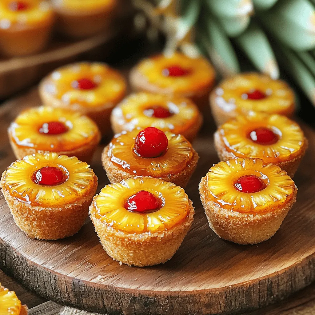 Für die Mini Pineapple Upside Down Cakes brauchen Sie: - 115 g ungesalzene Butter, geschmolzen - 200 g brauner Zucker - 1 Dose (560 g) Ananasscheiben, abgetropft (Saft aufbewahren) - Maraschino-Kirschen (jeweils eine pro Kuchen) - 125 g Weizenmehl - 1 Teelöffel Backpulver - 1/4 Teelöffel Natron - 1/4 Teelöffel Salz - 1/2 Teelöffel Vanilleextrakt - 100 g Zucker (weißer) - 1 großes Ei - 120 ml Ananassaft (aus der Dose) - 1/4 Teelöffel gemahlener Zimt Diese Zutaten machen die Küchlein saftig und lecker. Wenn Sie frische Ananas verwenden möchten, suchen Sie nach einer reifen Frucht. Eine gute Ananas hat eine goldene Farbe und einen süßen Duft. Die Blätter oben sollten leicht herausziehbar sein. Drücken Sie leicht auf die Schale. Sie sollte fest, aber nicht hart sein. Wenn die Ananas zu hart ist, ist sie nicht reif. Falls Sie keine Butter haben, können Sie auch Öl verwenden. Kokosöl ist eine gute Wahl, da es einen tollen Geschmack gibt. Für eine glutenfreie Option wählen Sie glutenfreies Mehl. Für eine vegane Variante können Sie das Ei durch Apfelmus oder eine Banane ersetzen. Diese Optionen machen die Mini Pineapple Upside Down Cakes für alle zugänglich. Probieren Sie diese Tipps aus. Sie werden überrascht sein, wie gut Ihre Küchlein werden! Heize deinen Ofen auf 175°C vor. Während der Ofen aufheizt, bereite dein Muffinblech vor. Sprühe ein Blech für 12 Muffins mit Backspray ein. So lösen sich die Küchlein leichter nach dem Backen. Nimm eine kleine Schüssel und vermenge die geschmolzene Butter mit dem braunen Zucker. Es sollte eine glatte Mischung entstehen. Verteile etwa einen Esslöffel von dieser Mischung in jedes Muffinförmchen. Danach legst du eine Ananasscheibe in jedes Förmchen. Setze eine Maraschino-Kirsche in die Mitte jeder Ananasscheibe. So wird der Belag schön saftig und lecker. In einer separaten Schüssel mischst du das Mehl, Backpulver, Natron, Salz und den gemahlenen Zimt. In einer großen Schüssel kombinierst du den weißen Zucker, das Ei, den Vanilleextrakt und den Ananassaft. Rühre alles gut durch, bis es gut vermischt ist. Füge die trockenen Zutaten nach und nach hinzu. Achte darauf, nicht zu übermischen. Gieße den Teig gleichmäßig über die Ananas- und Kirschbeläge. Jedes Förmchen sollte bis zu dreiviertel voll sein. Backe die Mini-Küchlein für etwa 18 bis 20 Minuten. Sie sind fertig, wenn ein Zahnstocher sauber herauskommt. Lass die Küchlein etwa 5 Minuten im Blech abkühlen, bevor du sie umdrehst. Benutze ein Messer, um die Ränder zu lösen. Drehe das Blech um und klopfe sanft darauf. Jetzt sind deine Mini Pineapple Upside Down Cakes bereit, serviert zu werden! Ein häufiger Fehler ist, den Teig zu übermischen. Beim Mischen sollten Sie vorsichtig sein. Rühren Sie nur so lange, bis alles gerade vermischt ist. So bleibt der Kuchen zart und luftig. Ein weiterer Fehler ist die falsche Temperatur. Stellen Sie sicher, dass Ihr Ofen richtig vorgeheizt ist. Ein kalter Ofen kann die Backzeit verlängern und das Ergebnis beeinflussen. Die Backzeit für die Mini Pineapple Upside Down Cakes liegt bei 18 bis 20 Minuten. Überprüfen Sie die Kuchen nach 18 Minuten. Stecken Sie einen Zahnstocher in die Mitte. Wenn er sauber herauskommt, sind die Küchlein fertig. Wenn nicht, backen Sie sie weiter und prüfen Sie alle zwei Minuten. So vermeiden Sie, dass die Kuchen zu trocken werden. Um die Küchlein leicht aus der Form zu lösen, verwenden Sie ein kleines, scharfes Messer. Führen Sie es vorsichtig entlang der Ränder der Kuchen. Das trennt sie von der Form. Danach kehren Sie das Muffinblech über einen Teller. Klopfen Sie sanft auf das Blech. Die Kuchen sollten leicht herausfallen. So bleiben sie ganz und sehen schön aus. {{image_4}} Sie können andere Früchte in diesen Mini-Küchlein verwenden. Zum Beispiel schmecken Kirschen oder Pfirsiche großartig. Schneiden Sie die Früchte in dünne Scheiben. Legen Sie sie wie die Ananas in die Muffinförmchen. So können Sie neue Aromen entdecken und die Küchlein anpassen. Für vegane Mini-Küchlein ersetzen Sie das Ei durch Apfelmus oder eine Banane. Verwenden Sie pflanzliche Butter für den Belag. Für glutenfreie Küchlein nutzen Sie glutenfreies Mehl. Diese Alternativen machen das Rezept für viele Diäten geeignet und lecker! Sie können die Toppings nach Ihrem Geschmack variieren. Probieren Sie geröstete Nüsse oder Kokosraspeln aus. Diese geben den Küchlein einen tollen Crunch. Für eine süßere Note können Sie Schokoladensauce darüber träufeln. Experimentieren Sie mit verschiedenen Toppings und finden Sie Ihr Lieblingsrezept! Für das vollständige Rezept, schauen Sie sich die Details in der [Full Recipe] an. Um die Mini Pineapple Upside Down Cakes frisch zu halten, bewahre sie in einem luftdichten Behälter auf. Stelle sicher, dass sie auf Raumtemperatur abgekühlt sind, bevor du sie verpackst. So bleibt die Feuchtigkeit im Kuchen. Lagere sie an einem kühlen, trockenen Ort. Sie bleiben so für etwa drei Tage frisch. Wenn du sie länger aufbewahren möchtest, gibt es bessere Optionen. Das Einfrieren dieser Küchlein ist einfach. Lass die Mini-Küchlein zuerst vollständig abkühlen. Wickel sie dann einzeln in Frischhaltefolie. Lege sie in einen gefrierfesten Behälter oder einen Gefrierbeutel. So bleiben sie bis zu drei Monate frisch. Wenn du sie essen möchtest, nimm sie einfach aus dem Gefrierfach und lass sie über Nacht im Kühlschrank auftauen. Um die Küchlein aufzuwärmen, lege sie in die Mikrowelle. Erhitze sie kurz, etwa 10 bis 15 Sekunden. Das macht sie warm und lecker. Du kannst auch den Ofen nutzen. Stelle ihn auf 175°C und wärme die Küchlein für etwa 5 bis 10 Minuten auf. So schmecken sie fast wie frisch gebacken. Diese Methoden helfen, den Geschmack und die Textur zu erhalten. Für das beste Ergebnis, genieße sie warm. Probiere auch die Kombination mit einem Klecks Schlagsahne. Ein Genuss, den du nicht verpassen solltest! Sie können mit diesem Rezept 12 Mini Pineapple Upside Down Cakes machen. Das ist perfekt für eine kleine Feier oder einen Kaffeeklatsch. Jedes Muffinförmchen wird schön gefüllt. So haben alle Gäste ihre eigene Portion. Ja, Sie können das Rezept im Voraus zubereiten. Die Mini-Küchlein lassen sich gut lagern. Backen Sie sie einfach einen Tag vorher. Bewahren Sie sie in einem luftdichten Behälter auf. So bleiben sie frisch und lecker. Zu den Mini-Küchlein passen viele Beilagen. Eine gute Wahl ist Schlagsahne. Auch Vanilleeis ist eine tolle Ergänzung. Wenn Sie es fruchtiger mögen, servieren Sie frische Beeren. Diese Kombination macht das Dessert noch schöner und schmackhafter. In diesem Blogbeitrag haben wir die besten Zutaten für Mini Pineapple Upside Down Cakes betrachtet. Wir haben Tipps gegeben, wie man frische Ananas auswählt und Alternativen für traditionelle Zutaten findet. Die Schritt-für-Schritt-Anleitung zeigt, wie man die Küchlein perfekt zubereitet. Zudem haben wir häufige Fehler beim Backen aufgedeckt und Lagerungshinweise gegeben. Denke daran, deine Küchlein frisch zu halten und kreativ mit Toppings umzugehen. Mit diesen Informationen wirst du sicher tolle Küchlein zaubern. Viel Spaß beim Backen!