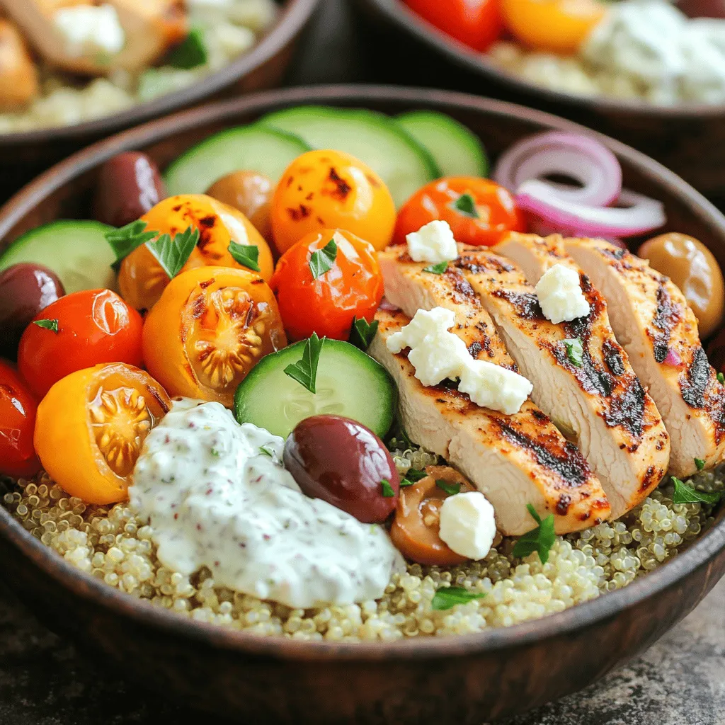 - <strong>Hähnchenbrustfilets und Marinade-Zutaten</strong> Die Basis jeder Schüssel ist frisches Hähnchen. Ich benutze 450 g Hähnchenbrustfilets. Diese sind mager und zart. Für die Marinade mische ich 2 Esslöffel Olivenöl, 2 Teelöffel Oregano, 1 Teelöffel Knoblauchpulver und 1 Teelöffel Paprika. Salz und Pfeffer nach Geschmack sind wichtig. Diese Zutaten geben dem Hähnchen den vollen Geschmack. – <strong>Quinoa und Gemüsezutaten</strong> Quinoa ist mein Hauptbestandteil. Ich verwende 240 g gekochte Quinoa. Sie ist gesund und nährstoffreich. Dann kommen die Gemüse: 1 Tasse Kirschtomaten, gewürfelt, 1 Gurke, gewürfelt, und ½ rote Zwiebel, dünn geschnitten. Außerdem benutze ich 1 Tasse Kalamata-Oliven. Diese Oliven bringen einen tollen, salzigen Geschmack in die Schüssel. – <strong>Feta-Käse und Tzatziki-Sauce</strong> Feta-Käse ist ein Muss! Ich füge 1 Tasse zerkrümelten Feta-Käse hinzu. Der Käse gibt einen cremigen und salzigen Geschmack. Für die Sauce verwende ich 60 ml Tzatziki. Diese kann gekauft oder selbstgemacht sein. Sie rundet die Geschmäcker ab und macht die Bowls besonders frisch. Wenn du mehr über die Zubereitung erfahren möchtest, schau dir das Full Recipe an. Um die Hähnchenbrust perfekt zu marinieren, mische zuerst das Olivenöl, Oregano, Knoblauchpulver, Paprika, Salz und Pfeffer. Die Hähnchenbrustfilets sollten gleichmäßig mit dieser Marinade bedeckt sein. Lass das Hähnchen mindestens 30 Minuten im Kühlschrank ziehen, um den Geschmack zu intensivieren. Für besten Geschmack kannst du es bis zu 2 Stunden marinieren. Wenn das Hähnchen mariniert ist, heize eine Grillpfanne auf mittelhohe Hitze vor. Lege die Filets in die Pfanne und brate sie 5-7 Minuten auf jeder Seite. Achte darauf, dass der Saft klar läuft, wenn das Hähnchen gar ist. Nach dem Garen lasse das Hähnchen einige Minuten ruhen. Dies hilft, den Saft im Fleisch zu halten, damit es zart bleibt. Jetzt kannst du die Bowls anrichten. Beginne mit einer Basis aus gekochter Quinoa in jeder Schale. Verteile sie gleichmäßig, damit jeder Bissen voll von dieser gesunden Zutat ist. Nun ist es Zeit für das Gemüse. Füge die halbierten Kirschtomaten, gewürfelte Gurke, dünn geschnittene rote Zwiebel und die Kalamata-Oliven hinzu. Achte darauf, dass alles schön aussieht und gleichmäßig verteilt ist. Schnell die Hähnchenstücke in Scheiben schneiden und auf das Gemüse legen. So sieht jede Bowl einladend aus und ist bereit für die letzte Note. Jetzt kommt der beste Teil! Streue großzügig zerkrümelten Feta-Käse über das Hähnchen. Der Feta bringt einen tollen Geschmack. Serviere Tzatziki-Sauce entweder direkt auf der Bowl oder in einem kleinen Schälchen. So kann jeder nach Belieben zugreifen. Zum Schluss streue frisch gehackte Petersilie über die Bowls. Das gibt nicht nur Farbe, sondern auch einen frischen Geschmack. Für das vollständige Rezept kannst du [Full Recipe] besuchen. Die Marinade macht das Hähnchen zart und geschmackvoll. Marinieren Sie das Hähnchen mindestens 30 Minuten, besser bis zu 2 Stunden. So kann das Fleisch die Aromen gut aufnehmen. Die optimale Kühlung während der Marinierzeit hilft, die Textur zu verbessern. Beim Garen ist die Hitze wichtig. Verwenden Sie eine Grillpfanne oder normale Pfanne. Grillen Sie das Hähnchen bei mittelhoher Hitze für 5-7 Minuten pro Seite. Es sollte goldbraun sein. Lassen Sie es nach dem Garen einige Minuten ruhen. Dies hält das Fleisch saftig. Um die Bowls aufregender zu gestalten, fügen Sie zusätzliche Zutaten hinzu. Gegrillte Paprika oder Artischocken sind großartige Optionen. Sie bringen neue Aromen in die Schalen. Für eine herzhaftere Variante können Sie auch Kichererbsen oder Bohnen verwenden. Für verschiedene Diäten bieten sich Variationen an. Für Vegetarier kann gegrillter Halloumi oder Linsen eine tolle Proteinquelle sein. Glutenfreie Gäste können Quinoa oder Salat als Basis verwenden. So bleibt jeder glücklich und satt. Die Bowls schmecken am besten mit frischem Brot. Pita-Brot passt hervorragend dazu. Auch ein einfacher griechischer Salat ist eine ideale Beilage. Für Getränke empfehle ich ein leichtes, spritziges Getränk. Ein Glas Weißwein oder Mineralwasser mit Zitrone ergänzt die Aromen der Bowls perfekt. Wenn Sie mehr über die Zubereitung erfahren möchten, schauen Sie sich das Rezept für die Griechischen Hähnchen-Bowls an. {{image_4}} Falls du eine fleischfreie Option suchst, gibt es viele leckere Alternativen. Eine gute Wahl sind Linsen. Sie sind reich an Eiweiß und Ballaststoffen. Du kannst sie einfach kochen und dann in die Schüssel geben. Linsen haben einen tollen Geschmack und passen gut zu den anderen Zutaten. Eine weitere Option ist Halloumi-Käse. Er hat einen festen Biss und schmilzt beim Garen leicht. Du kannst ihn in Scheiben schneiden und in der Pfanne braten. So bekommt er eine goldene Farbe und einen tollen Geschmack. Halloumi bringt eine schöne Textur in die Bowl und wird viele begeistern. Das Beste an Griechischen Hähnchen-Bowls ist die Flexibilität. Du kannst sie je nach Saison anpassen. Im Frühling sind Spargel und Radieschen frisch. Im Sommer sind Tomaten und Paprika in voller Blüte. Im Herbst kannst du Kürbis oder Süßkartoffeln verwenden. Diese frischen Zutaten bringen Farbe und Geschmack. Du solltest auch frische Kräuter nutzen, wenn sie verfügbar sind. Petersilie, Minze oder Dill verleihen den Bowls einen frischen Kick. Sie sind nicht nur gut für den Geschmack, sondern auch für die Gesundheit. Frische Kräuter sind reich an Nährstoffen und Aromastoffen. Experimentiere mit verschiedenen Kombinationen und finde deine Favoriten! Für das vollständige Rezept schaue dir die Griechische Hähnchen-Bowls an. Wenn Sie Reste Ihrer griechischen Hähnchen-Bowls haben, lagern Sie sie im Kühlschrank. Das hält die Zutaten frisch. Sie können die Bowls in einem luftdichten Behälter aufbewahren. So bleibt der Geschmack erhalten. Reste halten sich bis zu drei Tage. Verwenden Sie überbleibende Zutaten kreativ. Fügen Sie die Hähnchenstücke zu einem Salat hinzu. Mixen Sie die Quinoa mit Gemüse für eine neue Beilage. Einige Zutaten aus den Bowls lassen sich gut einfrieren. Hähnchen und Quinoa sind perfekte Kandidaten. Sie behalten ihren Geschmack und ihre Textur. Packen Sie sie in gefrierfreundliche Beutel. Achten Sie darauf, die Luft herauszudrücken. Tzatziki hingegen eignet sich nicht gut zum Einfrieren. Die Textur wird nach dem Auftauen wässrig. Bereiten Sie Tzatziki frisch zu, wenn Sie die Bowls servieren. So bleibt der Geschmack intensiv und frisch. Du kannst die Hähnchen-Bowls bis zu drei Tage im Kühlschrank aufbewahren. Achte darauf, die Bowls in einem luftdichten Behälter zu lagern. Wenn das Hähnchen unangenehm riecht oder die Farbe sich ändert, ist es nicht mehr gut. Das Gemüse kann auch welk werden. Vermeide es, die Bowls länger als empfohlen zu lagern. Ja, du kannst die Bowls im Voraus zubereiten. Marinierte Hähnchenbrust kann bis zu zwei Stunden im Kühlschrank stehen. Bereite die Quinoa und das Gemüse im Voraus zu. Lagere alles getrennt, um die Frische zu erhalten. Wenn du bereit bist zu essen, kannst du alles zusammenfügen. Das macht es einfach und schnell. Eine gute Tzatziki-Sauce ist frisch und cremig. Du kannst sie im Laden kaufen oder selbst machen. Eine einfache Rezeptur enthält Joghurt, Gurke, Knoblauch, Olivenöl, Zitronensaft, Salz und Pfeffer. Wenn du Zeit sparen möchtest, greife zu einer fertigen Sauce. Achte darauf, dass sie kühl und frisch ist. So passt sie super zu den Hähnchen-Bowls. Griechische Hähnchen-Bowls sind einfach zuzubereiten und lecker. Die Hauptzutaten wie Hähnchen, Quinoa und Feta machen sie gesund. Die Schritt-für-Schritt-Anleitung zeigt dir, wie du das Hähnchen marinierst und die Bowls anrichtest. Variationen und Tipps helfen dir, neue Geschmäcker zu entdecken. Reste lassen sich gut lagern und sogar einfrieren. Mit diesen Infos kannst du deine Bowls immer wieder anpassen. Probiere es aus und genieße die Vielfalt!” /></p>
</p>
<h2>Variationen</h2>
</p>
<h3>Vegetarische Alternativen</h3>
</p>
<p>Falls du eine fleischfreie Option suchst, gibt es viele leckere Alternativen. Eine gute Wahl sind Linsen. Sie sind reich an Eiweiß und Ballaststoffen. Du kannst sie einfach kochen und dann in die Schüssel geben. Linsen haben einen tollen Geschmack und passen gut zu den anderen Zutaten.</p>
</p>
<p>Eine weitere Option ist Halloumi-Käse. Er hat einen festen Biss und schmilzt beim Garen leicht. Du kannst ihn in Scheiben schneiden und in der Pfanne braten. So bekommt er eine goldene Farbe und einen tollen Geschmack. Halloumi bringt eine schöne Textur in die Bowl und wird viele begeistern.</p>
</p>
<h3>Saisonale Variationen</h3>
</p>
<p>Das Beste an Griechischen Hähnchen-Bowls ist die Flexibilität. Du kannst sie je nach Saison anpassen. Im Frühling sind Spargel und Radieschen frisch. Im Sommer sind Tomaten und Paprika in voller Blüte. Im Herbst kannst du Kürbis oder Süßkartoffeln verwenden. Diese frischen Zutaten bringen Farbe und Geschmack.</p>
</p>
<p>Du solltest auch frische Kräuter nutzen, wenn sie verfügbar sind. Petersilie, Minze oder Dill verleihen den Bowls einen frischen Kick. Sie sind nicht nur gut für den Geschmack, sondern auch für die Gesundheit. Frische Kräuter sind reich an Nährstoffen und Aromastoffen. Experimentiere mit verschiedenen Kombinationen und finde deine Favoriten!</p>
</p>
<p>Für das vollständige Rezept schaue dir die Griechische Hähnchen-Bowls an.</p>
</p>
</p>
<h2>Lagerungshinweise</h2>
</p>
<h3>Reste aufbewahren</h3>
</p>
<p>Wenn Sie Reste Ihrer griechischen Hähnchen-Bowls haben, lagern Sie sie im Kühlschrank. Das hält die Zutaten frisch. Sie können die Bowls in einem luftdichten Behälter aufbewahren. So bleibt der Geschmack erhalten. Reste halten sich bis zu drei Tage.</p>
</p>
<p>Verwenden Sie überbleibende Zutaten kreativ. Fügen Sie die Hähnchenstücke zu einem Salat hinzu. Mixen Sie die Quinoa mit Gemüse für eine neue Beilage.</p>
</p>
<h3>Einfrieren von Zutaten</h3>
</p>
<p>Einige Zutaten aus den Bowls lassen sich gut einfrieren. Hähnchen und Quinoa sind perfekte Kandidaten. Sie behalten ihren Geschmack und ihre Textur. Packen Sie sie in gefrierfreundliche Beutel. Achten Sie darauf, die Luft herauszudrücken.</p>
</p>
<p>Tzatziki hingegen eignet sich nicht gut zum Einfrieren. Die Textur wird nach dem Auftauen wässrig. Bereiten Sie Tzatziki frisch zu, wenn Sie die Bowls servieren. So bleibt der Geschmack intensiv und frisch.</p>
</p>
<h2>FAQs zu Griechischen Hähnchen-Bowls</h2>
</p>
<h3>Wie lange kann ich die Hähnchen-Bowls aufbewahren?</h3>
<p>Du kannst die Hähnchen-Bowls bis zu drei Tage im Kühlschrank aufbewahren. Achte darauf, die Bowls in einem luftdichten Behälter zu lagern. Wenn das Hähnchen unangenehm riecht oder die Farbe sich ändert, ist es nicht mehr gut. Das Gemüse kann auch welk werden. Vermeide es, die Bowls länger als empfohlen zu lagern.</p>
</p>
<h3>Kann ich die Bowls im Voraus zubereiten?</h3>
<p>Ja, du kannst die Bowls im Voraus zubereiten. Marinierte Hähnchenbrust kann bis zu zwei Stunden im Kühlschrank stehen. Bereite die Quinoa und das Gemüse im Voraus zu. Lagere alles getrennt, um die Frische zu erhalten. Wenn du bereit bist zu essen, kannst du alles zusammenfügen. Das macht es einfach und schnell.</p>
</p>
<h3>Was ist die beste Tzatziki-Sauce für die Bowls?</h3>
<p>Eine gute Tzatziki-Sauce ist frisch und cremig. Du kannst sie im Laden kaufen oder selbst machen. Eine einfache Rezeptur enthält Joghurt, Gurke, Knoblauch, Olivenöl, Zitronensaft, Salz und Pfeffer. Wenn du Zeit sparen möchtest, greife zu einer fertigen Sauce. Achte darauf, dass sie kühl und frisch ist. So passt sie super zu den Hähnchen-Bowls.</p>
</p>
<p>Griechische Hähnchen-Bowls sind einfach zuzubereiten und lecker. Die Hauptzutaten wie Hähnchen, Quinoa und Feta machen sie gesund. Die Schritt-für-Schritt-Anleitung zeigt dir, wie du das Hähnchen marinierst und die Bowls anrichtest. Variationen und Tipps helfen dir, neue Geschmäcker zu entdecken. Reste lassen sich gut lagern und sogar einfrieren. Mit diesen Infos kannst du deine Bowls immer wieder anpassen. Probiere es aus und genieße die Vielfalt!</p>
</div>