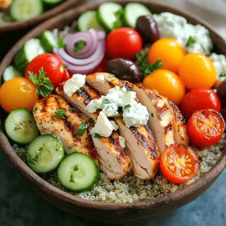 - Hähnchenbrustfilets und Marinade-Zutaten Die Basis jeder Schüssel ist frisches Hähnchen. Ich benutze 450 g Hähnchenbrustfilets. Diese sind mager und zart. Für die Marinade mische ich 2 Esslöffel Olivenöl, 2 Teelöffel Oregano, 1 Teelöffel Knoblauchpulver und 1 Teelöffel Paprika. Salz und Pfeffer nach Geschmack sind wichtig. Diese Zutaten geben dem Hähnchen den vollen Geschmack. - Quinoa und Gemüsezutaten Quinoa ist mein Hauptbestandteil. Ich verwende 240 g gekochte Quinoa. Sie ist gesund und nährstoffreich. Dann kommen die Gemüse: 1 Tasse Kirschtomaten, gewürfelt, 1 Gurke, gewürfelt, und ½ rote Zwiebel, dünn geschnitten. Außerdem benutze ich 1 Tasse Kalamata-Oliven. Diese Oliven bringen einen tollen, salzigen Geschmack in die Schüssel. - Feta-Käse und Tzatziki-Sauce Feta-Käse ist ein Muss! Ich füge 1 Tasse zerkrümelten Feta-Käse hinzu. Der Käse gibt einen cremigen und salzigen Geschmack. Für die Sauce verwende ich 60 ml Tzatziki. Diese kann gekauft oder selbstgemacht sein. Sie rundet die Geschmäcker ab und macht die Bowls besonders frisch. Wenn du mehr über die Zubereitung erfahren möchtest, schau dir das Full Recipe an. Um die Hähnchenbrust perfekt zu marinieren, mische zuerst das Olivenöl, Oregano, Knoblauchpulver, Paprika, Salz und Pfeffer. Die Hähnchenbrustfilets sollten gleichmäßig mit dieser Marinade bedeckt sein. Lass das Hähnchen mindestens 30 Minuten im Kühlschrank ziehen, um den Geschmack zu intensivieren. Für besten Geschmack kannst du es bis zu 2 Stunden marinieren. Wenn das Hähnchen mariniert ist, heize eine Grillpfanne auf mittelhohe Hitze vor. Lege die Filets in die Pfanne und brate sie 5-7 Minuten auf jeder Seite. Achte darauf, dass der Saft klar läuft, wenn das Hähnchen gar ist. Nach dem Garen lasse das Hähnchen einige Minuten ruhen. Dies hilft, den Saft im Fleisch zu halten, damit es zart bleibt. Jetzt kannst du die Bowls anrichten. Beginne mit einer Basis aus gekochter Quinoa in jeder Schale. Verteile sie gleichmäßig, damit jeder Bissen voll von dieser gesunden Zutat ist. Nun ist es Zeit für das Gemüse. Füge die halbierten Kirschtomaten, gewürfelte Gurke, dünn geschnittene rote Zwiebel und die Kalamata-Oliven hinzu. Achte darauf, dass alles schön aussieht und gleichmäßig verteilt ist. Schnell die Hähnchenstücke in Scheiben schneiden und auf das Gemüse legen. So sieht jede Bowl einladend aus und ist bereit für die letzte Note. Jetzt kommt der beste Teil! Streue großzügig zerkrümelten Feta-Käse über das Hähnchen. Der Feta bringt einen tollen Geschmack. Serviere Tzatziki-Sauce entweder direkt auf der Bowl oder in einem kleinen Schälchen. So kann jeder nach Belieben zugreifen. Zum Schluss streue frisch gehackte Petersilie über die Bowls. Das gibt nicht nur Farbe, sondern auch einen frischen Geschmack. Für das vollständige Rezept kannst du [Full Recipe] besuchen. Die Marinade macht das Hähnchen zart und geschmackvoll. Marinieren Sie das Hähnchen mindestens 30 Minuten, besser bis zu 2 Stunden. So kann das Fleisch die Aromen gut aufnehmen. Die optimale Kühlung während der Marinierzeit hilft, die Textur zu verbessern. Beim Garen ist die Hitze wichtig. Verwenden Sie eine Grillpfanne oder normale Pfanne. Grillen Sie das Hähnchen bei mittelhoher Hitze für 5-7 Minuten pro Seite. Es sollte goldbraun sein. Lassen Sie es nach dem Garen einige Minuten ruhen. Dies hält das Fleisch saftig. Um die Bowls aufregender zu gestalten, fügen Sie zusätzliche Zutaten hinzu. Gegrillte Paprika oder Artischocken sind großartige Optionen. Sie bringen neue Aromen in die Schalen. Für eine herzhaftere Variante können Sie auch Kichererbsen oder Bohnen verwenden. Für verschiedene Diäten bieten sich Variationen an. Für Vegetarier kann gegrillter Halloumi oder Linsen eine tolle Proteinquelle sein. Glutenfreie Gäste können Quinoa oder Salat als Basis verwenden. So bleibt jeder glücklich und satt. Die Bowls schmecken am besten mit frischem Brot. Pita-Brot passt hervorragend dazu. Auch ein einfacher griechischer Salat ist eine ideale Beilage. Für Getränke empfehle ich ein leichtes, spritziges Getränk. Ein Glas Weißwein oder Mineralwasser mit Zitrone ergänzt die Aromen der Bowls perfekt. Wenn Sie mehr über die Zubereitung erfahren möchten, schauen Sie sich das Rezept für die Griechischen Hähnchen-Bowls an. {{image_4}} Falls du eine fleischfreie Option suchst, gibt es viele leckere Alternativen. Eine gute Wahl sind Linsen. Sie sind reich an Eiweiß und Ballaststoffen. Du kannst sie einfach kochen und dann in die Schüssel geben. Linsen haben einen tollen Geschmack und passen gut zu den anderen Zutaten. Eine weitere Option ist Halloumi-Käse. Er hat einen festen Biss und schmilzt beim Garen leicht. Du kannst ihn in Scheiben schneiden und in der Pfanne braten. So bekommt er eine goldene Farbe und einen tollen Geschmack. Halloumi bringt eine schöne Textur in die Bowl und wird viele begeistern. Das Beste an Griechischen Hähnchen-Bowls ist die Flexibilität. Du kannst sie je nach Saison anpassen. Im Frühling sind Spargel und Radieschen frisch. Im Sommer sind Tomaten und Paprika in voller Blüte. Im Herbst kannst du Kürbis oder Süßkartoffeln verwenden. Diese frischen Zutaten bringen Farbe und Geschmack. Du solltest auch frische Kräuter nutzen, wenn sie verfügbar sind. Petersilie, Minze oder Dill verleihen den Bowls einen frischen Kick. Sie sind nicht nur gut für den Geschmack, sondern auch für die Gesundheit. Frische Kräuter sind reich an Nährstoffen und Aromastoffen. Experimentiere mit verschiedenen Kombinationen und finde deine Favoriten! Für das vollständige Rezept schaue dir die Griechische Hähnchen-Bowls an. Wenn Sie Reste Ihrer griechischen Hähnchen-Bowls haben, lagern Sie sie im Kühlschrank. Das hält die Zutaten frisch. Sie können die Bowls in einem luftdichten Behälter aufbewahren. So bleibt der Geschmack erhalten. Reste halten sich bis zu drei Tage. Verwenden Sie überbleibende Zutaten kreativ. Fügen Sie die Hähnchenstücke zu einem Salat hinzu. Mixen Sie die Quinoa mit Gemüse für eine neue Beilage. Einige Zutaten aus den Bowls lassen sich gut einfrieren. Hähnchen und Quinoa sind perfekte Kandidaten. Sie behalten ihren Geschmack und ihre Textur. Packen Sie sie in gefrierfreundliche Beutel. Achten Sie darauf, die Luft herauszudrücken. Tzatziki hingegen eignet sich nicht gut zum Einfrieren. Die Textur wird nach dem Auftauen wässrig. Bereiten Sie Tzatziki frisch zu, wenn Sie die Bowls servieren. So bleibt der Geschmack intensiv und frisch. Du kannst die Hähnchen-Bowls bis zu drei Tage im Kühlschrank aufbewahren. Achte darauf, die Bowls in einem luftdichten Behälter zu lagern. Wenn das Hähnchen unangenehm riecht oder die Farbe sich ändert, ist es nicht mehr gut. Das Gemüse kann auch welk werden. Vermeide es, die Bowls länger als empfohlen zu lagern. Ja, du kannst die Bowls im Voraus zubereiten. Marinierte Hähnchenbrust kann bis zu zwei Stunden im Kühlschrank stehen. Bereite die Quinoa und das Gemüse im Voraus zu. Lagere alles getrennt, um die Frische zu erhalten. Wenn du bereit bist zu essen, kannst du alles zusammenfügen. Das macht es einfach und schnell. Eine gute Tzatziki-Sauce ist frisch und cremig. Du kannst sie im Laden kaufen oder selbst machen. Eine einfache Rezeptur enthält Joghurt, Gurke, Knoblauch, Olivenöl, Zitronensaft, Salz und Pfeffer. Wenn du Zeit sparen möchtest, greife zu einer fertigen Sauce. Achte darauf, dass sie kühl und frisch ist. So passt sie super zu den Hähnchen-Bowls. Griechische Hähnchen-Bowls sind einfach zuzubereiten und lecker. Die Hauptzutaten wie Hähnchen, Quinoa und Feta machen sie gesund. Die Schritt-für-Schritt-Anleitung zeigt dir, wie du das Hähnchen marinierst und die Bowls anrichtest. Variationen und Tipps helfen dir, neue Geschmäcker zu entdecken. Reste lassen sich gut lagern und sogar einfrieren. Mit diesen Infos kannst du deine Bowls immer wieder anpassen. Probiere es aus und genieße die Vielfalt!
