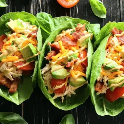 - 450 g Hähnchenbrustfilet, gekocht und zerrissen - 4 Scheiben gebratener Speck, zerbröselt - 1 mittelgroße Tomate, gewürfelt - 1 Avocado, gewürfelt - 120 g geriebener Cheddar-Käse Für die Chicken Club Lettuce Wraps sind frische, hochwertige Zutaten wichtig. Ich empfehle stets, das Hähnchen selbst zu kochen. So bleibt es saftig und voller Geschmack. Der Speck sorgt für einen knusprigen Biss. Die Tomate und Avocado bringen Frische und Farbe ins Spiel. Der Cheddar-Käse fügt eine leckere Cremigkeit hinzu. - 60 ml Mayonnaise - 1 Esslöffel Dijon-Senf - 1 Esslöffel Zitronensaft - 1 Teelöffel Knoblauchpulver - Salz und Pfeffer nach Geschmack Das Dressing ist ein wichtiger Teil des Rezepts. Es vereint die Aromen und macht alles noch leckerer. Die Mayo macht es cremig, während der Senf eine feine Schärfe gibt. Der Zitronensaft bringt Frische. Ein Hauch Knoblauchpulver rundet das Ganze ab. Vergessen Sie nicht, mit Salz und Pfeffer zu würzen. - 8 große Blätter Romana-Salat - Frische Basilikumblätter zum Garnieren Die Wrap-Basis sind die Salatblätter. Sie sind knusprig und leicht. Sie ersetzen das Brot und machen das Gericht viel gesünder. Frische Basilikumblätter geben einen zusätzlichen Kick und sehen hübsch aus. Sie sind der perfekte Abschluss für Ihre Chicken Club Lettuce Wraps. Wenn Sie mehr über die Zubereitung erfahren möchten, schauen Sie sich das Full Recipe an! Zuerst koche die Hähnchenbrust. Du kannst sie in einem Topf mit Wasser garen. Lass das Hähnchen etwa 15 Minuten kochen. Danach nimm es heraus und zerrupfe es mit zwei Gabeln. Bereite das Gemüse vor. Würfle die Tomate und die Avocado. Achte darauf, dass die Stücke gleichmäßig sind. So sieht alles gut aus in den Wraps. Für das Dressing nimm eine kleine Schüssel. Gib die Mayonnaise hinein. Füge den Dijon-Senf, den Zitronensaft und das Knoblauchpulver hinzu. Mische alles gut mit einem kleinen Schneebesen. Das Dressing sollte glatt und cremig sein. Jetzt ist es Zeit, die Wraps zu machen. Wasche die Romana-Salatblätter vorsichtig und trockne sie. Nimm ein Blatt und lege es auf einen Teller. Gib einen Löffel der Hähnchenmischung in die Mitte des Blattes. Achte darauf, es nicht zu überfüllen. Füge ein paar Basilikumblätter oben drauf. Jetzt rolle das Salatblatt um die Füllung. Drücke leicht, damit alles zusammen bleibt. Serviere die Wraps sofort für den besten Geschmack. Du kannst das Rezept für die Chicken Club Lettuce Wraps in voller Länge nachlesen, um mehr Tipps zu erhalten. Um saftiges Hähnchen zu kochen, empfehle ich die Brat- oder Grillmethode. Beide Methoden sorgen für einen tollen Geschmack. Achte darauf, das Hähnchen nicht zu lange zu garen. Bei einer Kerntemperatur von 75 Grad Celsius ist es perfekt. Lass das Hähnchen nach dem Kochen kurz ruhen. So bleibt der Saft im Fleisch. Zerrupfe das Hähnchen mit zwei Gabeln, um eine gleichmäßige Textur zu erreichen. Um mehr Geschmack zu bekommen, kannst du verschiedene Käsesorten verwenden. Probiere Mozzarella oder Feta für eine neue Note. Auch Dressings sind eine gute Wahl. Ein Ranch-Dressing kann hier gut passen. Du kannst auch etwas scharfe Sauce hinzufügen, wenn du es würziger magst. Experimentiere mit frischen Kräutern wie Schnittlauch oder Petersilie für mehr Frische. Das Rezept ist einfach anpassbar. Du kannst die Menge für zwei bis acht Portionen ändern. Wenn du weniger Gäste hast, halbiere die Zutaten. Wenn du mehr brauchst, verdopple sie einfach. So hat jeder genug zu essen. Du kannst auch die Hähnchenmenge anpassen. Bei einer größeren Gruppe ist es gut, mehr Beilagen wie Gemüse zu bieten. {{image_4}} Eine tolle vegetarische Option ist, das Hähnchen durch Quinoa oder Tofu zu ersetzen. Quinoa ist voll von Proteinen und Ballaststoffen. Tofu hat eine wunderbare Textur und nimmt die Aromen gut auf. Kochen Sie die Quinoa nach Anleitung. Für Tofu einfach in Würfel schneiden und anbraten. Mischen Sie die Quinoa oder den Tofu mit dem Dressing und Gemüse. So bleibt der Wrap lecker und nahrhaft. Für eine Low-Carb Version können Sie große Pilze als Wraps nutzen. Champignons oder Portobello-Pilze sind ideal. Entfernen Sie die Stiele und backen Sie die Pilze kurz. Füllen Sie die Pilze mit der Hähnchenmischung. Diese Variante bietet viel Geschmack bei weniger Kohlenhydraten. Es ist auch eine spannende Möglichkeit, die Wraps zu genießen. Fügen Sie verschiedene Gemüse oder scharfe Saucen hinzu, um den Wraps mehr Geschmack zu verleihen. Paprika, Zucchini oder Gurken bringen frische Aromen. Sriracha oder eine würzige BBQ-Sauce geben einen tollen Kick. Experimentieren Sie mit Ihren Lieblingsgewürzen, um neue Geschmäcker zu entdecken. So bleibt jedes Essen spannend und lecker. Sie können auch die Full Recipe ausprobieren, um die verschiedenen Variationen zu testen. Um das zubereitete Hähnchen frisch zu halten, lege es in einen luftdichten Behälter. So bleibt es saftig. Das Dressing kannst du ebenfalls in einem eigenen Behälter aufbewahren. Achte darauf, dass kein Wasser im Behälter ist, da dies die Qualität beeinträchtigen kann. Halte alles im Kühlschrank. So bleibt der Geschmack lange erhalten. Die Wraps sind am besten, wenn du sie frisch zubereitest. Wenn du übrig gebliebene Wraps hast, lagere sie in einem luftdichten Behälter. Sie bleiben bis zu zwei Tage frisch. Wenn du sie länger aufbewahren musst, nimm die Füllung heraus. So bleibt der Salat knackig und die Zutaten verlieren nicht ihre Frische. Um die übrig gebliebenen Zutaten aufzuwärmen, nutze die Mikrowelle. Stelle die Mikrowelle auf niedrige Stufe ein, um ein Überkochen zu vermeiden. Du kannst auch eine Pfanne verwenden, um das Hähnchen sanft zu erhitzen. Vermeide es, die Wraps in die Mikrowelle zu legen. Der Salat wird dann weich und ungenießbar. So kannst du die Aromen neu beleben und die Wraps genießen. Wenn Sie kein Hähnchen mögen, gibt es viele Alternativen. Sie können Quinoa verwenden, um eine vegetarische Option zu machen. Tofu ist auch eine gute Wahl. Für einen anderen Geschmack probieren Sie Putenfleisch oder sogar Thunfisch aus der Dose. Diese Optionen sind lecker und passen gut zu den Wraps. Ja, Sie können die Wraps im Voraus zubereiten. Bereiten Sie die Hähnchenmischung und das Dressing am Tag zuvor vor. Lagern Sie sie separat in luftdichten Behältern im Kühlschrank. Achten Sie darauf, die Salatblätter erst kurz vor dem Servieren zu füllen. So bleiben sie frisch und knusprig. Eine Portion Hähnchen Club-Lettuce Wraps hat etwa 350 Kalorien. Das hängt jedoch von den genauen Zutaten ab, die Sie verwenden. Wenn Sie weniger Kalorien möchten, verwenden Sie weniger Käse oder Mayonnaise. Diese Wraps sind eine gesunde Wahl, die Ihnen hilft, sich gut zu fühlen. Die besten Salatblätter für Wraps sind frisch und knackig. Achten Sie beim Kauf auf Blätter, die glänzend und grün sind. Vermeiden Sie vergilbte oder welkende Blätter. Romana-Salat ist eine großartige Wahl, weil er stark ist und gut hält. Wenn möglich, kaufen Sie Bio-Salat für den besten Geschmack und die beste Qualität. Diese Wraps sind lecker und einfach. Wir haben Hähnchen, Speck und frisches Gemüse kombiniert. Das Dressing bringt tollen Geschmack. Denke an Variationen, um die Wraps zu verändern. Du kannst sie vegetarisch oder low-carb machen. Bewahre die Zutaten richtig auf, damit sie frisch bleiben. Mit diesen Tipps machst du jedes Mal perfekte Wraps. Experimentiere und finde deinen Favoriten!