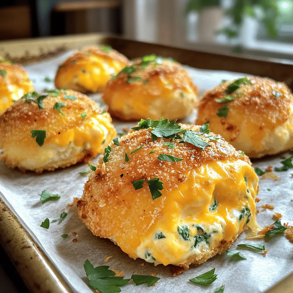 Für die leckeren Chicken Bombs brauchst du folgende Zutaten: - 450 g gemahlenes Hähnchen - 1 Tasse geriebener Cheddar-Käse - 125 g Frischkäse, weich - 1 Tasse Spinat, gehackt (frisch oder gefroren) - 125 g Semmelbrösel - 1 Teelöffel Knoblauchpulver - 1 Teelöffel Zwiebelpulver - 1 Teelöffel Paprika - Salz und Pfeffer nach Geschmack - 1 Esslöffel Olivenöl - Frische Petersilie, gehackt (zum Garnieren) Manchmal hast du vielleicht nicht alle Zutaten zur Hand. Du kannst das gemahlene Hähnchen durch Pute ersetzen. Wenn du keinen Cheddar hast, nimm einfach Gouda oder Mozzarella. Für den Spinat kannst du auch Grünkohl verwenden. Es gibt viele Wege, um diesen Genuss anzupassen. Achte darauf, frische und hochwertige Zutaten zu wählen. Frischkäse sollte cremig sein und nicht abgelaufen. Wähle Hähnchen aus artgerechter Haltung, wenn möglich. Frischer Spinat hat mehr Geschmack als gefrorener. Diese kleinen Details machen deine Chicken Bombs noch besser. Heize deinen Ofen auf 190°C vor. Nimm ein Backblech und lege es mit Backpapier aus. Das verhindert, dass die Hähnchenbomben ankleben. Gib das gemahlene Hähnchen in eine große Schüssel. Füge den Frischkäse, den geriebenen Cheddar und den gehackten Spinat hinzu. Streue Knoblauchpulver, Zwiebelpulver und Paprika darüber. Schmecke die Mischung mit Salz und Pfeffer ab. Mische alles gut, bis du eine klebrige Masse hast. Nimm eine kleine Menge der Hähnchenmischung in deine Hände. Forme eine Kugel, etwa so groß wie ein Golfball. Wiederhole diesen Schritt, bis die gesamte Mischung aufgebraucht ist. Rolle jede Kugel in Semmelbröseln. So werden die Bomben schön knusprig. Lege die Hähnchenbomben auf das Backblech. Lass etwas Platz zwischen ihnen. Das sorgt für eine gleichmäßige Garung. Beträufle sie mit Olivenöl. Backe die Bomben 25-30 Minuten lang. Sie sind fertig, wenn sie goldbraun sind. Nimm die Hähnchenbomben aus dem Ofen und lasse sie kurz abkühlen. Garniere sie mit frischer, gehackter Petersilie. Serviere sie warm auf einem dekorierten Teller. Für das vollständige Rezept schaue dir die [Full Recipe] an. Ein gängiger Fehler ist, die Hähnchenbomben zu klein zu machen. Sie sollten etwa die Größe eines Golfballs haben. So garen sie gleichmäßig und bleiben saftig. Achte darauf, dass alle Zutaten gut vermischt sind. Wenn die Mischung zu trocken wird, füge etwas mehr Frischkäse hinzu. Zu viel Salz kann den Geschmack verderben. Probiere die Mischung, bevor du sie backst. Du kannst die Bomben nach deinem Geschmack anpassen. Füge Kräuter wie Basilikum oder Oregano hinzu. Das gibt den Hähnchenbomben mehr Aroma. Wenn du es scharf magst, füge etwas Cayennepfeffer oder Chili-Flakes hinzu. Für einen herzhaften Kick, probiere geräucherten Käse oder Feta. Die perfekte Garzeit für die Hähnchenbomben ist wichtig. Backe sie bei 190°C für 25-30 Minuten. Sie sind fertig, wenn sie goldbraun sind. Um sicherzugehen, überprüfe die Innentemperatur. Sie sollte mindestens 75°C betragen. Lass die Bomben nach dem Backen kurz abkühlen, bevor du sie servierst. So bleibt der Käse schön schmelzig. Erfahre mehr in der [Full Recipe]. {{image_4}} Es gibt viele leckere Wege, Hähnchenbomben zu machen. Eine tolle Option sind vegetarische Hähnchenbomben. Verwenden Sie stattdessen pflanzliches Hackfleisch oder sogar Kichererbsen. Fügen Sie mehr Gemüse hinzu, wie Paprika oder Zucchini. Das macht die Bomben bunt und gesund. Sie können auch einen veganen Käse wählen, um die Füllung cremig zu machen. Käse ist ein wichtiger Teil der Hähnchenbomben. Variieren Sie die Käsesorten für neue Geschmäcker. Probieren Sie zum Beispiel Mozzarella für einen milden Geschmack oder Gouda für mehr Würze. Fügen Sie auch Feta hinzu, um eine salzige Note zu bekommen. Diese Auswahl macht jede Hähnchenbombe einzigartig und lecker. Sei kreativ mit den Füllungen! Sie können zum Beispiel Jalapeños für etwas Schärfe hinzufügen. Oder versuchen Sie es mit getrockneten Tomaten für einen mediterranen Twist. Auch frische Kräuter wie Basilikum oder Thymian geben den Bomben ein frisches Aroma. Diese Füllungen machen das Gericht spannend und voller Überraschungen. Wenn Sie mehr Ideen möchten, schauen Sie sich das Full Recipe an. Bewahren Sie die Hähnchenbomben in einem luftdichten Behälter auf. So bleiben sie frisch. Sie können sie bis zu drei Tage im Kühlschrank lagern. Achten Sie darauf, die Hähnchenbomben gut abkühlen zu lassen, bevor Sie sie einpacken. Dies verhindert Kondenswasser und hält sie knusprig. Wenn Sie die Hähnchenbomben länger aufbewahren möchten, frieren Sie sie ein. Stellen Sie sicher, dass sie vollständig abgekühlt sind. Legen Sie sie in einen gefrierfesten Behälter oder wickeln Sie sie in Frischhaltefolie. So bleiben sie bis zu drei Monate frisch. Beim Einfrieren ist es gut, die Bomben in einzelnen Portionen zu verpacken. Um die Hähnchenbomben wieder zu erwärmen, heizen Sie den Ofen auf 180°C vor. Legen Sie die gefrorenen oder gekühlten Hähnchenbomben auf ein Backblech. Backen Sie sie 15 bis 20 Minuten, bis sie heiß sind. Sie können auch die Mikrowelle verwenden, aber das Backen macht sie knusprig. Überprüfen Sie die Temperatur vor dem Servieren. Die Hähnchenbomben halten sich im Kühlschrank bis zu drei Tage. Lagern Sie sie in einem luftdichten Behälter. So bleibt die Frische erhalten. Wenn Sie die Bomben länger aufbewahren möchten, frieren Sie sie ein. Im Gefrierschrank halten sie bis zu drei Monate. Ja, Sie können die Hähnchenbomben im Airfryer zubereiten. Stellen Sie die Temperatur auf 180°C ein. Backen Sie die Bomben für etwa 15-20 Minuten. Überprüfen Sie die Garzeit, da jeder Airfryer anders ist. So erhalten Sie eine tolle, knusprige Textur. Zu den Hähnchenbomben passen viele Beilagen. Ein einfacher gemischter Salat ist frisch und leicht. Auch Kartoffeln oder Reis sind gute Optionen. Für etwas mehr Geschmack probieren Sie Dips wie BBQ-Sauce oder Knoblauchsoße. Sie können die Hähnchenbomben marinieren, um den Geschmack zu verbessern. Mischen Sie Joghurt mit Gewürzen wie Paprika und Knoblauch. Lassen Sie die Hähnchenmasse mindestens 30 Minuten marinieren. So dringen die Aromen gut ein. Verwenden Sie die Mischung dann wie gewohnt. Für das gesamte Rezept schauen Sie sich das [Full Recipe] an. Zusammenfassend haben wir die wichtigsten Aspekte zur Zubereitung von Hähnchenbomben behandelt. Sie haben gelernt, welche Zutaten Sie brauchen und wie Sie Alternativen nutzen können. Wir haben eine klare Anleitung gegeben, um Fehler zu vermeiden und die Garzeit zu optimieren. Auch Variationen und Lagerhinweise wurden thematisiert. Nutzen Sie die Tipps, um Ihre Hähnchenbomben perfekt zuzubereiten. Experimentieren Sie mit verschiedenen Füllungen und genießen Sie die Ergebnisse!