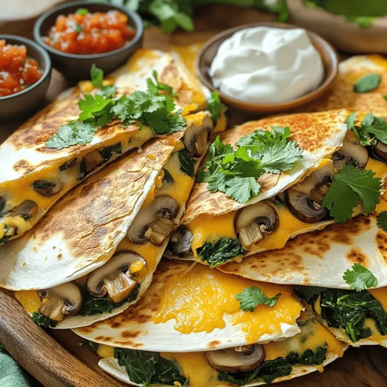 Du beginnst mit der Vorbereitung der Zutaten. Zuerst wasche den Spinat gut und hacke ihn grob. Nimm dann die Pilze und schneide sie in dünne Scheiben. Würfle die Zwiebel klein und hacke den Knoblauch fein. Diese Zutaten bilden die Basis für die Füllung. Lege alles bereit, damit du schnell arbeiten kannst. Jetzt erhitzt du in einer großen Pfanne 1 Esslöffel Olivenöl bei mittlerer Hitze. Gib die gewürfelte Zwiebel in die Pfanne und brate sie für 3-4 Minuten, bis sie glasig wird. Füge den Knoblauch und die Pilze hinzu. Koche die Mischung 5-7 Minuten lang, bis die Pilze weich sind. Dann kommt der Spinat dazu. Rühre ihn ein und gib 1 Teelöffel Kreuzkümmelpulver hinzu. Koche alles für etwa 2 Minuten, bis der Spinat verwelkt. Schmecke die Füllung mit Salz und Pfeffer ab und nimm die Pfanne vom Herd. Für die Quesadillas benötigst du eine zweite Pfanne. Erhitze 1 Esslöffel Olivenöl bei mittlerer bis niedriger Hitze. Lege eine Tortilla in die Pfanne. Streue die Hälfte des geriebenen Käses über eine Hälfte der Tortilla. Schichte die Hälfte der Pilz- und Spinatsfüllung auf den Käse. Klappe die Tortilla zusammen und brate sie 3-4 Minuten auf jeder Seite, bis sie goldbraun ist. Wiederhole diesen Schritt mit den restlichen Tortillas und der Füllung. Nimm die Quesadillas aus der Pfanne und lasse sie leicht abkühlen. Schneide sie dann in Wedges. Für die vollständige Zubereitung schaue dir das Full Recipe an. Um die perfekte Konsistenz der Quesadillas zu erreichen, ist die Füllung wichtig. Die Pilze und der Spinat müssen gut gegart sein. So verlieren sie ihre Feuchtigkeit. Achte darauf, die Füllung nicht zu überladen. Zu viel Füllung lässt die Tortilla weich werden. Klappe die Quesadilla gut zu und presse sie leicht zusammen. Das hilft, die Füllung im Inneren zu halten. Wenn du die Quesadillas im Ofen zubereiten möchtest, heize ihn auf 200 Grad Celsius vor. Lege die gefüllten Quesadillas auf ein Backblech. Backe sie für etwa 10-15 Minuten. Wende sie nach der Hälfte der Zeit, damit sie gleichmäßig braun werden. Diese Methode macht die Quesadillas knusprig und ist perfekt für größere Mengen. So kannst du auch mehr Gäste bedienen. Die Präsentation ist wichtig. Schneide die Quesadillas in Wedges und lege sie auf einen großen Teller. Garniere sie mit frischem Koriander für Farbe. Stelle kleine Schalen mit Salsa und saurer Sahne bereit. So können deine Gäste dippen, wie sie möchten. Diese einfachen Tipps machen das Essen noch leckerer. Wenn du mehr Inspiration möchtest, schaue dir das [Full Recipe] an. {{image_4}} Du kannst die Quesadillas leicht anpassen. Füge zum Beispiel mehr Gemüse hinzu. Zucchini, Brokkoli oder Blumenkohl sind tolle Ergänzungen. Diese Optionen bringen mehr Textur und Farbe ins Spiel. Wenn du eine würzige Note magst, füge Jalapeños hinzu. Sie geben den Quesadillas einen tollen Kick. Paprika bringt Süße und Knackigkeit. Schneide sie in feine Streifen und brate sie zusammen mit den Zwiebeln an. Avocado ist eine cremige Ergänzung. Du kannst sie frisch in die Quesadillas legen oder als Dip verwenden. Das macht jedes Stück besonders lecker. Wenn du glutenfrei essen möchtest, wähle spezielle Tortillas aus Mais. Diese sind oft in Supermärkten erhältlich. Achte darauf, dass sie die richtige Konsistenz haben. Sie sollten gut bräunen und nicht brechen. So bleibt der Genuss der Quesadillas auch glutenfrei erhalten. Wenn du Quesadillas übrig hast, lass sie zuerst abkühlen. Wickel sie dann in Frischhaltefolie oder lege sie in einen luftdichten Behälter. So bleiben sie frisch und lecker. Du kannst sie bis zu drei Tage im Kühlschrank aufbewahren. Achte darauf, dass sie gut verpackt sind, um Feuchtigkeit zu vermeiden. Um die Quesadillas wieder aufzuwärmen, nutze eine Pfanne. Erhitze die Pfanne bei mittlerer Hitze. Lege die Quesadilla hinein und brate sie für etwa 3 Minuten auf jeder Seite. So bleibt der Käse schön geschmolzen und die Tortilla wird wieder knusprig. Du kannst auch einen Toaster oder eine Mikrowelle verwenden, aber die Pfanne ist am besten. Im Kühlschrank halten die Quesadillas drei Tage. Wenn du sie länger aufbewahren möchtest, friere sie ein. Wickel sie gut ein oder lege sie in einen Gefrierbeutel. So bleiben sie bis zu drei Monate frisch. Zum Auftauen lege sie einfach über Nacht in den Kühlschrank. Dann kannst du sie wie gewohnt aufwärmen. Für die vollständige Anleitung und das Rezept, schau dir das [Full Recipe] an. Ja, du kannst die Quesadillas vegan machen. Verwende anstelle von Käse eine vegane Käsealternative. Viele Marken bieten geschmackvolle Optionen. Du kannst auch Hefeflocken hinzufügen, um einen käsigen Geschmack zu bekommen. Statt Olivenöl kannst du auch ein anderes pflanzliches Öl nutzen. Achte darauf, dass die Tortillas vegan sind, da einige Weizentortillas tierische Produkte enthalten können. Zu Pilz- und Spinats-Quesadillas passen verschiedene Beilagen gut. Salsa ist ein Klassiker, der Frische bringt. Guacamole ergänzt den Geschmack perfekt. Auch eine würzige Sauerrahm ist eine tolle Ergänzung. Du kannst auch einen einfachen grünen Salat servieren. Ein paar Nachos mit Käse sind ebenfalls eine leckere Idee. Die Zubereitung der Quesadillas dauert insgesamt etwa 30 Minuten. Davon sind 10 Minuten für die Vorbereitung nötig. Das Kochen und Braten der Quesadillas braucht weitere 20 Minuten. So hast du eine schnelle und leckere Mahlzeit, die du einfach zubereiten kannst. Wenn du die [Full Recipe] befolgst, wird alles noch einfacher. Die Pilz- und Spinats-Quesadillas bieten einen einfachen Weg, leckere Mahlzeiten zu genießen. Wir haben die Hauptzutaten, Zubereitungsschritte und wertvolle Tipps besprochen. Denken Sie daran, variieren Sie die Füllungen und passen Sie Ihr Gericht an Ihre Bedürfnisse an. Lagern Sie Reste richtig und verwenden Sie kreative Methoden zum Wiedererwärmen. Mit diesen einfachen Schritten bereiten Sie schnell köstliche Quesadillas zu. Jetzt sind Sie bereit, in die Welt der Quesadillas einzutauchen!